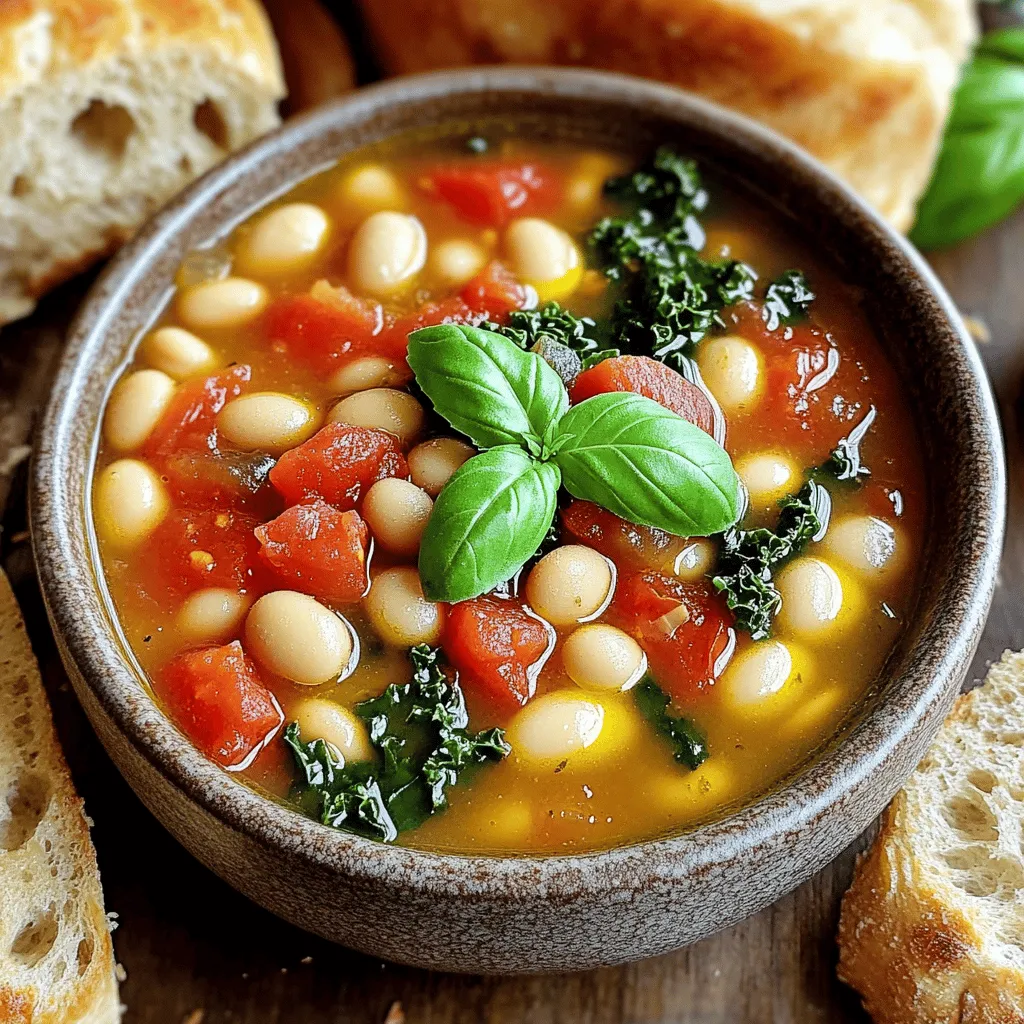 - 2 Dosen (je 400 g) Cannellini-Bohnen - 1 Zwiebel, 3 Knoblauchzehen - 2 Karotten, 2 Selleriestangen Diese Zutaten bilden die Basis der Suppe. Die Cannellini-Bohnen liefern viel Protein und Ballaststoffe. Zwiebeln und Knoblauch bringen Geschmack. Karotten und Sellerie geben der Suppe Textur und Süße. - 1 Liter Gemüsebrühe - 240 g gewürfelte Tomaten - Thymian, Oregano, rote Pfefferflocken Die Gemüsebrühe ist wichtig für die Flüssigkeit. Sie macht die Suppe herzhaft. Die gewürfelten Tomaten bieten Frische und Säure. Gewürze wie Thymian und Oregano bringen italienisches Flair. Rote Pfefferflocken fügen eine scharfe Note hinzu. - 200 g frischer Grünkohl - Olivenöl, Salz und Pfeffer - Frisches Basilikum oder Petersilie Frischer Grünkohl macht die Suppe gesund. Er sorgt für Farbe und Vitamine. Olivenöl rundet den Geschmack ab und gibt einen feinen Glanz. Salz und Pfeffer helfen, die Aromen zu betonen. Zum Schluss garnieren Sie die Suppe mit frischen Kräutern. Diese bringen Frische und duftenden Geschmack. Wenn Sie die vollständige Anleitung suchen, finden Sie diese in der Full Recipe. - Schritt 1: Zwiebel und Knoblauch anbraten Erhitze das Olivenöl in einem großen Topf. Füge die gewürfelte Zwiebel hinzu. Brate sie für etwa 3-4 Minuten, bis sie glasig wird. Jetzt kommt der gehackte Knoblauch dazu. Brate ihn für 1 Minute mit. Achte darauf, dass der Knoblauch nicht verbrennt. - Schritt 2: Karotten und Sellerie hinzufügen Gib die gewürfelten Karotten und den Sellerie in den Topf. Rühre alles gut um und koche es für weitere 5 Minuten. So werden die Gemüsesorten zart und geben ihren Geschmack ab. - Schritt 3: Gewürze und Tomaten einrühren Jetzt ist es Zeit für die Gewürze. Füge den getrockneten Thymian, Oregano und die roten Pfefferflocken hinzu. Rühre gut um und lasse es etwa 1 Minute kochen, damit die Aromen kommen. Danach füge die gewürfelten Tomaten und die abgetropften Cannellini-Bohnen hinzu. Rühre alles gut durch. - Schritt 4: Brühe angießen und köcheln lassen Gieße die Gemüsebrühe in den Topf und bringe alles zum Kochen. Reduziere die Hitze, sobald es kocht. Lasse die Suppe für 20 Minuten köcheln. So können sich die Aromen entfalten und verbinden. - Schritt 5: Grünkohl hinzufügen und abschmecken Füge nun den grob gehackten Grünkohl hinzu. Lasse die Suppe weitere 5-10 Minuten köcheln, bis der Grünkohl welkt. Probiere die Suppe und würze sie mit Salz und Pfeffer nach deinem Geschmack. - Schritt 6: Mit Kräutern garnieren und servieren Serviere die Suppe heiß. Garniere sie mit frisch gehacktem Basilikum oder Petersilie. Für einen besonderen Touch kannst du etwas Olivenöl darüber träufeln. Für das vollständige Rezept, sieh dir die Full Recipe an. Um die perfekte Konsistenz in deiner Suppe zu erzielen, kannst du einen Teil der Bohnen zerdrücken. Das gibt der Suppe eine cremigere Textur. Wenn die Suppe zu dick erscheint, passe die Brühe nach Bedarf an. Füge einfach mehr Gemüsebrühe hinzu, bis du die gewünschte Konsistenz erreichst. Frisch gehackte Kräuter machen einen großen Unterschied. Füge am Ende der Kochzeit Basilikum oder Petersilie hinzu. Das hebt den Geschmack deiner Suppe. Olivenöl ist ein weiterer Tipp. Träufle etwas Olivenöl über die Suppe, um den Geschmack zu verfeinern. Das gibt der Suppe ein reiches Aroma. Präsentiere die Suppe in rustikalen Schalen. Das sieht nicht nur gut aus, sondern macht das Essen auch besonders. Ein Spritzer Olivenöl obenauf und ein Zweig frisches Basilikum verleihen der Suppe Farbe. Kombiniere die Suppe mit knusprigem Brot. Das gibt dir eine herzliche und leckere Mahlzeit. {{image_4}} Um die Suppe noch leckerer zu machen, können Sie zusätzliche Gemüse hinzufügen. Zucchini ist eine tolle Wahl. Sie bringt eine zarte Textur und frischen Geschmack. Auch Spinat passt gut. Er gibt der Suppe eine schöne grüne Farbe und viele Nährstoffe. Wenn Sie neue Bohnen ausprobieren möchten, sind Kichererbsen eine gute Option. Sie haben einen nussigen Geschmack und machen die Suppe noch sättigender. Möchten Sie mehr Protein in Ihre Suppe bringen? Fügen Sie Wurst oder Speck hinzu. Diese Zutaten geben der Suppe ein tolles Aroma. Sie können auch Linsen verwenden. Linsen sind nährstoffreich und passen gut zu den Bohnen. Sie machen die Suppe noch herzlicher und sättigender. Egal für welche Variante Sie sich entscheiden, das Ergebnis wird köstlich sein. Gewürze sind das Herzstück jeder Suppe. Sie können verschiedene italienische Gewürzmischungen verwenden. Diese Mischungen enthalten oft Basilikum, Oregano und Rosmarin. Dies verleiht der Suppe einen wunderbaren Geschmack. Wenn Sie es schärfer mögen, experimentieren Sie mit Chili. Fügen Sie einfach mehr oder weniger rote Pfefferflocken hinzu. So können Sie die Schärfe ganz nach Ihrem Geschmack anpassen. Für das vollständige Rezept schauen Sie sich die vollständige Anleitung an. Die Suppe bleibt frisch, wenn Sie sie im Kühlschrank lagern. Achten Sie darauf, die Suppe in einem geeigneten Behälter aufzubewahren. Ein luftdichter Behälter ist die beste Wahl. So bleibt der Geschmack erhalten und die Suppe wird nicht zu schnell schlecht. Im Kühlschrank hält die Suppe etwa drei bis fünf Tage. Möchten Sie die Haltbarkeit verlängern, können Sie die Suppe einfrieren. Sie kann bis zu drei Monate im Gefrierfach bleiben. Lassen Sie die Suppe vor dem Einfrieren vollständig abkühlen, um die Qualität zu sichern. Es gibt mehrere Methoden, um die Suppe wieder zu erwärmen. Eine Methode ist, die Suppe in einem Topf auf dem Herd zu erhitzen. Rühren Sie die Suppe regelmäßig um, damit sie gleichmäßig warm wird. Eine andere Option ist die Mikrowelle. Stellen Sie sicher, dass Sie die Suppe in einem mikrowellengeeigneten Behälter erhitzen. Vor dem Aufwärmen können Sie etwas Wasser oder Brühe hinzufügen, um die Konsistenz zu verbessern. So wird die Suppe nicht zu dick. Überprüfen Sie vor dem Servieren immer die Temperatur. Achten Sie darauf, die Suppe gut durchzuwärmen, damit sie sicher zu essen ist. Für das vollständige Rezept, schauen Sie sich die Toskanische Weiße Bohnensuppe Genuss an. Die Zubereitung dieser leckeren Suppe dauert insgesamt 40 Minuten. Du benötigst etwa 15 Minuten, um alle Zutaten vorzubereiten. Danach kocht die Suppe für 25 Minuten. In dieser Zeit entfalten sich die Aromen und die Zutaten vermischen sich gut. Es ist eine schnelle und einfache Suppe, die du an einem Wochentag zubereiten kannst. Ja, du kannst die Suppe im Voraus zubereiten. Sie schmeckt sogar besser, wenn sie etwas zieht. Koche die Suppe einfach und lasse sie abkühlen. Danach fülle sie in einen luftdichten Behälter. Sie bleibt im Kühlschrank für bis zu fünf Tage frisch. Wenn du die Suppe länger aufbewahren möchtest, friere sie ein. Auf diese Weise hast du immer eine leckere Mahlzeit bereit. Ja, die Toskanische Weiße Bohnensuppe ist glutenfrei. Alle verwendeten Zutaten sind natürlich glutenfrei. Achte darauf, dass die Gemüsebrühe ebenfalls glutenfrei ist. Du kannst auch frische Zutaten wählen, um sicherzugehen. So kannst du diese köstliche Suppe ohne Sorgen genießen. In diesem Blogbeitrag haben wir die leckere toskanische weiße Bohnensuppe vorgestellt. Du hast gelernt, welche Zutaten notwendig sind und wie man sie Schritt für Schritt zubereitet. Ich habe dir Tipps gegeben, um den Geschmack zu intensivieren und die Suppe zu variieren. Achte darauf, sie richtig zu lagern und wieder aufzuwärmen. Diese Suppe ist einfach zuzubereiten und voller Geschmack. Experimentiere mit deinen eigenen Zutaten und genieße sie mit deinem Lieblingsbrot.