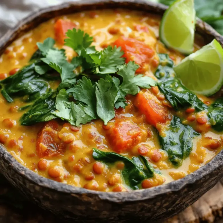 Für das cremige Kokos-Linsen-Curry brauchst du: - 1 Tasse rote Linsen, gründlich gewaschen - 1 Dose (400 ml) Kokosmilch - 1 mittlere Zwiebel, fein gehackt - 2 Knoblauchzehen, fein gehackt - 2 cm Stück Ingwer, gerieben - 2 mittlere Tomaten, gewürfelt - 2 Esslöffel Currypulver - 1 Teelöffel Kurkuma - 1/2 Teelöffel Kreuzkümmel - 2 Esslöffel Pflanzenöl - 500 ml Gemüsebrühe oder Wasser - 1 Tasse frische Spinatblätter - Salz nach Geschmack - Frischer Koriander, zum Garnieren - Limettenviertel, zum Servieren Es gibt viele Wege, dieses Curry zu variieren. Du kannst andere Linsensorten verwenden. Grüne oder schwarze Linsen sind ebenfalls lecker. Statt frischem Spinat kannst du auch Grünkohl oder Mangold benutzen. Manche fügen auch Gemüse wie Karotten oder Paprika hinzu. Das gibt dem Curry mehr Farbe und Geschmack. Wenn du einen scharfen Kick magst, füge etwas Chili oder Cayennepfeffer hinzu. Gute Zutaten machen den Unterschied. Wähle frisches Gemüse, das knackig ist. Bio-Kokosmilch hat oft einen besseren Geschmack. Achte darauf, dass die Linsen in gutem Zustand sind. Wenn du Gewürze kaufst, wähle ganze Gewürze. Sie sind frischer und haben mehr Aroma. Mühle sie kurz vor der Verwendung. So bleiben die Aromen stark. Qualität ist der Schlüssel zu einem tollen Curry. Du findest die vollständige Anleitung für dieses Rezept in der [Full Recipe]. Um das cremige Kokos-Linsen-Curry zu machen, befolge diese Schritte: 1. Öl erhitzen: Nimm einen großen Topf und erhitze das Pflanzenöl bei mittlerer Hitze. 2. Zwiebel anbraten: Füge die gehackte Zwiebel hinzu. Brate sie an, bis sie klar ist, etwa 5 Minuten. 3. Knoblauch und Ingwer: Rühre den gehackten Knoblauch und den geriebenen Ingwer ein. Brate alles 1-2 Minuten, um die Aromen freizusetzen. 4. Tomaten hinzufügen: Gib die gewürfelten Tomaten in den Topf. Koche sie, bis sie weich sind, etwa 3-4 Minuten. 5. Gewürze einstreuen: Streue Currypulver, Kurkuma und Kreuzkümmel über das Gemüse. Mische gut und lasse es eine weitere Minute köcheln. 6. Linsen und Kokosmilch: Füge die gewaschenen Linsen, die Kokosmilch und die Gemüsebrühe hinzu. Rühre gut um. 7. Kochen und köcheln: Bringe alles zum Kochen. Reduziere dann die Hitze und decke den Topf ab. Lass das Curry 25-30 Minuten köcheln, bis die Linsen weich sind. 8. Spinat einmischen: Mische die frischen Spinatblätter ein und lasse sie 2-3 Minuten welken. Schmecke das Curry mit Salz ab. 9. Garnieren: Nimm den Topf vom Herd und garniere das Curry mit frisch gehacktem Koriander. - Öl erhitzen und Zwiebel anbraten: 5 Minuten - Knoblauch und Ingwer anbraten: 2 Minuten - Tomaten kochen: 4 Minuten - Gewürze einstreuen: 1 Minute - Linsen und Kokosmilch hinzufügen: 2 Minuten - Kochen und köcheln: 25-30 Minuten - Spinat einmischen: 3 Minuten - Garnieren: 1 Minute - Zwiebel nicht anbrennen: Achte darauf, die Zwiebel nicht zu lange zu braten. Sie sollte klar, aber nicht braun sein. - Rühren nicht vergessen: Rühre das Curry gelegentlich um, damit nichts am Boden kleben bleibt. - Linsen richtig wählen: Verwende rote Linsen, da sie schnell garen. Andere Linsen benötigen länger. - Konsistenz prüfen: Füge bei Bedarf mehr Wasser hinzu, wenn das Curry zu dick wird. Um das perfekte Curry zu machen, ist die Vorbereitung der Schlüssel. Beginnen Sie mit frischen Zutaten. Die Zwiebel sollte schön gehackt sein. Achten Sie darauf, dass der Knoblauch und der Ingwer frisch sind. Sie bringen viel Geschmack ins Gericht. Kochen Sie die Zwiebel, bis sie klar ist. Das dauert etwa fünf Minuten. Fügen Sie dann Knoblauch und Ingwer hinzu. Lassen Sie diese für ein bis zwei Minuten braten. So entfalten sich die Aromen gut. Die Auswahl der Gewürze macht Ihr Curry einzigartig. Verwenden Sie Currypulver, Kurkuma und Kreuzkümmel, um eine gute Basis zu schaffen. Wenn Sie es schärfer mögen, fügen Sie etwas Chili hinzu. Mögen Sie es süßer? Ein wenig Honig oder Zucker kann helfen. Experimentieren Sie mit den Mengen, um den perfekten Geschmack zu finden. Jede Änderung bringt eine neue Note in Ihr Gericht. Die Konsistenz des Currys ist wichtig für das Esserlebnis. Wenn Ihr Curry zu dick wird, fügen Sie einfach mehr Wasser oder Brühe hinzu. Rühren Sie gut um, damit alles gleichmäßig bleibt. Für ein cremigeres Ergebnis verwenden Sie mehr Kokosmilch. Wenn Sie es lieber dicker mögen, lassen Sie das Curry länger köcheln. So verdampft die Flüssigkeit und es wird dickflüssiger. Achten Sie darauf, regelmäßig umzurühren, damit nichts anbrennt. Das cremige Kokos-Linsen-Curry ist einfach zuzubereiten und voller Geschmack. Für das komplette Rezept, schauen Sie sich das Full Recipe an. {{image_4}} Das cremige Kokos-Linsen-Curry ist von Natur aus vegan. Du kannst das Gericht einfach anpassen. Nutze zum Beispiel grüne Linsen anstelle von roten. Diese haben einen nussigen Geschmack. Auch Kichererbsen passen gut hinein. Sie machen das Curry herzhaft und sättigend. Um das Curry interessanter zu machen, füge frisches Gemüse hinzu. Karotten oder Paprika geben mehr Textur. Auch Auberginen eignen sich gut. Für mehr Schärfe kannst du frische Chili nutzen. Erhitze sie zusammen mit Zwiebeln und Knoblauch. Ein Spritzer Limettensaft bringt Frische ins Gericht. Für einen exotischen Touch probiere Kokosraspeln oder Erdnüsse. Das Rezept ist von Natur aus glutenfrei. Achte darauf, glutenfreie Brühe zu wählen. Du kannst das Curry auch ohne Öl zubereiten, indem du Gemüsebrühe zum Anbraten nutzt. Für eine proteinreiche Option füge Tofu oder Tempeh hinzu. Achte darauf, diese vorher zu würzen und anzubraten. Das sorgt für zusätzlichen Geschmack. Für das vollständige Rezept, schau hier: [Full Recipe]. Um das Curry frisch zu halten, sollten Sie es in einem luftdichten Behälter aufbewahren. Lassen Sie das Curry zuerst abkühlen. Dann füllen Sie es in den Behälter. Lagern Sie es im Kühlschrank. Es bleibt bis zu drei Tage frisch. Achten Sie darauf, das Curry gut abzudecken, um Gerüche zu vermeiden. Das Einfrieren ist eine tolle Option. Teilen Sie das Curry in Portionen auf. Nutzen Sie gefrierfeste Behälter oder Beutel. So bleibt das Curry bis zu drei Monate haltbar. Achten Sie darauf, die Luft aus den Beuteln zu drücken. Dies hilft, Gefrierbrand zu vermeiden. Wenn Sie bereit sind, es zu essen, lassen Sie es im Kühlschrank auftauen. Zum Wiedererwärmen lassen Sie das Curry zuerst auftauen. Erhitzen Sie es in einem Topf bei mittlerer Hitze. Rühren Sie es regelmäßig um, damit es gleichmäßig warm wird. Fügen Sie bei Bedarf etwas Wasser oder Kokosmilch hinzu, um die Konsistenz zu verbessern. Sie können das Curry auch in der Mikrowelle erwärmen. Stellen Sie sicher, dass es in einem mikrowellengeeigneten Behälter ist und decken Sie es leicht ab. Genießen Sie Ihr leckeres Curry wieder! Die Zubereitung des cremigen Kokos-Linsen-Currys dauert insgesamt etwa 40 Minuten. Davon sind 10 Minuten für die Vorbereitung und etwa 30 Minuten zum Kochen erforderlich. In dieser Zeit können die Aromen gut durchziehen. Das Curry ist schnell und einfach, sodass Sie es auch an einem Wochentag zubereiten können. Ja, Sie können andere Linsensorten verwenden. Grüne Linsen oder schwarze Linsen sind gute Alternativen. Diese Linsen haben jedoch unterschiedliche Kochzeiten. Grüne Linsen brauchen länger, während rote Linsen schneller gar sind. Achten Sie darauf, die Kochzeit entsprechend anzupassen. Das Curry bleibt trotzdem lecker und cremig. Das cremige Kokos-Linsen-Curry schmeckt hervorragend zu vielen Beilagen. Hier sind einige Ideen: - Dampfer Reis - Warmes Naan-Brot - Quinoa - Frischer Salat Ein Spritzer frischer Limette über das Curry macht das Gericht noch besser. Probieren Sie verschiedene Kombinationen aus, um Ihren Favoriten zu finden. Wir haben die wichtigsten Zutaten für ein leckeres Curry behandelt. Du hast gelernt, wie man die besten Zutaten auswählt und variiert. Die Schritt-für-Schritt-Anleitung hilft dir, besser zu kochen. Tipps und Tricks zeigen dir, wie du den perfekten Geschmack erzielst. Auch die Aufbewahrung von Resten war ein Thema. Nutze die FAQs für zusätzliche Hilfe. Probier es aus und kreiere dein eigenes Curry! Es ist leicht und macht Spaß. Viel Erfolg beim Kochen!