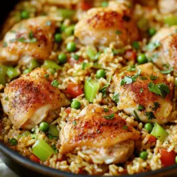 - 450 g Hähnchenschenkel, ohne Knochen und Haut - 200 g Langkornreis - 950 ml Hühnerbrühe - 1 mittelgroße Zwiebel, fein gehackt - 1 Paprika (nach Wahl), gewürfelt - 3 Knoblauchzehen, gehackt - 2 Selleriestangen, gewürfelt - Gewürze wie geräuchertes Paprikapulver, Cajun-Gewürzmischung, getrockneter Thymian und Cayennepfeffer - 150 g gewürfelte Tomaten - 150 g grüne Erbsen - Salz, Pfeffer und frische Petersilie Die Hauptzutaten bestehen aus Hähnchenschenkeln, Reis und Brühe. Diese sorgen für einen herzhaften Geschmack. Die Hähnchenschenkel machen das Gericht saftig und lecker. Reis ist die Basis und nimmt den Geschmack gut auf. Die Hühnerbrühe bringt alles zusammen und sorgt für eine tolle Flüssigkeit. Gemüse und Gewürze geben dem Gericht eine besondere Note. Die Zwiebel, Paprika und Sellerie fügen Frische hinzu. Knoblauch sorgt für einen starken Geschmack. Die Gewürze wie Cajun und geräuchertes Paprikapulver bringen das Aroma zum Blühen. Diese Zutaten machen das Gericht einzigartig. Zusätzliche Zutaten wie Tomaten und grüne Erbsen bringen Farbe und Nährstoffe. Sie runden den Geschmack ab und geben ein schönes Aussehen. Salz und Pfeffer passen die Würze an und frische Petersilie sorgt für einen tollen Abschluss. Für das gesamte Rezept, schau dir die [Full Recipe] an. Erhitzen Sie das Kochöl in einem großen Topf bei mittlerer bis hoher Hitze. Geben Sie die Hähnchenstücke in den Topf. Würzen Sie sie mit Salz, Pfeffer, geräuchertem Paprikapulver und Cajun-Gewürz. Braten Sie das Hähnchen etwa 5-7 Minuten lang an, bis es goldbraun ist. Dies gibt dem Hähnchen einen tollen Geschmack und eine schöne Farbe. Nehmen Sie das Hähnchen aus dem Topf und stellen Sie es beiseite. Fügen Sie nun die gehackte Zwiebel, den Knoblauch, die gewürfelte Paprika und den Sellerie hinzu. Braten Sie alles etwa 5 Minuten lang an, bis das Gemüse weich ist. Achten Sie darauf, dass das Gemüse nicht anbrennt. Das Aroma ist einfach köstlich! Rühren Sie den Langkornreis in den Topf. Braten Sie ihn kurz an, damit er das Aroma des Gemüses aufnimmt. Danach gießen Sie die Hühnerbrühe hinzu und fügen die gewürfelten Tomaten hinzu. Bringen Sie alles zum Kochen. Dies ist der Moment, in dem die Küche herrlich duftet! Legen Sie das angebratene Hähnchen zurück in den Topf. Decken Sie den Topf ab und reduzieren die Hitze auf niedrig. Lassen Sie das Gericht 20-25 Minuten köcheln. Der Reis wird die Flüssigkeit aufnehmen und schön garen. Schauen Sie zu, wie sich alles zu einem schmackhaften Gericht verbindet. Um matschigen Reis zu vermeiden, achte auf die richtige Menge Flüssigkeit. Bei diesem Rezept sind 950 ml Hühnerbrühe ideal. Koche den Reis bei niedriger Hitze, damit er gleichmäßig gart. Rühre den Reis nicht zu oft um, um seine Struktur zu bewahren. Die Hitze ist wichtig. Beginne mit mittlerer Hitze, um das Hähnchen anzubraten. Danach reduziere die Hitze, wenn du die Brühe hinzufügst. So bleibt der Reis locker und nimmt die Flüssigkeit gut auf. Das Rezept erlaubt viel Spielraum. Du kannst mit verschiedenen Gewürzen experimentieren. Probiere zum Beispiel Kreuzkümmel oder Curry für einen anderen Geschmack. Dies gibt deinem Gericht eine besondere Note. Frische Kräuter bringen Lebendigkeit. Füge vor dem Servieren frischen Thymian oder Oregano hinzu. Diese Kräuter passen gut zu Hähnchen und Reis. Garnieren mit frischer Petersilie macht das Gericht schön. Die grüne Farbe sieht appetitlich aus und verleiht einen frischen Geschmack. Für eine vollwertige Mahlzeit serviere knuspriges Brot oder einen Beilagensalat. Diese Beilagen ergänzen den herzhaften One Pot Hühnchen & Dirty Rice perfekt. {{image_4}} Es gibt viele Möglichkeiten, die Gewürze in diesem Gericht zu variieren. Du kannst andere Gewürzmischungen verwenden, wie zum Beispiel italienische Kräuter oder gar eine indische Masala-Mischung. Das gibt dem Gericht einen ganz neuen Geschmack. Wenn du die Schärfe anpassen möchtest, kannst du mehr oder weniger Cayennepfeffer nutzen. Fange mit einer kleinen Menge an und taste dich langsam vor. So kannst du die perfekte Schärfe für deinen Geschmack finden. Du kannst auch verschiedene Gemüse hinzufügen. Zucchini oder Karotten sind tolle Optionen. Diese Gemüse bringen Farbe und Nährstoffe ins Gericht. Sie fügen eine süße Note hinzu und halten das Gericht frisch. Eine weitere Möglichkeit ist, die grünen Erbsen durch Bohnen zu ersetzen. Schwarze Bohnen oder Kidneybohnen bieten eine tolle Textur und einen reichhaltigen Geschmack. Experimentiere mit dem Gemüse, das du magst. Wenn du Abwechslung suchst, kannst du andere Fleischsorten verwenden. Pute oder Würstchen funktionieren ebenfalls gut in diesem Rezept. Sie geben dem Gericht einen eigenen Charakter. Für vegetarische Optionen sind Tofu oder Tempeh ideal. Diese Proteine nehmen die Aromen gut auf und machen das Gericht nahrhaft. Du kannst sie ähnlich wie das Hähnchen anbraten, um mehr Geschmack zu erzielen. Um One Pot Chicken und Dirty Rice richtig zu lagern, lassen Sie das Gericht zuerst abkühlen. Stellen Sie sicher, dass es auf Raumtemperatur kommt, bevor Sie es in den Kühlschrank stellen. Verwenden Sie einen luftdichten Behälter, um das Gericht frisch zu halten. Im Kühlschrank bleibt es 3 bis 4 Tage genießbar. Das Einfrieren ist eine gute Option, wenn Sie Reste haben. Teilen Sie das Gericht in Ein-Portionen auf, um es später einfach zu genießen. Verwenden Sie gefriergeeignete Behälter oder Beutel. So bleibt der Geschmack erhalten. Zum Auftauen legen Sie das Gericht über Nacht in den Kühlschrank. Alternativ können Sie es in der Mikrowelle auftauen, wenn es schnell gehen muss. Die besten Methoden zum Wiedererwärmen sind der Ofen oder die Mikrowelle. Im Ofen stellen Sie die Temperatur auf 180 Grad Celsius. Decken Sie das Gericht mit Alufolie ab, um es vor dem Austrocknen zu schützen. In der Mikrowelle verwenden Sie eine niedrige Leistung und decken das Essen ab. So bleibt es saftig und warm. Achten Sie darauf, das Gericht regelmäßig zu überprüfen, um ein Austrocknen zu vermeiden. Die Zubereitung von One Pot Chicken and Dirty Rice dauert insgesamt 45 Minuten. Die Vorbereitungszeit beträgt etwa 15 Minuten. Während dieser Zeit schneiden Sie das Gemüse und das Hähnchen. Die Kochzeit liegt bei etwa 30 Minuten. In dieser Zeit garen das Hähnchen und der Reis zusammen im Topf. Es ist einfach und schnell! Ja, Sie können dieses Rezept leicht anpassen. Zum Beispiel, Sie können das Hähnchen durch Pute oder Tofu ersetzen. Wenn Sie mehr Gemüse möchten, fügen Sie Zucchini oder Karotten hinzu. Auch die Gewürze sind variabel. Experimentieren Sie mit Ihren Lieblingsgewürzen, um neue Aromen zu entdecken. So wird das Gericht ganz nach Ihrem Geschmack. Zu One Pot Chicken and Dirty Rice passen viele Beilagen gut. Ein frischer Salat mit grünen Blättern ist eine gute Wahl. Auch knuspriges Brot eignet sich gut, um die leckere Sauce aufzutunken. Wenn Sie es herzhaft mögen, servieren Sie gebratene grüne Bohnen oder Mais. Diese Beilagen machen die Mahlzeit perfekt. Um One Pot Chicken and Dirty Rice würziger zu machen, fügen Sie mehr Cayennepfeffer hinzu. Sie können auch eine scharfe Sauce verwenden, um den Geschmack zu intensivieren. Eine Prise frischer Chili oder Jalapeños bringt zusätzlich Schärfe. Achten Sie darauf, die Schärfe langsam zu steigern, damit es nicht zu scharf wird. So bleibt das Gericht lecker und ausgewogen. Die Zubereitung von One Pot Chicken and Dirty Rice ist einfach und macht viel Spaß. Wir haben alles Wichtige besprochen: von den Hauptzutaten bis zu hilfreichen Tipps und Variationen. Du kannst die Gewürze anpassen und auch verschiedene Gemüse oder Proteine verwenden. Denke daran, Reste richtig zu lagern und wieder aufzuwärmen, um den besten Geschmack zu erhalten. Probiere dieses Gericht aus, um deinen Mahlzeiten neuen Schwung zu verleihen!