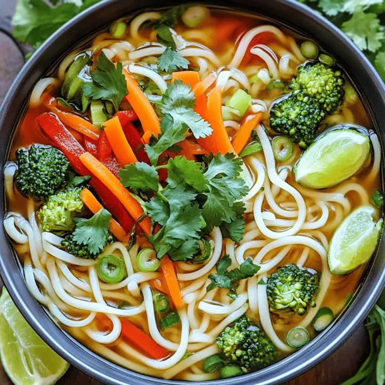 Für meine einfache Thai Nudel Suppe brauche ich frische, leckere Zutaten. Hier sind die Hauptzutaten: - 150 g Reisnudeln - 1 Esslöffel Pflanzenöl - 2 Knoblauchzehen, gehackt - 1 Zoll Ingwer, geschält und gerieben - 1 kleine Zwiebel, in dünne Scheiben geschnitten - 1 Karotte, in feine Streifen geschnitten - 1 rote Paprika, in dünne Scheiben geschnitten - 200 g Brokkoliröschen - 750 ml Gemüsebrühe Diese Zutaten geben der Suppe ihren besonderen Geschmack. Die richtigen Gewürze und Saucen sind wichtig für den Geschmack. Hier sind die, die ich benutze: - 1 Esslöffel Sojasauce - 1 Esslöffel Limettensaft - 1 Esslöffel Kokosblütenzucker oder brauner Zucker Die Sojasauce sorgt für Salz, während der Limettensaft Frische bringt. Der Zucker rundet die Aromen ab. Garnituren machen die Suppe noch besser. Hier sind meine Favoriten: - Frischer Koriander zur Garnitur - Geschnittene Frühlingszwiebeln zur Garnitur - Limettenspalten zum Servieren Diese Garnituren fügen Farbe und Geschmack hinzu. Sie machen die Suppe einladend und lecker. Für die vollständige Zubereitung schaue dir das [Full Recipe] an. Beginne mit den Reisnudeln. Koche sie nach den Anweisungen auf der Verpackung. In der Regel dauert das etwa 5 bis 7 Minuten. Nach dem Kochen, gieße die Nudeln ab und spüle sie mit kaltem Wasser. Das verhindert, dass sie kleben. Lege die Nudeln beiseite, während du die Brühe zubereitest. Erhitze in einem großen Topf 1 Esslöffel Pflanzenöl bei mittlerer Hitze. Füge dann 2 gehackte Knoblauchzehen und 1 Zoll geriebenen Ingwer hinzu. Brate das für 1 bis 2 Minuten an, bis es gut riecht. Jetzt kommen die geschnittene Zwiebel, die Karotte, die rote Paprika und die Brokkoliröschen in den Topf. Brate das Gemüse für etwa 5 Minuten. Es sollte zart und farbenfroh bleiben. Gieße 750 ml Gemüsebrühe in den Topf mit dem Gemüse. Füge 1 Esslöffel Sojasauce, 1 Esslöffel Limettensaft und 1 Esslöffel Kokosblütenzucker hinzu. Rühre alles gut um und bringe die Suppe zum Kochen. Reduziere die Hitze und lasse die Suppe 10 Minuten köcheln. So vermischen sich die Aromen gut. Jetzt sind die Reisnudeln dran. Füge sie zur Suppe hinzu und rühre vorsichtig um. Lass die Nudeln für 2 bis 3 Minuten heiß werden. Probiere die Suppe und passe die Gewürze an. Du kannst mehr Sojasauce oder Limettensaft hinzufügen, wenn du magst. Serviere die Suppe heiß in Schüsseln. Garniere sie mit frischem Koriander, geschnittenen Frühlingszwiebeln und Limettenspalten. Diese einfache Thai Nudelsuppe ist schnell und lecker. Du findest die vollständige Zubereitung im [Full Recipe]. Der Schlüssel zu einer großartigen Brühe ist die Frische. Nutze frisches Gemüse, um den besten Geschmack zu erzielen. Ich empfehle, die Brühe langsam zu kochen. Lass sie mindestens 10 Minuten köcheln. So entfalten sich die Aromen gut. Verwende auch hochwertige Gemüsebrühe. Sie macht einen großen Unterschied. Wenn du mehr Tiefe haben möchtest, füge ein paar getrocknete Pilze hinzu. Jeder hat einen anderen Geschmack. Du kannst die Schärfe leicht anpassen. Wenn du es scharf magst, füge frische Chilis hinzu. Du kannst auch Chilipaste verwenden. Für die Süße ist Kokosblütenzucker ideal. Du kannst auch braunen Zucker verwenden. Beginne mit einem Esslöffel und probiere die Brühe. Füge mehr hinzu, wenn du es süßer möchtest. So findest du die perfekte Balance. Garnituren machen die Suppe besonders. Frischer Koriander bringt einen tollen Geschmack. Geschnittene Frühlingszwiebeln sind ebenfalls lecker. Limettenspalten sorgen für einen spritzigen Kick. Serviere die Suppe mit Reis oder knusprigen Frühlingsrollen. Diese Beilagen ergänzen die Suppe und machen sie sättigend. So wird dein Essen ein Hit! {{image_4}} Für eine vegetarische oder vegane Version der Thai Nudel Suppe, ersetzen Sie die Gemüsebrühe. Nutzen Sie eine Brühe auf Pflanzenbasis oder machen Sie Ihre eigene. Fügen Sie mehr Gemüse hinzu, wie Zucchini oder Champignons. Diese Optionen bringen frische Aromen und eine tolle Textur. Auch Tofu ist eine gute Wahl. Er liefert Proteine und passt perfekt zu den Aromen. Möchten Sie mehr Protein in Ihre Suppe? Fügen Sie Hähnchenbrust oder Garnelen hinzu. Kochen Sie das Fleisch oder die Meeresfrüchte separat und geben Sie sie am Ende in die Suppe. Wenn Sie eine pflanzliche Proteinquelle bevorzugen, nutzen Sie Kichererbsen oder Edamame. Diese bieten nicht nur Protein, sondern auch einen tollen Biss. Für Allergiker gibt es viele Alternativen. Wenn Sie Gluten meiden, wählen Sie glutenfreie Sojasauce. Reisnudeln sind oft glutenfrei, aber überprüfen Sie die Verpackung. Wenn Sie Allergien gegen bestimmte Gemüsesorten haben, tauschen Sie sie gegen andere aus. Brokkoli kann durch Blumenkohl oder Spinat ersetzt werden. So bleibt die Suppe lecker und sicher für jeden Genuss. Entdecken Sie die vielen Variationen dieser einfachen thailändischen Nudelsuppe. Diese Anpassungen machen es leicht, jeden Geschmack zu treffen. Für die vollständige Rezeptanleitung, schauen Sie sich das [Full Recipe] an. Um die Reste der einfachen Thai Nudel Suppe richtig zu lagern, lasse die Suppe zuerst abkühlen. Fülle sie dann in einen luftdichten Behälter. Wenn du die Nudeln und Brühe getrennt lagerst, bleiben die Nudeln frisch. So vermeidest du, dass sie matschig werden. Erhitze die Suppe beim Aufwärmen sanft. Verwende einen Topf und stelle die Hitze auf niedrig. Rühre die Suppe gut um, damit sie gleichmäßig warm wird. Du kannst etwas Wasser oder Brühe hinzufügen, falls die Suppe zu dick geworden ist. Im Kühlschrank bleibt die Suppe etwa 3 bis 4 Tage frisch. Wenn du sie länger aufbewahren willst, friere die Suppe ein. In einem Gefrierbehälter hält sie sich bis zu 2 Monate. Achte darauf, die Suppe gut zu verpacken, damit sie keine anderen Gerüche aufnimmt. Die Zubereitung der Easy Thai Noodle Soup dauert etwa 30 Minuten. Du brauchst 10 Minuten für die Vorbereitung und 20 Minuten zum Kochen. So kannst du schnell eine köstliche Suppe genießen. Ja, du kannst Reisnudeln durch andere Nudeln ersetzen. Du kannst Weizennudeln oder Glasnudeln verwenden. Achte darauf, die Kochzeit anzupassen, damit die Nudeln nicht zu weich werden. Für die Suppe eignen sich viele Gemüsesorten. Brokkoli, Karotten und Paprika sind großartig. Auch Zucchini, Spinat oder Erbsen passen gut dazu. Du kannst das Gemüse nach deinem Geschmack variieren. Die Easy Thai Noodle Soup ist einfach und lecker. Wir haben die Hauptzutaten, Gewürze und Garnituren besprochen. Ich habe Ihnen die Zubereitung in Schritt-für-Schritt-Anleitungen erklärt. Tipps zu Brühe, Schärfe und den besten Beilagen wurden gegeben. Variationen für jeden Geschmack sowie Lagerungshinweise schließen unser Thema ab. Denken Sie daran, dass Kochen Spaß macht! Experimentieren Sie mit Ihren Zutaten und machen Sie die Suppe ganz nach Ihrem Geschmack. Ihr perfektes Thai-Nudelsuppen-Erlebnis wartet auf Sie.