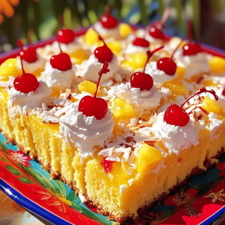 Für den Tropischen Paradies Poke-Kuchen brauche ich einige einfache Zutaten. Diese machen den Kuchen frisch und lecker. Hier sind die Hauptzutaten: - 1 Box Gelbkuchen-Mix - 3 große Eier - 1 Tasse Kokosmilch (aus der Dose) - 1/2 Tasse Pflanzenöl - 1 Tasse Ananassaft (1/4 Tasse für das Topping aufbewahren) - 1 Tasse gesüßte Kokosraspeln - 1/2 Tasse Schlagsahne - 2 Esslöffel Puderzucker - 1/2 Tasse Maraschino-Kirschen für das Topping - Geröstete Kokosflocken zum Garnieren Jede Zutat bringt ihren eigenen Geschmack mit. Die Kokosmilch und der Ananassaft machen den Kuchen besonders saftig. Um diesen Kuchen zuzubereiten, brauche ich einige wichtige Utensilien. Hier ist meine Liste: - Eine 9x13-Zoll (ca. 23x33 cm) Backform - Eine große Rührschüssel - Ein Handmixer oder ein Schneebesen - Eine Gabel, um Löcher zu stechen - Ein kleiner Topf für das Topping - Ein Kühlschrank für die Kühlzeit Diese Utensilien helfen mir, alles einfach und schnell zuzubereiten. Die Wahl der Zutaten ist wichtig für den Geschmack. Hier sind meine Tipps: - Verwende frische Eier für einen besseren Geschmack. - Achte auf die Qualität der Kokosmilch. Sie sollte cremig und reichhaltig sein. - Wähle gesüßte Kokosraspeln mit gutem Geschmack. Sie geben dem Kuchen einen tollen Biss. - Bei den Maraschino-Kirschen, achte darauf, dass sie saftig sind. So sieht der Kuchen schöner aus. Mit diesen Tipps wähle ich die besten Zutaten für meinen tropischen Kuchen. So wird jeder Bissen ein Genuss! Heize den Ofen auf 175°C vor. Fette eine 9x13-Zoll Backform ein. Verwende etwas Pflanzenöl oder Butter. So bleibt der Kuchen nicht kleben. In einer großen Schüssel kombiniere den Gelbkuchen-Mix, die Eier, die Kokosmilch und das Pflanzenöl. Mische alles gut. Der Teig sollte glatt und ohne Klumpen sein. Gieße den Teig in die Backform. Backe den Kuchen für 25 bis 30 Minuten. Überprüfe mit einem Zahnstocher, ob er fertig ist. Lass den Kuchen 10 Minuten abkühlen. Steche mit einer Gabel Löcher in den Kuchen. Mach die Löcher gleichmäßig verteilt. In einem kleinen Topf erhitze den aufbewahrten Ananassaft mit den gesüßten Kokosraspeln. Rühre die Mischung 2-3 Minuten lang. Gieße die Mischung über die Löcher im Kuchen. Lass den Kuchen dann komplett abkühlen. Für das Topping schlage die Schlagsahne mit Puderzucker, bis sie fest ist. Verteile die Sahne gleichmäßig auf dem Kuchen. Garnier mit Maraschino-Kirschen und gerösteten Kokosflocken. Kühle den Kuchen mindestens eine Stunde, bevor du ihn servierst. Für das vollständige Rezept schau dir bitte die [Full Recipe] an. Ein Poke Cake kann einfach sein, aber Fehler passieren leicht. Hier sind einige häufige Probleme: - Teig nicht gut mischen: Mischen Sie alle Zutaten gründlich. Klumpen machen den Kuchen ungleichmäßig. - Zu viele Löcher stechen: Stechen Sie nur genug Löcher. Zu viele können den Kuchen matschig machen. - Kuchen nicht abkühlen lassen: Lassen Sie den Kuchen etwa 10 Minuten abkühlen. So bleibt er saftig. Die Sahne ist das Tüpfelchen auf dem i. Hier sind einige Tipps für die perfekte Konsistenz: - Kalte Schlagsahne verwenden: Kalte Sahne schlägt besser. Achten Sie darauf, dass die Schüssel ebenfalls kalt ist. - Richtig schlagen: Schlagen Sie die Sahne, bis sich steife Spitzen bilden. Achten Sie darauf, nicht zu lange zu schlagen, sonst wird sie butterartig. - Puderzucker hinzufügen: Fügen Sie Puderzucker beim Schlagen hinzu. Dies süßt die Sahne und hilft der Konsistenz. Die Präsentation macht einen großen Unterschied. Hier sind einige Ideen für eine schöne Anrichtung: - Quadrate schneiden: Schneiden Sie den Kuchen in gleichmäßige Quadrate. So sieht er ordentlich aus. - Dekoration: Toppen Sie den Kuchen mit Maraschino-Kirschen und Kokosflocken. Diese machen den Kuchen ansprechend. - Festlicher Teller: Servieren Sie den Kuchen auf einem bunten, festlichen Teller. Fügen Sie kleine Dekorationen hinzu, wie Papier-Palmen-Flaggen für einen tropischen Look. Mit diesen Tipps wird Ihr Poke Cake nicht nur lecker, sondern auch ein echter Hingucker! Probieren Sie das Rezept für den Tropischen Paradies Poke-Kuchen aus, um all diese Tricks in die Tat umzusetzen. {{image_4}} Fruchtige Poke Cakes sind immer ein Hit. Sie bringen Frische und Farbe. Für eine Erdbeer-Variante nutzen Sie frische Erdbeeren. Mischen Sie die Erdbeeren mit etwas Zucker, um den Saft freizusetzen. Stechen Sie Löcher in den Kuchen und gießen Sie den Erdbeersaft hinein. Fügen Sie dann Sahne und mehr frische Erdbeeren als Topping hinzu. Himbeeren funktionieren ähnlich. Diese Variationen machen jedes Stück besonders. Schokolade ist ein Klassiker. Für einen schokoladigen Poke Cake verwenden Sie Schokoladenkuchen-Mix. Anstelle von Fruchtsaft verwenden Sie Schokoladensoße. Machen Sie Löcher in den Kuchen und gießen Sie die Soße hinein. Für das Topping schlagen Sie Schlagsahne mit Kakao und Puderzucker. Streuen Sie Schokoladenstückchen darüber für extra Crunch. Diese schokoladige Variante wird alle Liebhaber verwöhnen. Vegane Poke Cakes sind einfach zu machen. Nutzen Sie einen veganen Kuchenmix und pflanzliche Milch. Anstelle von Eiern verwenden Sie Apfelmus oder Leinsamen. Für glutenfreie Optionen nehmen Sie glutenfreies Mehl. Achten Sie darauf, dass alle anderen Zutaten auch glutenfrei sind. Sie können auch frische Früchte oder vegane Schokoladensoße verwenden. Diese Alternativen sind lecker und machen alle glücklich. Entdecken Sie die Vielfalt der Poke Cakes. Sie sind einfach und für jeden Anlass geeignet. Für das Rezept, schauen Sie sich den Tropischen Paradies Poke-Kuchen an. Um den Poke-Kuchen richtig zu kühlen, lassen Sie ihn zuerst auf Raumtemperatur kommen. Das ist wichtig, damit die feuchte Füllung nicht verdampft. Danach decken Sie den Kuchen mit Frischhaltefolie oder einem Deckel ab. So bleibt die Feuchtigkeit erhalten und der Kuchen bleibt frisch. Sie können den Poke-Kuchen im Kühlschrank aufbewahren. Stellen Sie sicher, dass er gut abgedeckt ist. So bleibt er bis zu fünf Tage frisch. Wenn Sie den Kuchen länger aufbewahren möchten, frieren Sie ihn ein. Schneiden Sie den Kuchen in Portionen und legen Sie diese in Gefrierbeutel. So können Sie den Kuchen bis zu drei Monate lagern. Der Poke-Kuchen bleibt frisch, wenn Sie ihn gut lagern. Achten Sie darauf, dass er nicht mit anderen Gerüchen im Kühlschrank in Kontakt kommt. Vor dem Servieren können Sie ihn kurz bei Raumtemperatur stehen lassen. Das macht den Geschmack noch besser. Wenn Sie die Schlagsahne separat aufbewahren, bleibt sie auch länger frisch. Sie können Poke Cake bis zu fünf Tage im Kühlschrank aufbewahren. Decken Sie ihn gut ab, damit er frisch bleibt. Die Kälte hilft, den Geschmack zu bewahren. Achten Sie darauf, ihn in einem luftdichten Behälter zu lagern. So bleibt der Kuchen saftig und lecker. Ja, Sie können viele verschiedene Geschmackskombinationen ausprobieren! Erdbeeren, Himbeeren oder sogar Schokolade passen gut. Experimentieren Sie mit verschiedenen Fruchtsäften oder Toppings. Zum Beispiel, verwenden Sie Schokoladensirup für einen schokoladigen Poke-Kuchen. Seien Sie kreativ und finden Sie Ihre bevorzugte Mischung. Der beste Weg, um Poke Cake zu servieren, ist, ihn kalt zu genießen. Schneiden Sie den Kuchen in Quadrate. Legen Sie die Stücke auf einen schönen Teller. Fügen Sie eine kleine Papier-Palmen-Flagge als Dekoration hinzu. Das macht das Servieren festlich und einladend. Genießen Sie den Kuchen, während Sie sich mit Freunden oder Familie versammeln. Dieser Artikel brachte dir die besten Zutaten und eine einfache Anleitung für deinen Tropischen Paradies Poke-Kuchen. Wir haben auch Tipps gegeben, um Fehler zu vermeiden und die perfekte Konsistenz zu erreichen. Du kannst sogar kreative Variationen ausprobieren, um den Kuchen nach deinem Geschmack zu gestalten. Vergiss nicht, den Kuchen richtig zu lagern, damit er frisch bleibt. Es ist nun an der Zeit, deinen eigenen Poke-Kuchen zu backen und zu genießen! Viel Spaß beim Ausprobieren!
