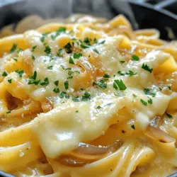 Die frischen Zutaten machen dieses Gericht so lecker. Hier sind die Hauptzutaten, die du brauchst: - 340 g Fettuccine oder Linguine - 2 große Zwiebeln, dünn geschnitten - 4 Knoblauchzehen, fein gehackt - 2 Esslöffel Olivenöl - 960 ml Gemüsebrühe - 1 Esslöffel Balsamico-Essig - 1 Teelöffel Zucker - 1 Teelöffel Thymian (getrocknet oder frisch) - 240 ml Schlagsahne (oder eine pflanzliche Alternative) - 100 g geriebener Gruyère-Käse (oder einen Käse deiner Wahl) - Salz und Pfeffer nach Geschmack - Frisch gehackte Petersilie zum Garnieren (optional) Jede Zutat bringt ihren eigenen Geschmack. Die Zwiebeln sind die Stars. Sie karamellisieren und geben ein süßes Aroma. Der Käse macht die Soße schön cremig. Gewürze sind der Schlüssel zu gutem Essen. Hier sind die wichtigsten Gewürze für dieses Rezept: - Thymian: Er gibt der Pasta einen frischen, herben Geschmack. - Balsamico-Essig: Er fügt eine schöne Säure hinzu und hebt die Aromen. - Zucker: Er hilft, die Zwiebeln zu karamellisieren und bringt die Süße hervor. Diese Gewürze machen dein Gericht besonders. Du kannst auch mit anderen Kräutern wie Rosmarin oder Oregano experimentieren. Wenn du vegan oder glutenfrei kochen möchtest, habe ich einige Tipps: - Für die Pasta: Nutze glutenfreie Fettuccine oder Linguine aus Reis oder Mais. - Für die Sahne: Ersetze die Schlagsahne durch Kokos- oder Cashewcreme. - Für den Käse: Nutze einen veganen Käse, der gut schmilzt. Diese Alternativen sind einfach und lecker. Du kannst das Rezept an deine Bedürfnisse anpassen. Egal, welche Variante du wählst, es wird köstlich! Du kannst das vollständige Rezept hier finden: [Full Recipe]. Zuerst schälen Sie zwei große Zwiebeln. Schneiden Sie sie dünn. Die Zwiebeln sind der Schlüssel für den vollen Geschmack. Erhitzen Sie einen großen Topf bei mittlerer Hitze. Geben Sie zwei Esslöffel Olivenöl hinein. Sobald das Öl heiß ist, fügen Sie die Zwiebeln hinzu. Sautieren Sie sie für 10 bis 12 Minuten, bis sie goldbraun sind. Rühren Sie regelmäßig, damit sie nicht anbrennen. Fügen Sie dann vier fein gehackte Knoblauchzehen hinzu. Braten Sie den Knoblauch für 1 bis 2 Minuten an, bis er duftet. Jetzt geben Sie 960 ml Gemüsebrühe in den Topf. Fügen Sie einen Esslöffel Balsamico-Essig und einen Teelöffel Zucker hinzu. Der Zucker hilft, die Zwiebeln weiter zu karamellisieren. Streuen Sie einen Teelöffel Thymian über die Mischung. Rühren Sie alles gut um. Bringen Sie die Mischung zum Kochen. Fügen Sie dann 340 g Fettuccine oder Linguine hinzu. Reduzieren Sie die Hitze auf niedrig. Lassen Sie die Pasta 10 bis 12 Minuten köcheln. Rühren Sie hin und wieder um, damit die Pasta nicht klebt. Die Pasta ist fertig, wenn sie al dente ist und die Flüssigkeit fast aufgesogen ist. Rühren Sie 240 ml Schlagsahne in die Mischung ein. Fügen Sie 100 g geriebenen Gruyère-Käse hinzu. Rühren Sie, bis der Käse schmilzt und die Sauce cremig wird. Schmecken Sie die Pasta ab und würzen Sie mit Salz und Pfeffer. Lassen Sie sie für 2 bis 3 Minuten weiter köcheln. Vom Herd nehmen und nach Wunsch mit frisch gehackter Petersilie garnieren. Servieren Sie die Pasta warm. Genießen Sie dieses einfache und köstliche Gericht! Für das vollständige Rezept schauen Sie sich die [Full Recipe] an. Um Zwiebeln perfekt zu karamellisieren, sind Geduld und niedrige Hitze wichtig. Beginne mit kaltem Olivenöl in einem großen Topf. Füge die Zwiebeln hinzu und rühre sie gut um. Lass sie etwa 10 bis 12 Minuten garen. Rühre alle paar Minuten um. Wenn die Zwiebeln goldbraun sind, ist der nächste Schritt bereit. Der Zucker hilft, die Karamellisierung zu fördern. Ein Esslöffel Zucker macht den Unterschied. Wenn du die Konsistenz der Pasta anpassen möchtest, kannst du mehr Gemüsebrühe hinzufügen. Wenn die Sauce zu dick ist, gib einfach etwas Brühe dazu. Für mehr Geschmack kannst du zusätzlich Balsamico-Essig oder frische Kräuter verwenden. Thymian passt gut. Probiere auch andere Kräuter aus, um neue Aromen zu entdecken. Die Wahl des Käses macht viel aus. Gruyère ist klassisch, aber du kannst auch andere Käsesorten verwenden. Mozzarella bringt eine tolle Schmelz-Qualität. Parmesan gibt einen herzhaften Geschmack. Für einen besonderen Kick kannst du Blauschimmelkäse verwenden. Experimentiere mit verschiedenen Käsesorten, um deinen Favoriten zu finden. Die Kombination macht das Gericht noch interessanter. {{image_4}} Eine großartige Möglichkeit, diese Pasta noch herzlicher zu machen, ist, Hühnchen hinzuzufügen. Du kannst Hühnerbrust oder Hühnerschenkel verwenden. Schneide das Fleisch in kleine Stücke. Brate das Hühnchen in dem Olivenöl an, bevor du die Zwiebeln hinzufügst. So wird das Hähnchen saftig und lecker. Die Aromen der Zwiebeln und des Hähnchens vermischen sich wunderbar. Du wirst den Unterschied schmecken! Wenn du eine vegetarische Option suchst, füge einfach mehr Gemüse hinzu. Zucchini, Paprika oder Spinat passen hervorragend. Schneide das Gemüse klein und gib es zusammen mit den Zwiebeln in den Topf. Das Gemüse bringt frische Farben und tolle Aromen. Diese Variante ist leicht und gesund. Du kannst auch Kichererbsen für mehr Protein hinzufügen. So bleibt das Gericht nahrhaft und sättigend. Fettuccine und Linguine sind nicht die einzigen Optionen. Du kannst auch Penne oder Fusilli verwenden. Jede Pasta hat ihren eigenen Charakter. Probiere verschiedene Sorten aus und finde deine Lieblingskombination. Achte darauf, die Kochzeit entsprechend anzupassen. So bleibt die Pasta perfekt al dente. Experimentieren macht Spaß und bringt Abwechslung auf deinen Tisch. Wenn du die volle Vielfalt erleben möchtest, schau dir die vollständige Rezeptbeschreibung an: [Full Recipe]. Wenn du Reste von deinem One Pot French Onion Pasta hast, lagere sie am besten in einem luftdichten Behälter. So bleibt der Geschmack frisch. Lass die Pasta vor dem Einlagern auf Raumtemperatur abkühlen. Dies hilft, die Bildung von Kondenswasser zu vermeiden. Um die Pasta wieder aufzuwärmen, kannst du sie in einer Pfanne auf dem Herd erhitzen. Füge etwas Wasser oder Brühe hinzu, um die Sauce wieder cremig zu machen. Rühre häufig um, damit nichts anbrennt. Alternativ kannst du die Pasta auch in der Mikrowelle erwärmen. Stelle sicher, dass du sie in einem mikrowellengeeigneten Behälter machst und decke ihn ab, damit die Feuchtigkeit nicht entweicht. Im Kühlschrank bleibt die Pasta für etwa 3-4 Tage frisch. Stelle sicher, dass sie gut verpackt ist. Wenn du die Pasta länger aufbewahren möchtest, friere sie ein. In einem gefrierfesten Behälter hält sie bis zu 2 Monate. Zum Auftauen lasse sie einfach über Nacht im Kühlschrank. Dann kannst du sie wie gewohnt aufwärmen. So bleibt dein One Pot French Onion Pasta immer köstlich und bereit zum Genießen! Um die Pasta noch aromatischer zu machen, können Sie frische Kräuter verwenden. Basilikum, Oregano oder Rosmarin sind tolle Optionen. Diese Kräuter geben dem Gericht einen frischen und lebendigen Geschmack. Sie können auch einen Spritzer Zitronensaft hinzufügen. Der saure Geschmack hebt die Aromen an und macht die Pasta noch besser. Denken Sie daran, die Gewürze schrittweise hinzuzufügen und zu probieren. So finden Sie den perfekten Geschmack für Ihr Gericht. Ja, dieses Rezept kann leicht vegan gemacht werden. Verwenden Sie einfach pflanzliche Sahne anstelle von Schlagsahne. Für den Käse können Sie einen veganen Käse oder Hefeflocken verwenden. Diese Optionen geben den gleichen cremigen Geschmack, ohne tierische Produkte zu verwenden. Achten Sie darauf, dass auch die Gemüsebrühe vegan ist. So haben Sie ein köstliches und veganes Gericht, das alle genießen können. Um sicherzustellen, dass die Pasta al dente bleibt, sollten Sie die Kochzeit genau im Auge behalten. Fangen Sie an zu testen, wenn die Pasta noch etwas fest ist. Kochen Sie sie nicht zu lange, da sie noch etwas nachgaren kann. Ein weiteres hilfreiches Geheimnis ist, die Pasta in der Brühe zu kochen. Dies gibt der Pasta mehr Geschmack und hilft, die richtige Konsistenz zu erreichen. Wenn Sie diese Tipps befolgen, wird Ihre Pasta perfekt al dente sein. In diesem Artikel haben wir alles zu One Pot French Onion Pasta behandelt. Wir haben die Hauptzutaten, Gewürze und Alternativen besprochen. Dann folgten eine Schritt-für-Schritt-Anleitung und praktische Tipps. Sie können die Pasta leicht variieren und gut aufbewahren. Denken Sie daran, die Zwiebeln perfekt zu karamellisieren. Mit diesem Wissen bereiten Sie ein köstliches Gericht zu. Kochen macht Spaß und ist einfach. Probieren Sie es aus und genießen Sie es.