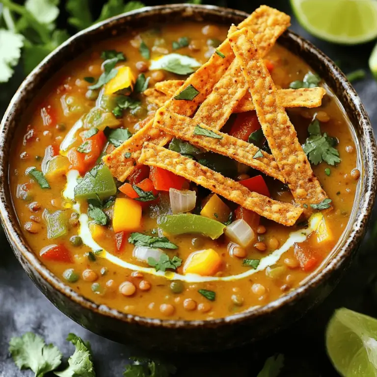 Für die cremige vegane Linsen Tortilla Suppe benötigst du frische und gesunde Zutaten. Hier ist eine Liste: - 1 Tasse grüne oder braune Linsen, gut gewaschen - 1 mittelgroße Zwiebel, gewürfelt - 2 Knoblauchzehen, fein gehackt - 1 rote Paprika, gewürfelt - 1 gelbe Paprika, gewürfelt - 1 Dose (400 g) gewürfelte Tomaten mit Saft - 4 Tassen Gemüsebrühe - 1 Tasse Kokosmilch - 1 Teelöffel gemahlener Kreuzkümmel - 1 Teelöffel geräuchertes Paprikapulver - 1 Teelöffel Chilipulver - Salz und Pfeffer nach Geschmack - 1 Esslöffel Olivenöl Diese Zutaten bilden die Basis für deinen herzhaften Geschmack. Die Gewürze bringen die Suppe zum Leben. Kreuzkümmel hat einen warmen, erdigen Geschmack. Geräuchertes Paprikapulver verleiht eine rauchige Note. Chilipulver gibt der Suppe eine angenehme Schärfe. Achte darauf, die Gewürze gut zu vermischen, bevor du sie hinzufügst. Das sorgt für ein gleichmäßiges Aroma. Die Garnierung macht die Suppe noch leckerer und schöner. Du kannst Tortillastreifen oder Nachos verwenden. Sie geben einen tollen Crunch. Frischer Koriander sorgt für Frische und Farbe. Limettenspalten bringen eine spritzige Note. Serviere die Suppe heiß und dekoriere sie großzügig. Für das vollständige Rezept schau dir bitte den Abschnitt mit dem Titel "Full Recipe" an. Um die Basis der Suppe zu machen, erhitze ich zuerst das Olivenöl in einem großen Topf. Bei mittlerer Hitze füge ich die gewürfelte Zwiebel hinzu. Nach etwa fünf Minuten wird die Zwiebel weich und durchsichtig. Dann gebe ich den gehackten Knoblauch und die gewürfelten Paprika dazu. Die Gewürze wie Kreuzkümmel, Paprika und Chilipulver sorgen für den Geschmack. Ich koche alles noch drei bis vier Minuten, bis die Paprika weich sind. Jetzt ist es Zeit, die gewaschenen Linsen in den Topf zu geben. Ich füge auch die gewürfelten Tomaten und die Gemüsebrühe hinzu. Alles bringe ich zum Kochen. Sobald es kocht, reduziere ich die Hitze und lasse die Suppe 25 bis 30 Minuten köcheln. So werden die Linsen weich und nehmen den Geschmack auf. Wenn die Linsen gar sind, gebe ich die Kokosmilch hinzu. Das macht die Suppe schön cremig. Jetzt schmecke ich mit Salz und Pfeffer ab. Um eine noch cremigere Konsistenz zu bekommen, püriere ich die Hälfte der Suppe mit einem Pürierstab. Alternativ kann ich auch einen Standmixer benutzen, aber ich muss vorsichtig mit der heißen Flüssigkeit umgehen. Die Suppe ist nun bereit, heiß serviert zu werden. Vergessen Sie nicht, nach Belieben Tortillastreifen oder Nachos und frischen Koriander hinzuzufügen. Für das Rezept schauen Sie sich die Full Recipe an. Die cremige vegane Linsen Tortilla Suppe ist sehr anpassbar. Wenn du glutenfrei isst, wähle glutenfreie Tortillastreifen oder Nachos. Für eine proteinreiche Variante kannst du Kichererbsen oder Tofu hinzufügen. Veganer Käse sorgt für einen extra Geschmackskick. - Do: Achte darauf, die Linsen gut zu waschen. Das entfernt Schmutz und sorgt für besseren Geschmack. - Do: Verwende frisches Gemüse für die besten Aromen. - Don't: Überkoche die Linsen nicht. Sie sollen zart, aber nicht matschig sein. - Don't: Lass die Suppe nicht zu lange ohne Rühren köcheln. So verhinderst du Anbrennen. Die Reste der Suppe sind einfach zu lagern. Lass die Suppe zuerst abkühlen. Fülle sie dann in einen luftdichten Behälter. Im Kühlschrank bleibt sie 3 bis 5 Tage frisch. Wenn du sie länger aufbewahren willst, friere sie ein. So hält sie sich bis zu 3 Monate. Erwärme die Suppe langsam in einem Topf oder in der Mikrowelle. Rühre gut um, damit sie gleichmäßig warm wird. Für das gesamte Rezept schau dir die [Full Recipe] an. {{image_4}} Es gibt viele Wege, um die cremige vegane Linsen Tortilla Suppe spannend zu machen. Sie können die Schärfe erhöhen, indem Sie mehr Chilipulver oder frische Jalapeños hinzufügen. Für eine rauchige Note, probieren Sie chipotle in adobo. Diese Zutaten bringen eine neue Dimension in die Suppe. Auch das Hinzufügen von frischen Kräutern wie Oregano oder Thymian kann den Geschmack lebendiger gestalten. Wenn Sie mehr Protein in Ihre Suppe integrieren möchten, gibt es gute Optionen. Fügen Sie gekochte Quinoa oder braunen Reis hinzu. Diese Körner sind nahrhaft und machen die Suppe sättigender. Sie können auch schwarze Bohnen oder Kichererbsen verwenden. Sie passen gut zu den Linsen und erhöhen den Nährwert. Für eine fleischige Note können Sie geräuchertes Tofu oder Tempeh anbraten und hinzufügen. Die richtige Beilage kann Ihre Suppe aufwerten. Servieren Sie die Suppe mit knusprigen Tortillachips oder selbstgemachten Nachos. Diese Snacks bringen Crunch und Textur. Auch ein frischer Salat ist eine tolle Ergänzung. Ein Avocado-Salat mit Limettensaft und Koriander harmoniert perfekt mit der Suppe. Wenn Sie etwas Süßes möchten, probieren Sie Maisbrot. Es ist einfach zu machen und passt gut zu jeder Suppe. Um die cremige vegane Linsen Tortilla Suppe frisch zu halten, lassen Sie sie zuerst abkühlen. Gießen Sie die Suppe dann in einen luftdichten Behälter. Stellen Sie sicher, dass der Behälter sauber und trocken ist. So bleiben Geschmack und Textur erhalten. Im Kühlschrank bleibt die Suppe bis zu fünf Tage frisch. Achten Sie darauf, sie gut verschlossen zu lagern. Im Gefrierschrank können Sie die Suppe bis zu drei Monate aufbewahren. Denken Sie daran, einen Behälter zu wählen, der für das Einfrieren geeignet ist. Lassen Sie etwas Platz, damit sich die Suppe beim Einfrieren ausdehnen kann. Zum Wiederaufwärmen nehmen Sie die gewünschte Menge aus dem Behälter. Erhitzen Sie die Suppe langsam in einem Topf bei mittlerer Hitze. Rühren Sie oft um, damit sie gleichmäßig warm wird. Wenn die Suppe zu dick ist, fügen Sie etwas Gemüsebrühe oder Wasser hinzu. Sie können auch einen Pürierstab verwenden, um die Konsistenz nach dem Aufwärmen anzupassen. Um die Suppe noch cremiger zu machen, kannst du mehr Kokosmilch hinzufügen. Eine andere Möglichkeit ist, eine halbe Tasse Cashewkerne zu pürieren und in die Suppe zu geben. Das sorgt für eine samtige Textur. Du kannst auch einen Teil der Linsen pürieren, um die Suppe dicker zu machen. Wenn du keine Kokosmilch magst, gibt es viele Alternativen. Du kannst Mandelmilch, Sojamilch oder Hafermilch verwenden. Diese sind leicht und haben einen milden Geschmack. Für eine reichhaltigere Option probiere Cashew- oder Mandelsahne. Diese geben der Suppe eine cremige Konsistenz. Ja, du kannst die Suppe im Voraus machen! Sie schmeckt sogar besser, wenn sie ein paar Stunden oder über Nacht zieht. Lass die Suppe abkühlen, bevor du sie in den Kühlschrank stellst. Wenn du sie wieder aufwärmst, füge etwas Wasser oder Brühe hinzu, um die gewünschte Konsistenz zu erreichen. Die Cremige Vegane Linsen Tortilla Suppe ist lecker und gesund. Wir haben die Hauptzutaten, Gewürze und passende Beilagen besprochen. Die Schritt-für-Schritt-Anleitung hilft dir beim Zubereiten der perfekten Suppe. Zudem gab es Tipps, um die Suppe abzuwandeln und gut zu lagern. Nutze Variationen für mehr Geschmack und verschiedene Diäten. Schließlich hast du nun Antworten auf häufige Fragen. Diese Suppe ist einfach zuzubereiten und bringt Freude in jede Küche. Experimentiere und finde deine Lieblingsversion!