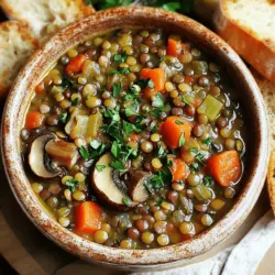 Für einen herzhaften veganen Linsen-Pilz-Eintopf benötigst du: - 1 Tasse grüne oder braune Linsen, gut abgespült - 2 Esslöffel Olivenöl - 1 mittelgroße Zwiebel, gewürfelt - 3 Knoblauchzehen, fein gehackt - 2 mittelgroße Karotten, gewürfelt - 2 Stangen Sellerie, gewürfelt - 225 Gramm Pilze, in Scheiben geschnitten (Champignons oder Braune Champignons) - 1 Dose (400 g) gehackte Tomaten - 1 Liter Gemüsebrühe - 1 Teelöffel geräuchertes Paprikapulver - 1 Teelöffel getrockneter Thymian - 1 Teelöffel getrockneter Oregano - 1 Lorbeerblatt - Salz und Pfeffer nach Geschmack - 2 Tassen frischer Spinat - Frisch gehackte Petersilie zum Garnieren Die Zutaten in diesem Eintopf bieten viele Nährstoffe. Linsen sind reich an Protein und Ballaststoffen. Sie helfen dir, satt zu bleiben. Pilze liefern wichtige Vitamine und Mineralstoffe, die dein Immunsystem stärken. Karotten und Sellerie sind voller Antioxidantien. Diese schützen deine Zellen vor Schäden. Olivenöl enthält gesunde Fette, die gut für dein Herz sind. Spinat bringt viel Eisen mit. Eisen ist wichtig für deine Energie und dein Wohlbefinden. Du kannst einige Zutaten leicht ersetzen. Wenn du keine Linsen hast, probiere Kichererbsen oder schwarze Bohnen aus. Diese sind ebenfalls proteinreich. Anstelle von Pilzen kannst du Zucchini oder Paprika verwenden, um andere Aromen zu bringen. Verwende frische Kräuter wie Basilikum oder Schnittlauch, wenn du keine getrockneten Kräuter hast. Wenn du kein Olivenöl hast, nimm Kokosöl oder Avocadoöl. Diese Alternativen machen den Eintopf auch lecker. Zuerst wasche die Linsen gut ab. Dies entfernt Schmutz und sorgt für einen besseren Geschmack. Schneide die Zwiebel, Karotten, Sellerie und Pilze in kleine Stücke. Hacke den Knoblauch fein. Diese Schritte machen das Kochen später viel einfacher. Bereite alle Zutaten vor, damit du schnell arbeiten kannst. 1. Erhitze das Olivenöl in einem großen Topf. Nutze mittlere Hitze, um die Zwiebel weich zu machen. 2. Füge die Zwiebel hinzu und dünste sie für etwa 5 Minuten. Sie sollte goldgelb und weich sein. 3. Gib den Knoblauch dazu und koche ihn für eine Minute. Der Duft wird köstlich sein! 4. Füge die Karotten und Sellerie hinzu. Dünste sie für 5 Minuten, bis sie leicht weich sind. 5. Jetzt kommen die Pilze. Koche sie 5 bis 7 Minuten lang, bis sie bräunen und Flüssigkeit abgeben. 6. Mische die Linsen, die gehackten Tomaten und die Gemüsebrühe in den Topf. Füge die Gewürze hinzu und rühre gut um. 7. Bringe die Mischung zum Kochen. Dann reduziere die Hitze und decke den Topf ab. Lass alles 30 bis 35 Minuten köcheln. 8. Rühre gelegentlich um, um ein Ankleben zu verhindern. 9. Entferne das Lorbeerblatt und füge den Spinat hinzu. Koche alles für 5 Minuten, bis der Spinat zusammengefallen ist. 10. Schmecke den Eintopf mit Salz und Pfeffer ab. 11. Serviere den Eintopf heiß und garniere ihn mit Petersilie. Achte darauf, die Hitze nicht zu hoch einzustellen. Zu hohe Hitze kann den Eintopf anbrennen. Rühre regelmäßig um, damit nichts kleben bleibt. Wenn du möchtest, kann der Eintopf auch länger köcheln. So wird der Geschmack noch besser. Halte etwas Brühe bereit, falls der Eintopf zu dick wird. Dies hilft, die perfekte Konsistenz zu erreichen. Für die vollständige Anleitung, schau dir das [Full Recipe] an. Ein häufiger Fehler ist, die Linsen nicht vor dem Kochen abzuspülen. Das kann die Textur des Eintopfs beeinträchtigen. Außerdem solltest du die Hitze nicht zu hoch einstellen. Ein sanftes Köcheln hilft, die Aromen gut zu verbinden. Wenn du das Lorbeerblatt vergisst, vermisst du einen wichtigen Geschmack. Achte darauf, es nicht zu lange im Eintopf zu lassen, da es bitter werden kann. Du kannst den Eintopf nach deinem Geschmack anpassen. Füge mehr Gewürze wie Kreuzkümmel oder Chili hinzu, um mehr Schärfe zu bekommen. Wenn du eine cremigere Konsistenz magst, püriere einen Teil des Eintopfs. Ein Spritzer Zitronensaft am Ende bringt Frische und hebt die Aromen hervor. Experimentiere mit frischen Kräutern wie Basilikum oder Koriander für zusätzliche Tiefe. Für eine tolle Mahlzeit kombiniere den Eintopf mit knusprigem Brot oder einem frischen Salat. Ein einfaches Baguette passt perfekt, um die köstliche Brühe aufzusaugen. Auch Quinoa oder Reis sind gute Optionen. Sie machen die Mahlzeit sättigender und bieten extra Nährstoffe. Für einen besonderen Touch kannst du auch einen Avocadosalat dazu servieren. {{image_4}} Um den Nährwert zu steigern, füge mehr pflanzliches Protein hinzu. Kichererbsen sind eine großartige Wahl. Sie bringen einen nussigen Geschmack und viel Protein. Du kannst auch Quinoa verwenden. Quinoa ist voll mit Aminosäuren und macht das Gericht noch sättigender. Tofu ist eine weitere gute Option. Er nimmt die Aromen gut auf und sorgt für eine schöne Textur. Nutze saisonales Gemüse für mehr Frische. Im Frühling sind Spargel und Erbsen ideal. Sie bieten einen süßen Geschmack und schöne Farben. Im Herbst sind Kürbis und Süßkartoffeln perfekt. Sie geben dem Eintopf eine cremige Konsistenz und natürliche Süße. Achte darauf, die Gemüse entsprechend der Saison auszuwählen. So bleibt das Gericht abwechslungsreich und spannend. Für eine glutenfreie Variante kannst du auf die Brühe achten. Viele Gemüsebrühen sind glutenfrei, aber nicht alle. Lies die Etiketten sorgfältig. Anstelle von herkömmlichem Brot kannst du glutenfreies Brot servieren. Auch Reis ist eine tolle Ergänzung. Er passt gut zum Eintopf und macht ihn sättigender. So bleibt der Genuss des Eintopfs auch für Glutenintolerante erhalten. Wenn du deinen Eintopf im Kühlschrank aufbewahren möchtest, lass ihn zuerst abkühlen. Fülle ihn dann in einen luftdichten Behälter. So bleibt der Eintopf frisch. Du kannst ihn bis zu fünf Tage im Kühlschrank lagern. Achte darauf, ihn gut abzudecken. So bleibt der Geschmack erhalten. Das Einfrieren ist eine tolle Option. Fülle den abgekühlten Eintopf in gefriergeeignete Behälter oder Beutel. Achte darauf, etwas Platz zu lassen. Der Eintopf dehnt sich beim Gefrieren aus. So hält er sich bis zu drei Monate im Gefrierfach. Zum Auftauen lege ihn einfach über Nacht in den Kühlschrank. Hast du Reste? Mach etwas Neues daraus! Du kannst den Eintopf als Füllung für Wraps verwenden. Er passt auch gut zu Reis oder Quinoa. Für einen leckeren Auflauf legst du ihn in eine Auflaufform und gibst etwas Käse oben drauf. Dann backe ihn, bis er heiß und blubbern ist. So machst du aus Resten eine neue Mahlzeit! Für das vollständige Rezept, schau dir den [Full Recipe] an. Du kannst den veganen Eintopf bis zu fünf Tage im Kühlschrank aufbewahren. Stelle sicher, dass du ihn in einem luftdichten Behälter lagerst. So bleibt er frisch und lecker. Wenn du ihn länger aufbewahren möchtest, friere ihn ein. Im Gefrierfach hält er bis zu drei Monate. Ja, du kannst diesen Eintopf einfach im Slow Cooker zubereiten. Gib alle Zutaten in den Slow Cooker und stelle ihn auf die niedrige Stufe. Lass ihn dort für etwa sechs bis acht Stunden köcheln. So entfalten sich die Aromen gut und die Linsen werden sehr zart. Wenn du eine dickere Konsistenz möchtest, lasse den Eintopf länger kochen. Rühre regelmäßig um, damit er nicht anbrennt. Für eine dünnere Konsistenz füge einfach mehr Gemüsebrühe hinzu. Du kannst auch etwas Wasser verwenden. Probiere es aus, um die perfekte Konsistenz zu finden. In diesem Blogbeitrag haben wir die wichtigsten Zutaten und deren Vorteile detailliert vorgestellt. Sie haben gelernt, wie man richtig kocht und häufige Fehler vermeidet. Variationen wie vegane und glutenfreie Optionen wurden ebenfalls besprochen. Wichtig war auch, wie man den Eintopf richtig lagert und Reste verwendet. Diese Erkenntnisse helfen Ihnen, gesunde und schmackhafte Gerichte zuzubereiten. Setzen Sie Ihr Wissen in die Tat um und experimentieren Sie!
