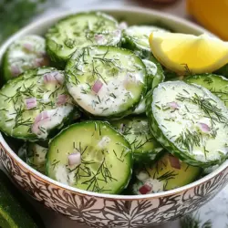 Für einen leckeren cremigen Gurkensalat brauchst du einige frische Zutaten. Hier sind die Hauptzutaten: - 2 große Gurken, dünn geschnitten - 1 Tasse griechischer Joghurt - 1 Esslöffel Mayonnaise - 1 Esslöffel Apfelessig - 1 Teelöffel Knoblauchpulver - 1 Teelöffel frischer Dill, gehackt (oder ½ Teelöffel getrockneter Dill) - ½ Teelöffel Salz (nach Geschmack anpassen) - ¼ Teelöffel schwarzer Pfeffer - ¼ Tasse rote Zwiebel, fein gehackt - 1 Esslöffel Honig (optional für eine leichte Süße) Diese Zutaten sind leicht zu finden und bringen viel Geschmack. Die Gewürze sind wichtig für den Geschmack. Der Dill gibt dem Salat eine frische Note. Knoblauchpulver sorgt für eine leckere Würze. Das Salz und der Pfeffer bringen alles zusammen. Wenn du den Honig hinzufügst, wird der Salat noch köstlicher. Du kannst den Honig weglassen, wenn du es weniger süß magst. Für mehr Geschmack kannst du andere Zutaten hinzufügen. Einige gute Optionen sind: - Feta-Käse für eine salzige Note - Walnüsse für einen crunchy Biss - Paprika für etwas Farbe und Süße Du kannst auch die Gurken durch andere Gemüsesorten ersetzen, wie Karotten oder Zucchini. So wird der Salat noch bunter. Für das komplette Rezept schaue dir die [Full Recipe] an. Die Vorbereitungszeit für den cremigen Gurkensalat beträgt nur 10 Minuten. Die gesamte Zeit, einschließlich Kühlung, liegt bei 40 Minuten. So schnell haben Sie einen frischen und leckeren Salat auf dem Tisch! Zuerst waschen Sie die Gurken gründlich. Es ist wichtig, sie gut zu reinigen. Danach schneiden Sie die Gurken dünn. Nutzen Sie ein scharfes Messer oder einen Mandolinen-Schneider. Dadurch erhalten Sie gleichmäßige Scheiben. Legen Sie die geschnittenen Gurken in eine große Schüssel. In einer separaten Rührschüssel kombinieren Sie folgende Zutaten: - 1 Tasse griechischer Joghurt - 1 Esslöffel Mayonnaise - 1 Esslöffel Apfelessig - 1 Teelöffel Knoblauchpulver - 1 Teelöffel frischer Dill, gehackt - ½ Teelöffel Salz - ¼ Teelöffel schwarzer Pfeffer Rühren Sie alles gut um. Das Dressing sollte glatt und gleichmäßig sein. Wenn Sie es süßer mögen, fügen Sie 1 Esslöffel Honig hinzu. Rühren Sie erneut, um die Süße gleichmäßig zu verteilen. Jetzt kommen die Gurken und die gehackten roten Zwiebeln in die große Schüssel. Gießen Sie das cremige Dressing über die Gurken. Vermengen Sie alles vorsichtig. Achten Sie darauf, dass die Gurken gut mit dem Dressing bedeckt sind. Lassen Sie den Salat mindestens 30 Minuten im Kühlschrank chillen. Servieren Sie den Salat in einer gekühlten Schüssel. Garnieren Sie ihn mit etwas zusätzlichem Dill. Eine Zitronenscheibe an der Seite sorgt für Farbe und Frische. So wird Ihr cremiger Gurkensalat ein echter Hingucker! Um den perfekten cremigen Gurkensalat zu erreichen, ist die Konsistenz wichtig. Verwenden Sie griechischen Joghurt für eine dickere Basis. Die Mayonnaise hilft, den Salat noch cremiger zu machen. Mischen Sie die Zutaten gut, damit die Aromen sich verbinden. Lassen Sie den Salat im Kühlschrank ruhen, damit die Aromen sich entfalten. Wässrige Gurken können den Salat verwässern. Um dies zu vermeiden, sollten Sie die Gurken vor der Zubereitung salzen. Schneiden Sie die Gurken und streuen Sie etwas Salz darüber. Lassen Sie sie 10 bis 15 Minuten ruhen. Dadurch entweicht das Wasser und die Gurken bleiben knackig. Tupfen Sie sie danach trocken, bevor Sie sie ins Dressing geben. Die Präsentation macht viel aus. Servieren Sie den Salat in einer schönen Schüssel. Fügen Sie frischen Dill obenauf für einen farblichen Kontrast hinzu. Sie können auch Zitronenscheiben an die Seite legen. Dies bringt Frische und sieht toll aus. Eine kühle Schüssel hält den Salat frisch und lecker. Für mehr Abwechslung können Sie auch andere bunte Gemüse hinzufügen. Für die komplette Zubereitung schauen Sie sich das [Full Recipe] an. {{image_4}} Wenn Sie Ihren cremigen Gurkensalat aufpeppen möchten, probieren Sie verschiedene Dressings. Ein einfaches Dijon-Senf-Dressing gibt dem Salat einen pikanten Kick. Mischen Sie 2 Esslöffel Olivenöl, 1 Esslöffel Senf und 1 Teelöffel Honig. Ein Avocado-Dressing ist cremig und gesund. Pürieren Sie eine reife Avocado mit Joghurt und Zitronensaft. Sie können dem Salat zusätzliche Zutaten hinzufügen, um Abwechslung zu schaffen. Fügen Sie gewürfelte Tomaten oder Paprika hinzu. Diese bringen Farbe und Geschmack. Für einen crunchigen Effekt können Sie geröstete Nüsse oder Samen verwenden. Feta-Käse gibt einen salzigen Kontrast. Frische Kräuter wie Petersilie oder Schnittlauch können ebenfalls einen frischen Geschmack bringen. Im Sommer sind frische Kräuter ideal. Im Herbst können Sie geröstete Kürbiswürfel hinzufügen. Im Winter sorgen geriebene Karotten für Farbe und Süße. Im Frühling sind frische Radieschen ein toller Zusatz. Diese Anpassungen machen Ihren Salat interessant und passend zur Jahreszeit. Für die genaue Zubereitung schauen Sie sich das Full Recipe an. Um den cremigen Gurkensalat frisch zu halten, bewahre ihn in einem luftdichten Behälter auf. Dies verhindert, dass der Salat die Luft aufnimmt und seine Frische verliert. Ein Glasbehälter ist eine gute Wahl, da er die Aromen gut speichert. Im Kühlschrank bleibt der Gurkensalat bis zu drei Tage frisch. Nach den ersten zwei Tagen kann die Konsistenz etwas weicher werden. Deshalb ist es am besten, den Salat am Tag der Zubereitung zu genießen. Es wird nicht empfohlen, den cremigen Gurkensalat einzufrieren. Die Gurken verlieren beim Auftauen ihre knackige Textur. Wenn du eine größere Portion machen möchtest, bereite den Salat frisch zu, wenn du ihn brauchst. Dadurch bleibt der Geschmack und die Textur optimal. Für die vollständige Rezeptanleitung und mehr Tipps schaue dir das vollständige Rezept an. Du kannst den cremigen Gurkensalat bis zu drei Tage im Kühlschrank lagern. Achte darauf, ihn in einem luftdichten Behälter zu bewahren. Nach ein oder zwei Tagen kann die Konsistenz etwas wässrig werden. Wenn du den Salat frisch und knackig halten willst, serviere ihn lieber gleich nach der Zubereitung. Ja, du kannst den Gurkensalat vegan machen! Ersetze den griechischen Joghurt durch pflanzlichen Joghurt. Verwende auch vegane Mayonnaise. Der Geschmack bleibt lecker und frisch. Diese Anpassungen machen den Salat für alle geeignet, die pflanzliche Optionen bevorzugen. Cremiger Gurkensalat passt gut zu vielen Gerichten. Probiere ihn mit gegrilltem Hähnchen oder Fisch. Er ist auch eine tolle Beilage zu Sandwiches oder Wraps. Für ein leichtes Mittagessen ist er ideal zu einer Quiche oder einer herzhaften Suppe. Du kannst auch frisches Brot dazu servieren, um das Essen abzurunden. Dieser Artikel hat Ihnen gezeigt, wie Sie einen cremigen Gurkensalat zubereiten. Wir haben die Hauptzutaten, Gewürze und Arten zur Anpassung besprochen. Die Schritt-für-Schritt-Anleitung hilft Ihnen, den Salat einfach selbst zu machen. Nutzen Sie Tipps zur perfekten Konsistenz und Ideen zum Servieren. Variationen zeigen, wie man den Geschmack ändert. Vergessen Sie die Lagerung für frische Ergebnisse nicht. Experimentieren Sie mit diesen Ideen und genießen Sie einen köstlichen Salat!