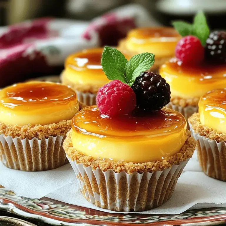 Um die Mini Crème Brûlée Cheesecakes zu machen, brauchst du einfache, frische Zutaten. Die Hauptzutaten sind Graham-Cracker-Brösel, Butter, Zucker, Frischkäse, Puderzucker, Vanilleextrakt, Eier und Schlagsahne. Diese Zutaten geben den Cheesecakes ihren tollen Geschmack.
