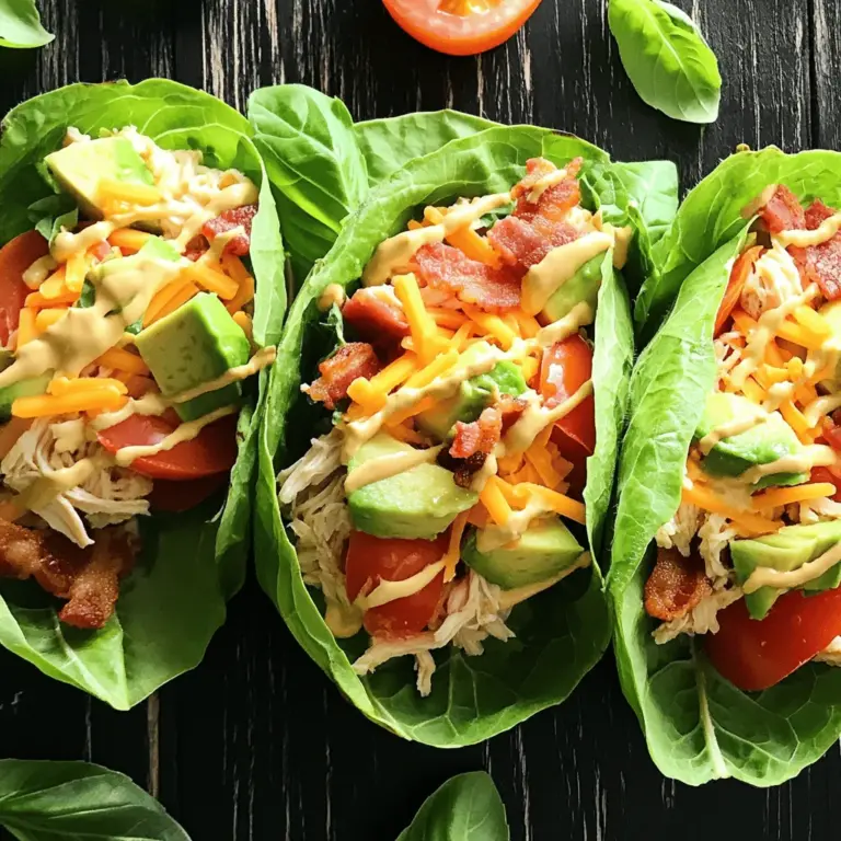Für die Hühnchen Club Salat Wraps brauchst du frische und einfache Zutaten. Diese machen das Gericht lecker und gesund. Hier sind die Hauptzutaten: - 450 g Hähnchenbrustfilet, gekocht und zerrupft - 4 Scheiben gekochter Speck, zerbröselt - 1 mittelgroße Tomate, gewürfelt - 1 Avocado, gewürfelt - 120 g geriebener Cheddar-Käse - 60 g Mayonnaise - 1 Esslöffel Dijon-Senf - 1 Esslöffel Zitronensaft - 1 Teelöffel Knoblauchpulver - Salz und Pfeffer nach Geschmack - 8 große Blätter Römersalat - Frische Basilikumblätter zur Garnitur Diese Zutaten ergeben einen tollen Geschmack und viel Textur. Das zerrupfte Hähnchen ist die Hauptquelle für Eiweiß. Der Speck bringt eine salzige Note. Die Avocado sorgt für Cremigkeit, und der Käse fügt einen herzhaften Geschmack hinzu. Zu den Hauptzutaten kommen einige Gewürze und zusätzliche Zutaten. Diese machen die Wraps noch schmackhafter. Hier sind einige davon: - Dijon-Senf: gibt einen scharfen Kick - Zitronensaft: bringt Frische ins Spiel - Knoblauchpulver: sorgt für ein tolles Aroma - Salz und Pfeffer: zum Abschmecken Diese Gewürze sind einfach, aber sie machen einen großen Unterschied. Der Senf und der Zitronensaft sorgen für eine schöne Balance. Du kannst die Gewürze nach deinem Geschmack anpassen. Wenn du nach Alternativen suchst, gibt es viele Möglichkeiten. Hier sind einige Ideen, um das Rezept anzupassen: - Statt Hähnchen kannst du Putenbrust verwenden. - Anstelle von Speck probiere eine vegetarische Speckalternative. - Du kannst auch einen anderen Käse nehmen, wie Feta oder Mozzarella. - Für eine glutenfreie Option, benutze Salatblätter statt Wraps aus Mehl. Diese Alternativen helfen dir, das Rezept an deine Vorlieben anzupassen. Du kannst sogar neue Geschmäcker entdecken, die dir gefallen. Wenn du mehr über die Zubereitung erfahren möchtest, schaue dir das Full Recipe an. Zuerst musst du das Hähnchen vorbereiten. Du kannst Hähnchenbrustfilets verwenden, die bereits gekocht sind. Zerkleinere sie mit einer Gabel oder deinen Händen. Nimm dann eine Schüssel und füge das zerrupfte Hähnchen hinzu. Jetzt kommen die anderen Zutaten. Füge den zerbröselten Speck, die gewürfelte Tomate, die Avocado und den geriebenen Cheddar-Käse dazu. Mische alles gut durch, damit sich die Aromen verbinden. Für das Dressing benötigst du eine kleine Schüssel. Gib die Mayonnaise, den Dijon-Senf, den Zitronensaft und das Knoblauchpulver hinein. Vergiss nicht, Salz und Pfeffer nach deinem Geschmack hinzuzufügen. Rühre alles mit einem Schneebesen gut um, bis die Mischung glatt ist. Gieße das Dressing dann über die Hühnchenmischung. Vermenge alles vorsichtig, bis die Hühnchenmischung gleichmäßig bedeckt ist. Jetzt ist es Zeit, die Wraps zusammenzustellen. Nimm die großen Blätter Römersalat und wasche sie gründlich. Tupfe sie trocken, damit sie nicht wässrig sind. Löffle die Hühnchenmischung in die Mitte jedes Salatblattes. Sei vorsichtig, nicht zu viel Füllung zu nehmen. Garnieren kannst du die Wraps mit frischen Basilikumblättern. Rolle oder falte die Blätter um die Füllung und serviere sie sofort. So bleibt die Textur am besten. Um die beste Textur in deinen Hühnchen Club Lettuce Wraps zu erreichen, achte auf die Frische der Zutaten. Verwende knackige Römersalatblätter. Diese sollten fest und grün sein. Wenn du sie wäscht, tupfe sie sanft trocken. Feuchtigkeit macht die Blätter matschig. Mische die Hühnchenmischung sanft, damit die Stücke ganz bleiben. So hast du einen tollen Biss. Du kannst das Rezept leicht an deinen Geschmack anpassen. Füge zum Beispiel mehr Gewürze hinzu, wie Paprika oder Chili. Das gibt einen schönen Kick. Wenn du eine leichtere Option möchtest, ersetze die Mayonnaise durch griechischen Joghurt. Du kannst auch die Avocado weglassen, wenn du Kalorien sparen willst. Für eine vegane Version benutze Kichererbsen statt Hähnchen. Um ein komplettes Menü zu erstellen, serviere die Wraps mit einer leichten Beilage. Ein frischer Obstsalat passt perfekt. Auch eine knusprige Quinoa-Salat ist eine gute Wahl. Du kannst die Wraps mit einem Dip wie Hummus oder einer scharfen Sauce kombinieren. So hast du eine bunte und schmackhafte Mahlzeit. Für mehr Ideen schau dir das [Full Recipe] an. {{image_4}} Wenn du auf Fleisch verzichten möchtest, gibt es tolle Alternativen. Du kannst gegrilltes Gemüse nutzen. Zucchini, Paprika und Aubergine sind klasse Möglichkeiten. Auch Kichererbsen oder schwarze Bohnen passen gut. Sie geben dir Protein und einen schönen Biss. Du kannst auch Tofu verwenden. Mariniere ihn für mehr Geschmack. Eine Mischung aus den oben genannten Zutaten sorgt für Vielfalt und macht jeden Bissen spannend. Die Sauce kann dein Wrap-Erlebnis verändern. Probiere BBQ-Sauce für eine süß-rauchige Note. Eine scharfe Salsa bringt einen Kick. Für eine asiatische Note kannst du Erdnusssauce nutzen. Mische diese mit etwas Sojasauce für mehr Tiefe. Achte darauf, die Sauce in Maßen zu verwenden, damit der Wrap nicht matschig wird. Experimentiere mit verschiedenen Kombinationen und finde deinen Favoriten. Für ein komplettes Essen kannst du tolle Beilagen wählen. Ein frischer Salat passt gut dazu. Auch Gemüse-Sticks mit Hummus sind eine gute Wahl. Wenn du Dips magst, probiere Guacamole oder eine Joghurtsauce. Diese ergänzen den Wrap perfekt. Du kannst auch kleine Portionen von verschiedenen Dips anbieten. So wird das Essen interaktiv und macht Spaß. Um Reste von Hühnchen Club Lettuce Wraps gut zu lagern, packe sie in einen luftdichten Behälter. Du kannst die Hühnchenmischung und die Salatblätter getrennt aufbewahren. So bleiben die Blätter frisch und knusprig. Stelle sicher, dass du die Reste innerhalb von zwei Stunden nach dem Essen in den Kühlschrank stellst. Wenn du Hühnchen oder andere Zutaten übrig hast, gibt es viele Möglichkeiten, sie wiederzuverwenden. Du kannst die Hähnchenmischung in einem Wrap oder auf einem Sandwich nutzen. Die Reste sind auch lecker in einem Salat oder als Füllung in einer Omelette. So sparst du Zeit und Geld! Die Hühnchen Club Lettuce Wraps bleiben im Kühlschrank für etwa drei Tage frisch. Achte darauf, die Mischung und die Salatblätter gut zu trennen. So vermeidest du matschige Blätter. Überprüfe immer den Geruch und das Aussehen, bevor du die Reste isst. Frische Zutaten sorgen für den besten Geschmack. Um die Hühnchen Club Salat Wraps einfacher zu machen, kannst du vorgegartes Hähnchen verwenden. Du findest es oft im Kühlschrankbereich des Supermarkts. Das spart Zeit und Aufwand. Auch das Vorbereiten der Zutaten im Voraus hilft. Schneide die Tomaten und Avocados am Vortag. So sparst du Zeit beim Kochen. Ja, das Rezept lässt sich gut im Voraus zubereiten. Du kannst die Hühnchenmischung einen Tag vorher machen. Bewahre sie in einem luftdichten Behälter im Kühlschrank auf. Die Wraps selbst solltest du kurz vor dem Servieren zusammenstellen. So bleiben die Blätter frisch und knackig. Zu den Hühnchen Club Salat Wraps passen viele Beilagen. Hier sind einige gute Optionen: - Gegrilltes Gemüse - Eine frische Obstplatte - Kichererbsensalat - Kartoffelchips oder Tortilla-Chips - Ein leichter Joghurtdip Diese Beilagen ergänzen die Wraps und sorgen für mehr Vielfalt auf deinem Tisch. Hühnchen Club Salat Wraps sind vielseitig und einfach zuzubereiten. Wir haben die besten Zutaten, Tipps und Variationen besprochen. Du kannst das Rezept nach deinem Geschmack anpassen. Denke an einfache Lagerung und die Nutzung von Resten. Mit den richtigen Beilagen machst du das Menü komplett. Probiere verschiedene Optionen und finde deine Lieblingsversion. So wird jedes Mal das Essen frisch und lecker!
