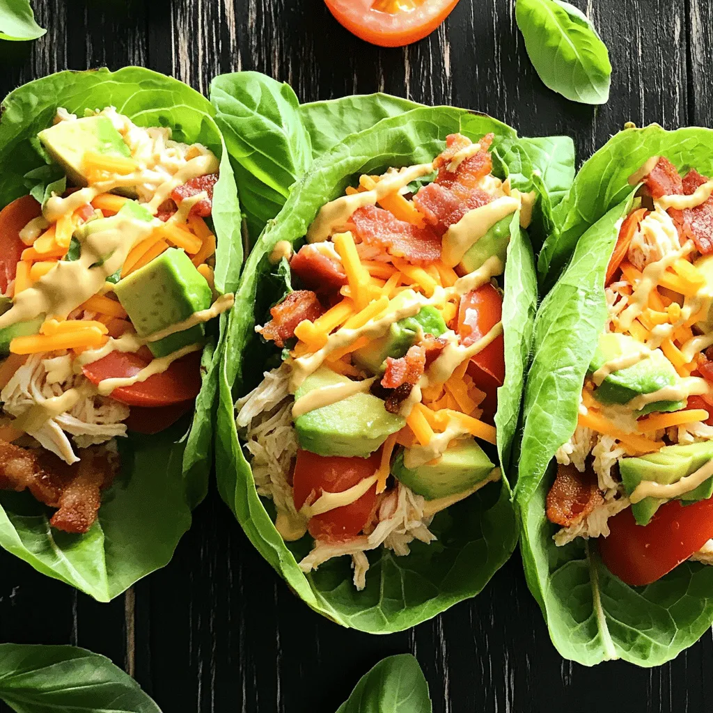Für die Hühnchen Club Salat Wraps brauchst du frische und einfache Zutaten. Diese machen das Gericht lecker und gesund. Hier sind die Hauptzutaten: - 450 g Hähnchenbrustfilet, gekocht und zerrupft - 4 Scheiben gekochter Speck, zerbröselt - 1 mittelgroße Tomate, gewürfelt - 1 Avocado, gewürfelt - 120 g geriebener Cheddar-Käse - 60 g Mayonnaise - 1 Esslöffel Dijon-Senf - 1 Esslöffel Zitronensaft - 1 Teelöffel Knoblauchpulver - Salz und Pfeffer nach Geschmack - 8 große Blätter Römersalat - Frische Basilikumblätter zur Garnitur Diese Zutaten ergeben einen tollen Geschmack und viel Textur. Das zerrupfte Hähnchen ist die Hauptquelle für Eiweiß. Der Speck bringt eine salzige Note. Die Avocado sorgt für Cremigkeit, und der Käse fügt einen herzhaften Geschmack hinzu. Zu den Hauptzutaten kommen einige Gewürze und zusätzliche Zutaten. Diese machen die Wraps noch schmackhafter. Hier sind einige davon: - Dijon-Senf: gibt einen scharfen Kick - Zitronensaft: bringt Frische ins Spiel - Knoblauchpulver: sorgt für ein tolles Aroma - Salz und Pfeffer: zum Abschmecken Diese Gewürze sind einfach, aber sie machen einen großen Unterschied. Der Senf und der Zitronensaft sorgen für eine schöne Balance. Du kannst die Gewürze nach deinem Geschmack anpassen. Wenn du nach Alternativen suchst, gibt es viele Möglichkeiten. Hier sind einige Ideen, um das Rezept anzupassen: - Statt Hähnchen kannst du Putenbrust verwenden. - Anstelle von Speck probiere eine vegetarische Speckalternative. - Du kannst auch einen anderen Käse nehmen, wie Feta oder Mozzarella. - Für eine glutenfreie Option, benutze Salatblätter statt Wraps aus Mehl. Diese Alternativen helfen dir, das Rezept an deine Vorlieben anzupassen. Du kannst sogar neue Geschmäcker entdecken, die dir gefallen. Wenn du mehr über die Zubereitung erfahren möchtest, schaue dir das Full Recipe an. Zuerst musst du das Hähnchen vorbereiten. Du kannst Hähnchenbrustfilets verwenden, die bereits gekocht sind. Zerkleinere sie mit einer Gabel oder deinen Händen. Nimm dann eine Schüssel und füge das zerrupfte Hähnchen hinzu. Jetzt kommen die anderen Zutaten. Füge den zerbröselten Speck, die gewürfelte Tomate, die Avocado und den geriebenen Cheddar-Käse dazu. Mische alles gut durch, damit sich die Aromen verbinden. Für das Dressing benötigst du eine kleine Schüssel. Gib die Mayonnaise, den Dijon-Senf, den Zitronensaft und das Knoblauchpulver hinein. Vergiss nicht, Salz und Pfeffer nach deinem Geschmack hinzuzufügen. Rühre alles mit einem Schneebesen gut um, bis die Mischung glatt ist. Gieße das Dressing dann über die Hühnchenmischung. Vermenge alles vorsichtig, bis die Hühnchenmischung gleichmäßig bedeckt ist. Jetzt ist es Zeit, die Wraps zusammenzustellen. Nimm die großen Blätter Römersalat und wasche sie gründlich. Tupfe sie trocken, damit sie nicht wässrig sind. Löffle die Hühnchenmischung in die Mitte jedes Salatblattes. Sei vorsichtig, nicht zu viel Füllung zu nehmen. Garnieren kannst du die Wraps mit frischen Basilikumblättern. Rolle oder falte die Blätter um die Füllung und serviere sie sofort. So bleibt die Textur am besten. Um die beste Textur in deinen Hühnchen Club Lettuce Wraps zu erreichen, achte auf die Frische der Zutaten. Verwende knackige Römersalatblätter. Diese sollten fest und grün sein. Wenn du sie wäscht, tupfe sie sanft trocken. Feuchtigkeit macht die Blätter matschig. Mische die Hühnchenmischung sanft, damit die Stücke ganz bleiben. So hast du einen tollen Biss. Du kannst das Rezept leicht an deinen Geschmack anpassen. Füge zum Beispiel mehr Gewürze hinzu, wie Paprika oder Chili. Das gibt einen schönen Kick. Wenn du eine leichtere Option möchtest, ersetze die Mayonnaise durch griechischen Joghurt. Du kannst auch die Avocado weglassen, wenn du Kalorien sparen willst. Für eine vegane Version benutze Kichererbsen statt Hähnchen. Um ein komplettes Menü zu erstellen, serviere die Wraps mit einer leichten Beilage. Ein frischer Obstsalat passt perfekt. Auch eine knusprige Quinoa-Salat ist eine gute Wahl. Du kannst die Wraps mit einem Dip wie Hummus oder einer scharfen Sauce kombinieren. So hast du eine bunte und schmackhafte Mahlzeit. Für mehr Ideen schau dir das [Full Recipe] an. {{image_4}} Wenn du auf Fleisch verzichten möchtest, gibt es tolle Alternativen. Du kannst gegrilltes Gemüse nutzen. Zucchini, Paprika und Aubergine sind klasse Möglichkeiten. Auch Kichererbsen oder schwarze Bohnen passen gut. Sie geben dir Protein und einen schönen Biss. Du kannst auch Tofu verwenden. Mariniere ihn für mehr Geschmack. Eine Mischung aus den oben genannten Zutaten sorgt für Vielfalt und macht jeden Bissen spannend. Die Sauce kann dein Wrap-Erlebnis verändern. Probiere BBQ-Sauce für eine süß-rauchige Note. Eine scharfe Salsa bringt einen Kick. Für eine asiatische Note kannst du Erdnusssauce nutzen. Mische diese mit etwas Sojasauce für mehr Tiefe. Achte darauf, die Sauce in Maßen zu verwenden, damit der Wrap nicht matschig wird. Experimentiere mit verschiedenen Kombinationen und finde deinen Favoriten. Für ein komplettes Essen kannst du tolle Beilagen wählen. Ein frischer Salat passt gut dazu. Auch Gemüse-Sticks mit Hummus sind eine gute Wahl. Wenn du Dips magst, probiere Guacamole oder eine Joghurtsauce. Diese ergänzen den Wrap perfekt. Du kannst auch kleine Portionen von verschiedenen Dips anbieten. So wird das Essen interaktiv und macht Spaß. Um Reste von Hühnchen Club Lettuce Wraps gut zu lagern, packe sie in einen luftdichten Behälter. Du kannst die Hühnchenmischung und die Salatblätter getrennt aufbewahren. So bleiben die Blätter frisch und knusprig. Stelle sicher, dass du die Reste innerhalb von zwei Stunden nach dem Essen in den Kühlschrank stellst. Wenn du Hühnchen oder andere Zutaten übrig hast, gibt es viele Möglichkeiten, sie wiederzuverwenden. Du kannst die Hähnchenmischung in einem Wrap oder auf einem Sandwich nutzen. Die Reste sind auch lecker in einem Salat oder als Füllung in einer Omelette. So sparst du Zeit und Geld! Die Hühnchen Club Lettuce Wraps bleiben im Kühlschrank für etwa drei Tage frisch. Achte darauf, die Mischung und die Salatblätter gut zu trennen. So vermeidest du matschige Blätter. Überprüfe immer den Geruch und das Aussehen, bevor du die Reste isst. Frische Zutaten sorgen für den besten Geschmack. Um die Hühnchen Club Salat Wraps einfacher zu machen, kannst du vorgegartes Hähnchen verwenden. Du findest es oft im Kühlschrankbereich des Supermarkts. Das spart Zeit und Aufwand. Auch das Vorbereiten der Zutaten im Voraus hilft. Schneide die Tomaten und Avocados am Vortag. So sparst du Zeit beim Kochen. Ja, das Rezept lässt sich gut im Voraus zubereiten. Du kannst die Hühnchenmischung einen Tag vorher machen. Bewahre sie in einem luftdichten Behälter im Kühlschrank auf. Die Wraps selbst solltest du kurz vor dem Servieren zusammenstellen. So bleiben die Blätter frisch und knackig. Zu den Hühnchen Club Salat Wraps passen viele Beilagen. Hier sind einige gute Optionen: - Gegrilltes Gemüse - Eine frische Obstplatte - Kichererbsensalat - Kartoffelchips oder Tortilla-Chips - Ein leichter Joghurtdip Diese Beilagen ergänzen die Wraps und sorgen für mehr Vielfalt auf deinem Tisch. Hühnchen Club Salat Wraps sind vielseitig und einfach zuzubereiten. Wir haben die besten Zutaten, Tipps und Variationen besprochen. Du kannst das Rezept nach deinem Geschmack anpassen. Denke an einfache Lagerung und die Nutzung von Resten. Mit den richtigen Beilagen machst du das Menü komplett. Probiere verschiedene Optionen und finde deine Lieblingsversion. So wird jedes Mal das Essen frisch und lecker!