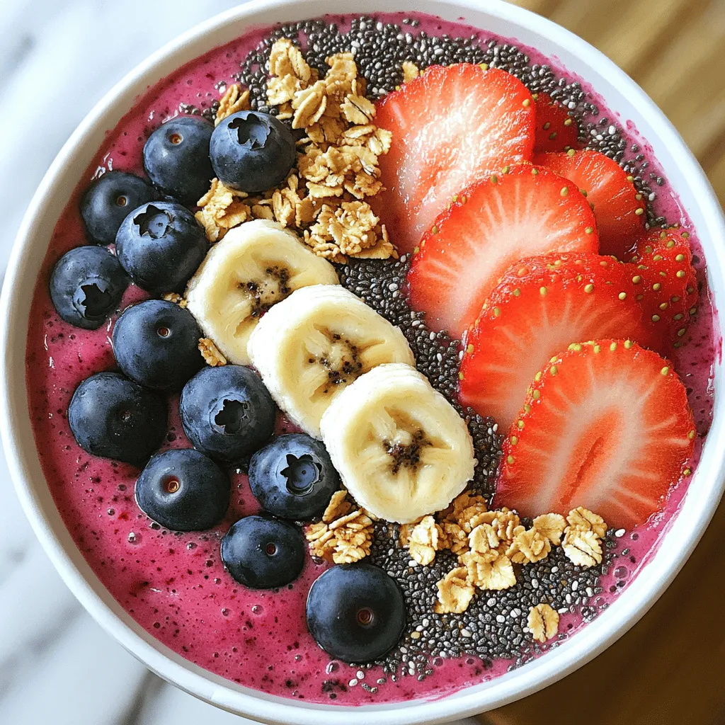 - 1 Tasse gefrorene Beerenmischung (Erdbeeren, Heidelbeeren, Himbeeren) - 1 reife Banane, in Scheiben geschnitten - 1/2 Tasse ungesüßte Mandelmilch (oder Milch nach Wahl) Die Hauptzutaten bilden die Basis für deine Berry Smoothie Bowl. Die gefrorene Beerenmischung sorgt für einen fruchtigen Geschmack und eine schöne Farbe. Du kannst Erdbeeren, Heidelbeeren und Himbeeren verwenden. Die Banane gibt der Mischung eine cremige Textur und natürliche Süße. Mandelmilch macht das Getränk leicht und gesund. - 1 Esslöffel Honig oder Ahornsirup - 1/2 Teelöffel Vanilleextrakt - 1-2 Esslöffel Chiasamen oder Leinsamen Diese Zutaten sind nicht notwendig, aber sie können den Geschmack und die Nährstoffe steigern. Honig oder Ahornsirup fügt Süße hinzu, wenn du das magst. Vanilleextrakt gibt einen warmen, süßen Geschmack. Chiasamen oder Leinsamen erhöhen den Nährwert und verbessern die Textur. - 1/4 Tasse Granola (fertig gekauft oder selbstgemacht) - frische Beeren (zum Garnieren) - Bananenscheiben (zum Garnieren) Die Toppings machen deine Smoothie Bowl besonders lecker und ansprechend. Granola gibt einen knusprigen Biss, während frische Beeren und Bananenscheiben für Farbe und Geschmack sorgen. Diese Kombination sieht nicht nur gut aus, sondern schmeckt auch toll. Um das Rezept zu entdecken, schau dir das Full Recipe an. Zuerst nehmen wir die gefrorene Beerenmischung. Diese Mischung kann Erdbeeren, Heidelbeeren und Himbeeren enthalten. Nimm eine Tasse davon. Dann schneide die reife Banane in Scheiben. Diese Banane macht unseren Smoothie süß und cremig. Jetzt wähle die Flüssigkeit. Ich empfehle ungesüßte Mandelmilch. Du kannst aber auch Kuhmilch oder eine andere Pflanzenmilch nehmen. Diese Flüssigkeit hilft, alles gut zu mixen. Gib jetzt die gefrorenen Beeren, die Bananenscheiben, die Mandelmilch, den Honig und den Vanilleextrakt in den Mixer. Mixe alles bei hoher Geschwindigkeit. Achte darauf, dass die Mischung glatt und cremig wird. Es ist wichtig, die Seiten des Mixbehälters abzukratzen. So stellst du sicher, dass alles gut vermischt ist. Überprüfe die Konsistenz. Sie sollte dicker sein als ein normaler Smoothie. Wenn sie zu dick ist, füge etwas mehr Flüssigkeit hinzu. Mixe dann nochmals kurz, bis du die gewünschte Konsistenz hast. Gieße den Smoothie in eine Schüssel. Achte darauf, dass er schön aussieht. Jetzt kommt der beste Teil: die Garnierung. Dekoriere die Oberfläche mit Granola. Füge dann frische Beeren und Bananenscheiben hinzu. Du kannst auch Chiasamen oder Leinsamen für mehr Nährstoffe streuen. Genieße deinen Berry Smoothie Bowl sofort mit einem Löffel. Die bunten Farben sehen lecker aus! Wenn du mehr erfahren möchtest, schau dir das [Full Recipe] an. Um die perfekte Konsistenz zu erreichen, ist eine dickere Textur wichtig. Der Smoothie soll löffelfähig sein. Fügen Sie weniger Flüssigkeit hinzu, wenn Sie eine dickere Basis wollen. Beginnen Sie mit 1/2 Tasse Mandelmilch. Mixen Sie gut und prüfen Sie die Konsistenz. Wenn es zu dick ist, geben Sie mehr Flüssigkeit hinzu. Die Präsentation ist wichtig für den Genuss. Verwenden Sie eine schöne Schüssel für den Smoothie Bowl. Garnieren Sie die Oberfläche mit Granola und frischen Beeren. Essbare Blüten oder frische Kräuter können einen farbenfrohen Akzent setzen. Das sieht nicht nur gut aus, sondern macht auch Spaß beim Essen. Sie können die Smoothie Bowl leicht im Voraus zubereiten. Bereiten Sie die gefrorene Beerenmischung und die Bananen vor. Lagern Sie sie in einem luftdichten Behälter. Morgens müssen Sie nur noch alles mixen. Das spart Zeit und macht das Frühstück einfach und schnell. {{image_4}} Du kannst viele verschiedene Früchte nutzen. Gefrorene oder frische Früchte passen gut. Probiere Mango, Kiwi oder Ananas. Exotische Früchte bringen neue Aromen. Eine Kombination aus verschiedenen Früchten macht deinen Smoothie Bowl spannend. Du kannst auch Beeren wie Erdbeeren, Himbeeren und Heidelbeeren mixen. Sie sind nährstoffreich und lecker. Für die Milch kannst du Alternativen wählen. Pflanzliche Milch wie Mandel-, Soja- oder Hafermilch sind gut. Sie geben Geschmack und sind gesund. Joghurt ist eine andere Option. Er macht den Smoothie Bowl cremiger. Du kannst griechischen Joghurt oder Kokosjoghurt verwenden. Diese Optionen bieten dir Vielfalt und eine tolle Textur. Um deinen Smoothie Bowl proteinreicher zu machen, füge Nussbutter hinzu. Erdnuss- oder Mandelbutter sind sehr lecker. Sie machen das Frühstück nahrhafter. Du kannst auch Proteinpulver einrühren. Es gibt viele Sorten, die gut schmecken. Dadurch wird dein Smoothie Bowl noch gesünder und sättigender. Du findest das vollständige Rezept für den Berry Blast Smoothie Bowl in diesem Artikel. Um die Frische zu bewahren, bewahre deinen Smoothie Bowl im Kühlschrank auf. Er hält sich dort etwa 1 bis 2 Tage. Verwende einen luftdichten Behälter, um die Aromen zu schützen. Wenn du ihn länger aufbewahren willst, ist das Einfrieren die bessere Option. Wenn du deinen Smoothie Bowl einfrieren möchtest, fülle ihn in einen gefrierfesten Behälter. Achte darauf, etwas Platz zu lassen, da sich die Mischung ausdehnt. Du kannst ihn bis zu 2 Monate einfrieren. Zum Auftauen stelle ihn einfach über Nacht in den Kühlschrank. Um ihn cremig zu halten, rühre ihn gut durch, bevor du ihn servierst. Lagere die Toppings separat. Granola, frische Beeren und Bananenscheiben solltest du erst kurz vor dem Servieren hinzufügen. So bleibt alles frisch und knusprig. Granola wird weich, wenn es mit dem Smoothie in Berührung kommt. Frische Früchte sehen auch besser aus, wenn sie frisch sind. Um den Smoothie Bowl süßer zu machen, gibt es viele Optionen. Sie können Honig oder Ahornsirup hinzufügen. Diese Süßstoffe sind einfach zu verwenden. Ein Esslöffel reicht oft aus. Mögen Sie es noch süßer? Fügen Sie eine zweite Banane hinzu. Sie sorgt für natürliche Süße. Auch ein wenig Agavendicksaft funktioniert gut. Experimentieren Sie mit der Süße, bis es Ihnen gefällt. Ja, dieser Berry Smoothie Bowl kann vegan sein. Nutzen Sie ungesüßte Mandelmilch oder eine andere pflanzliche Milch. Achten Sie darauf, dass der Honig weggelassen wird. Statt Honig können Sie auch Ahornsirup verwenden. Die restlichen Zutaten sind pflanzlich. So genießen Veganer dieses leckere Frühstück ohne Bedenken. Ja, die Zutaten sind sehr flexibel. Sie können andere gefrorene Früchte verwenden, wie Mango oder Pfirsich. Das gibt einen anderen Geschmack. Auch die Flüssigkeit können Sie anpassen. Joghurt macht es cremiger. Ein wenig mehr oder weniger Flüssigkeit hilft bei der Konsistenz. Fühlen Sie sich frei, kreativ zu sein! Die Zutaten für einen leckeren Smoothie Bowl sind einfach und lecker. Wir haben gefrorene Beeren, reife Banane und Mandelmilch verwendet. Du kannst Honig, Vanille oder Samen hinzufügen, je nach Geschmack. Bei der Zubereitung geht es um Mischung und Konsistenz. Die Präsentation macht mit frischen Toppings viel aus. Du kannst die Basis anpassen oder den Bowl im Voraus vorbereiten. Experimentiere mit verschiedenen Früchten und Milchalternativen. So erhältst du jeden Tag einen neuen Genuss. Viel Spaß beim Ausprobieren und Genießen!