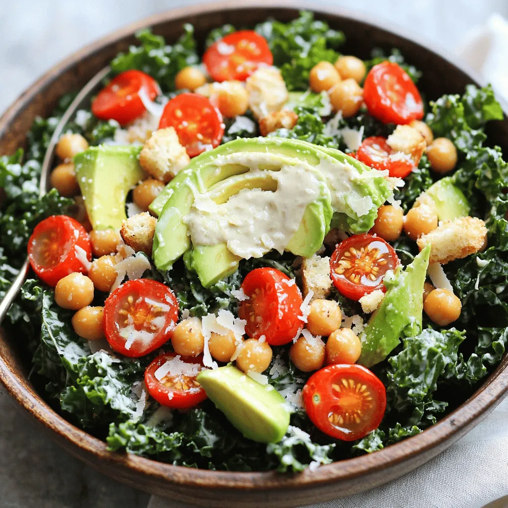 Für meinen Kale Caesar Salad brauche ich frische und gesunde Zutaten. Hier sind die Hauptbestandteile: - 1 Bund Grünkohl, Stiele entfernt und Blätter grob zerrissen - 1 Tasse Kirschtomaten, halbiert - 1 Avocado, in Scheiben geschnitten - 1/2 Tasse Kichererbsen, abgetropft und abgespült - 1/4 Tasse geriebener Parmesan oder Nährhefe für eine vegane Option - 1/4 Tasse selbstgemachte Croutons oder gekaufte Diese Zutaten geben dem Salat einen tollen Geschmack und eine schöne Textur. Der Grünkohl ist knackig und hat viel Nährstoffe. Kirschtomaten bringen Süße mit. Die Avocado sorgt für Cremigkeit, und Kichererbsen fügen Proteine hinzu. Du kannst den Salat nach deinem Geschmack anpassen. Hier sind einige optionale Zutaten: - Gehackte Nüsse oder Samen für extra Crunch - Oliven oder Kapern für einen salzigen Kick - Frische Kräuter wie Petersilie oder Basilikum für mehr Frische Wenn du keinen Grünkohl magst, kannst du auch Römersalat oder Spinat verwenden. Für das Dressing kannst du Joghurt statt Tahini nutzen. Der Grünkohl ist ein Superfood. Er hat viele Vitamine und Mineralstoffe. Hier sind einige Vorteile: - Grünkohl: Reich an Vitaminen A, C und K. Gut für das Immunsystem. - Kirschtomaten: Voller Antioxidantien, die die Haut schützen. - Avocado: Liefert gesunde Fette, die gut für das Herz sind. - Kichererbsen: Hoch in Proteinen und Ballaststoffen, die satt machen. Insgesamt liefert dieser Salat viele Nährstoffe und fördert die Gesundheit. Du kannst das Rezept [Full Recipe] ausprobieren und die gesunden Vorteile genießen! Zuerst nimmst du die zerrissenen Grünkohlblätter. Gib sie in eine große Schüssel. Jetzt kommt der wichtige Teil: Massiere die Blätter. Füge einen Spritzer Olivenöl hinzu. Massiere sie etwa 2-3 Minuten lang. Die Blätter werden weich und leuchtend grün. Das hilft, die Fasern aufzubrechen. Dadurch wird der Geschmack intensiver. Für das Dressing nimm eine kleine Schüssel. Vermische Tahini, Zitronensaft, Dijon-Senf und gehackten Knoblauch. Würze die Mischung mit Salz und Pfeffer. Wenn das Dressing zu dick ist, füge einen Esslöffel Wasser hinzu. So bekommst du die richtige Konsistenz. Es sollte leicht fließen, aber nicht wässrig sein. Jetzt ist es Zeit, den Salat zusammenzustellen. Gib die halbierten Kirschtomaten, die Avocadoscheiben und die Kichererbsen in die Schüssel mit Grünkohl. Träufle das Dressing gleichmäßig darüber. Mische alles vorsichtig, damit die Blätter gut bedeckt sind. Füge dann den geriebenen Parmesan oder die Nährhefe hinzu. Streue die Croutons darüber und vermenge alles leicht. Jetzt hast du einen leckeren Grünkohl-Caesar-Salat! Für mehr Details sieh dir das [Full Recipe] an. Um den Geschmack zu verstärken, massiere den Grünkohl gut. Das macht ihn zarter und bringt die Aromen hervor. Nutze frische Zutaten, besonders beim Dressing. Zitronensaft und Knoblauch sind echte Geschmacksbooster. Füge auch etwas geräucherten Paprika hinzu für eine interessante Note. Die richtige Salzmischung ist wichtig. Ein gutes Salz hebt die Aromen hervor. Ein häufiger Fehler ist, den Grünkohl nicht zu massieren. Dadurch bleibt er hart und schmeckt weniger. Achte darauf, das Dressing nicht zu dick zu machen. Es sollte leicht fließen, um alles gut zu bedecken. Manchmal wird zu viel Dressing verwendet. Beginne mit wenig und füge mehr hinzu, falls nötig. Verwende frische Croutons. Alte Croutons können matschig werden und den Salat ruinieren. Das Dressing sollte cremig, aber nicht zu dick sein. Wenn es zu dick ist, füge einen Esslöffel Wasser hinzu. Achte darauf, das Dressing gut zu verrühren. So werden alle Zutaten gleichmäßig verteilt. Ein Spritzer Zitronensaft hilft, die Frische zu erhalten. Probiere das Dressing, bevor du es hinzufügst. Es sollte gut gewürzt sein. Für die komplette Anleitung, schau dir das [Full Recipe] an. {{image_4}} Für eine vegane Version des Grünkohl-Caesar-Salats kann ich den Parmesan durch Nährhefe ersetzen. Dieses Produkt verleiht einen nussigen Geschmack. Es ist perfekt für den Salat und macht ihn noch gesünder. Für das Dressing verwenden Sie statt Tahini Mandelmus oder Sonnenblumenkernpaste. Beide sind cremig und schmackhaft. Sie möchten mehr Geschmack? Fügen Sie geröstete Nüsse oder Samen hinzu. Mandeln oder Sonnenblumenkerne geben einen tollen Crunch. Auch frische Kräuter wie Petersilie oder Basilikum sind eine gute Wahl. Sie bringen frische Aromen in den Salat. Für eine leicht süßliche Note können Sie auch getrocknete Cranberries oder Rosinen einstreuen. Die Saison bestimmt, welche Zutaten am besten passen. Im Frühling können Sie Spargel oder Erbsen hinzufügen. Im Sommer sind frische Beeren oder Paprika toll. Im Herbst sind geröstete Kürbiswürfel ein Hit. Im Winter können Sie geriebene Karotten oder Rote Bete verwenden. Diese Anpassungen machen den Salat bunt und spannend. Probieren Sie verschiedene Varianten aus, um den Salat immer neu zu gestalten. Um den Salat gut aufzubewahren, benutze einen luftdichten Behälter. Dieser hält die Frische und den Geschmack. Vermeide es, das Dressing vor dem Lagern hinzuzufügen. So bleibt der Grünkohl knackig. Der beste Weg, um den Salat frisch zu halten, ist, ihn im Kühlschrank zu lagern. Lagere die Zutaten getrennt, wenn möglich. So bleibt der Grünkohl hart und die anderen Zutaten frisch. Im Kühlschrank hält der Salat bis zu drei Tage. Nach dieser Zeit kann der Grünkohl weich werden. Verwende den Salat innerhalb von zwei Tagen für den besten Geschmack. Für eine ganz neue Erfahrung, mache ein Sandwich mit Resten. Du kannst auch die Zutaten in einer Bowl neu kombinieren. Diese Optionen verhindern, dass Lebensmittel verderben und bieten leckere neue Gerichte. Um eine klassische Caesar-Dressing-Version herzustellen, benutze ich diese Zutaten: - 1 Eigelb - 2 Esslöffel Zitronensaft - 2-3 Sardellenfilets (optional) - 1 Teelöffel Dijon-Senf - 1 Knoblauchzehe, fein gehackt - 1/2 Tasse Olivenöl - Salz und frisch gemahlener Pfeffer Ich vermenge die Zutaten in einer Schüssel. Zuerst mixe ich das Eigelb, den Zitronensaft und den Senf. Dann füge ich langsam das Olivenöl hinzu, während ich ständig rühre. So wird das Dressing schön cremig. Danach gebe ich die Sardellen und den Knoblauch dazu. Abschließend schmecke ich mit Salz und Pfeffer ab. Ja, du kannst andere Blattsalate verwenden. Zum Beispiel: - Römersalat - Spinat - Feldsalat Jeder dieser Salate bringt einen anderen Geschmack mit. Römersalat hat knackige Blätter, die gut mit dem Dressing harmonieren. Spinat hat einen milden Geschmack und ist sehr nahrhaft. Feldsalat hat eine zarte Note und eine feine Textur. Du kannst auch eine Mischung ausprobieren, um neue Aromen zu entdecken. Zu einem Grünkohl-Caesar-Salat passen viele Beilagen gut. Hier sind einige Ideen: - Gegrilltes Hähnchen - Lachsfilet - Quinoa - Gegrilltes Gemüse Gegrilltes Hähnchen ergänzt den Salat mit Proteinen. Lachsfilet bringt gesunde Fette und einen tollen Geschmack. Quinoa bietet eine nahrhafte, glutenfreie Option. Gegrilltes Gemüse fügt Farbtupfer und Süße hinzu. Du kannst deine Beilagen nach Lust und Laune wählen. Dieser Blogpost hat alles Wichtige über den Grünkohl-Caesar-Salat behandelt. Wir haben die Zutaten, die Zubereitung und viele Tipps besprochen. Es gibt einfache Wege, um den Geschmack zu verbessern. Variationen bieten noch mehr Möglichkeiten und machen Spaß. Schließlich ist dieser Salat nicht nur lecker, sondern auch gesund. Probier es aus und passe ihn nach deinem Geschmack an. Du wirst überrascht sein, wie gut er schmeckt und wie einfach er zuzubereiten ist.