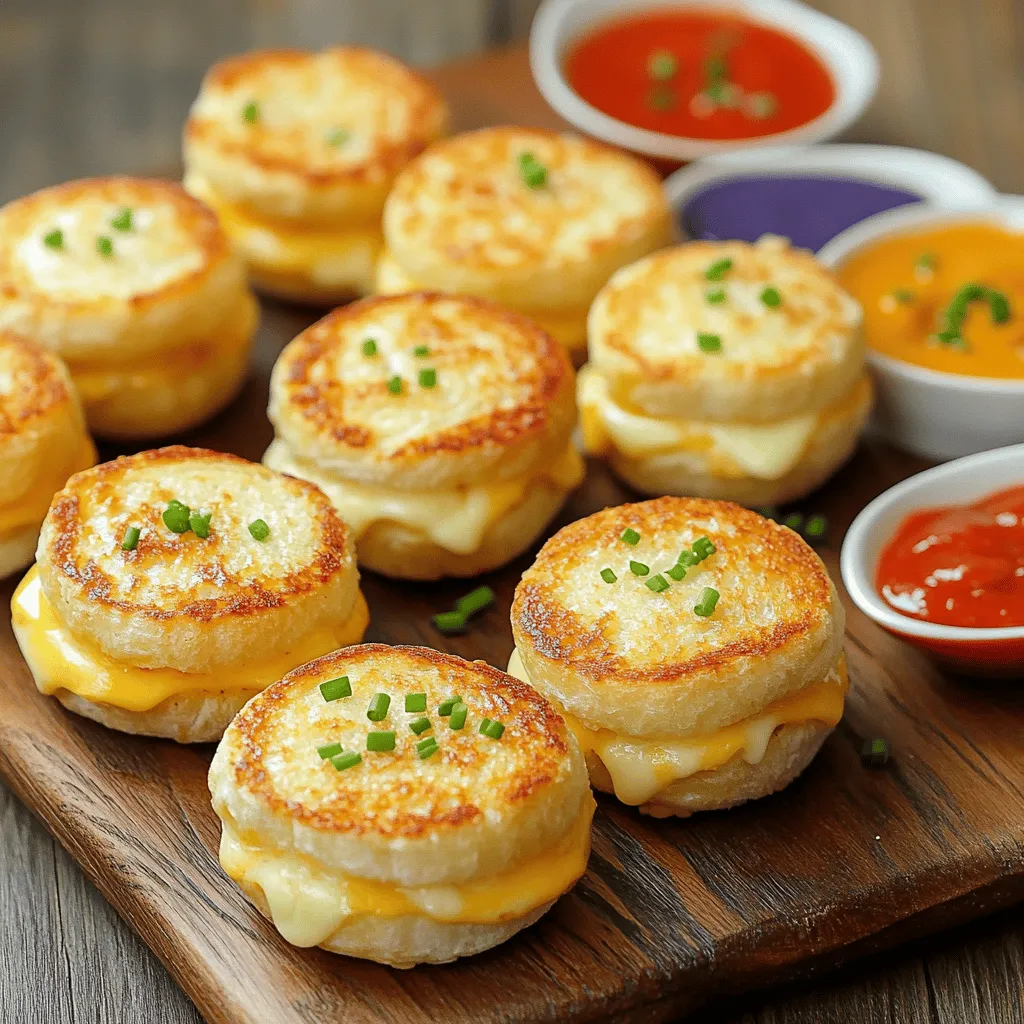 Für die Mini gegrillten Käse-Sandwiches benötige ich folgende Zutaten: - 8 Scheiben Vollkornbrot - 115 g scharfer Cheddar-Käse, gerieben - 115 g Mozzarella-Käse, gerieben - 60 g Frischkäse, weich - 4 Esslöffel ungesalzene Butter, weich - 1 Esslöffel frische Schnittlauch, fein gehackt - 1 Teelöffel Knoblauchpulver - 1/2 Teelöffel Paprika - Salz und Pfeffer nach Geschmack Bei der Auswahl der Käsesorten ist es wichtig, die richtige Balance zu finden. Ich mag einen scharfen Cheddar-Käse. Er bringt viel Geschmack. Mozzarella sorgt für eine schöne Schmelze. Gemeinsam ergeben sie eine tolle Kombi. Du kannst auch andere Käsesorten ausprobieren. Gruyère oder Gouda schmecken ebenfalls gut. Achte darauf, dass der Käse gut schmilzt. Das macht dein Sandwich noch besser. Gewürze sind der Schlüssel zu mehr Geschmack. Ich füge Knoblauchpulver und Paprika hinzu. Diese geben dem Frischkäse eine schöne Note. Du kannst auch andere Gewürze probieren. Oregano oder Thymian passen gut. Dips sind auch wichtig. Sie machen die Mini-Sandwiches noch leckerer. Ich empfehle Marinara oder Ranch-Dip. Ein würziger Senf ist ebenfalls eine gute Wahl. Sie bringen Abwechslung und machen das Essen interessanter. Um die Frischkäsemischung zu machen, nimm eine kleine Schüssel. Gib den weichen Frischkäse hinein. Füge den gehackten Schnittlauch, Knoblauchpulver, Paprika, Salz und Pfeffer hinzu. Rühre alles gut um, bis die Mischung glatt ist. Diese Mischung sorgt für einen tollen Geschmack in deinem Sandwich. Nimm zwei Scheiben Vollkornbrot. Bestreiche eine Seite jeder Scheibe mit der Frischkäsemischung. Streue dann eine großzügige Menge geriebenen Cheddar und Mozzarella auf die unbestreichene Seite einer Scheibe. Lege die zweite Scheibe darauf, sodass die Frischkäse-Seite nach unten zeigt. Wiederhole diesen Schritt für die restlichen Zutaten. Am Ende hast du vier köstliche Sandwiches. Erhitze eine Bratpfanne oder einen Grill bei mittlerer Hitze. Wenn die Pfanne heiß ist, füge 1 Esslöffel Butter hinzu. Lass die Butter schmelzen. Lege vorsichtig die Sandwiches in die Pfanne. Brate sie 3-4 Minuten auf einer Seite, bis sie goldbraun sind. Wende die Sandwiches mit einem Spatel und füge die restliche Butter hinzu. Brate die andere Seite ebenfalls 3-4 Minuten. Nimm die Sandwiches aus der Pfanne und lass sie kurz abkühlen. Schneide sie in Viertel für ein einfaches Essen. Für das ganze Rezept sieh dir die [Full Recipe]. Um die Mini Grilled Cheese Sandwiches extra knusprig zu machen, gibt es einige einfache Tricks. Verwenden Sie frische, hochwertige Zutaten. Das Brot sollte dick genug sein, damit es knusprig wird, aber nicht zu dick. Eine Mischung aus Butter und Olivenöl sorgt für eine goldene Farbe. Braten Sie die Sandwiches bei mittlerer Hitze. So wird der Käse gleichmäßig geschmolzen, ohne das Brot zu verbrennen. Jeder hat unterschiedliche Vorlieben, also passen Sie das Rezept an! Sie können verschiedene Käsesorten verwenden. Probieren Sie Gouda, Brie oder sogar Blauschimmelkäse aus. Für einen scharfen Kick fügen Sie Jalapeños oder rote Pfefferflocken hinzu. Mögen Sie es süß? Legen Sie ein paar Scheiben Äpfel oder Birnen in die Sandwiches. Die Optionen sind endlos! Ein häufiger Fehler ist, die Sandwiches zu heiß zu braten. Dies kann das Brot verbrennen, bevor der Käse schmilzt. Achten Sie darauf, die Temperatur zu regulieren. Verwenden Sie auch genug Butter, damit das Brot nicht anklebt. Wenn der Käse nicht gut schmilzt, könnte er zu kalt sein. Lassen Sie ihn vorher auf Raumtemperatur kommen. Achten Sie darauf, die Sandwiches nicht zu lange in der Pfanne zu lassen. So bleiben sie frisch und lecker. {{image_4}} Es gibt viele Käsesorten, die sich für Mini Grilled Cheese Sandwiches eignen. Du kannst Cheddar, Gouda oder Brie verwenden. Jeder Käse hat seinen eigenen Geschmack. Zum Beispiel, Cheddar gibt einen scharfen Biss. Gouda macht das Sandwich cremig und mild. Brie gibt einen reichen, buttrigen Geschmack. Du kannst auch eine Mischung aus Käsesorten verwenden. Das macht die Sandwiches noch interessanter. Für vegane Mini Grilled Cheese Sandwiches kannst du pflanzliche Käsealternativen verwenden. Diese gibt es in vielen Geschmacksrichtungen. Achte darauf, dass sie gut schmelzen. Glutenfreies Brot ist eine tolle Option für Menschen mit Glutenunverträglichkeit. Du findest viele Sorten in Geschäften. Probiere auch glutenfreies Sandwichbrot aus Reis oder Mais. Die Füllungen können dein Sandwich aufpeppen. Du kannst Spinat, Tomaten oder Avocado hinzufügen. Diese Zutaten bringen frische Aromen. Für einen würzigen Kick, füge Jalapeños oder Senf hinzu. Als Beilage sind verschiedene Dips ideal. Marinara, Ranch oder ein scharfer Senf ergänzen die Sandwiches perfekt. Du kannst auch einfach einen grünen Salat dazu servieren. So wird dein Essen leicht und lecker. Das Rezept für Mini Grilled Cheese Sandwiches ist einfach und macht Spaß. Du kannst die Zutaten nach deinem Geschmack anpassen. So machst du jedes Mal ein neues Geschmackserlebnis! Um die Mini gegrillten Käse-Sandwiches frisch zu halten, lege sie in einen luftdichten Behälter. Achte darauf, dass sie vollständig abgekühlt sind, bevor du sie lagerst. Im Kühlschrank bleiben sie bis zu drei Tage frisch. Wenn du sie länger aufbewahren möchtest, friere sie ein. Packe sie dafür in Frischhaltefolie und dann in einen Gefrierbeutel. So bleiben sie bis zu drei Monate genießbar. Wenn du die Sandwiches aufwärmst, benutze eine Pfanne oder einen Toaster. Das gibt ihnen die beste Textur. Erhitze die Pfanne auf mittlerer Hitze. Lege die Sandwiches für ein paar Minuten rein, bis sie warm sind. Wenn du einen Toaster benutzt, lege sie vorsichtig hinein. Dies sorgt dafür, dass der Käse schön schmilzt und das Brot knusprig bleibt. Vermeide die Mikrowelle, da sie die Sandwiches weich macht. Wenn du eine Party planst, kannst du die Sandwiches leicht im Voraus zubereiten. Mache die Mischung aus Frischkäse und Käse einen Tag vorher. Lagere sie im Kühlschrank. Am Tag der Party musst du nur die Sandwiches zusammenstellen und braten. Dies spart Zeit und lässt dich mehr mit deinen Gästen verbringen. Du kannst auch die Sandwiches vorab braten und dann warm halten. So sind sie bereit, wenn deine Gäste kommen. Du kannst Mini Grilled Cheese Sandwiches gut im Voraus zubereiten. Bereite die Sandwiches einfach bis zum Braten vor. Lege sie auf ein Backblech und decke sie mit Frischhaltefolie ab. So bleiben sie frisch. Wenn du bereit bist, sie zu braten, nimm sie aus dem Kühlschrank. Lass sie einige Minuten bei Raumtemperatur stehen, bevor du sie brätst. So wird der Käse gleichmäßiger geschmolzen und das Brot knusprig. Die besten Dips für Mini Grilled Cheese Sandwiches sind einfach lecker. Hier sind einige Vorschläge: - Marinara-Sauce: Diese Tomatensauce passt super dazu. - Ranch-Dressing: Cremig und würzig, perfekt für Käse. - Senf: Ein scharfer Senf bringt einen tollen Kick. - Ketchup: Ein Klassiker, den viele lieben. Experimentiere mit deinen Lieblingsdips. Du wirst sicher neue Kombinationen finden, die dir gefallen. Ja, du kannst die Sandwiches auch im Ofen zubereiten. Heize den Ofen auf 200 Grad Celsius vor. Lege die Sandwiches auf ein Backblech und bestreiche sie mit Butter. Backe sie dann für 10-12 Minuten. Wende sie nach der Hälfte der Zeit, damit sie auf beiden Seiten goldbraun werden. Diese Methode sorgt für eine gleichmäßige Hitze und knusprige Sandwiches. Wenn du die Sandwiches im Ofen machst, kannst du auch mehr auf einmal zubereiten. Für das vollständige Rezept schau dir die Full Recipe an. In diesem Artikel haben wir alles über Mini Grilled Cheese Sandwiches behandelt. Wir haben tolle Zutaten ausgewählt und viele Tipps gegeben. Du hast gelernt, wie man die perfekte Mischung zubereitet und die Sandwiches brät. Ich habe auch Variationen und Aufbewahrungshinweise geteilt. Denke daran, dass Anpassungen deine Sandwiches noch besser machen. Erkunde die verschiedenen Käsesorten und dips. Mit diesen Tipps wird dein Grilled Cheese unvergesslich. Viel Spaß beim Ausprobieren und Genießen der einfachen Snacks!