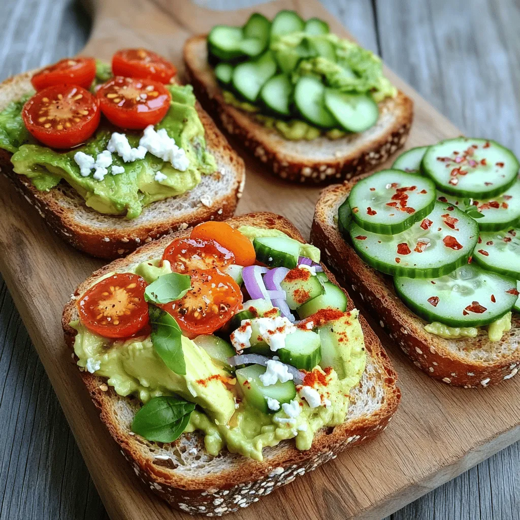 Für einen tollen Avocado-Toast brauchst du einige Hauptzutaten. Hier sind sie: - 3 reife Avocados - 1 Tasse Kirschtomaten, halbiert - 1 kleine rote Zwiebel, fein gehackt - 1 Limette, ausgepresst - 1 Teelöffel Honig (optional) - Vollkorn- oder Sauerteigbrot zum Toasten - Salz und Pfeffer nach Geschmack Diese Zutaten bilden die Basis für den perfekten Avocado-Toast. Reife Avocados sind wichtig, da sie eine cremige Textur bieten. Du kannst den Geschmack deines Avocado-Toasts mit vielen Zutaten verbessern. Hier sind einige Ideen: - 1 Teelöffel rote Pfefferflocken - 1 Teelöffel geräuchertes Paprikapulver - 1 kleine Gurke, dünn geschnitten - ½ Tasse Feta-Käse, zerbröselt - Frische Kräuter wie Basilikum, Koriander oder Petersilie zur Garnierung Diese Ergänzungen bringen Vielfalt und Nährstoffe in dein Gericht. Feta-Käse gibt einen salzigen Geschmack. Gurken fügen Frische hinzu. Die Wahl der richtigen Avocado ist entscheidend. Hier sind ein paar Tipps: - Suche nach Avocados, die leicht auf Druck nachgeben. - Vermeide Avocados mit braunen Flecken oder Dellen. - Achte auf die Farbe. Eine dunklere Haut bedeutet oft mehr Reife. Wenn du diese Tipps befolgst, findest du die besten Avocados für deinen Toast. Denke daran, die Avocados rechtzeitig zu kaufen, damit sie perfekt reif sind, wenn du sie brauchst. Um die Avocado-Basis zuzubereiten, nehme ich drei reife Avocados. Ich schneide sie auf und entferne den Kern. Dann gebe ich das Fruchtfleisch in eine Schüssel. Ich presse eine Limette aus und füge den Saft hinzu. Das gibt Geschmack und verhindert, dass die Avocado braun wird. Dann füge ich Salz und Pfeffer nach Geschmack hinzu. Ich zerdrücke alles mit einer Gabel, bis es cremig, aber stückig bleibt. Wenn ich es süß mag, gebe ich einen Teelöffel Honig dazu. Für den perfekten Avocado-Toast wähle ich Vollkorn- oder Sauerteigbrot. Ich setze die Scheiben in den Toaster oder lege sie auf den Grill. Ich toaste sie, bis sie goldbraun und knusprig sind. So bleibt das Brot stabil, wenn ich die Avocado-Mischung darauflege. Ich mag es, das Brot leicht warm zu halten, bis ich alles bereit habe. Ich habe drei köstliche Variationen des Avocado-Toast. Die erste ist der Tomaten-Feta-Avocado-Toast. Ich nehme eine Scheibe Toast und streiche die Avocado-Basis darauf. Dann belege ich es mit halbierten Kirschtomaten und zerbröseltem Feta. Für einen kleinen Kick streue ich rote Pfefferflocken darüber und garniere mit frischem Basilikum. Die zweite Variation ist der Gurken-Zwiebel-Avocado-Toast. Ich verteile die Avocado-Mischung auf einem anderen Toast. Dann schichte ich dünn geschnittene Gurken und gewürfelte rote Zwiebeln darauf. Ich bestreue sie mit geräuchertem Paprikapulver und garnieren mit frischer Petersilie. Die dritte Variation ist der scharfe Avocado-Toast. Ich nehme die letzte Toastscheibe und verteile die Avocado-Basis. Ich füge nach Belieben rote Pfefferflocken und einige Gurkenscheiben hinzu. Zum Schluss träufle ich etwas Olivenöl darüber und garniere mit frischem Koriander. Ich empfehle, alle Variationen auf einem rustikalen Holzbrett zu servieren. Das sieht toll aus und macht die Mahlzeit noch einladender. Wenn du mehr über die einzelnen Rezepte erfahren möchtest, schau dir das Full Recipe an. Um Ihre Avocado frisch und grün zu halten, nutzen Sie Limettensaft. Der Saft schützt das Fruchtfleisch vor Oxidation. Schneiden Sie die Avocado erst kurz vor dem Servieren. Bewahren Sie die ungenutzte Avocado mit der Kernseite in einem luftdichten Behälter auf. Ein Stück Zwiebel kann ebenfalls helfen. Legen Sie es einfach dazu, um die Frische zu verlängern. Jeder hat seinen eigenen Geschmack. Experimentieren Sie mit Kräutern und Gewürzen. Zum Beispiel können Sie frischen Knoblauch oder Chili hinzufügen. Magst du es süß? Dann probiere Honig oder Balsamico-Creme. Für einen herzhaften Kick können geräucherte Gewürze wie Paprika toll sein. Lassen Sie Ihrer Kreativität freien Lauf und finden Sie Ihre perfekte Mischung. Vermeiden Sie es, die Avocado zu lange stehen zu lassen. Sie wird schnell braun. Achten Sie auch darauf, zu viel Salz hinzuzufügen. Ein Hauch genügt, um den Geschmack zu heben. Wenn Sie das Brot toasten, stellen Sie sicher, dass es nicht zu dunkel wird. Ein perfekt geröstetes Brot ist knusprig, aber nicht verbrannt. Zudem sollten Sie die Avocado nicht zu stark pürieren. Eine leichte Textur macht den Toast interessanter. {{image_4}} Für diesen leckeren Toast nehmen Sie die Avocado-Basis und streichen sie auf das geröstete Brot. Dann fügen Sie Kirschtomaten hinzu, die Sie halbiert haben. Der Feta-Käse verleiht dem Ganzen einen salzigen Geschmack. Ein Hauch von roten Pfefferflocken bringt etwas Schärfe ins Spiel. Garnieren Sie mit frischem Basilikum für einen schönen Farbkontrast. Diese Kombination ist frisch und voller Geschmack. Hier ist eine weitere tolle Variante. Tragen Sie die Avocado-Basis gleichmäßig auf das Brot auf. Dann fügen Sie dünn geschnittene Gurken und fein gewürfelte rote Zwiebel hinzu. Ein wenig geräuchertes Paprikapulver sorgt für einen besonderen Kick. Zum Schluss garnieren Sie mit frischer Petersilie. Diese Version ist knackig und erfrischend, perfekt für warme Tage. Für den letzten Toast nehmen Sie die Avocado-Basis und tragen sie großzügig auf das Brot auf. Fügen Sie nach Belieben mehr rote Pfefferflocken hinzu, um die Schärfe zu erhöhen. Einige Gurkenscheiben bringen Frische. Ein Spritzer Olivenöl rundet das Ganze ab. Garnieren Sie mit Koriander für einen aromatischen Abschluss. Diese Variante ist ideal für alle, die es gerne scharf mögen. Sie finden alle Rezepte und Details dazu in unserem Full Recipe. Wenn du Reste von deinem Avocado-Toast hast, bewahre sie gut auf. Lege die Reste in einen luftdichten Behälter. Das verhindert, dass sie schnell braun werden. Du kannst den Toast auch in Folie wickeln. Lagere ihn im Kühlschrank. So bleibt er frisch für ein paar Stunden. Die Zutaten für Avocado-Toast sind vielseitig. Du kannst die Avocado-Mischung auch für andere Gerichte nutzen. Mische sie in Salate oder als Füllung für Wraps. Die Kirschtomaten passen gut zu Pasta oder in einen Salat. Auch die Gurken sind lecker in Sandwiches oder als Snack. So vermeidest du Lebensmittelverschwendung und zauberst neue Gerichte. Die Haltbarkeit von Avocado-Toast hängt von den Zutaten ab. In der Regel bleibt der Toast im Kühlschrank 1 bis 2 Tage frisch. Achte darauf, dass die Avocado nicht braun wird. Wenn du die Avocado-Mischung ohne Brot aufbewahrst, hält sie bis zu 3 Tage. Beachte, dass die Textur sich ändern kann. Für die beste Qualität genieße deinen Avocado-Toast frisch. Avocado-Toast schmeckt am besten frisch zubereitet. Wenn du Reste hast, lagere sie in einem luftdichten Behälter. So bleiben sie bis zu zwei Tage frisch. Die Avocado kann jedoch schnell braun werden. Ein Spritzer Limettensaft hilft, die Farbe zu erhalten. Überlege, die Avocado erst kurz vor dem Essen aufzutragen. Ja, du kannst viele Brotsorten verwenden! Vollkornbrot ist eine gesunde Wahl. Es hat mehr Ballaststoffe. Sauerteigbrot bietet einen tollen Geschmack. Glutenfreies Brot ist auch eine Option. Probiere verschiedene Brote, um deinen Lieblingsgeschmack zu finden. Die Textur des Brotes macht einen großen Unterschied. Ja, Avocado-Toast ist gesund! Avocados sind reich an gesunden Fetten. Diese Fette sind gut für dein Herz. Sie enthalten auch viele Vitamine und Mineralstoffe. Wenn du frisches Gemüse hinzufügst, wird das Gericht noch nährstoffreicher. Du kannst auch Feta oder Nüsse hinzufügen, um mehr Protein zu bekommen. Damit wird dein Avocado-Toast noch besser! Avocado-Toast ist einfach und lecker. Wir haben die besten Zutaten und Tipps abgedeckt. Du weißt nun, wie man die ideale Avocado wählt und unvergessliche Variationen zubereitet. Die Hinweise zur Frische helfen dir, besser zu genießen. Vermeide häufige Fehler und lagere Reste richtig. Avocado-Toast ist gesund und voll von Geschmack. Probiere verschiedene Kombinationen aus! So machst du jeden Biss zu einem Genuss. Richtig zubereitet, bleibt der Toast eine köstliche und nahrhafte Mahlzeit.