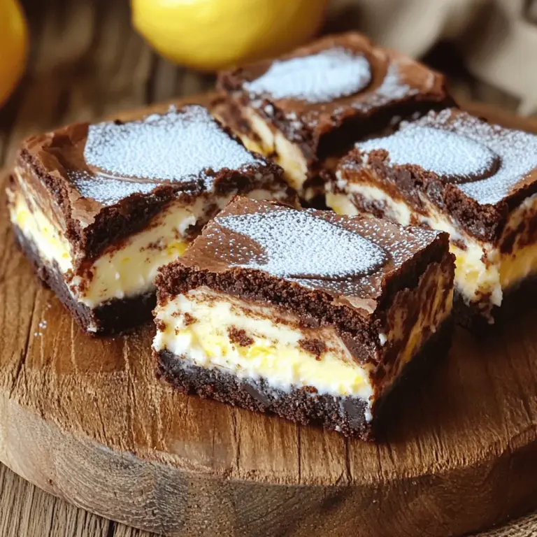 Für die Brownie-Schicht brauchst du: - 125 g ungesalzene Butter, geschmolzen - 200 g Zucker - 2 große Eier - 1 Teelöffel Vanilleextrakt - 40 g ungesüßtes Kakaopulver - 125 g Weizenmehl - 1/4 Teelöffel Salz - 1/4 Teelöffel Backpulver Diese Zutaten bilden die Basis für den leckeren Brownie-Teig. Die Butter macht ihn schön saftig, während der Zucker für die Süße sorgt. Für die Käsekuchen-Schicht benötigst du: - 225 g Frischkäse, weich - 50 g Zucker - 1 großes Ei - 1 Teelöffel Vanilleextrakt - Schale von 1 Zitrone Diese Mischung gibt den Käsekuchen-Brownies ihren besonderen Geschmack. Der Frischkäse sorgt für die cremige Textur. Du kannst deine Brownies noch verzieren. Hier sind einige Ideen: - Schokoladensauce - Frische Beeren - Puderzucker Diese Toppings machen die Brownies noch attraktiver. Probiere sie aus und finde deine Lieblingskombination! Wenn du die genauen Schritte zur Zubereitung suchst, schau dir das [Full Recipe] an. Heizen Sie den Ofen auf 175°C vor. Fetten Sie eine 23x23 cm große Backform ein. Alternativ können Sie die Form mit Backpapier auslegen. So lassen sich die Brownies leicht herausnehmen. In einer großen Schüssel geben Sie die geschmolzene Butter und den Zucker. Rühren Sie die Mischung glatt. Dann fügen Sie die Eier und den Vanilleextrakt hinzu. Vermischen Sie alles gut. Sieben Sie nun das Kakaopulver, das Mehl, das Salz und das Backpulver in die Schüssel. Mischen Sie vorsichtig, bis alles gerade so kombiniert ist. Achten Sie darauf, nicht zu viel zu rühren. In einer separaten Schüssel schlagen Sie den Frischkäse und den Zucker cremig. Rühren Sie, bis die Mischung glatt ist. Jetzt fügen Sie das Ei, den Vanilleextrakt und die Zitronenschale hinzu. Vermengen Sie alles gut, bis die Käsekuchen-Mischung schön cremig ist. Gießen Sie die Hälfte des Brownie-Teigs in die vorbereitete Backform. Verteilen Sie ihn gleichmäßig. Dann geben Sie die Käsekuchen-Mischung darauf. Löffeln Sie den restlichen Brownie-Teig über die Käsekuchen-Schicht. Verwenden Sie ein Messer oder einen Zahnstocher, um die beiden Schichten leicht zu vermischen. Backen Sie die Mischung 30-35 Minuten lang. Ein Zahnstocher sollte größtenteils sauber herauskommen. Lassen Sie die Brownies in der Form abkühlen. Schneiden Sie sie dann in quadratische Stücke. Um perfekte Käsekuchen-Brownies zu backen, gibt es einige Fehler, die Sie vermeiden sollten: - Butter zu heiß machen: Wenn die Butter zu heiß ist, kann der Teig klumpig werden. - Eier zu lange schlagen: Schlagen Sie die Eier nur bis sie gut vermischt sind. Zu viel Luft macht die Brownies trocken. - Zu stark mischen: Mischen Sie die Zutaten nur, bis sie gerade kombiniert sind. Übermischung führt zu dichten Brownies. Die Konsistenz ist der Schlüssel zu köstlichen Käsekuchen-Brownies: - Frischkäse gut weich machen: Stellen Sie sicher, dass der Frischkäse Raumtemperatur hat. So wird die Käsekuchen-Schicht glatt. - Zutaten abwiegen: Verwenden Sie eine Küchenwaage für genaue Messungen. Das macht den Unterschied in der Textur. - Backzeit im Auge behalten: Jeder Ofen ist anders. Überprüfen Sie die Brownies nach 30 Minuten. Die Präsentation macht den Genuss noch besser. Hier sind einige Ideen: - Puderzucker verwenden: Stauben Sie etwas Puderzucker über die Brownies vor dem Servieren. - Schlagsahne dazu: Ein Klecks Schlagsahne macht das Dessert noch verlockender. - Schöne Teller wählen: Servieren Sie die Brownies auf einem hübschen Teller oder in Dessertschalen. Für die vollständige Anleitung und Rezeptdetails schauen Sie sich das [Full Recipe] an. {{image_4}} Um diese Käsekuchen-Brownies noch leckerer zu machen, kannst du verschiedene Aromen hinzufügen. Zum Beispiel, füge ein paar Schokoladenstückchen zur Brownie-Mischung hinzu. Du kannst auch Nüsse, wie Walnüsse oder Mandeln, für einen knackigen Biss verwenden. Eine Prise Zimt gibt den Brownies eine warmen, würzigen Geschmack. Für einen fruchtigen Twist, probiere pürierte Erdbeeren oder Himbeeren in die Käsekuchen-Schicht zu mischen. Wenn du gesündere Optionen wünschst, ersetze die Butter durch Kokosöl. Das gibt einen tollen Geschmack und macht die Brownies etwas leichter. Nutze Vollkornmehl statt Weißmehl für mehr Ballaststoffe. Statt Zucker kannst du Honig oder Ahornsirup verwenden. Diese Alternativen machen die Brownies süß und gesund. Auch griechischer Joghurt kann den Frischkäse ersetzen, um die Kalorien zu senken. Käsekuchen-Brownies sind perfekt für viele Feste. Sie passen gut zu Geburtstagsfeiern oder Barbecues. Auch bei Feiertagen, wie Weihnachten oder Ostern, sind sie ein Hit. Du kannst sie in kleine Stücke schneiden und auf einem schönen Teller servieren. Diese Brownies bringen Freude und Leckereien zu jedem Anlass. Die besten Käsekuchen-Brownies bewahren Sie am besten im Kühlschrank auf. Legen Sie sie in einen luftdichten Behälter. So bleiben sie frisch und lecker. Wenn Sie Platz sparen möchten, wickeln Sie die Stücke einzeln in Frischhaltefolie. Im Kühlschrank halten die Brownies etwa fünf bis sieben Tage. Wenn Sie sie länger aufbewahren möchten, können Sie sie einfrieren. In einem gut verschlossenen Behälter sind sie bis zu drei Monate haltbar. Lassen Sie sie vor dem Servieren im Kühlschrank auftauen. Um die Brownies wieder zu erwärmen, nutzen Sie den Ofen. Heizen Sie ihn auf 150°C vor. Legen Sie die Brownies auf ein Backblech und erwärmen Sie sie für etwa 10 Minuten. So werden sie wieder weich und schokoladig. Sie können auch die Mikrowelle verwenden, aber seien Sie vorsichtig. Erwärmen Sie sie in kurzen Intervallen, damit sie nicht austrocknen. Ja, du kannst Käsekuchen-Brownies vegan machen. Ersetze die Eier durch Apfelmus oder Leinsamen. Für die Käsekuchen-Schicht nimm veganen Frischkäse oder Seidentofu. Diese Alternativen geben den Brownies eine ähnliche Textur. Käsekuchen-Brownies bleiben frisch, wenn du sie richtig lagerst. Sie halten im Kühlschrank etwa 4 bis 5 Tage. Wenn du sie einfrierst, bleiben sie bis zu 3 Monate gut. Achte darauf, sie gut abzudecken, um Austrocknen zu vermeiden. Wenn du keinen Frischkäse hast, probiere griechischen Joghurt oder Quark. Diese Optionen geben eine ähnliche Cremigkeit. Auch veganer Frischkäse funktioniert gut. Achte darauf, die Konsistenz zu prüfen, damit die Mischung nicht zu flüssig wird. Brownie-Käsekuchen ist einfach und lecker. Du hast die Zutaten und Schritte kennengelernt. Ich habe Tipps gegeben, um Fehler zu vermeiden und die besten Ergebnisse zu erzielen. Variationen machen dein Rezept spannend. Das Lagerungshinweis sorgt dafür, dass deine Brownies frisch bleiben. Klare Antworten auf die häufigsten Fragen helfen dir bei der Zubereitung. Probiere es aus und teile deine Kreationen!