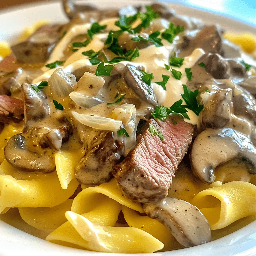 - 450 g Rindfleisch-Sirloin, dünn geschnitten - 360 g Eiernudeln - 240 ml Sauerrahm Die Hauptzutaten sind wichtig für den Geschmack. Rindfleisch-Sirloin gibt das Gericht seine zarte Textur. Die Eiernudeln dienen als perfekte Basis. Sauerrahm fügt eine cremige Note hinzu. - 1 Esslöffel Olivenöl - 1 Teelöffel Dijon-Senf - 1 Teelöffel Paprika Gewürze und Öle bringen den Geschmack zum Leben. Olivenöl sorgt für eine schöne Bräunung des Fleisches. Dijon-Senf gibt eine feine Schärfe. Paprika fügt eine süße Note hinzu und macht das Gericht bunt. - 1 mittelgroße Zwiebel, fein gehackt - 2 Knoblauchzehen, zerdrückt - 230 g Champignons, in Scheiben geschnitten Gemüse macht das Gericht frisch und lecker. Zwiebeln und Knoblauch geben ein tolles Aroma. Champignons bringen eine erdige Tiefe in den Geschmack. Diese Zutaten sind einfach zu finden und machen den Stroganoff besonders schmackhaft. Für das komplette Rezept schauen Sie sich das [Full Recipe] an. Beginne damit, einen großen Topf mit gesalzenem Wasser zum Kochen zu bringen. Du solltest die Eiernudeln nach den Anweisungen auf der Verpackung kochen. Koche sie al dente, das heißt, sie sollten noch etwas Biss haben. Nach dem Kochen gieße die Nudeln ab und stelle sie beiseite. Erhitze in einer großen Pfanne einen Esslöffel Olivenöl bei mittlerer bis hoher Hitze. Füge das dünn geschnittene Rindfleisch hinzu und würze es mit Salz und Pfeffer. Brate das Fleisch 3 bis 4 Minuten lang, bis es schön gebräunt ist. Nimm das Rindfleisch aus der Pfanne und stelle es beiseite. In der gleichen Pfanne fügst du die fein gehackte Zwiebel und die zerdrückten Knoblauchzehen hinzu. Brate sie 3 bis 5 Minuten an, bis die Zwiebel durchscheinend ist. Dann kommen die in Scheiben geschnittenen Champignons dazu. Koche alles weiter für etwa 5 Minuten, bis die Pilze weich werden. Streue das Weizenmehl gleichmäßig über das angebratene Gemüse. Rühre gut um, damit sich das Mehl verteilt. Gieße langsam die Rinderbrühe hinzu und rühre ständig, um Klumpen zu vermeiden. Füge den Dijon-Senf und Paprika hinzu. Lass die Mischung für 3 bis 4 Minuten köcheln, bis die Soße eindickt. Reduziere die Hitze und rühre den Sauerrahm unter die Soße. Alles gut vermischen. Gib das angebratene Rindfleisch wieder in die Pfanne. Rühre alles um, damit das Fleisch in der cremigen Soße wälzt. Koche es eine weitere Minute und schmecke nach Bedarf mit mehr Salz und Pfeffer ab. Serviere den Rindfleisch Stroganoff über einem Bett aus gekochten Eiernudeln. Garniere das Gericht mit frisch gehackter Petersilie für einen schönen Farbtupfer. Du findest das vollständige Rezept unter [Full Recipe]. Um Klumpen zu vermeiden, streue das Mehl gleichmäßig über die angebratenen Zutaten. Rühre ständig, während du die Rinderbrühe hinzufügst. Dies hilft, die Soße cremig und glatt zu halten. Wenn du Klumpen bemerkst, nutze einen Schneebesen, um sie schnell zu entfernen. Für die optimale Bräunung des Rindfleischs, erhitze das Olivenöl gut. Das Fleisch sollte in einer einzelnen Schicht in die Pfanne. So brät es gleichmäßig. Lass das Rindfleisch in Ruhe, bis es schön gebräunt ist. Wende es nicht zu früh, um eine schöne Kruste zu bekommen. Eiernudeln sind eine tolle Wahl, aber du kannst auch andere Nudeln verwenden. Spaghetti oder Tagliatelle passen gut dazu. Wenn du eine glutenfreie Option suchst, probiere Reisnudeln oder Zucchini-Nudeln. Diese Alternativen bringen neue Geschmäcker in dein Gericht. {{image_4}} Für eine vegetarische Variante von Beef Stroganoff können Sie Pilze anstelle von Rindfleisch verwenden. Pilze haben eine fleischige Textur und einen reichen Geschmack. Champignons sind eine hervorragende Wahl, aber auch andere Sorten wie Shiitake oder Austernpilze passen gut. Die Zubereitung bleibt ähnlich, aber die Garzeit kann kürzer sein. Braten Sie die Pilze für etwa 5–7 Minuten, bis sie weich sind. Das ergibt einen herzhaften und leckeren Stroganoff. Sie können die Zutaten nach Ihrem Geschmack anpassen. Probieren Sie verschiedene Gemüsesorten wie Paprika, Zucchini oder Karotten. Auch Gewürze können variieren. Fügen Sie Thymian oder Oregano hinzu für mehr Tiefe. Ein Spritzer Zitronensaft gibt der Soße Frische. Experimentieren Sie mit diesen Zutaten, um Ihre persönliche Note zu finden. Eine Slow-Cooker-Methode macht die Zubereitung einfach. 1. Vorbereitung: Braten Sie das Rindfleisch und das Gemüse in einer Pfanne an. 2. Zutaten in den Slow Cooker: Geben Sie das angebratene Fleisch, die Zwiebeln, den Knoblauch und die Champignons in den Slow Cooker. 3. Soße hinzufügen: Gießen Sie die Rinderbrühe und die Gewürze über die Zutaten. 4. Kochen: Stellen Sie den Slow Cooker auf niedrig und lassen Sie das Gericht 6–8 Stunden garen. 5. Sauerrahm: Rühren Sie den Sauerrahm kurz vor dem Servieren unter. So haben Sie ein köstliches, zartes Gericht, das perfekt für stressige Tage ist. Für das vollständige Rezept schauen Sie sich die Anleitung an. Bewahre deinen Rindfleisch Stroganoff in einem luftdichten Behälter auf. So bleibt er frisch. Im Kühlschrank hält er sich gut für 3 bis 4 Tage. Achte darauf, dass er abgekühlt ist, bevor du ihn verpackst. Das hilft, die Qualität zu bewahren. Wenn du mehr Rindfleisch Stroganoff hast, kannst du ihn einfrieren. Fülle ihn in einen gefrierfesten Behälter. Lasse dabei etwas Platz, da die Soße beim Einfrieren expandiert. Du kannst ihn bis zu 3 Monate einfrieren. Zum Auftauen nimm ihn einfach über Nacht in den Kühlschrank. Um Reste aufzuwärmen, gibt es einige gute Methoden. Du kannst den Stroganoff in einer Pfanne bei mittlerer Hitze erhitzen. Füge etwas Brühe hinzu, um die Soße wieder cremig zu machen. Eine andere Methode ist die Mikrowelle. Erwärme ihn in einem mikrowellengeeigneten Behälter. Decke ihn ab, damit er nicht austrocknet. Rühre zwischendurch um, damit alles gleichmäßig warm wird. Für Rindfleisch gibt es tolle Alternativen. Du kannst Hähnchen oder Pute verwenden. Diese sind leichter und schnell zuzubereiten. Auch Schweinefleisch eignet sich gut. Es hat einen milden Geschmack und passt gut zu der Soße. Wenn du eine fleischlose Option suchst, nimm Pilze. Sie bringen viel Geschmack und eine tolle Textur. Ja, du kannst eine glutenfreie Version von Rindfleisch Stroganoff machen. Ersetze das Weizenmehl durch Maisstärke oder Reismehl. Diese Zutaten helfen, die Soße einzudicken. Achte auch darauf, glutenfreie Eiernudeln zu wählen. So bleibt dein Gericht lecker und verträglich. Du kannst Rindfleisch Stroganoff bis zu drei Tage im Kühlschrank aufbewahren. Bewahre es in einem luftdichten Behälter auf. Achte darauf, das Gericht gut abkühlen zu lassen, bevor du es in den Kühlschrank stellst. So bleibt es frisch und schmackhaft. Als Beilage eignen sich viele Sachen. Ein frischer grüner Salat bringt eine schöne Frische. Auch gedünstetes Gemüse harmoniert gut mit dem Gericht. Du kannst auch knuspriges Brot servieren, um die Soße aufzutunken. Reis ist eine weitere tolle Option, die das Gericht ergänzt. Ja, du kannst das Rezept verdoppeln. Achte darauf, die Zutaten im gleichen Verhältnis zu erhöhen. Verwende einen größeren Topf, um alles gut zu vermischen. Die Kochzeit bleibt ähnlich, aber achte darauf, dass das Fleisch gut durchgegart ist. So bleibt dein Stroganoff lecker und sättigend. Wir haben heute ein leckeres Rezept für Rindfleisch Stroganoff erkundet. Du hast die Hauptzutaten, die Gewürze, das Gemüse und die Schritt-für-Schritt-Anleitung kennengelernt. Wir haben auch Tipps für perfekte Soßen und Variationen besprochen, wie vegetarische Optionen. Denke daran, wie du Reste aufbewahrst oder einfrierst. Mit diesem Wissen kannst du dein Gericht leicht anpassen. Probiere die Tipps aus und genieße das Kochen!