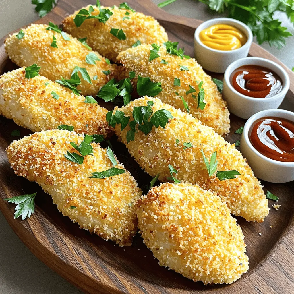 Die Hauptzutaten sind einfach und leicht zu finden. Hier ist, was du brauchst: - 900 g Hähnchenbrustfilets in Streifen - 240 ml Buttermilch - 120 g Weizenmehl - 120 g Semmelbrösel (vorzugsweise Panko für extra Knusprigkeit) Diese Zutaten bilden die Basis für deine knusprigen Hähnchenstreifen. Die Buttermilch macht das Hähnchen zart. Das Weizenmehl sorgt für eine gute Haftung der Panade. Panko gibt den Streifen den extra Crunch. Die Gewürze bringen Geschmack in dein Gericht. Hier sind die wichtigsten: - 1 Teelöffel Knoblauchpulver - 1 Teelöffel Zwiebelpulver - 1 Teelöffel geräuchertes Paprikapulver - 1 Teelöffel getrockneter Oregano - 1/2 Teelöffel Cayennepfeffer (optional für Schärfe) - Salz und Pfeffer nach Geschmack Diese Gewürze verleihen den Hähnchenstreifen Tiefe und Aroma. Die Kombination aus Knoblauch und Zwiebel macht sie besonders lecker. Der geräucherte Paprika bringt einen tollen Geschmack. Cayennepfeffer kann die Schärfe anpassen. Du kannst einige Zutaten leicht ersetzen. Hier sind einige Ideen: - Anstelle von Buttermilch kannst du Joghurt verwenden. - Glutenfreies Mehl funktioniert auch, wenn du glutenfrei kochen möchtest. - Für vegetarische Optionen kannst du Tofu oder Blumenkohl nutzen. Diese Alternativen helfen dir, das Rezept anzupassen. Du kannst so auch andere Ernährungsvorlieben berücksichtigen. Wenn du kreativ bist, machst du dein Gericht noch spezieller. Du findest das vollständige Rezept in der [Full Recipe]. Für die Marinade gebe ich die Hähnchenstreifen in eine große Schüssel. Ich gieße die Buttermilch darüber. Es ist wichtig, dass alle Stücke gut bedeckt sind. Dann decke ich die Schüssel ab und stelle sie in den Kühlschrank. Eine Stunde ist gut, aber über Nacht ist besser. So wird das Hähnchen saftig und zart. Ich richte drei Schüsseln für die Panierstation ein. In die erste Schüssel gebe ich das Weizenmehl. Ich würze es mit Salz, Pfeffer und etwas Knoblauchpulver. In die zweite Schüssel kommen die Semmelbrösel. Ich mische sie mit Zwiebelpulver, Paprikapulver, Oregano und Cayennepfeffer. Die dritte Schüssel bleibt leer. Hier wird das Hähnchen später hineinkommen. Ich heize den Ofen auf 200°C vor. Während der Ofen aufheizt, lege ich ein Backblech mit Backpapier aus. Ich sprühe es leicht mit Kochspray ein oder bestreiche es mit Olivenöl. So klebt das Hähnchen nicht fest. Ich nehme ein Stück Hähnchen aus der Buttermilch. Zuerst lasse ich die überschüssige Flüssigkeit abtropfen. Dann tauche ich es in die Schüssel mit dem gewürzten Mehl. Ich schüttle das überschüssige Mehl ab. Danach kommt es in die leere Schüssel, gefolgt von der Schüssel mit den Semmelbröseln. Ich drücke sanft, damit die Brösel haften. Ich wiederhole diesen Schritt mit allen Hähnchenstreifen. Ich lege die panierten Hähnchenstreifen auf das Blech. Es ist wichtig, dass sie sich nicht berühren. Ich beträufle sie mit etwas Olivenöl für mehr Knusprigkeit. Dann backe ich sie 20 bis 25 Minuten. Nach der Hälfte der Zeit wende ich sie. Das Hähnchen ist fertig, wenn es goldbraun ist und die Innentemperatur 75°C erreicht. Sobald die Hähnchenstreifen knusprig sind, nehme ich sie aus dem Ofen. Ich lasse sie ein paar Minuten ruhen, um die Knusprigkeit zu maximieren. Dann serviere ich sie. Sie passen gut zu Dips wie Honig-Senf oder BBQ-Sauce. Um die besten knusprigen Hähnchenstreifen zu machen, gibt es einige Tricks. Erstens, die Buttermilch ist wichtig. Sie macht das Hähnchen zart und saftig. Lass die Hähnchenstreifen mindestens eine Stunde marinieren. Je länger, desto besser. Zweitens, benutze Panko-Semmelbrösel. Sie sind grober und sorgen für mehr Crunch. Wenn du das Hähnchen vor dem Backen mit etwas Olivenöl besprühst, wird es goldbraun. Backe die Streifen auf einem Blech mit Backpapier, damit sie nicht ankleben. Die Wahl der Dips macht das Gericht noch besser. Honig-Senf-Sauce ist süß und passt gut zu dem Hähnchen. BBQ-Sauce bringt eine rauchige Note. Guacamole ist cremig und frisch. Du kannst auch Joghurt-Dip mit Kräutern probieren. Jeder Dip bringt seinen eigenen Geschmack. Ein häufiger Fehler ist, das Hähnchen zu dicht auf das Blech zu legen. Lass genug Platz zwischen den Streifen. So kann die heiße Luft zirkulieren. Ein weiterer Fehler ist, das Hähnchen zu früh zu wenden. Warte, bis die Unterseite goldbraun ist. Das hilft, die Kruste zu erhalten. Wenn du diese Tipps befolgst, wirst du die perfekten knusprigen Hähnchenstreifen haben. Möchtest du das Rezept ausprobieren? Du findest die Details in der Full Recipe. {{image_4}} Um deinen Ofen-gebackenen Hähnchenstreifen mehr Geschmack zu geben, probiere neue Gewürze aus. Du kannst zum Beispiel einen Hauch von italienischen Kräutern hinzufügen. Diese Mischung enthält Basilikum, Thymian und Rosmarin. Auch eine asiatische Note ist möglich. Füge Ingwer und Sojasauce zur Marinade hinzu. Wenn du es scharf magst, benutze mehr Cayennepfeffer oder füge Chili-Flocken hinzu. Diese kleinen Änderungen machen einen großen Unterschied. Wenn du die Panade abwechslungsreicher gestalten möchtest, kannst du auch andere Zutaten verwenden. Anstelle von Semmelbröseln kannst du Cornflakes oder Haferflocken zerkleinern. Diese geben eine knusprige Textur. Eine glutenfreie Option ist, Kokosmehl oder Mandelmehl zu verwenden. Diese Alternativen sind nicht nur lecker, sondern auch gesund. Experimentiere und finde heraus, was dir am besten schmeckt. Die richtigen Beilagen machen dein Gericht rundum perfekt. Serviere die Hähnchenstreifen mit einem frischen Salat. Eine Mischung aus grünen Blättern, Tomaten und Gurken passt gut. Auch knusprige Pommes oder Süßkartoffel-Pommes sind tolle Begleiter. Wenn du etwas Gesundes möchtest, sind gedünstetes Gemüse oder ein Quinoa-Salat eine gute Wahl. So wird dein Essen nicht nur lecker, sondern auch ausgewogen. Du kannst alle diese Ideen im [Full Recipe] ausprobieren. Um deine Ofen-gebackenen Hähnchenstreifen frisch zu halten, lass sie zuerst abkühlen. Lege sie dann in einen luftdichten Behälter. Du kannst auch eine Schicht Backpapier zwischen die Streifen legen. So bleiben sie nicht aneinander kleben. Bewahre sie im Kühlschrank auf. Dort bleiben sie bis zu drei Tage gut. Die Knusprigkeit ist wichtig. Um sie zu bewahren, lege die Hähnchenstreifen auf ein Gitter. So kann die Luft zirkulieren. Vermeide es, sie in einem geschlossenen Behälter aufzubewahren. Wenn du die Streifen in den Kühlschrank legst, verlieren sie schnell ihre Knusprigkeit. Um die Hähnchenstreifen aufzuwärmen, nutze den Ofen. Heize ihn auf 180°C vor. Lege die Streifen auf ein Backblech und backe sie etwa 10 Minuten. So werden sie wieder knusprig. Du kannst auch eine Pfanne nutzen. Brate sie kurz auf mittlerer Hitze, um die Knusprigkeit zu erhalten. Ofen-gebackene Hähnchenstreifen halten sich gut im Kühlschrank. Du kannst sie bis zu drei Tage aufbewahren. Achte darauf, sie in einem luftdichten Behälter zu lagern. So bleiben sie frisch und lecker. Wenn du sie länger aufbewahren möchtest, kannst du sie einfrieren. Ja, du kannst die Hähnchenstreifen einfrieren. Lass sie zuerst vollständig abkühlen. Lege sie dann in einen gefrierfesten Beutel oder Behälter. So bleiben sie bis zu drei Monate frisch. Zum Aufwärmen kannst du sie direkt aus dem Gefrierfach in den Ofen geben. Die ideale Innentemperatur für durchgegartes Hähnchen beträgt 75°C oder 165°F. Verwende ein Fleischthermometer, um sicherzustellen, dass das Hähnchen gut durchgegart ist. Dies verhindert, dass Bakterien überleben und sorgt für ein sicheres Essen. Um die Hähnchenstreifen würziger zu machen, füge mehr Gewürze hinzu. Du kannst zum Beispiel mehr Cayennepfeffer verwenden. Auch eine Marinade mit scharfer Sauce oder Chili-Pulver gibt den Streifen mehr Kick. Experimentiere mit deinen Lieblingsgewürzen, um den perfekten Geschmack zu finden. Ofen-gebackene Hähnchenstreifen sind einfach zuzubereiten und lecker. Wir haben die Hauptzutaten, Schritt-für-Schritt-Anleitung und viele Tipps durchgenommen. Damit kannst du die perfekten Hähnchenstreifen kreieren. Denk daran, die richtigen Gewürze zu wählen und die Knusprigkeit zu sichern. Mit diesen Tipps bereitest du ein tolles Gericht vor. Folge dem Plan, spiele mit Variationen und genieße das Essen. Du wirst es lieben!