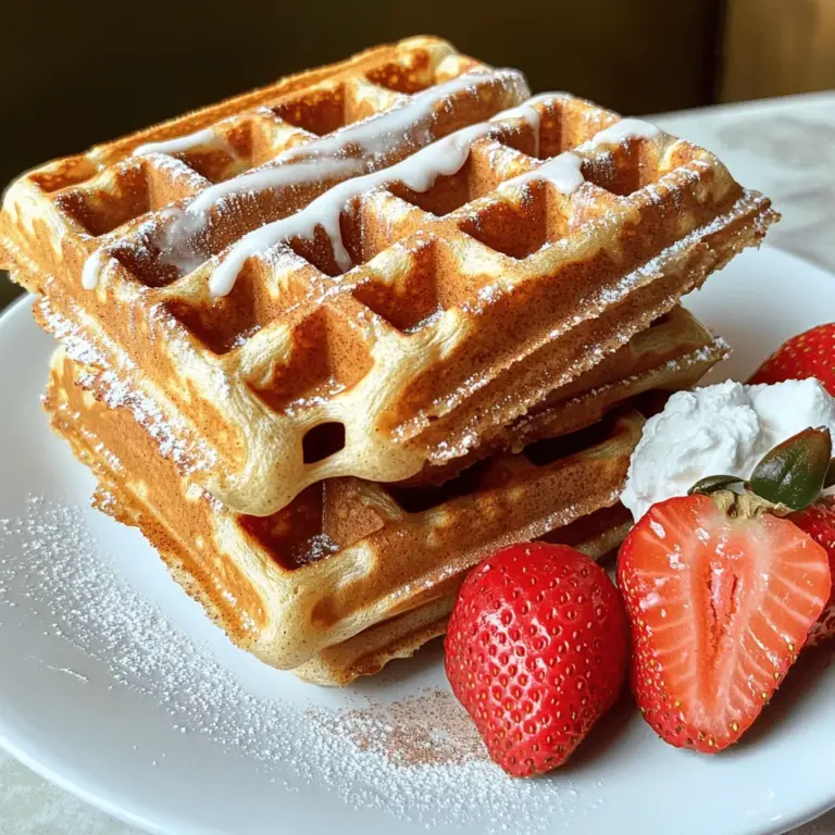 Um köstliche Zimt-Rollen-Waffeln zu machen, benötigen Sie folgende Hauptzutaten: - 2 Tassen Weizenmehl - 1 Esslöffel Backpulver - 1/2 Teelöffel Salz - 1 Esslöffel gemahlener Zimt - 1/4 Tasse Kristallzucker - 1 Tasse Milch - 1/3 Tasse Pflanzenöl - 2 große Eier Diese Zutaten sind einfach zu finden. Das Weizenmehl gibt den Waffeln die perfekte Struktur. Backpulver sorgt für die richtige Lockerheit. Zimt und Kristallzucker bringen den süßen, würzigen Geschmack, den wir lieben. Die Milch macht den Teig schön weich, während das Pflanzenöl für die feuchte Textur sorgt. Eier helfen, alles gut zu verbinden. Für die süße Füllung und den Guss brauchen Sie: - 3/4 Tasse brauner Zucker, fest verpackt - 1/2 Tasse ungesalzene Butter, weich - 1/3 Tasse Puderzucker - 1 Esslöffel Vanilleextrakt - 1-2 Esslöffel Milch Die Zimtfüllung bringt den besonderen Geschmack in die Waffeln. Brauner Zucker sorgt für eine tiefe Süße und karamellartige Note. Weiche Butter macht die Füllung cremig. Der Puderzucker ist für den Guss, der die Waffeln verziert. Vanilleextrakt fügt einen tollen Aroma hinzu. Milch hilft, den Guss schön flüssig zu machen. Für das gesamte Rezept schauen Sie sich die [Full Recipe] an. - Heizen Sie das Waffeleisen vor. - Leicht einfetten mit Kochspray. Zuerst müssen wir das Waffeleisen aufheizen. Es sollte heiß sein, wenn wir den Teig hineinfüllen. Ein wenig Kochspray hilft, dass die Waffeln nicht kleben bleiben. - Mischen der trockenen Zutaten. - Kombination der nassen Zutaten. In einer großen Schüssel mischen Sie die trockenen Zutaten. Das sind Weizenmehl, Backpulver, Salz, Zimt und Kristallzucker. Rühren Sie alles gut um, bis es gleichmäßig verteilt ist. In einer anderen Schüssel kombinieren Sie die nassen Zutaten. Dazu gehören Milch, Pflanzenöl und Eier. Rühren Sie die Mischung, bis sie glatt ist. Gießen Sie dann die nassen Zutaten in die Schüssel mit den trockenen Zutaten. Mischen Sie alles vorsichtig, bis es gerade so verbunden ist. Seien Sie vorsichtig, nicht zu viel zu rühren. - Einfüllen des Waffelteigs und der Zimtfüllung. - Backen und Herausnehmen der Waffeln. Jetzt kommt der Spaß! Füllen Sie etwa 1/4 des Waffelteigs in die Mitte des Waffeleisens. Nehmen Sie die Zimtfüllung und geben Sie etwa 2 Esslöffel darauf. Wenn Sie möchten, können Sie mit einem Zahnstocher leicht in den Teig swirlen. Schließen Sie das Waffeleisen und backen Sie die Waffeln für etwa 4-5 Minuten. Sie sollten goldbraun sein. Entfernen Sie sie vorsichtig und halten Sie sie warm. Wiederholen Sie diesen Schritt mit dem restlichen Teig und der Füllung. So einfach ist es! Für das vollständige Rezept schauen Sie sich die Anleitung unter dem Punkt "Vollständiges Rezept" an. Um die besten Zimt-Rollen-Waffeln zu machen, ist es wichtig, den Teig nicht zu übermischen. Übermischung kann die Waffeln zäh machen. Rühren Sie die nassen und trockenen Zutaten nur so lange, bis sie gerade vermischt sind. Ein paar Klumpen sind okay! Das richtige Backen im Waffeleisen ist der Schlüssel. Heizen Sie das Waffeleisen gut vor. Dies hilft den Waffeln, gleichmäßig zu garen und knusprig zu werden. Stellen Sie sicher, dass das Waffeleisen leicht gefettet ist, damit die Waffeln nicht kleben bleiben. Die Präsentation Ihrer Waffeln kann das Essen noch besser machen. Stapeln Sie zwei oder drei Waffeln auf einem Teller. Beträufeln Sie sie mit dem Guss, den Sie gemacht haben. Ein leichtes Bestäuben mit Zimt und Puderzucker gibt einen schönen Look. Für zusätzlichen Genuss können Sie frische Früchte wie Erdbeeren oder Bananen hinzufügen. Schlagsahne macht die Waffeln noch köstlicher. Diese Kombination sieht nicht nur gut aus, sondern schmeckt auch fantastisch! {{image_4}} Sie können Zimt-Rollen-Waffeln noch besser machen. Fügen Sie Nüsse, Schokoladensplitter oder Rosinen hinzu. Diese Zutaten geben den Waffeln mehr Textur und Geschmack. Sie können auch verschiedene Aromen im Guss ausprobieren. Vanille oder Karamell passen gut dazu und bringen neue Geschmäcker hervor. Seien Sie kreativ und finden Sie die Mischung, die Ihnen am besten gefällt! Wenn Sie glutenfrei essen möchten, gibt es einfache Lösungen. Verwenden Sie glutenfreies Mehl, um den Teig zu machen. Achten Sie darauf, dass alle anderen Zutaten ebenfalls glutenfrei sind. So können Sie die leckeren Zimt-Rollen-Waffeln genießen, ohne Kompromisse einzugehen. Diese Anpassungen machen es möglich, dass jeder die Waffeln lieben kann, egal welche Diät er hat. Um die Waffeln frisch zu halten, lege sie in einen luftdichten Behälter. So bleiben sie weich. Stelle den Behälter in den Kühlschrank. Dort halten sie bis zu drei Tage. Wenn du mehr Waffeln hast, kannst du sie auch einfrieren. Wickele sie einzeln in Frischhaltefolie. Lege die eingewickelten Waffeln in einen Gefrierbeutel. So bleiben sie bis zu drei Monate gut. Für die Aufwärmung gibt es zwei einfache Methoden. Du kannst einen Toaster oder den Ofen verwenden. Im Toaster platziere die Waffe für ein paar Minuten. Achte darauf, dass sie nicht verbrennen. Wenn du den Ofen benutzt, heize ihn auf 180 Grad Celsius vor. Lege die Waffeln auf ein Blech und erwärme sie für fünf bis zehn Minuten. Um die Konsistenz zu halten, kannst du ein feuchtes Küchentuch über die Waffeln legen. So bleiben sie feucht und lecker. Probiere diese Tipps aus, um deine Zimt-Rollen-Waffeln perfekt wiederzubeleben! Zimt-Rollen-Waffeln bleiben frisch im Kühlschrank für etwa drei bis fünf Tage. Lagern Sie sie in einem luftdichten Behälter. So vermeiden Sie, dass sie trocken werden. Wenn Sie die Waffeln länger aufbewahren möchten, frieren Sie sie ein. Das hält sie bis zu drei Monate frisch. Ja, Sie können die Waffeln vorbereiten und später backen. Mischen Sie den Teig und die Zimtfüllung im Voraus. Bewahren Sie beides im Kühlschrank auf. Wenn Sie bereit sind zu backen, nehmen Sie den Teig heraus und lassen Sie ihn etwas stehen. Das hilft, die Waffeln fluffiger zu machen. Zimt-Rollen-Waffeln sind in vielen Cafés und Frühstückslokalen beliebt. Suchen Sie nach Orten, die sich auf Frühstück spezialisiert haben. Oft bieten sie kreative Waffelgerichte an. In größeren Städten gibt es oft auch süße Waffel-Läden, die diese Leckerei servieren. Zimt-Rollen-Waffeln sind einfach und lecker. Wir haben die Hauptzutaten, die Zubereitung und Tipps besprochen. Das richtige Waffeleisen und die passenden Zutaten machen einen großen Unterschied. Variationen wie Nüsse oder glutenfreie Optionen steigern den Genuss. Mit den richtigen Lager- und Wiederaufwärmmethoden bleiben die Waffeln frisch. Experimentieren Sie und genießen Sie dieses köstliche Gericht!
