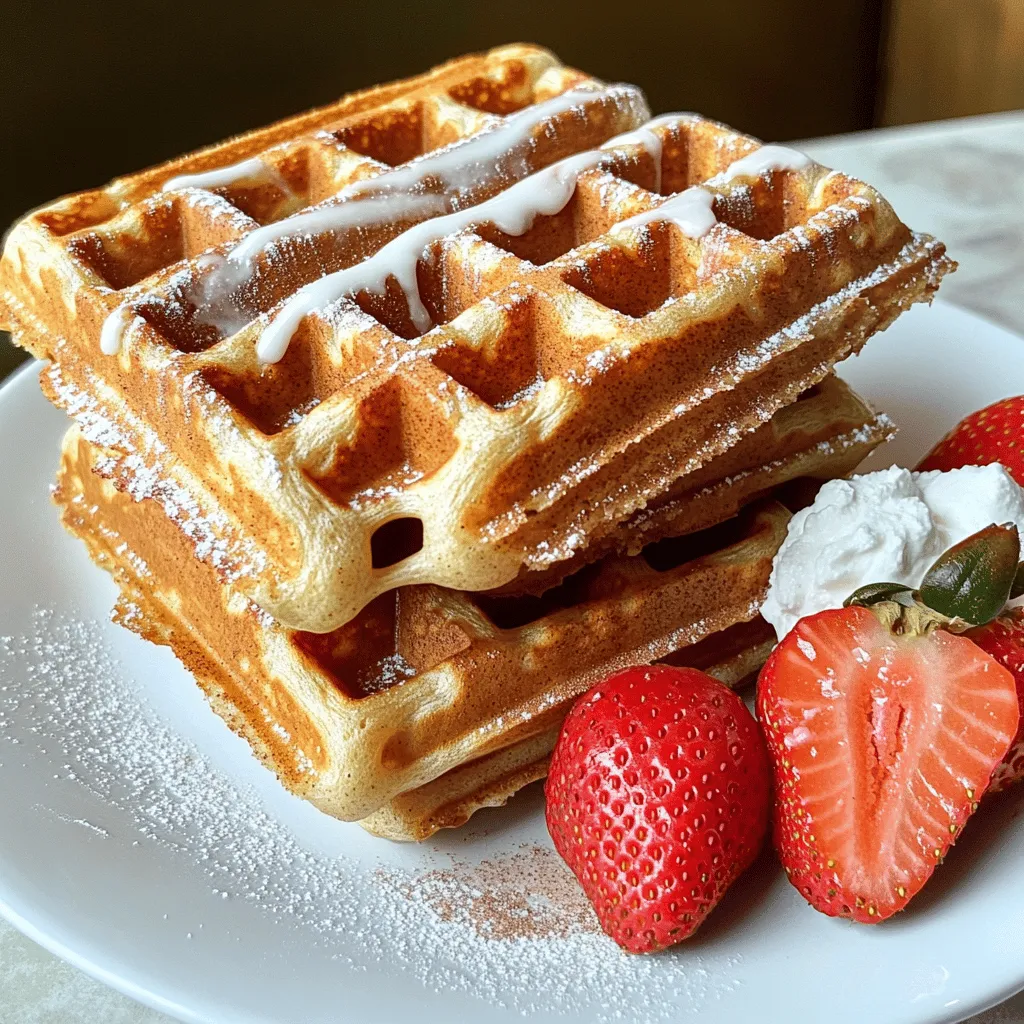 Um köstliche Zimt-Rollen-Waffeln zu machen, benötigen Sie folgende Hauptzutaten: - 2 Tassen Weizenmehl - 1 Esslöffel Backpulver - 1/2 Teelöffel Salz - 1 Esslöffel gemahlener Zimt - 1/4 Tasse Kristallzucker - 1 Tasse Milch - 1/3 Tasse Pflanzenöl - 2 große Eier Diese Zutaten sind einfach zu finden. Das Weizenmehl gibt den Waffeln die perfekte Struktur. Backpulver sorgt für die richtige Lockerheit. Zimt und Kristallzucker bringen den süßen, würzigen Geschmack, den wir lieben. Die Milch macht den Teig schön weich, während das Pflanzenöl für die feuchte Textur sorgt. Eier helfen, alles gut zu verbinden. Für die süße Füllung und den Guss brauchen Sie: - 3/4 Tasse brauner Zucker, fest verpackt - 1/2 Tasse ungesalzene Butter, weich - 1/3 Tasse Puderzucker - 1 Esslöffel Vanilleextrakt - 1-2 Esslöffel Milch Die Zimtfüllung bringt den besonderen Geschmack in die Waffeln. Brauner Zucker sorgt für eine tiefe Süße und karamellartige Note. Weiche Butter macht die Füllung cremig. Der Puderzucker ist für den Guss, der die Waffeln verziert. Vanilleextrakt fügt einen tollen Aroma hinzu. Milch hilft, den Guss schön flüssig zu machen. Für das gesamte Rezept schauen Sie sich die [Full Recipe] an. - Heizen Sie das Waffeleisen vor. - Leicht einfetten mit Kochspray. Zuerst müssen wir das Waffeleisen aufheizen. Es sollte heiß sein, wenn wir den Teig hineinfüllen. Ein wenig Kochspray hilft, dass die Waffeln nicht kleben bleiben. - Mischen der trockenen Zutaten. - Kombination der nassen Zutaten. In einer großen Schüssel mischen Sie die trockenen Zutaten. Das sind Weizenmehl, Backpulver, Salz, Zimt und Kristallzucker. Rühren Sie alles gut um, bis es gleichmäßig verteilt ist. In einer anderen Schüssel kombinieren Sie die nassen Zutaten. Dazu gehören Milch, Pflanzenöl und Eier. Rühren Sie die Mischung, bis sie glatt ist. Gießen Sie dann die nassen Zutaten in die Schüssel mit den trockenen Zutaten. Mischen Sie alles vorsichtig, bis es gerade so verbunden ist. Seien Sie vorsichtig, nicht zu viel zu rühren. - Einfüllen des Waffelteigs und der Zimtfüllung. - Backen und Herausnehmen der Waffeln. Jetzt kommt der Spaß! Füllen Sie etwa 1/4 des Waffelteigs in die Mitte des Waffeleisens. Nehmen Sie die Zimtfüllung und geben Sie etwa 2 Esslöffel darauf. Wenn Sie möchten, können Sie mit einem Zahnstocher leicht in den Teig swirlen. Schließen Sie das Waffeleisen und backen Sie die Waffeln für etwa 4-5 Minuten. Sie sollten goldbraun sein. Entfernen Sie sie vorsichtig und halten Sie sie warm. Wiederholen Sie diesen Schritt mit dem restlichen Teig und der Füllung. So einfach ist es! Für das vollständige Rezept schauen Sie sich die Anleitung unter dem Punkt "Vollständiges Rezept" an. Um die besten Zimt-Rollen-Waffeln zu machen, ist es wichtig, den Teig nicht zu übermischen. Übermischung kann die Waffeln zäh machen. Rühren Sie die nassen und trockenen Zutaten nur so lange, bis sie gerade vermischt sind. Ein paar Klumpen sind okay! Das richtige Backen im Waffeleisen ist der Schlüssel. Heizen Sie das Waffeleisen gut vor. Dies hilft den Waffeln, gleichmäßig zu garen und knusprig zu werden. Stellen Sie sicher, dass das Waffeleisen leicht gefettet ist, damit die Waffeln nicht kleben bleiben. Die Präsentation Ihrer Waffeln kann das Essen noch besser machen. Stapeln Sie zwei oder drei Waffeln auf einem Teller. Beträufeln Sie sie mit dem Guss, den Sie gemacht haben. Ein leichtes Bestäuben mit Zimt und Puderzucker gibt einen schönen Look. Für zusätzlichen Genuss können Sie frische Früchte wie Erdbeeren oder Bananen hinzufügen. Schlagsahne macht die Waffeln noch köstlicher. Diese Kombination sieht nicht nur gut aus, sondern schmeckt auch fantastisch! {{image_4}} Sie können Zimt-Rollen-Waffeln noch besser machen. Fügen Sie Nüsse, Schokoladensplitter oder Rosinen hinzu. Diese Zutaten geben den Waffeln mehr Textur und Geschmack. Sie können auch verschiedene Aromen im Guss ausprobieren. Vanille oder Karamell passen gut dazu und bringen neue Geschmäcker hervor. Seien Sie kreativ und finden Sie die Mischung, die Ihnen am besten gefällt! Wenn Sie glutenfrei essen möchten, gibt es einfache Lösungen. Verwenden Sie glutenfreies Mehl, um den Teig zu machen. Achten Sie darauf, dass alle anderen Zutaten ebenfalls glutenfrei sind. So können Sie die leckeren Zimt-Rollen-Waffeln genießen, ohne Kompromisse einzugehen. Diese Anpassungen machen es möglich, dass jeder die Waffeln lieben kann, egal welche Diät er hat. Um die Waffeln frisch zu halten, lege sie in einen luftdichten Behälter. So bleiben sie weich. Stelle den Behälter in den Kühlschrank. Dort halten sie bis zu drei Tage. Wenn du mehr Waffeln hast, kannst du sie auch einfrieren. Wickele sie einzeln in Frischhaltefolie. Lege die eingewickelten Waffeln in einen Gefrierbeutel. So bleiben sie bis zu drei Monate gut. Für die Aufwärmung gibt es zwei einfache Methoden. Du kannst einen Toaster oder den Ofen verwenden. Im Toaster platziere die Waffe für ein paar Minuten. Achte darauf, dass sie nicht verbrennen. Wenn du den Ofen benutzt, heize ihn auf 180 Grad Celsius vor. Lege die Waffeln auf ein Blech und erwärme sie für fünf bis zehn Minuten. Um die Konsistenz zu halten, kannst du ein feuchtes Küchentuch über die Waffeln legen. So bleiben sie feucht und lecker. Probiere diese Tipps aus, um deine Zimt-Rollen-Waffeln perfekt wiederzubeleben! Zimt-Rollen-Waffeln bleiben frisch im Kühlschrank für etwa drei bis fünf Tage. Lagern Sie sie in einem luftdichten Behälter. So vermeiden Sie, dass sie trocken werden. Wenn Sie die Waffeln länger aufbewahren möchten, frieren Sie sie ein. Das hält sie bis zu drei Monate frisch. Ja, Sie können die Waffeln vorbereiten und später backen. Mischen Sie den Teig und die Zimtfüllung im Voraus. Bewahren Sie beides im Kühlschrank auf. Wenn Sie bereit sind zu backen, nehmen Sie den Teig heraus und lassen Sie ihn etwas stehen. Das hilft, die Waffeln fluffiger zu machen. Zimt-Rollen-Waffeln sind in vielen Cafés und Frühstückslokalen beliebt. Suchen Sie nach Orten, die sich auf Frühstück spezialisiert haben. Oft bieten sie kreative Waffelgerichte an. In größeren Städten gibt es oft auch süße Waffel-Läden, die diese Leckerei servieren. Zimt-Rollen-Waffeln sind einfach und lecker. Wir haben die Hauptzutaten, die Zubereitung und Tipps besprochen. Das richtige Waffeleisen und die passenden Zutaten machen einen großen Unterschied. Variationen wie Nüsse oder glutenfreie Optionen steigern den Genuss. Mit den richtigen Lager- und Wiederaufwärmmethoden bleiben die Waffeln frisch. Experimentieren Sie und genießen Sie dieses köstliche Gericht!