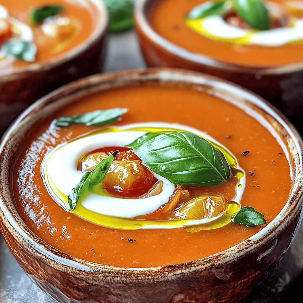 Für die einfache geröstete Tomatensuppe benötigst du einige frische Zutaten. Hier sind die Hauptzutaten: - 900 g reife Tomaten, halbiert - 1 mittelgroße Zwiebel, geviertelt - 4 Knoblauchzehen, geschält - 1 Liter Gemüsebrühe Diese Zutaten sind die Basis. Reife Tomaten geben der Suppe einen tollen Geschmack. Zwiebeln und Knoblauch fügen Tiefe hinzu. Gemüsebrühe sorgt für Flüssigkeit und Geschmack. Die Gewürze machen die Suppe besonders. Du brauchst: - 2 Esslöffel Olivenöl - 1 Teelöffel getrockneter Basilikum - 1 Teelöffel getrockneter Oregano - 1 Teelöffel Zucker (zum Ausbalancieren der Säure) - Salz und Pfeffer nach Geschmack Olivenöl hilft, die Aromen zu verbinden. Basilikum und Oregano bringen Kräutergeschmack. Zucker balanciert die Säure der Tomaten und macht sie süßer. Salz und Pfeffer kannst du nach deinem Geschmack hinzufügen. Für noch mehr Geschmack kannst du folgende Zutaten verwenden: - 120 ml Sahne (optional für cremigen Geschmack) - Frische Basilikumblätter zur Garnitur Die Sahne macht die Suppe cremiger. Frische Basilikumblätter sind eine schöne Garnitur und verleihen einen frischen Geschmack. Zusammen ergeben diese Zutaten eine köstliche Tomatensuppe, die einfach zuzubereiten ist. Du kannst das vollständige Rezept [hier](#) finden. Heizen Sie Ihren Ofen auf 200 °C vor. Diese Temperatur hilft, die Aromen zu intensivieren. Nehmen Sie nun 900 g reife Tomaten und halbieren Sie sie. Schneiden Sie auch eine mittelgroße Zwiebel in Viertel. Fügen Sie vier geschälte Knoblauchzehen hinzu. Diese drei Zutaten bilden die Basis für den Geschmack. Verteilen Sie das Gemüse gleichmäßig auf einem großen Backblech. Es ist wichtig, dass sie nicht übereinander liegen. Dies stellt sicher, dass sie gleichmäßig rösten. Beträufeln Sie das Gemüse mit zwei Esslöffeln Olivenöl. Olivenöl bringt eine schöne Tiefe in den Geschmack. Streuen Sie einen Teelöffel getrockneten Basilikum und Oregano darüber. Diese Kräuter verleihen der Suppe ein würziges Aroma. Fügen Sie auch einen Teelöffel Zucker hinzu. Der Zucker hilft, die Säure der Tomaten auszugleichen. Würzen Sie das Ganze mit Salz und Pfeffer nach Geschmack. Vermengen Sie alles gut, damit das Gemüse gleichmäßig mit Öl und Gewürzen bedeckt ist. Rösten Sie das Gemüse für 25 bis 30 Minuten. Es ist fertig, wenn die Tomaten karamellisiert und das Gemüse zart ist. Nehmen Sie das Backblech aus dem Ofen und lassen Sie es kurz abkühlen. Geben Sie die gerösteten Gemüse in einen großen Topf. Fügen Sie einen Liter Gemüsebrühe hinzu. Die Brühe gibt der Suppe mehr Geschmack und macht sie flüssiger. Nutzen Sie einen Stabmixer, um die Mischung zu pürieren. Pürieren Sie die Mischung, bis sie ganz glatt ist. Sie können auch einen Standmixer verwenden, wenn Sie das möchten. Achten Sie darauf, in kleinen Portionen zu arbeiten, um ein Überlaufen zu vermeiden. Falls gewünscht, rühren Sie 120 ml Sahne ein. Die Sahne verleiht der Suppe eine cremige Textur. Erhitzen Sie die Suppe bei niedriger Temperatur, bis sie warm ist. Achten Sie darauf, dass die Suppe nicht kocht. Probieren Sie die Suppe und passen Sie die Würze mit zusätzlichem Salz und Pfeffer an. Diese letzte Anpassung macht einen großen Unterschied. Servieren Sie die Suppe heiß. Garnieren Sie sie mit frischen Basilikumblättern für einen schönen Farbkontrast. Diese einfache geröstete Tomatensuppe ist perfekt für kalte Tage. Sie können das vollständige Rezept für mehr Details finden. Um die beste Karamellisierung zu erreichen, achte auf die Temperatur. Ein heißer Ofen ist wichtig. Röste das Gemüse bei 200 °C. So bekommt es eine schöne, goldene Farbe. Setze die Tomaten, Zwiebeln und Knoblauch gleichmäßig auf das Blech. Zu viel Platz zwischen den Zutaten kann Dampf erzeugen. Das verhindert die Karamellisierung. Stelle sicher, dass die Tomaten die Hautseite nach oben zeigen. Das hilft, den Saft zu behalten und die Aromen zu konzentrieren. Du kannst die Gewürze ganz nach deinem Geschmack anpassen. Füge mehr getrockneten Basilikum oder Oregano hinzu, wenn du es würziger magst. Für eine scharfe Note, probiere etwas rote Paprikaflocken oder Cayennepfeffer. Wenn du die Süße lieben, kannst du mehr Zucker hinzufügen. Achte darauf, die Gewürze schrittweise zu erhöhen. So kannst du den besten Geschmack erzielen. Verliere nicht den Überblick, koste die Suppe, während du sie würzt. Um die Zubereitung zu erleichtern, nutze einen großen Backblech. Ein Stabmixer ist ideal, um die Suppe zu pürieren. Er ist einfach zu handhaben und reinigt sich leicht. Ein hochwertiger Standmixer ist auch gut, aber arbeite in kleinen Portionen. Verwende eine große Schüssel zum Mischen der Zutaten. So bekommst du alles gleichmäßig verteilt. Ein gutes Messer hilft beim Schneiden von Gemüse. So sparst du Zeit und Mühe. Für das vollständige Rezept, schau dir den Abschnitt "Einfache geröstete Tomatensuppe" an. {{image_4}} Wenn Sie eine vegane Option wünschen, lassen Sie einfach die Sahne weg. Die Suppe bleibt lecker und cremig. Sie können auch Kokosmilch hinzufügen. Das gibt einen tollen Geschmack und eine samtige Konsistenz. Um mehr Fülle zu erreichen, fügen Sie eine Dose Kichererbsen oder Linsen hinzu. Diese Zutaten machen die Suppe sättigender. Sie können auch geröstete Paprika oder Karotten hinzufügen. Diese geben einen süßen, reichen Geschmack. Servieren Sie die Suppe mit knusprigem Brot oder Croutons. Diese sorgen für einen schönen Crunch. Sie können auch geröstete Nüsse oder Samen darüber streuen. Das gibt der Suppe eine interessante Textur. Falls Sie etwas Frisches möchten, probieren Sie frische Kräuter. Diese bringen Farbe und Aroma in die Schüssel. Für das vollständige Rezept, schauen Sie sich die komplette Anleitung zur einfachen gerösteten Tomatensuppe an. Sobald die Suppe fertig ist, lasse sie auf Raumtemperatur abkühlen. Das verhindert, dass sich Bakterien bilden. Verwende dann einen luftdichten Behälter. Fülle die Suppe hinein und schließe den Deckel gut. So bleibt der Geschmack frisch. Im Kühlschrank bleibt die Suppe etwa 3 bis 5 Tage haltbar. Wenn du sie länger aufbewahren möchtest, friere sie ein. In einem gefrierfesten Behälter kann die Suppe bis zu 3 Monate halten. Achte darauf, etwas Platz zu lassen. Die Suppe dehnt sich beim Gefrieren aus. Um die Suppe wieder zu erwärmen, stelle sie auf den Herd oder in die Mikrowelle. Wenn du sie erhitzt, rühre gut um. So verteilt sich die Hitze gleichmäßig. Achte darauf, dass die Suppe richtig heiß ist. Du kannst auch frische Kräuter hinzufügen, um den Geschmack aufzufrischen. Die Suppe hält sich bis zu fünf Tage im Kühlschrank. Achten Sie darauf, sie in einem luftdichten Behälter zu lagern. So bleibt der Geschmack frisch. Wenn Sie die Suppe länger aufbewahren möchten, können Sie sie auch einfrieren. Achten Sie dann darauf, sie in Portionen zu verpacken. So können Sie sie leicht auftauen, wenn Sie Lust auf eine schnelle Mahlzeit haben. Ja, Sie können frische Tomaten verwenden! Jedoch sind reife Tomaten süßer und aromatischer. Sie geben der Suppe mehr Geschmack. Wenn Sie frische Tomaten nehmen, wählen Sie die saftigsten aus. Das hilft, den vollen Geschmack zu erreichen. Die Röstzeit bleibt gleich, egal welche Tomaten Sie nutzen. Ja, die Suppe ist leicht und gesund. Sie enthält frisches Gemüse und wenig Fett. Wenn Sie die Sahne weglassen, wird sie noch kalorienärmer. Die Suppe ist auch vegan, wenn Sie die Sahne nicht hinzufügen. So passt sie gut in viele Diäten. Wenn Sie auf Salz achten, können Sie die Menge reduzieren. Für das vollständige Rezept schauen Sie sich die [Full Recipe] an. Diese Suppe kombiniert frische Zutaten, tolle Gewürze und einfache Zubereitung. Du hast gelernt, wie man Gemüse richtig röstet und püriert, um besten Geschmack zu erzielen. Unsere Tipps helfen dir, die Konsistenz und Aromen anzupassen. Variiere die Rezepte, um deinen Bedürfnissen gerecht zu werden, und beachte die Lagerung für lange Haltbarkeit. Probiere diese Schritte aus, um deine eigene perfekte Suppe zu machen. Schmecke die Freude und teile sie mit anderen!