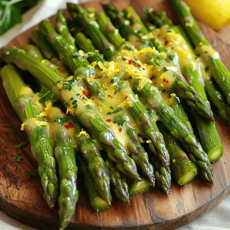 Für dieses einfache Rezept benötigen Sie frische und leckere Zutaten: - 450 g frischer Spargel, die Enden gekürzt - 3 Esslöffel ungesalzene Butter - 2 Esslöffel frischer Zitronensaft - Schale von 1 Zitrone - 2 Knoblauchzehen, fein gehackt Diese Zutaten bilden die Grundlage für den Geschmack. Frischer Spargel bringt eine knackige Textur. Die Butter sorgt für eine reichhaltige Basis. Zitronensaft und -schale geben das frische Aroma. Knoblauch fügt eine schöne Würze hinzu. Zusätzlich benötigen Sie: - 1/4 Teelöffel rote Pfefferflocken (nach Belieben) - Salz und Pfeffer nach Geschmack - 1 Esslöffel frische Petersilie, gehackt (zur Garnierung) Die roten Pfefferflocken geben einen leichten Kick. Salz und Pfeffer runden den Geschmack ab. Die Petersilie bringt Farbe und frische. Diese kleinen Extras machen den Spargel besonders. Zitronenbutter-Spargel hat viele Vorteile. Er ist kalorienarm und reich an Vitaminen. Spargel ist eine gute Quelle für Folsäure und Vitamin K. Er unterstützt die Verdauung und stärkt das Immunsystem. Die Butter fügt gesunde Fette hinzu, die wichtig sind. Zitronensaft ist reich an Vitamin C. Diese Kombination macht das Gericht nicht nur lecker, sondern auch gesund. Für mehr Details und die vollständige Zubereitung schauen Sie sich das Rezept an: [Full Recipe]. Zuerst müssen wir den Spargel vorbereiten. Nehmen Sie 450 g frischen Spargel. Kürzen Sie die Enden. So entfernen Sie die harten Teile. Spülen Sie den Spargel unter kaltem Wasser ab. Dies entfernt Schmutz und Sand. Legen Sie ihn dann auf ein Küchenhandtuch, um ihn zu trocknen. Jetzt kommt der Spaß! Füllen Sie einen großen Topf mit Wasser und fügen Sie Salz hinzu. Bringen Sie das Wasser zum Kochen. Wenn das Wasser kocht, geben Sie den Spargel vorsichtig hinein. Blanchieren Sie den Spargel für 3-4 Minuten. Er sollte leuchtend grün und zart-knackig sein. Bereiten Sie eine Schüssel mit Eiswasser vor. Nach dem Blanchieren den Spargel ins Eiswasser legen. Das stoppt den Garprozess und erhält die Farbe. Während der Spargel abkühlt, machen wir die Zitronenbuttersauce. Nehmen Sie eine große Pfanne und schmelzen Sie 3 Esslöffel ungesalzene Butter bei mittlerer Hitze. Fügen Sie 2 fein gehackte Knoblauchzehen hinzu. Sautieren Sie den Knoblauch für etwa 1 Minute. Er sollte aromatisch sein, aber nicht braun werden. Rühren Sie dann 2 Esslöffel frischen Zitronensaft und die Schale von 1 Zitrone ein. Wenn Sie mögen, fügen Sie 1/4 Teelöffel rote Pfefferflocken hinzu. Lassen Sie die Mischung 2 Minuten köcheln. Jetzt kombinieren wir alles! Geben Sie den blanchierten Spargel in die Pfanne. Würzen Sie ihn mit Salz und Pfeffer. Mischen Sie alles vorsichtig. Lassen Sie den Spargel für weitere 3-4 Minuten erhitzen. Dann nehmen Sie die Pfanne vom Herd. Übertragen Sie den Spargel auf eine Servierplatte. Garnieren Sie ihn mit 1 Esslöffel frischer, gehackter Petersilie. Jetzt ist Ihr Zitronenbutter-Spargel bereit zum Genießen! Schauen Sie sich das [Full Recipe] an für mehr Details. Die richtige Blanchierzeit ist wichtig. Ich empfehle, den Spargel nur 3-4 Minuten in kochendem Wasser zu lassen. Er sollte leuchtend grün werden und knackig bleiben. Wenn Sie ihn zu lange blanchieren, wird er matschig. Ein Eisbad hilft, die Farbe zu bewahren. Der Geschmack ist entscheidend. Sie können die Gewürze anpassen, um Ihren Vorlieben gerecht zu werden. Zum Beispiel, wenn Sie es schärfer mögen, fügen Sie mehr rote Pfefferflocken hinzu. Alternativ können Sie frische Kräuter wie Thymian oder Basilikum verwenden, um neue Aromen zu entdecken. Seien Sie kreativ! Ein häufiger Fehler ist, den Spargel nicht genug zu salzen. Das Wasser sollte gut gesalzen sein, damit der Spargel Geschmack annimmt. Ein weiterer Fehler ist, die Butter zu lange zu erhitzen. Sie sollte nur schmelzen und nicht bräunen. Achten Sie darauf, die Zitronenschale erst am Ende hinzuzufügen, um den frischen Geschmack zu bewahren. {{image_4}} Um dieses Rezept vegan zu machen, können Sie die Butter ersetzen. Verwenden Sie einfach pflanzliche Margarine oder Kokosöl. Beide geben einen leckeren Geschmack. Fügen Sie etwas mehr Zitronensaft hinzu, um die Frische zu betonen. So bleibt der Geschmack der Zitronenbuttersauce erhalten. Spargel ist toll, aber Sie können auch andere Gemüse verwenden. Brokkoli, grüne Bohnen oder Zucchini passen gut dazu. Blanchieren Sie sie einfach wie den Spargel. Diese Gemüse bringen zusätzliche Farbe und Nährstoffe. Sie können auch Quinoa oder Reis als Beilage servieren. Diese machen das Gericht noch sättigender. Wagen Sie neue Geschmäcker! Fügen Sie Kräuter wie Thymian oder Basilikum hinzu. Sie bringen frische Aromen. Für einen scharfen Kick können Sie mehr rote Pfefferflocken verwenden. Oder probieren Sie geröstete Nüsse für einen crunchigen Effekt. Diese Variationen machen das Gericht spannend und neu. Für das vollständige Rezept besuchen Sie den Abschnitt [Full Recipe]. Wenn Sie Reste von Zitronenbutter-Spargel haben, ist die Lagerung einfach. Verwenden Sie einen luftdichten Behälter. Legen Sie den Spargel hinein, wenn er vollständig abgekühlt ist. So bleibt er frisch. Sie können ihn auch in Alufolie einwickeln. Dies hilft, den Geschmack zu bewahren. Übrig gebliebener Spargel ist sehr vielseitig. Sie können ihn in einem Salat verwenden. Schneiden Sie ihn klein und mischen Sie ihn mit frischem Gemüse. Auch in Omeletts macht sich Spargel gut. Er passt perfekt zu Rührei oder Quiche. Ein weiteres tolles Rezept ist Spargel-Pasta. Fügen Sie einfach etwas Olivenöl und Parmesan hinzu. Im Kühlschrank hält sich der Spargel etwa 3 bis 5 Tage. Achten Sie darauf, ihn stets gut verpackt zu lagern. Wenn er weich oder welk wird, ist es Zeit, ihn wegzuwerfen. Für längere Lagerung können Sie den Spargel auch einfrieren. Blanchieren Sie ihn vorher und legen Sie ihn in einen gefrierfesten Behälter. So bleibt er bis zu 6 Monate frisch. Der Spargel lässt sich gut im Kühlschrank aufbewahren. Sie können ihn bis zu drei Tage lagern. Wickeln Sie ihn in ein feuchtes Tuch oder legen Sie ihn in einen Behälter mit Wasser. So bleibt er frisch. Denken Sie daran, dass die Textur nach ein paar Tagen weich werden kann. Ja, gefrorener Spargel ist eine gute Option. Er kommt oft vor dem Einfrieren blanchiert. Das bedeutet, er ist schon fast gar. Kochen Sie ihn einfach für ein paar Minuten in der Zitronenbuttersauce. So sparen Sie Zeit und erhalten trotzdem tollen Geschmack. Wenn Sie keine Zitronenbutter haben, probieren Sie Olivenöl oder normale Butter. Sie können auch Kräuterbutter verwenden, um einen anderen Geschmack zu erzielen. Experimentieren Sie mit verschiedenen Zitrusfrüchten wie Limetten oder Orangen für einen neuen Twist. Zitronenbutter-Spargel ist einfach und lecker. Wir haben die Zutaten, die Zubereitung und wertvolle Tipps betrachtet. Beachten Sie die Blanchierzeit und Gewürze für besten Geschmack. Variationen bieten kreative Wege, das Gericht zu verbessern. Reste können Sie gut lagern und neu verwenden. Mit diesem Wissen gelingt Ihnen das Gericht sicher. Genießen Sie jeden Biss und experimentieren Sie mit verschiedenen Varianten. Kochen macht Spaß und mit diesem Rezept wird es einfach!