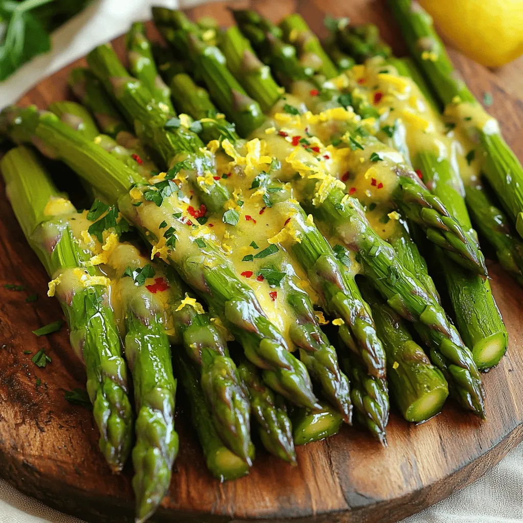 Für dieses einfache Rezept benötigen Sie frische und leckere Zutaten: - 450 g frischer Spargel, die Enden gekürzt - 3 Esslöffel ungesalzene Butter - 2 Esslöffel frischer Zitronensaft - Schale von 1 Zitrone - 2 Knoblauchzehen, fein gehackt Diese Zutaten bilden die Grundlage für den Geschmack. Frischer Spargel bringt eine knackige Textur. Die Butter sorgt für eine reichhaltige Basis. Zitronensaft und -schale geben das frische Aroma. Knoblauch fügt eine schöne Würze hinzu. Zusätzlich benötigen Sie: - 1/4 Teelöffel rote Pfefferflocken (nach Belieben) - Salz und Pfeffer nach Geschmack - 1 Esslöffel frische Petersilie, gehackt (zur Garnierung) Die roten Pfefferflocken geben einen leichten Kick. Salz und Pfeffer runden den Geschmack ab. Die Petersilie bringt Farbe und frische. Diese kleinen Extras machen den Spargel besonders. Zitronenbutter-Spargel hat viele Vorteile. Er ist kalorienarm und reich an Vitaminen. Spargel ist eine gute Quelle für Folsäure und Vitamin K. Er unterstützt die Verdauung und stärkt das Immunsystem. Die Butter fügt gesunde Fette hinzu, die wichtig sind. Zitronensaft ist reich an Vitamin C. Diese Kombination macht das Gericht nicht nur lecker, sondern auch gesund. Für mehr Details und die vollständige Zubereitung schauen Sie sich das Rezept an: [Full Recipe]. Zuerst müssen wir den Spargel vorbereiten. Nehmen Sie 450 g frischen Spargel. Kürzen Sie die Enden. So entfernen Sie die harten Teile. Spülen Sie den Spargel unter kaltem Wasser ab. Dies entfernt Schmutz und Sand. Legen Sie ihn dann auf ein Küchenhandtuch, um ihn zu trocknen. Jetzt kommt der Spaß! Füllen Sie einen großen Topf mit Wasser und fügen Sie Salz hinzu. Bringen Sie das Wasser zum Kochen. Wenn das Wasser kocht, geben Sie den Spargel vorsichtig hinein. Blanchieren Sie den Spargel für 3-4 Minuten. Er sollte leuchtend grün und zart-knackig sein. Bereiten Sie eine Schüssel mit Eiswasser vor. Nach dem Blanchieren den Spargel ins Eiswasser legen. Das stoppt den Garprozess und erhält die Farbe. Während der Spargel abkühlt, machen wir die Zitronenbuttersauce. Nehmen Sie eine große Pfanne und schmelzen Sie 3 Esslöffel ungesalzene Butter bei mittlerer Hitze. Fügen Sie 2 fein gehackte Knoblauchzehen hinzu. Sautieren Sie den Knoblauch für etwa 1 Minute. Er sollte aromatisch sein, aber nicht braun werden. Rühren Sie dann 2 Esslöffel frischen Zitronensaft und die Schale von 1 Zitrone ein. Wenn Sie mögen, fügen Sie 1/4 Teelöffel rote Pfefferflocken hinzu. Lassen Sie die Mischung 2 Minuten köcheln. Jetzt kombinieren wir alles! Geben Sie den blanchierten Spargel in die Pfanne. Würzen Sie ihn mit Salz und Pfeffer. Mischen Sie alles vorsichtig. Lassen Sie den Spargel für weitere 3-4 Minuten erhitzen. Dann nehmen Sie die Pfanne vom Herd. Übertragen Sie den Spargel auf eine Servierplatte. Garnieren Sie ihn mit 1 Esslöffel frischer, gehackter Petersilie. Jetzt ist Ihr Zitronenbutter-Spargel bereit zum Genießen! Schauen Sie sich das [Full Recipe] an für mehr Details. Die richtige Blanchierzeit ist wichtig. Ich empfehle, den Spargel nur 3-4 Minuten in kochendem Wasser zu lassen. Er sollte leuchtend grün werden und knackig bleiben. Wenn Sie ihn zu lange blanchieren, wird er matschig. Ein Eisbad hilft, die Farbe zu bewahren. Der Geschmack ist entscheidend. Sie können die Gewürze anpassen, um Ihren Vorlieben gerecht zu werden. Zum Beispiel, wenn Sie es schärfer mögen, fügen Sie mehr rote Pfefferflocken hinzu. Alternativ können Sie frische Kräuter wie Thymian oder Basilikum verwenden, um neue Aromen zu entdecken. Seien Sie kreativ! Ein häufiger Fehler ist, den Spargel nicht genug zu salzen. Das Wasser sollte gut gesalzen sein, damit der Spargel Geschmack annimmt. Ein weiterer Fehler ist, die Butter zu lange zu erhitzen. Sie sollte nur schmelzen und nicht bräunen. Achten Sie darauf, die Zitronenschale erst am Ende hinzuzufügen, um den frischen Geschmack zu bewahren. {{image_4}} Um dieses Rezept vegan zu machen, können Sie die Butter ersetzen. Verwenden Sie einfach pflanzliche Margarine oder Kokosöl. Beide geben einen leckeren Geschmack. Fügen Sie etwas mehr Zitronensaft hinzu, um die Frische zu betonen. So bleibt der Geschmack der Zitronenbuttersauce erhalten. Spargel ist toll, aber Sie können auch andere Gemüse verwenden. Brokkoli, grüne Bohnen oder Zucchini passen gut dazu. Blanchieren Sie sie einfach wie den Spargel. Diese Gemüse bringen zusätzliche Farbe und Nährstoffe. Sie können auch Quinoa oder Reis als Beilage servieren. Diese machen das Gericht noch sättigender. Wagen Sie neue Geschmäcker! Fügen Sie Kräuter wie Thymian oder Basilikum hinzu. Sie bringen frische Aromen. Für einen scharfen Kick können Sie mehr rote Pfefferflocken verwenden. Oder probieren Sie geröstete Nüsse für einen crunchigen Effekt. Diese Variationen machen das Gericht spannend und neu. Für das vollständige Rezept besuchen Sie den Abschnitt [Full Recipe]. Wenn Sie Reste von Zitronenbutter-Spargel haben, ist die Lagerung einfach. Verwenden Sie einen luftdichten Behälter. Legen Sie den Spargel hinein, wenn er vollständig abgekühlt ist. So bleibt er frisch. Sie können ihn auch in Alufolie einwickeln. Dies hilft, den Geschmack zu bewahren. Übrig gebliebener Spargel ist sehr vielseitig. Sie können ihn in einem Salat verwenden. Schneiden Sie ihn klein und mischen Sie ihn mit frischem Gemüse. Auch in Omeletts macht sich Spargel gut. Er passt perfekt zu Rührei oder Quiche. Ein weiteres tolles Rezept ist Spargel-Pasta. Fügen Sie einfach etwas Olivenöl und Parmesan hinzu. Im Kühlschrank hält sich der Spargel etwa 3 bis 5 Tage. Achten Sie darauf, ihn stets gut verpackt zu lagern. Wenn er weich oder welk wird, ist es Zeit, ihn wegzuwerfen. Für längere Lagerung können Sie den Spargel auch einfrieren. Blanchieren Sie ihn vorher und legen Sie ihn in einen gefrierfesten Behälter. So bleibt er bis zu 6 Monate frisch. Der Spargel lässt sich gut im Kühlschrank aufbewahren. Sie können ihn bis zu drei Tage lagern. Wickeln Sie ihn in ein feuchtes Tuch oder legen Sie ihn in einen Behälter mit Wasser. So bleibt er frisch. Denken Sie daran, dass die Textur nach ein paar Tagen weich werden kann. Ja, gefrorener Spargel ist eine gute Option. Er kommt oft vor dem Einfrieren blanchiert. Das bedeutet, er ist schon fast gar. Kochen Sie ihn einfach für ein paar Minuten in der Zitronenbuttersauce. So sparen Sie Zeit und erhalten trotzdem tollen Geschmack. Wenn Sie keine Zitronenbutter haben, probieren Sie Olivenöl oder normale Butter. Sie können auch Kräuterbutter verwenden, um einen anderen Geschmack zu erzielen. Experimentieren Sie mit verschiedenen Zitrusfrüchten wie Limetten oder Orangen für einen neuen Twist. Zitronenbutter-Spargel ist einfach und lecker. Wir haben die Zutaten, die Zubereitung und wertvolle Tipps betrachtet. Beachten Sie die Blanchierzeit und Gewürze für besten Geschmack. Variationen bieten kreative Wege, das Gericht zu verbessern. Reste können Sie gut lagern und neu verwenden. Mit diesem Wissen gelingt Ihnen das Gericht sicher. Genießen Sie jeden Biss und experimentieren Sie mit verschiedenen Varianten. Kochen macht Spaß und mit diesem Rezept wird es einfach!