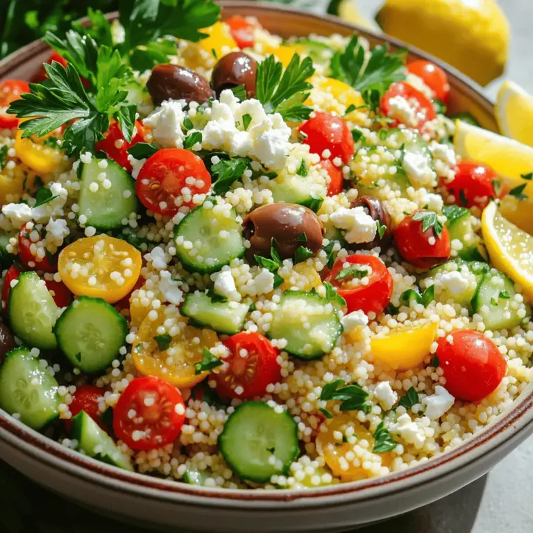 - Couscous: Couscous ist die Basis des Salats. Er hat einen feinen Geschmack und eine tolle Textur. - Gemüsebrühe: Sie gibt dem Couscous mehr Geschmack. Verwende frische oder selbstgemachte Brühe, wenn du kannst. - Frisches Gemüse: Gurken, Kirschtomaten und Paprika bringen Farbe und Knackigkeit in den Salat. - Olivenöl: Hochwertiges Olivenöl sorgt für einen vollmundigen Geschmack. Es ist ein wichtiger Teil des Dressings. - Zitronensaft: Frischer Zitronensaft gibt dem Salat einen spritzigen Kick. Nutze immer frische Zitronen für das beste Ergebnis. - Gewürze und Kräuter: Oregano, Salz und Pfeffer runden das Dressing ab. Diese Gewürze bringen die Aromen perfekt zur Geltung. - Kalamata-Oliven: Diese Oliven bringen eine salzige Tiefe in den Salat. Sie sind ein Muss für den mediterranen Geschmack. - Feta-Käse: Zerbröckelter Feta fügt eine cremige Textur hinzu. Er ergänzt die anderen Zutaten wunderbar. - Petersilie: Frische Petersilie sorgt für frische Aromen. Sie ist nicht nur lecker, sondern auch ein schöner Farbklecks. Für die vollständige Zubereitung findest du das [Full Recipe]. Zuerst bringen wir die Gemüsebrühe in einem mittleren Topf zum Kochen. Das ist wichtig, weil wir den Couscous darin garen. Wenn die Brühe kocht, fügen Sie eine Tasse Couscous hinzu. Rühren Sie gut um und decken Sie den Topf ab. Nehmen Sie den Topf vom Herd und lassen Sie den Couscous etwa 5 Minuten quellen. Er wird die Brühe vollständig aufnehmen. Lockern Sie ihn danach vorsichtig mit einer Gabel auf und lassen Sie ihn abkühlen. Jetzt kommt der Spaß! Wir bereiten das Gemüse vor. Nehmen Sie eine Salatgurke und schneiden Sie sie in kleine Würfel. Dann halbieren Sie eine Tasse Kirschtomaten. Zum Schluss würfeln Sie eine rote Paprika. Diese frischen Zutaten bringen Farbe und Geschmack in den Salat. In einer kleinen Schüssel mischen Sie 2 Esslöffel Olivenöl und 2 Esslöffel Zitronensaft. Schlagen Sie die Mischung gut durch, bis sie schön cremig ist. Fügen Sie dann einen Teelöffel getrockneten Oregano, Salz und Pfeffer hinzu. Mischen Sie alles gut. Dieses Dressing wird den Salat perfekt abrunden. Für die vollständige Zubereitung sehen Sie sich das [Full Recipe] an. Um den Couscous richtig aufzulockern, verwenden Sie eine Gabel. Nach dem Kochen lassen Sie ihn einfach 5 Minuten ruhen. So nimmt er die Brühe perfekt auf. Danach lockern Sie ihn sanft auf. Vermeiden Sie es, zu fest zu drücken, damit er fluffig bleibt. Beachten Sie die Abkühlzeit. Lassen Sie den Couscous vollständig abkühlen, bevor Sie ihn mit den anderen Zutaten mischen. So bleiben die Texturen schön und frisch. Die Vorbereitungszeit ist wichtig für den besten Geschmack. Lassen Sie den Salat mindestens 15 Minuten nach dem Mischen ruhen. Die Aromen können sich so gut entfalten. Kombinieren Sie verschiedene Kräuter und Gewürze für mehr Tiefe. Oregano und frische Petersilie bringen den mediterranen Geschmack perfekt zur Geltung. Experimentieren Sie mit weiteren Kräutern wie Basilikum oder Minze. Die Präsentation des Salats ist entscheidend. Servieren Sie ihn in einer großen Schüssel. Garnieren Sie mit zusätzlicher Petersilie und Zitronenschnitzen. Das macht den Salat nicht nur schön, sondern auch einladend. Ein ansprechendes Gericht zieht die Gäste an. Achten Sie darauf, die Farben der Zutaten gut zu zeigen. Ein bunter Salat spricht das Auge an und macht das Essen noch mehr Freude. {{image_4}} Für die vegetarische Variante des mediterranen Couscous-Salats können Sie vegane Feta-Optionen verwenden. Diese sind oft aus Nüssen oder Soja gemacht. Sie geben dem Salat einen ähnlichen Geschmack. Zusätzlich können Sie verschiedene Gemüsevarianten ausprobieren. Brokkoli oder Zucchini passen hervorragend. Auch geröstete Paprika bringt einen neuen Geschmack. Seien Sie kreativ und nutzen Sie, was Ihnen gefällt. Ein Joghurt-basiertes Dressing verleiht dem Salat eine cremige Note. Mischen Sie Joghurt, Zitronensaft und etwas Dill. Das ist frisch und lecker. Ein Senf-Zitronen-Dressing ist eine tolle Option. Kombinieren Sie Senf, Zitronensaft und Olivenöl. Das gibt dem Salat einen würzigen Kick. Um mehr Protein hinzuzufügen, können Sie Hähnchen oder Kichererbsen in den Salat mischen. Beides macht den Salat sättigender und gibt mehr Geschmack. Quinoa ist eine hervorragende Alternative zu Couscous. Diese Körner sind leicht und nahrhaft. Sie passen gut zu den anderen Zutaten im Salat. Für das vollständige Rezept, schauen Sie sich das Full Recipe an. Um den Couscous-Salat frisch zu halten, lege ihn in einen luftdichten Behälter. So bleibt der Salat bis zu drei Tage frisch. Achte darauf, dass keine Luft eindringt. Das bewahrt die Aromen. Wenn du Reste hast, kannst du sie einfrieren. Teile den Salat in Portionen auf und lege ihn in Gefrierbeutel. Vergiss nicht, das Datum aufzuschreiben. So bleibt der Couscous-Salat bis zu drei Monate gut. Um ihn aufzutauen, lege ihn einfach in den Kühlschrank. So bleibt die Textur besser erhalten. Hast du Reste? Nutze sie kreativ! Du kannst den Couscous-Salat in Wraps füllen oder als Beilage zu gegrilltem Fleisch servieren. Er passt auch gut in eine Gemüsepfanne. So wird nichts verschwendet und du hast schnell neue Gerichte. Der Couscous-Salat hält sich im Kühlschrank etwa 3 bis 5 Tage. Achte darauf, ihn in einem luftdichten Behälter aufzubewahren. So bleibt er frisch und lecker. Vor dem Servieren kannst du ihn kurz umrühren. Ja, du kannst viele Zutaten nach deinem Geschmack ändern. Möchtest du mehr Farbe? Füge Karotten oder Zucchini hinzu. Hast du keinen Feta? Nutze stattdessen Ziegenkäse oder lasse den Käse ganz weg. Du kannst auch die Kräuter wechseln. Minze oder Basilikum passen gut. Couscous-Salat ist sehr vielseitig. Er passt gut zu gegrilltem Fleisch oder Fisch. Probiere ihn mit Hähnchen oder Lachs. Auch als Beilage zu Wraps oder Sandwiches ist er toll. Wenn du eine vegetarische Option suchst, serviere ihn mit Falafel oder gebackenem Gemüse. Couscous-Salat ist einfach zuzubereiten und voller Geschmack. Wir haben die besten Zutaten, wie Couscous, frisches Gemüse und ein leckeres Dressing, besprochen. Tipps zur Textur und Präsentation helfen, das Gericht perfekt zu machen. Variationen reichen von vegetarischen Optionen bis zu proteinreichen Ergänzungen wie Hähnchen. Ein guter Couscous-Salat hält sich im Kühlschrank und lässt sich gut lagern. Nutze die Reste kreativ in neuen Gerichten. Probiere dieses Rezept selbst aus und genieße jeden Bissen.