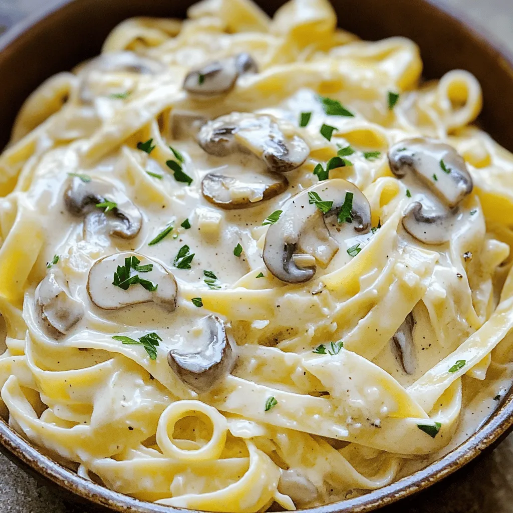 - Fettuccine-Nudeln - Wasser und Salz - Pilze (Cremini oder Champignons) - Schlagsahne - Olivenöl - Knoblauch - Zwiebel - Gewürze (Thymian, Pfeffer, Salz) - Parmesan - Petersilie Um eine tolle cremige Bacon Mushroom Pasta zu machen, brauchst du frische Zutaten. Die Fettuccine-Nudeln sind die Basis. Du kochst sie in Wasser mit etwas Salz. Denke daran, das Wasser gut zu salzen. Das gibt Geschmack. Für die Sauce sind die Pilze wichtig. Cremini oder Champignons sind perfekt. Sie bringen einen tollen Geschmack. Schlagsahne macht die Sauce cremig. Olivenöl, Knoblauch und Zwiebel geben der Sauce Tiefe. Die Gewürze wie Thymian und Pfeffer sorgen für den richtigen Kick. Parmesan bringt einen herzhaften Geschmack und Petersilie ist das Finish. Du kannst alle Zutaten bei deinem lokalen Markt finden. Wenn du das ganze Rezept sehen möchtest, schau dir die [Full Recipe] an. Setze einen großen Topf mit Wasser auf. Füge eine Prise Salz hinzu. Warte, bis das Wasser kocht. Gib die Fettuccine-Nudeln hinein. Koche sie gemäß der Packungsanleitung bis sie al dente sind. Danach gieße die Nudeln ab. Vergiss nicht, etwa 120 ml Nudelwasser aufzuheben. Dieses Wasser kann dir später helfen. Erhitze in einer großen Pfanne das Olivenöl bei mittlerer Hitze. Füge die gewürfelte Zwiebel hinzu. Brate sie etwa 3-4 Minuten, bis sie glasig ist. Dann gib den gehackten Knoblauch dazu. Brate ihn eine weitere Minute, bis er gut riecht. Die Basis für deine Sauce ist nun bereit. Jetzt kommen die geschnittenen Pilze in die Pfanne. Rühre sie gelegentlich um. Gare sie etwa 5-7 Minuten, bis sie gebräunt und zart sind. Reduziere dann die Hitze auf niedrig und gieße die Schlagsahne hinein. Rühre gut um. Lass die Sauce für 3-4 Minuten köcheln, bis sie leicht eindickt. Gib die gekochten Fettuccine in die Pfanne. Wende alles vorsichtig, damit die Pasta gut mit der Sauce überzogen ist. Wenn die Sauce zu dick ist, füge nach und nach das aufbewahrte Nudelwasser hinzu. So erreichst du die gewünschte Konsistenz. Jetzt ist es Zeit zu würzen. Rühre den getrockneten Thymian, schwarzen Pfeffer, Salz und den geraspelten Parmesan unter. Mische alles gut. Um die beste Cremigkeit zu erreichen, benutze das Nudelwasser. Es enthält Stärke, die die Sauce bindet. Wenn die Sauce zu dick ist, füge nach und nach etwas Nudelwasser hinzu. Dadurch wird die Konsistenz perfekt. Achte darauf, dass du nicht zu viel Wasser verwendest. Ein bisschen reicht oft schon, um die Cremigkeit zu verbessern. Frische Kräuter und Gewürze machen einen großen Unterschied. Verwende frische Petersilie für einen frischen Geschmack. Du kannst auch Basilikum oder Oregano hinzufügen. Diese Kräuter bringen die Aromen zum Leben. Frische macht alles besser. Auch der Einsatz von frisch gemahlenem Pfeffer hebt die Aromen hervor. Die richtige Kochzeit der Nudeln ist wichtig. Koche die Fettuccine immer al dente. Das bedeutet, dass sie noch einen leichten Biss haben. Folge den Anweisungen auf der Verpackung. Probiere sie ein bis zwei Minuten vor Ende der Kochzeit. So bleiben die Nudeln perfekt und nehmen die Sauce besser auf. {{image_4}} Wenn du das Rezept ohne Bacon machen willst, gibt es tolle Alternativen. Du kannst Gemüse wie Zucchini oder Paprika verwenden. Sie geben viel Geschmack und eine schöne Farbe. Tofu ist auch eine gute Wahl. Er nimmt die Aromen gut auf und macht das Gericht schön cremig. Für mehr Geschmack kannst du verschiedene Gewürze hinzufügen. Paprika bringt eine süße Note, während Chili Schärfe gibt. Du kannst auch frische Kräuter wie Basilikum oder Oregano verwenden. Diese verleihen deiner Pasta einen frischen Kick und machen sie noch leckerer. Wenn du auf die Ernährung achtest, gibt es viele Nudeloptionen. Vollkornnudeln sind reich an Ballaststoffen und sehr nahrhaft. Glutenfreie Nudeln sind super für alle mit Glutenunverträglichkeit. Sie passen perfekt zu dieser cremigen Sauce und machen das Gericht vielseitiger. Für das vollständige Rezept, schau dir bitte [Full Recipe] an. Lagere deine Reste in luftdichten Behältern im Kühlschrank. Das hilft, die Frische zu bewahren. Achte darauf, die Reste innerhalb von zwei Stunden nach dem Kochen zu verpacken. So vermeidest du Bakterienwachstum. Um die Pasta cremig zu halten, erwärme sie langsam. Nutze eine Pfanne auf mittlerer Hitze. Füge etwas von dem aufbewahrten Nudelwasser hinzu. Das Wasser hilft, die Sauce wieder cremig zu machen. Rühre die Pasta gut um, um die Wärme gleichmäßig zu verteilen. Die Pasta bleibt bei richtigen Bedingungen bis zu drei Tage haltbar. Achte darauf, dass der Kühlschrank nicht zu warm ist. Wenn du die Pasta länger aufbewahren möchtest, friere sie ein. So bleibt sie bis zu drei Monate frisch. Um die Sauce dicker zu machen, kannst du etwas mehr Schlagsahne hinzufügen. Eine andere Methode ist, die Sauce länger zu köcheln. Dies führt dazu, dass mehr Flüssigkeit verdampft. Du kannst auch einen Esslöffel Stärke mit etwas Wasser mischen und in die Sauce rühren. Diese Mischung hilft, die Sauce schnell zu verdicken. Ja, du kannst die Pilze leicht ersetzen. Champignons oder Cremini sind am besten, aber du kannst auch andere Sorten ausprobieren. Shiitake oder Portobello geben einen anderen Geschmack. Wenn du keine Pilze magst, versuche Zucchini oder Spinat. Diese Gemüse bringen ebenfalls Frische in das Gericht. Ja, das Rezept ist einfach anzupassen. Du kannst die Sahne durch eine pflanzliche Alternative ersetzen, wenn du vegan sein möchtest. Für glutenfreie Optionen nimm glutenfreie Nudeln. Du kannst auch das Gemüse nach deinem Geschmack ändern. Achte darauf, die Gewürze entsprechend anzupassen. Zu dieser Pasta passen viele Beilagen gut. Ein frischer grüner Salat ist eine tolle Wahl. Du kannst auch knuspriges Brot servieren, um die Sauce aufzutunken. Ein Glas Weißwein, wie Chardonnay, ergänzt die Aromen. Oder genieße es einfach mit einem Spritzer Zitrone für mehr Frische. Das vollständige Rezept für die cremige Bacon-Pilz-Pasta findest du [hier](#). Diese cremige Pilz-Pasta ist einfach zuzubereiten und voller Geschmack. Wir haben die besten Zutaten, Schritte und Tipps behandelt, um sicherzustellen, dass du ein tolles Gericht erhältst. Denke daran, dass kreative Variationen und Aufbewahrung deiner Reste den Genuss verlängern. Mit den richtigen Tricks wird jede Mahlzeit zu einem Erfolg. Nutze frische Kräuter und passe das Rezept an deinen Geschmack an. Gute Küche ist einfach und macht Spaß!