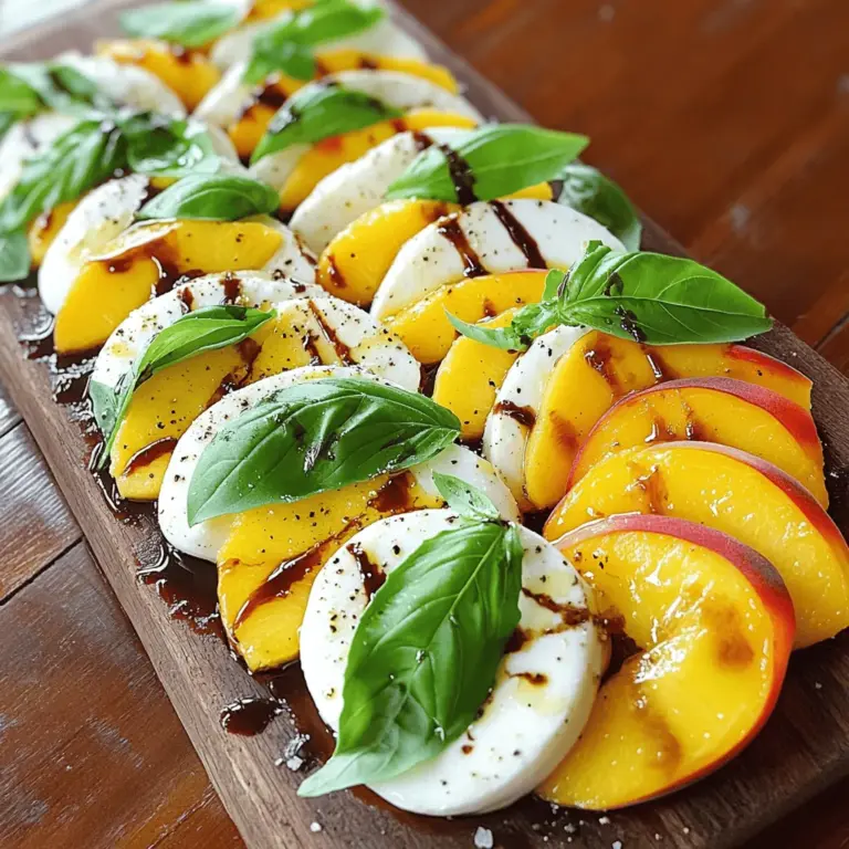 - Reife Pfirsiche - Frischer Mozzarella - Basilikumblätter Die Hauptzutaten sind einfach und frisch. Reife Pfirsiche bringen Süße und Saftigkeit. Sie sind das Herzstück dieses Salats. Wählen Sie Pfirsiche, die leicht nachgeben, wenn Sie sie drücken. Ein guter Mozzarella sorgt für Cremigkeit. Er ergänzt die Pfirsiche perfekt. Frische Basilikumblätter fügen einen herrlichen Duft hinzu. Ihr Geschmack bringt den Salat zum Leben. - Balsamico-Glasur - Natives Olivenöl extra - Salz und Pfeffer Das Dressing ist der Schlüssel zu einem großartigen Salat. Balsamico-Glasur verleiht eine süß-säuerliche Note. Sie verbindet die Aromen der Zutaten. Natives Olivenöl extra sorgt für reichhaltigen Geschmack. Es macht den Salat noch köstlicher. Verwenden Sie Salz und Pfeffer, um alles abzurunden. Diese einfachen Gewürze verstärken die Frische der Zutaten. Für die vollständige Zubereitung und weitere Details, schauen Sie sich die [Full Recipe] an. Um den Pfirsich Caprese Salat zuzubereiten, beginne mit den Zutaten. Du benötigst reife Pfirsiche, frischen Mozzarella und Basilikumblätter. - Pfirsiche und Mozzarella schneiden: - Wasche die Pfirsiche gut und schneide sie in gleichmäßige Scheiben. - Achte darauf, dass die Scheiben nicht zu dick sind. - Schneide dann den Mozzarella in runde, gleich große Scheiben. - Basilikumblätter vorbereiten: - Nimm frische Basilikumblätter. - Wasche sie vorsichtig und tupfe sie trocken. - Halte die Blätter ganz, um den Geschmack zu bewahren. Jetzt geht es ans Anrichten. Du hast alles, was du brauchst. - Zutaten anordnen: - Nimm eine große Servierplatte. - Lege die Pfirsich- und Mozzarellascheiben abwechselnd darauf. - Stecke die Basilikumblätter in die Lücken zwischen den Scheiben. - Dressing hinzufügen: - Beträufle den Salat mit nativem Olivenöl und Balsamico-Glasur. - Würze alles leicht mit Salz und Pfeffer. Jetzt ist der Salat fast bereit. - Sofort servieren oder kühl stellen: - Serviere den Salat sofort für den besten Geschmack. - Alternativ kannst du ihn bis zu 30 Minuten im Kühlschrank kühlen. - Dies macht ihn erfrischend für heiße Sommertage. Wenn du alle Schritte befolgst, wird dein Pfirsich Caprese Salat ein echter Hit! Für das vollständige Rezept, sieh dir [Full Recipe] an. Um die besten Pfirsiche zu finden, schauen Sie sich die Farben genau an. Reife Pfirsiche haben eine schöne, goldene Farbe. Sie sollten auch leicht weich sein, wenn Sie sanft drücken. Achten Sie auf einen süßen Duft. Vermeiden Sie Pfirsiche mit braunen Flecken oder Druckstellen. Diese Zeichen zeigen, dass die Frucht alt oder überreif ist. Frische Pfirsiche machen den Salat besonders lecker. Balsamico-Glasur ist toll, aber es gibt Alternativen. Probieren Sie Honig- oder Zitronendressing für eine süßere Note. Eine Mischung aus Olivenöl und Zitrussaft bringt frische Aromen in den Salat. Ein Joghurt-Dressing kann auch gut passen, besonders wenn Sie etwas Cremigkeit möchten. Experimentieren Sie mit verschiedenen Dressings, um Ihren perfekten Geschmack zu finden. Eine ansprechende Präsentation macht den Salat besonders. Nutzen Sie ein rustikales Holzbrett oder einen großen weißen Teller. Arrangieren Sie die Pfirsiche und Mozzarella in schönen Mustern. Fügen Sie frische Basilikumblätter zwischen die Zutaten hinzu, um Farben und Texturen zu zeigen. Garnieren Sie den Salat mit extra Basilikum, um einladend zu wirken. Eine schöne Präsentation erhöht den Genuss des Essens. Den vollständigen Rezept für den Pfirsich Caprese Salat finden Sie hier: [Full Recipe]. {{image_4}} Saisonale Anpassungen sind eine großartige Möglichkeit, frische Aromen zu genießen. Du kannst andere Früchte verwenden, um neue Geschmäcker zu entdecken. Probiere zum Beispiel Erdbeeren oder Melonen. Diese Früchte bringen Süße und Frische in deinen Salat. Zusätzliche Zutaten machen dein Gericht noch interessanter. Avocado ist eine tolle Wahl. Sie bringt Cremigkeit und einen nussigen Geschmack. Rucola ist eine andere gute Option. Er gibt einen würzigen Kick und passt gut zu den süßen Pfirsichen. Wenn du eine vegane Option suchst, gibt es viele Mozzarella-Ersatzstoffe. Cashewkäse oder pflanzlicher Mozzarella sind lecker. Sie bieten eine ähnliche Textur und ergänzen den Salat gut. Auf diese Weise kannst du den Geschmack genießen, ohne tierische Produkte zu verwenden. Egal, für welche Variation du dich entscheidest, der Pfirsich Caprese Salat bleibt ein erfrischender Sommerliebling. Er ist leicht, gesund und einfach zuzubereiten. Probiere die verschiedenen Optionen aus und finde deinen Favoriten. Du kannst die [Full Recipe] für die Basisversion nutzen und dann kreativ werden! Lagern Sie den Pfirsich Caprese Salat im Kühlschrank. Stellen Sie sicher, dass er in einem luftdichten Behälter ist. So bleibt der Salat frisch und lecker. Vermeiden Sie es, ihn zu lange stehen zu lassen. Die Kälte des Kühlschranks hilft, die Aromen zu bewahren. Die Haltbarkeit des Salates beträgt etwa zwei Tage. Frische Zutaten wie Pfirsiche und Mozzarella verlieren schnell ihre Qualität. Überprüfen Sie regelmäßig, ob die Zutaten noch gut aussehen. Wenn die Pfirsiche matschig werden, ist es Zeit, den Salat zu essen oder zu entsorgen. Um den Salat vorzubereiten, lagern Sie die Zutaten getrennt. Schneiden Sie die Pfirsiche und den Mozzarella, aber mischen Sie sie nicht sofort. Bewahren Sie die Basilikumblätter in einem feuchten Tuch auf. So bleiben sie frisch und knusprig. Mischen Sie alles erst kurz vor dem Servieren. So bleibt der Salat knackig und lecker. Für das volle Rezept schauen Sie sich die [Full Recipe] an. Sie können den Pfirsich Caprese Salat bis zu zwei Tage im Kühlschrank aufbewahren. Achten Sie darauf, ihn in einem luftdichten Behälter zu lagern. So bleibt der Salat frisch und lecker. Nach zwei Tagen kann der Salat weich werden. Auch die Aromen können sich verändern, und die Farben verblassen. Es ist am besten, den Salat frisch zu genießen. Ja, Sie können den Salat im Voraus zubereiten, aber lagern Sie die Zutaten getrennt. Schneiden Sie die Pfirsiche und den Mozzarella vorher. Bewahren Sie sie in separaten Behältern auf. So bleiben sie knackig und frisch. Mischen Sie alles erst kurz vor dem Servieren. Fügen Sie das Dressing erst hinzu, wenn Sie bereit sind zu essen. So vermeiden Sie, dass der Salat matschig wird. Ja, der Pfirsich Caprese Salat ist von Natur aus glutenfrei. Die Hauptzutaten sind Pfirsiche, Mozzarella und Basilikum. Diese enthalten kein Gluten. Wenn Sie glutenfreie Variationen wünschen, können Sie z.B. glutenfreies Brot als Beilage hinzufügen. Achten Sie darauf, dass alle Produkte, die Sie verwenden, glutenfrei sind. So genießen Sie den Salat ohne Bedenken. Der Pfirsich Caprese Salat ist frisch und einfach zuzubereiten. Du benötigst reife Pfirsiche, Mozzarella und frischen Basilikum. Mit Balsamico-Glasur und Olivenöl erhältst du ein leckeres Dressing. Achte darauf, die besten Pfirsiche zu wählen. Du kannst den Salat auch mit anderen Früchten oder veganen Zutaten anpassen. Bewahre ihn im Kühlschrank auf, um die Qualität zu bewahren. Probiere diese Variationen aus und genieße jeden Biss!