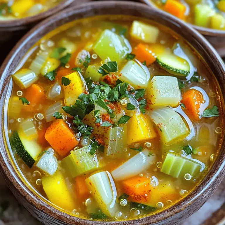 Die Hauptzutaten machen diese Suppe nahrhaft und lecker. Hier sind die Zutaten, die du brauchst: - 1 Tasse Quinoa, gut abgespült - 2 Esslöffel Olivenöl - 1 Zwiebel, gewürfelt - 2 Knoblauchzehen, fein gehackt - 2 Möhren, gewürfelt - 2 Selleriestangen, gewürfelt - 1 Zucchini, gewürfelt - 1 Paprika (jede Farbe), gewürfelt - 1 Dose (400 g) gewürfelte Tomaten - 1,5 Liter Gemüsebrühe - 1 Teelöffel getrocknetes Basilikum - 1 Teelöffel getrockneter Oregano - 1/2 Teelöffel geräucherteres Paprikapulver - Salz und Pfeffer nach Geschmack - Frische Petersilie, gehackt (zum Garnieren) Diese Zutaten bringen frische Aromen und viel Farbe in die Suppe. Quinoa ist eine großartige Quelle für Protein und Ballaststoffe. Die Gewürze machen die Suppe besonders schmackhaft. Hier sind die wichtigsten: - Olivenöl sorgt für einen sanften Geschmack und gesunde Fette. - Basilikum und Oregano bringen italienische Aromen. - Geräuchertes Paprikapulver gibt der Suppe einen tiefen, rauchigen Geschmack. Das richtige Öl und die richtigen Gewürze sind entscheidend. Sie bringen die Aromen zusammen und machen die Suppe zu einem echten Genuss. Die Zutaten bieten viele Nährstoffe. Quinoa ist reich an Proteinen und enthält alle neun essentiellen Aminosäuren. Gemüse wie Karotten, Sellerie, Zucchini und Paprika liefern Vitamine und Mineralien. Hier sind einige Vorteile: - Quinoa: Hoher Protein- und Ballaststoffgehalt. - Karotten: Reich an Vitamin A. - Sellerie: Gut für die Verdauung. - Paprika: Hoher Gehalt an Vitamin C. Die Kombination dieser Zutaten macht die Suppe gesund und sättigend. Du kannst die Nährstoffe genießen und gleichzeitig den Geschmack lieben. Schau dir das Full Recipe für weitere Details an! Zuerst bereiten wir die Zutaten vor. Das macht den Kochprozess einfacher. Hier ist, was du brauchst: - 1 Tasse Quinoa, gut abgespült - 2 Esslöffel Olivenöl - 1 Zwiebel, gewürfelt - 2 Knoblauchzehen, fein gehackt - 2 Möhren, gewürfelt - 2 Selleriestangen, gewürfelt - 1 Zucchini, gewürfelt - 1 Paprika (jede Farbe), gewürfelt - 1 Dose (400 g) gewürfelte Tomaten - 1,5 Liter Gemüsebrühe - 1 Teelöffel getrocknetes Basilikum - 1 Teelöffel getrockneter Oregano - 1/2 Teelöffel geräuchertes Paprikapulver - Salz und Pfeffer nach Geschmack - Frische Petersilie, gehackt (zum Garnieren) Wasche die Quinoa gut, um Bitterstoffe zu entfernen. Schneide das Gemüse in gleich große Stücke. So garen sie gleichmäßig. Jetzt kommen wir zum Kochen. Erhitze das Olivenöl in einem großen Topf bei mittlerer Hitze. Füge die gewürfelte Zwiebel hinzu und brate sie 5-7 Minuten, bis sie weich ist. Nach der Zwiebel kommt der Knoblauch. Rühre ihn etwa eine Minute lang unter, bis er gut duftet. Jetzt ist es Zeit für das Gemüse. Gib die Möhren, Sellerie, Zucchini und Paprika in den Topf. Sauté das Gemüse für 5-6 Minuten, bis es leicht weich ist. Füge dann die gewürfelten Tomaten und die Gemüsebrühe hinzu. Rühre die Quinoa, Basilikum, Oregano und Paprikapulver ein. Bringe die Suppe zum Kochen. Reduziere die Hitze und lasse sie 20-25 Minuten köcheln. Die Quinoa sollte weich sein und das Gemüse zart. Vergiss nicht, die Suppe zu kosten! Nachdem die Suppe gekocht hat, kannst du die Konsistenz anpassen. Magst du sie dünner? Füge mehr Brühe hinzu. Möchtest du mehr Geschmack? Füge etwas Salz und Pfeffer hinzu. Der letzte Schliff: Lass die Suppe kurz abkühlen, bevor du sie servierst. Garniere sie mit frischer Petersilie. Das war die Schritt-für-Schritt-Anleitung für deine Gemüsesuppe mit Quinoa. Du findest das vollständige Rezept [hier](#). Um die Suppe noch besser zu machen, starte mit frischen Zutaten. Frisches Gemüse hat mehr Geschmack. Schneide die Zwiebeln klein, damit sie schnell weich werden. Sautiere das Gemüse gut, bis es leicht bräunt. Dies gibt der Suppe mehr Tiefe. Füge die Gewürze früh hinzu. So können sie ihr Aroma entfalten. Frische Zutaten sind oft besser, aber gefrorene sind auch gut. Gefrorenes Gemüse ist oft direkt nach der Ernte eingefroren. Daher bleibt der Nährwert erhalten. Wenn du gefrorenes Gemüse verwendest, sei vorsichtig. Es kann schneller weich werden. Achte darauf, die Kochzeit anzupassen. Ein häufiger Fehler ist zu viel Wasser. Achte darauf, die richtige Menge Gemüsebrühe zu verwenden. Zu wenig Gewürze machen die Suppe fade. Experimentiere mit Basilikum und Oregano. Ein weiterer Fehler ist, die Suppe nicht zu kosten. Probiere die Suppe während des Kochens und passe die Gewürze an. So schmeckt sie ganz nach deinem Wunsch. {{image_4}} Wenn Sie eine vegetarische oder vegane Suppe möchten, bleibt das Rezept einfach. Alle Zutaten sind pflanzlich. Verwenden Sie nur Gemüsebrühe ohne tierische Produkte. Fügen Sie noch mehr Gemüse hinzu, um den Geschmack zu intensivieren. Zum Beispiel können Sie Spinat oder Grünkohl verwenden. Diese sind nahrhaft und gesund. Das Tolle an dieser Suppe ist die Flexibilität. Sie können fast jedes Gemüse hinzufügen. Brokkoli, Blumenkohl oder Kürbis passen gut. Auch grüne Bohnen oder Erbsen sind tolle Ergänzungen. Schneiden Sie das Gemüse in kleine Stücke, damit es gleichmäßig gart. Experimentieren Sie mit dem, was Sie mögen oder was gerade Saison hat. Möchten Sie es schärfer? Fügen Sie etwas Cayennepfeffer oder Chili hinzu. Diese Gewürze geben der Suppe eine schöne Schärfe. Eine Spritze Zitronensaft kann auch den Geschmack aufpeppen. Wenn Sie ein Fan von Kräutern sind, probieren Sie frischen Koriander oder Dill aus. Diese Kräuter bringen frische Aromen in Ihre Suppe. Für die vollständige Zubereitung und weitere Details schauen Sie sich das Rezept unter Full Recipe an. Um die Gemüsesuppe mit Quinoa frisch zu halten, lassen Sie sie zuerst abkühlen. Gießen Sie die Suppe in einen luftdichten Behälter. Stellen Sie sicher, dass der Behälter gut verschlossen ist. Lagern Sie die Suppe im Kühlschrank. So bleibt sie bis zu fünf Tage frisch. Im Kühlschrank hält sich die Suppe bis zu fünf Tage. Nach drei Tagen sollten Sie den Geruch prüfen. Wenn sie seltsam riecht, entsorgen Sie sie. Achten Sie auf das Aussehen. Eine Veränderung kann ein Zeichen sein, dass die Suppe nicht mehr gut ist. Wenn Sie die Suppe länger aufbewahren möchten, können Sie sie einfrieren. Gießen Sie die abgekühlte Suppe in gefriergeeignete Behälter. Lassen Sie Platz im Behälter. Die Suppe dehnt sich aus, wenn sie gefriert. Sie kann bis zu drei Monate im Gefrierfach bleiben. Zum Auftauen stellen Sie die Suppe über Nacht in den Kühlschrank. Alternativ können Sie sie in der Mikrowelle aufwärmen. Ja, du kannst andere Getreide nutzen. Reis, Hirse oder Buchweizen sind tolle Alternativen. Diese Getreide bieten verschiedene Texturen und Geschmäcker. Reis macht die Suppe cremiger, während Hirse einen nussigen Geschmack hinzufügt. Buchweizen bringt eine herzhafte Note. Experimentiere mit dem, was du magst! Ja, diese Suppe ist glutenfrei. Quinoa selbst enthält kein Gluten. Auch die anderen Zutaten sind glutenfrei. Achte darauf, dass deine Gemüsebrühe ebenfalls glutenfrei ist. So kannst du sicher sein, dass diese Suppe für alle geeignet ist, die Gluten meiden. Die besten Beilagen sind einfach und lecker. Serviere die Suppe mit geröstetem Brot oder Crackern. Ein frischer Salat passt auch gut dazu. Wenn du etwas mehr willst, probiere einen Dip wie Hummus. Diese Beilagen machen das Essen noch besser! Die Gemüsesuppe mit Quinoa ist einfach und gesund. Wir haben die Hauptzutaten, Gewürze und Nährstoffe besprochen. Die Schritt-für-Schritt-Anleitung macht die Zubereitung leicht. Tipps helfen dir, die besten Ergebnisse zu erzielen. Variationen wie vegetarische Optionen geben Spielraum für Kreativität. Schließlich gibt es Lagerungshinweise, damit die Suppe frisch bleibt. Diese Suppe ist eine großartige Option für eine gesunde Ernährung. Probiere dein eigenes Rezept aus und genieße es!