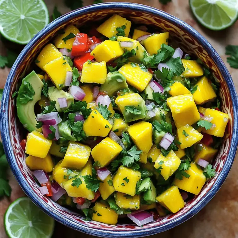Die Hauptzutaten sind einfach und frisch. Für die Salsa benötigst du: - 2 reife Mango, gewürfelt - 1 große Avocado, gewürfelt - 1 kleine rote Zwiebel, fein gehackt - 1 rote Paprika, gewürfelt - 1 Jalapeño-Pfeffer, fein gehackt (Kerne entfernt für weniger Schärfe) - 1/4 Tasse frischer Koriander, gehackt - Saft von 2 Limetten - 1 Esslöffel Olivenöl - Salz und Pfeffer nach Geschmack Diese Zutaten sorgen für eine bunte und aromatische Mischung. Die Mango bringt Süße, während die Avocado Cremigkeit hinzufügt. Willst du den Geschmack intensivieren? Füge einige dieser Zutaten hinzu: - 1 Knoblauchzehe, fein gehackt - 1/2 Teelöffel Kreuzkümmel für einen warmen, erdigen Geschmack - 1/2 Tasse schwarze Bohnen für mehr Textur und Proteine - 1/4 Tasse Mais für einen süßen Crunch Diese Zutaten verleihen deiner Salsa eine besondere Note und passen gut zur Frische der Hauptzutaten. Ich bevorzuge frische Zutaten. Sie bringen mehr Geschmack und Textur. Frisches Obst hat ein intensives Aroma und eine bessere Konsistenz. Gefrorene Früchte sind oft weich und wässrig, wenn sie auftauen. Wenn du keine frischen Mango oder Avocado findest, achte darauf, dass die gefrorenen Produkte ohne Zusätze sind. Das hilft, den besten Geschmack zu erhalten. Für das beste Ergebnis benutze die Zutaten aus dem [Full Recipe]. Beginnen Sie mit der Auswahl der besten Zutaten. Wählen Sie reife Mango und Avocado. Diese Früchte sollten weich sein, aber nicht matschig. Schneiden Sie die Mango in kleine Würfel. Achten Sie darauf, die Schale zu entfernen. Dann nehmen Sie die Avocado. Halten Sie die Frucht mit einer Hand und schneiden Sie sie mit einem Messer. Entfernen Sie den Kern und schneiden Sie das Fruchtfleisch in Würfel. Nehmen Sie eine mittelgroße Schüssel. Fügen Sie die gewürfelte Mango und Avocado hinzu. Seien Sie vorsichtig beim Mischen, damit die Avocado nicht zerdrückt wird. Jetzt schneiden Sie die Zwiebel und die Paprika klein. Fügen Sie diese zusammen mit dem Jalapeño in die Schüssel. Der Jalapeño bringt etwas Schärfe. Danach kommt der frische Koriander. Drücken Sie den Saft der Limetten über die Mischung. Fügen Sie auch das Olivenöl hinzu. Jetzt ist es Zeit, alles gut zu mischen. Achten Sie darauf, sanft zu sein. Würzen Sie die Salsa mit Salz und Pfeffer. Lassen Sie die Salsa für mindestens 15 Minuten im Kühlschrank ruhen. So verbinden sich die Aromen besser. Beim Mischen ist Geduld wichtig. Verwenden Sie einen Gummispatel, um die Zutaten vorsichtig zu falten. So bleibt die Avocado ganz. Wenn Sie die Salsa servieren, nutzen Sie eine schöne Schüssel. Garnieren Sie sie mit frischem Koriander und Limettenscheiben. Für mehr Spaß können Tortilla-Chips dazu serviert werden. Schauen Sie sich auch das [Full Recipe] an, um alle Schritte zu sehen. Um die Avocado frisch zu halten, solltest du sie sofort nach dem Schneiden verwenden. Um Oxidation zu verhindern, presse etwas Limettensaft auf die geschnittene Fläche. Das hilft, die grüne Farbe zu bewahren. Wenn du Reste hast, decke die Salsa gut ab. Verwende Frischhaltefolie und drücke sie direkt auf die Salsa. So bleibt die Avocado länger grün. Die perfekten Mengen machen den Unterschied. Zwei reife Mango und eine große Avocado sind ideal für einen frischen Geschmack. Füge eine kleine rote Zwiebel und eine rote Paprika hinzu, um die Süße auszugleichen. Für mehr Frische nutze 1/4 Tasse Koriander. Der Limettensaft bringt alle Aromen zusammen. Experimentiere mit kleinen Mengen, um deinen perfekten Mix zu finden. Einer der häufigsten Fehler ist, die Avocado zu stark zu zerdrücken. Sei vorsichtig, wenn du die Zutaten mischst. Ein weiterer Fehler ist, die Salsa nicht genug ziehen zu lassen. Lass sie mindestens 15 Minuten im Kühlschrank stehen. So entfalten sich die Aromen besser. Achte darauf, das Salz erst kurz vor dem Servieren hinzuzufügen, um die Frische zu bewahren. Für das vollständige Rezept von Mango Salsa mit Avocado, schau dir die [Full Recipe] an. {{image_4}} Eine fruchtige Variante macht die Salsa spannend. Ananas bringt süße und saftige Noten. Die Säure der Ananas passt gut zur Mango. Pfirsiche sind auch eine tolle Wahl. Sie fügen eine weiche Textur und süßen Geschmack hinzu. Du kannst auch andere Früchte ausprobieren. Versuche Mango mit Kiwi oder Erdbeeren. Jeder Biss wird eine neue Freude. Du magst es scharf? Dann füge mehr Jalapeños hinzu! Diese kleinen grünen Pfeffer bringen viel Hitze. Du kannst auch andere Pfeffer verwenden. Serrano-Pfeffer sind super für mehr Schärfe. Achte darauf, die Kerne zu entfernen. Sie sind sehr scharf. Beginne mit einem kleinen Stück und teste die Schärfe. So passt du die Salsa genau an deinen Geschmack an. Diese Salsa ist von Natur aus vegan und glutenfrei. Du kannst sie ohne Bedenken genießen. Wenn du mehr Protein möchtest, füge schwarze Bohnen hinzu. Sie bringen Fülle und einen neuen Geschmack. Quinoa ist eine gute Ergänzung, wenn du etwas Herzhaftes suchst. Verleihe deiner Salsa mit zusätzlichen Kräutern mehr Tiefe. Frische Minze oder Basilikum können neue Aromen hinzufügen. Für das vollständige Rezept, schau dir die Anleitung hier an: [Full Recipe]. Um Mango Salsa mit Avocado richtig zu lagern, benutze einen luftdichten Behälter. Fülle die Salsa vorsichtig in den Behälter. Achte darauf, dass du die Oberfläche gleichmäßig mit Limettensaft bedeckst, um die Oxidation zu verhindern. Dies hilft, die Frische zu bewahren. Im Kühlschrank bleibt die Mango Salsa mit Avocado etwa zwei bis drei Tage frisch. Nach dieser Zeit kann die Avocado braun werden. Es ist wichtig, die Salsa gut abzudecken. So bleibt der Geschmack erhalten und die Salsa bleibt appetitlich. Das Einfrieren von Mango Salsa ist möglich, aber nicht ideal. Die Textur der Avocado verändert sich beim Einfrieren. Wenn du dennoch einfrieren möchtest, fülle die Salsa in einen gefrierfesten Behälter. Lass etwas Platz zum Ausdehnen. Du kannst die Salsa bis zu drei Monate einfrieren. Nach dem Auftauen kann die Salsa etwas matschig sein, aber der Geschmack bleibt gut. Mango Salsa hält sich im Kühlschrank etwa 2 bis 3 Tage. Nach dieser Zeit wird die Avocado braun und die Salsa verliert ihren frischen Geschmack. Ich empfehle, die Salsa in einem luftdichten Behälter zu lagern. So bleiben die Aromen besser erhalten. Ja, du kannst die Salsa im Voraus zubereiten. Es ist sogar eine gute Idee, sie einige Stunden vor dem Servieren zu machen. So können die Aromen gut durchziehen. Achte jedoch darauf, die Avocado erst kurz vor dem Servieren hinzuzufügen. Das verhindert, dass sie braun wird. Mango Salsa passt gut zu vielen Gerichten. Du kannst sie mit Tortilla-Chips genießen oder über gegrilltes Hähnchen und Fisch geben. Auch zu Tacos oder Burritos ist sie eine tolle Ergänzung. Die frischen Aromen bringen Farbe und Geschmack auf jeden Teller. Für mehr Ideen, schau dir das [Full Recipe] an. Mango Salsa mit Avocado ist frisch und lecker. Wir haben die besten Zutaten besprochen, und ich habe hilfreiche Tipps zur Zubereitung gegeben. Du solltest frische Zutaten verwenden, um vollen Geschmack zu genießen. Vermeide häufige Fehler, um dein Ergebnis zu verbessern. Denke an Variationen, um Neues auszuprobieren. Halte die Salsa frisch, und lagere sie richtig. Jetzt kannst du mit Mango Salsa beeindrucken! Genieß die neuen Geschmackserlebnisse in deiner Küche.