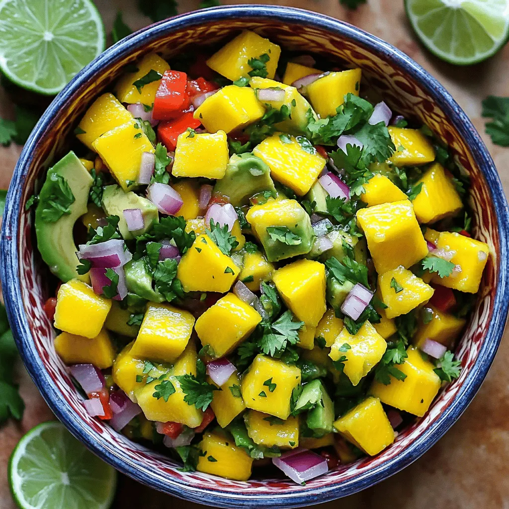 Die Hauptzutaten sind einfach und frisch. Für die Salsa benötigst du: - 2 reife Mango, gewürfelt - 1 große Avocado, gewürfelt - 1 kleine rote Zwiebel, fein gehackt - 1 rote Paprika, gewürfelt - 1 Jalapeño-Pfeffer, fein gehackt (Kerne entfernt für weniger Schärfe) - 1/4 Tasse frischer Koriander, gehackt - Saft von 2 Limetten - 1 Esslöffel Olivenöl - Salz und Pfeffer nach Geschmack Diese Zutaten sorgen für eine bunte und aromatische Mischung. Die Mango bringt Süße, während die Avocado Cremigkeit hinzufügt. Willst du den Geschmack intensivieren? Füge einige dieser Zutaten hinzu: - 1 Knoblauchzehe, fein gehackt - 1/2 Teelöffel Kreuzkümmel für einen warmen, erdigen Geschmack - 1/2 Tasse schwarze Bohnen für mehr Textur und Proteine - 1/4 Tasse Mais für einen süßen Crunch Diese Zutaten verleihen deiner Salsa eine besondere Note und passen gut zur Frische der Hauptzutaten. Ich bevorzuge frische Zutaten. Sie bringen mehr Geschmack und Textur. Frisches Obst hat ein intensives Aroma und eine bessere Konsistenz. Gefrorene Früchte sind oft weich und wässrig, wenn sie auftauen. Wenn du keine frischen Mango oder Avocado findest, achte darauf, dass die gefrorenen Produkte ohne Zusätze sind. Das hilft, den besten Geschmack zu erhalten. Für das beste Ergebnis benutze die Zutaten aus dem [Full Recipe]. Beginnen Sie mit der Auswahl der besten Zutaten. Wählen Sie reife Mango und Avocado. Diese Früchte sollten weich sein, aber nicht matschig. Schneiden Sie die Mango in kleine Würfel. Achten Sie darauf, die Schale zu entfernen. Dann nehmen Sie die Avocado. Halten Sie die Frucht mit einer Hand und schneiden Sie sie mit einem Messer. Entfernen Sie den Kern und schneiden Sie das Fruchtfleisch in Würfel. Nehmen Sie eine mittelgroße Schüssel. Fügen Sie die gewürfelte Mango und Avocado hinzu. Seien Sie vorsichtig beim Mischen, damit die Avocado nicht zerdrückt wird. Jetzt schneiden Sie die Zwiebel und die Paprika klein. Fügen Sie diese zusammen mit dem Jalapeño in die Schüssel. Der Jalapeño bringt etwas Schärfe. Danach kommt der frische Koriander. Drücken Sie den Saft der Limetten über die Mischung. Fügen Sie auch das Olivenöl hinzu. Jetzt ist es Zeit, alles gut zu mischen. Achten Sie darauf, sanft zu sein. Würzen Sie die Salsa mit Salz und Pfeffer. Lassen Sie die Salsa für mindestens 15 Minuten im Kühlschrank ruhen. So verbinden sich die Aromen besser. Beim Mischen ist Geduld wichtig. Verwenden Sie einen Gummispatel, um die Zutaten vorsichtig zu falten. So bleibt die Avocado ganz. Wenn Sie die Salsa servieren, nutzen Sie eine schöne Schüssel. Garnieren Sie sie mit frischem Koriander und Limettenscheiben. Für mehr Spaß können Tortilla-Chips dazu serviert werden. Schauen Sie sich auch das [Full Recipe] an, um alle Schritte zu sehen. Um die Avocado frisch zu halten, solltest du sie sofort nach dem Schneiden verwenden. Um Oxidation zu verhindern, presse etwas Limettensaft auf die geschnittene Fläche. Das hilft, die grüne Farbe zu bewahren. Wenn du Reste hast, decke die Salsa gut ab. Verwende Frischhaltefolie und drücke sie direkt auf die Salsa. So bleibt die Avocado länger grün. Die perfekten Mengen machen den Unterschied. Zwei reife Mango und eine große Avocado sind ideal für einen frischen Geschmack. Füge eine kleine rote Zwiebel und eine rote Paprika hinzu, um die Süße auszugleichen. Für mehr Frische nutze 1/4 Tasse Koriander. Der Limettensaft bringt alle Aromen zusammen. Experimentiere mit kleinen Mengen, um deinen perfekten Mix zu finden. Einer der häufigsten Fehler ist, die Avocado zu stark zu zerdrücken. Sei vorsichtig, wenn du die Zutaten mischst. Ein weiterer Fehler ist, die Salsa nicht genug ziehen zu lassen. Lass sie mindestens 15 Minuten im Kühlschrank stehen. So entfalten sich die Aromen besser. Achte darauf, das Salz erst kurz vor dem Servieren hinzuzufügen, um die Frische zu bewahren. Für das vollständige Rezept von Mango Salsa mit Avocado, schau dir die [Full Recipe] an. {{image_4}} Eine fruchtige Variante macht die Salsa spannend. Ananas bringt süße und saftige Noten. Die Säure der Ananas passt gut zur Mango. Pfirsiche sind auch eine tolle Wahl. Sie fügen eine weiche Textur und süßen Geschmack hinzu. Du kannst auch andere Früchte ausprobieren. Versuche Mango mit Kiwi oder Erdbeeren. Jeder Biss wird eine neue Freude. Du magst es scharf? Dann füge mehr Jalapeños hinzu! Diese kleinen grünen Pfeffer bringen viel Hitze. Du kannst auch andere Pfeffer verwenden. Serrano-Pfeffer sind super für mehr Schärfe. Achte darauf, die Kerne zu entfernen. Sie sind sehr scharf. Beginne mit einem kleinen Stück und teste die Schärfe. So passt du die Salsa genau an deinen Geschmack an. Diese Salsa ist von Natur aus vegan und glutenfrei. Du kannst sie ohne Bedenken genießen. Wenn du mehr Protein möchtest, füge schwarze Bohnen hinzu. Sie bringen Fülle und einen neuen Geschmack. Quinoa ist eine gute Ergänzung, wenn du etwas Herzhaftes suchst. Verleihe deiner Salsa mit zusätzlichen Kräutern mehr Tiefe. Frische Minze oder Basilikum können neue Aromen hinzufügen. Für das vollständige Rezept, schau dir die Anleitung hier an: [Full Recipe]. Um Mango Salsa mit Avocado richtig zu lagern, benutze einen luftdichten Behälter. Fülle die Salsa vorsichtig in den Behälter. Achte darauf, dass du die Oberfläche gleichmäßig mit Limettensaft bedeckst, um die Oxidation zu verhindern. Dies hilft, die Frische zu bewahren. Im Kühlschrank bleibt die Mango Salsa mit Avocado etwa zwei bis drei Tage frisch. Nach dieser Zeit kann die Avocado braun werden. Es ist wichtig, die Salsa gut abzudecken. So bleibt der Geschmack erhalten und die Salsa bleibt appetitlich. Das Einfrieren von Mango Salsa ist möglich, aber nicht ideal. Die Textur der Avocado verändert sich beim Einfrieren. Wenn du dennoch einfrieren möchtest, fülle die Salsa in einen gefrierfesten Behälter. Lass etwas Platz zum Ausdehnen. Du kannst die Salsa bis zu drei Monate einfrieren. Nach dem Auftauen kann die Salsa etwas matschig sein, aber der Geschmack bleibt gut. Mango Salsa hält sich im Kühlschrank etwa 2 bis 3 Tage. Nach dieser Zeit wird die Avocado braun und die Salsa verliert ihren frischen Geschmack. Ich empfehle, die Salsa in einem luftdichten Behälter zu lagern. So bleiben die Aromen besser erhalten. Ja, du kannst die Salsa im Voraus zubereiten. Es ist sogar eine gute Idee, sie einige Stunden vor dem Servieren zu machen. So können die Aromen gut durchziehen. Achte jedoch darauf, die Avocado erst kurz vor dem Servieren hinzuzufügen. Das verhindert, dass sie braun wird. Mango Salsa passt gut zu vielen Gerichten. Du kannst sie mit Tortilla-Chips genießen oder über gegrilltes Hähnchen und Fisch geben. Auch zu Tacos oder Burritos ist sie eine tolle Ergänzung. Die frischen Aromen bringen Farbe und Geschmack auf jeden Teller. Für mehr Ideen, schau dir das [Full Recipe] an. Mango Salsa mit Avocado ist frisch und lecker. Wir haben die besten Zutaten besprochen, und ich habe hilfreiche Tipps zur Zubereitung gegeben. Du solltest frische Zutaten verwenden, um vollen Geschmack zu genießen. Vermeide häufige Fehler, um dein Ergebnis zu verbessern. Denke an Variationen, um Neues auszuprobieren. Halte die Salsa frisch, und lagere sie richtig. Jetzt kannst du mit Mango Salsa beeindrucken! Genieß die neuen Geschmackserlebnisse in deiner Küche.