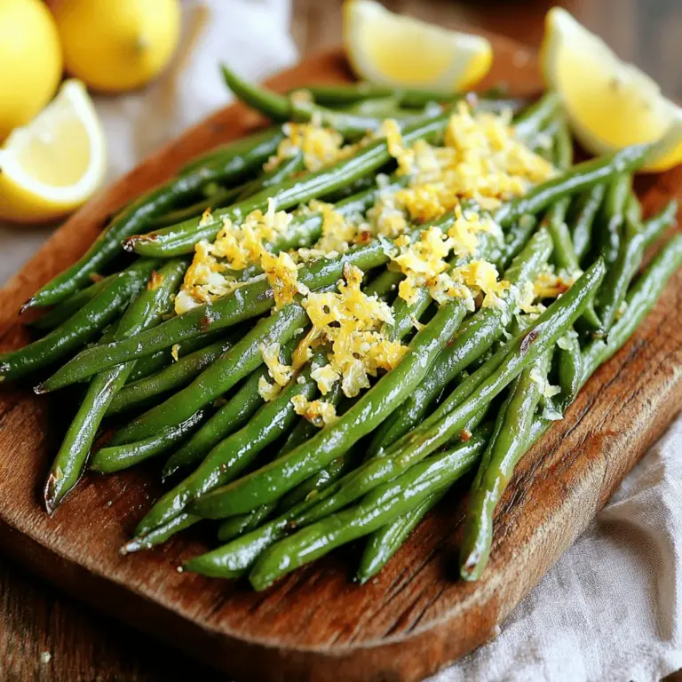 Für dieses köstliche Rezept brauchen Sie folgende Hauptzutaten: - 450 g frische grüne Bohnen, geputzt - 2 Esslöffel Olivenöl - 1 Teelöffel Knoblauchpulver - 1 Teelöffel Zwiebelpulver - 1/2 Teelöffel schwarzer Pfeffer - 1/4 Teelöffel Meersalz - 50 g geriebener Parmesan - 1/4 Teelöffel zerstoßene rote Pfefferflocken (optional) - Zeste von 1 Zitrone - Frische Zitronenspalten zum Servieren Diese Zutaten sind einfach zu finden. Die frischen grünen Bohnen geben der Beilage einen knackigen Biss. Der Parmesan sorgt für einen reichen, herzhaften Geschmack. Die Gewürze bringen die Bohnen zum Leben. Knoblauchpulver und Zwiebelpulver sind wichtig. Sie geben Tiefe und Aroma. Der schwarze Pfeffer bringt Schärfe, während das Meersalz den Geschmack hebt. Die optionalen roten Pfefferflocken fügen ein wenig Hitze hinzu. Die Zitronenzeste bringt Frische. Dieses Zusammenspiel macht die Bohnen besonders lecker. Servieren Sie die gerösteten Bohnen warm. Sie sehen toll aus auf einem großen Teller. Fügen Sie zusätzliche Zitronenzeste und Parmesanraspeln hinzu. Das macht das Gericht noch ansprechender. Diese Bohnen passen gut zu vielen Hauptgerichten. Sie sind eine tolle Beilage zu Fleisch oder Fisch. Genießen Sie diese Schmackhaftigkeit! Wenn Sie das Rezept im Detail sehen möchten, schauen Sie sich die Full Recipe an. Beginne mit 450 g frischen grünen Bohnen. Putze sie gründlich, indem du die Enden abschneidest. Das sorgt dafür, dass die Bohnen zart und lecker sind. Du kannst auch gefrorene Bohnen verwenden, aber frische Bohnen bieten den besten Geschmack und die beste Textur. In einer großen Rührschüssel vermengst du die Bohnen mit 2 Esslöffeln Olivenöl. Füge 1 Teelöffel Knoblauchpulver und 1 Teelöffel Zwiebelpulver hinzu. Danach kommen 1/2 Teelöffel schwarzen Pfeffer und 1/4 Teelöffel Meersalz dazu. Du kannst auch 1/4 Teelöffel zerstoßene rote Pfefferflocken einstreuen, wenn du es spicy magst. Mische alles gut, bis die Bohnen gleichmäßig bedeckt sind. Heize deinen Ofen auf 220°C vor. Lege ein Backblech mit Backpapier aus. Verteile die gewürzten Bohnen in einer einzigen Schicht auf dem Blech. Röste sie für 15 Minuten. Schüttle das Blech einmal, um ein gleichmäßiges Rösten zu gewährleisten. Nach 15 Minuten nimm das Blech heraus und streue 50 g geriebenen Parmesan gleichmäßig darüber. Schiebe das Blech zurück in den Ofen und röste die Bohnen für weitere 5-7 Minuten. Achte darauf, dass der Käse goldbraun und knusprig ist. Nach dem Rösten streue die Zeste von 1 Zitrone über die Bohnen. Das gibt einen frischen Kick. Serviere die Bohnen warm, mit frischen Zitronenspalten an der Seite. So hast du eine leckere und gesunde Beilage. Für das vollständige Rezept schau dir die [Full Recipe] an. Um die Bohnen perfekt zu rösten, heizen Sie den Ofen auf 220°C vor. Legen Sie ein Backblech mit Backpapier aus. Dies hilft bei der Reinigung. Mischen Sie die Bohnen gut mit Olivenöl und Gewürzen. Verteilen Sie sie in einer einzigen Schicht auf dem Blech. Rosten Sie sie zuerst 15 Minuten. Schütteln Sie das Blech einmal für eine gleichmäßige Röstaroma. Fügen Sie den Parmesan in den letzten 5-7 Minuten hinzu. So bleibt der Käse knusprig und goldbraun. Ein häufiger Fehler ist, die Bohnen zu überladen. Wenn sie zu dicht liegen, rösten sie nicht gleichmäßig. Achten Sie darauf, dass die Bohnen genug Platz haben. Ein weiterer Fehler ist, den Käse zu früh hinzuzufügen. Dadurch wird der Käse matschig. Röstet man ihn zu lange, wird er verbrannt und bitter. Überwachen Sie die Röstdauer genau. Um den Geschmack zu intensivieren, verwenden Sie frische Zutaten. Fügen Sie eine Prise Zitrone für Frische hinzu. Die Zeste verstärkt das Aroma. Sie können auch frische Kräuter wie Thymian oder Rosmarin hinzufügen. Diese Optionen geben den Bohnen mehr Tiefe. Experimentieren Sie mit verschiedenen Käsesorten für zusätzliche Aromen. Probieren Sie Feta oder Pecorino für einen neuen Geschmack. {{image_4}} Wenn du eine vegane Option suchst, ersetze den Parmesan durch Nusskäse oder Hefeflocken. Diese geben einen tollen, käsigen Geschmack ohne Milchprodukte. Du kannst auch Cashew-Creme verwenden, um eine cremige Textur zu erzielen. Einfach die Bohnen wie gewohnt zubereiten und die vegane Alternative vor dem Servieren hinzufügen. Es gibt viele Käsesorten, die du verwenden kannst. Versuche Feta oder Gouda für einen anderen Geschmack. Diese Käsesorten schmelzen gut und bieten eine leckere, salzige Note. Du kannst auch einen Mix aus verschiedenen Käsesorten probieren, um mehr Tiefe zu schaffen. Mische die grünen Bohnen mit anderen Gemüsesorten. Paprika, Karotten oder Zucchini passen wunderbar dazu. Schneide sie in gleich große Stücke, damit sie gleichmäßig garen. Du kannst auch geröstete Kirschtomaten hinzuzufügen, um eine süße Note zu bringen. Diese Kombination macht das Gericht bunter und nahrhafter. Für das vollständige Rezept, schau dir die [Full Recipe] an. Nach dem Kochen lege ich die Reste in einen luftdichten Behälter. In diesem Behälter bleiben die gerösteten Parmesan-Grünen Bohnen frisch. Stelle den Behälter in den Kühlschrank. So bleiben die Bohnen für drei bis vier Tage haltbar. Vor dem Servieren kann ich die Bohnen kurz aufwärmen. Das gibt ihnen einen neuen, frischen Geschmack. Falls ich mehr Bohnen gemacht habe, kann ich sie auch einfrieren. Ich lasse die Bohnen zuerst komplett abkühlen. Dann lege ich sie in einen gefrierfesten Beutel. Vor dem Schließen drücke ich die Luft heraus. So kann ich die Bohnen bis zu drei Monate aufbewahren. Zum Aufwärmen nehme ich die Bohnen einfach aus dem Gefrierfach. Ich lasse sie über Nacht im Kühlschrank auftauen. Danach kann ich sie im Ofen oder in der Pfanne kurz erhitzen. Reste von den gerösteten Bohnen sind sehr vielseitig. Ich kann sie in einen Salat geben, um ihm mehr Crunch zu verleihen. Auch in einer Pasta schmecken sie toll. Manchmal mische ich sie in eine Omelette. So gebe ich dem Gericht einen geschmackvollen Kick. Wenn ich kreativ bin, kann ich die Bohnen auch auf Pizza verwenden. Der Käse und die Bohnen ergänzen sich perfekt. Das Rösten der grünen Bohnen dauert insgesamt etwa 20 bis 22 Minuten. Zuerst rösten Sie sie für 15 Minuten. Dann fügen Sie den Parmesan hinzu und rösten alles für weitere 5 bis 7 Minuten. So werden die Bohnen zart und der Käse knusprig. Ja, Sie können die Bohnen im Voraus zubereiten. Bereiten Sie die Bohnen mit den Gewürzen vor und legen Sie sie auf das Blech. Decken Sie es dann ab und kühlen Sie es. Rösten Sie die Bohnen einfach kurz vor dem Servieren. So bleibt der Geschmack frisch und köstlich. Geröstete Parmesan-Grüne Bohnen passen gut zu vielen Hauptgerichten. Sie schmecken toll zu gegrilltem Hähnchen oder Fisch. Auch zu einem herzhaften Steak sind sie eine gute Wahl. Für ein vegetarisches Gericht kombinieren Sie sie mit Quinoa oder Reis. Diese Kombinationen bringen neue Geschmäcker auf Ihren Tisch. Weitere Ideen finden Sie in der [Full Recipe]. Geröstete Parmesan-Grüne Bohnen sind einfach und lecker. Wir haben die Zutaten, die Zubereitung und Tipps zum perfekten Rösten behandelt. Variationen bieten kreativen Spielraum. Die richtigen Lagerungshinweise helfen, Reste frisch zu halten. Am Ende sind diese Bohnen eine großartige Beilage. Sie sind schnell gemacht und passen zu vielen Gerichten. Nutze die Tipps, um das Beste aus deinem Essen herauszuholen. Viel Spaß beim Kochen!