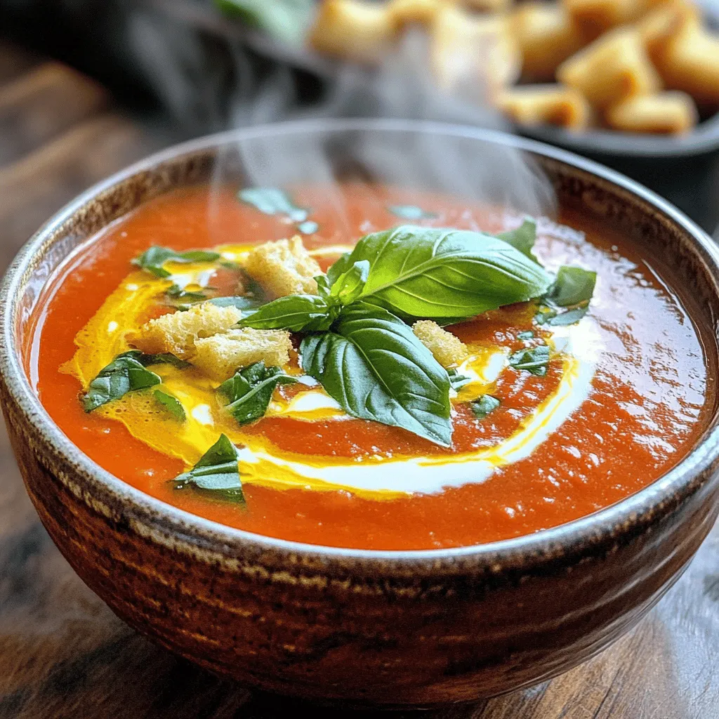 Für die cremige Tomaten-Basilikum-Suppe benötigst du folgende Zutaten: - 2 Esslöffel Olivenöl - 1 kleine Zwiebel, gewürfelt - 3 Knoblauchzehen, fein gehackt - 1 Dose (28 oz) geschälte Tomaten - 1 Tasse Gemüsebrühe - 1 Tasse Sahne - 1 Teelöffel Zucker (optional) - Salz und Pfeffer nach Geschmack - 1/4 Tasse frisches Basilikum, gehackt - 1 Esslöffel Balsamico-Essig - Croutons und frische Basilikumblätter zum Garnieren Frische Zutaten bringen mehr Geschmack und Nährstoffe. Konservierte Zutaten sind oft praktisch und schnell. Wenn du frische Tomaten verwendest, achte darauf, dass sie reif sind. Sie geben der Suppe einen tollen Geschmack. Konservierte Tomaten sind jedoch einfach zu lagern und oft günstiger. Beide Optionen haben Vorteile und Nachteile. Für die Suppe sind einige Gewürze nützlich. Salz und Pfeffer sind wichtig für den Geschmack. Zucker kann helfen, die Säure der Tomaten auszugleichen. Du kannst auch Kräuter wie Oregano oder Thymian hinzufügen, um mehr Tiefe zu erzeugen. Wenn du spezielle diätetische Bedürfnisse hast, gibt es Alternativen. Anstelle von Sahne kannst du Kokosmilch oder Cashewcreme verwenden. Diese Optionen sind gut für Veganer oder Menschen mit Laktoseintoleranz. Insgesamt kannst du die Aromen anpassen, um deinen persönlichen Geschmack zu treffen. Wenn du mehr Informationen benötigst, schau dir das [Full Recipe] an. Um die Zutaten schnell zu schneiden, benutze ein scharfes Messer. Halte die Zwiebel mit einer Hand fest, während du mit der anderen schneidest. So geht es schneller und sicherer. Für den Knoblauch schneide die Wurzel ab und drücke die Zehen leicht. Das macht das Schälen einfach. Verwende hochwertiges Olivenöl. Es gibt deiner Suppe einen tollen Geschmack. Erhitze das Öl in einem großen Topf bei mittlerer Hitze. So bleibt das Öl stabil und die Zutaten braten gleichmäßig. Beginne mit dem Erhitzen des Öls. Füge die Zwiebeln hinzu und koche sie fünf Minuten lang. Die Zwiebeln sollten weich und glasig sein. Danach kommt der Knoblauch. Brate ihn nur eine Minute, damit er nicht verbrennt. Jetzt ist es Zeit für die Tomaten. Öffne die Dose und gib die Tomaten mit dem Saft in den Topf. Füge die Gemüsebrühe hinzu und bringe alles zum Kochen. Lass die Mischung 15 Minuten köcheln. So verbinden sich die Aromen gut. Wenn du die Suppe pürieren möchtest, nutze einen Stabmixer. Das ist einfach und schnell. Halte den Mixer am Boden des Topfes und arbeite dich nach oben. Wenn du keinen Stabmixer hast, gib die Suppe vorsichtig in einen Standmixer. Püriere sie bis zur gewünschten Cremigkeit. Um die Konsistenz zu ändern, kannst du mehr Brühe hinzufügen. Wenn du eine dickere Suppe magst, lass sie länger kochen. Füge die Sahne hinzu, um einen reichhaltigen Geschmack zu bekommen. Das gehackte Basilikum gibt der Suppe einen frischen Geschmack. Du kannst auch einen Schuss Balsamico-Essig hinzufügen. Das sorgt für eine schöne Balance. Rühre alles gut um und lasse es für fünf Minuten köcheln. Du findest das komplette Rezept in der Full Recipe. Um die perfekte Konsistenz deiner cremigen Tomaten-Basilikum-Suppe zu erreichen, kannst du die Textur anpassen. Möchtest du eine dickere Suppe? Dann püriere sie weniger. Für eine dünnere Suppe püriere sie mehr. - Dicker: Püriere weniger, füge mehr Gemüse hinzu. - Dünner: Füge mehr Brühe oder Wasser hinzu. Brühe gibt mehr Geschmack, während Wasser neutral bleibt. Ich empfehle Gemüsebrühe für einen besseren Geschmack. Manchmal wird die Suppe zu sauer. Keine Panik! Du kannst den Geschmack leicht anpassen. - Was tun, wenn es zu sauer ist? Füge einen Teelöffel Zucker hinzu. Der Zucker balanciert die Säure gut aus. - Wie man den Geschmack richtig ausbalanciert: Probiere die Suppe und passe die Gewürze an. Mehr Salz oder Pfeffer kann helfen. Du kannst auch einen Schuss Sahne hinzufügen, um die Säure zu mildern. Die Präsentation deiner Suppe macht viel aus. Hier sind einige Vorschläge: - Vorschläge für die Garnitur: Garniere mit frischem Basilikum oder einem Spritzer Sahne. Croutons geben einen tollen Crunch. - Beilagen, die gut zur Suppe passen: Serviere die Suppe mit einem Stück frischem Brot oder einem kleinen Salat. Diese Kombination macht das Essen noch leckerer. Für das vollständige Rezept, schau dir die [Full Recipe] an! {{image_4}} Für eine vegane oder milchfreie Option können Sie die Sahne durch Kokosmilch ersetzen. Diese Milch bringt eine schöne, cremige Textur, ohne tierische Produkte. Sie können auch Mandelmilch oder Hafermilch verwenden. Fügen Sie zusätzlich etwas mehr Gewürze hinzu, um den Geschmack zu verstärken. Eine andere tolle Idee ist, zusätzliche Gemüsesorten in die Suppe zu integrieren. Karotten oder Sellerie geben mehr Süße und Textur. Auch Zucchini oder Spinat sind großartige Optionen. Diese Gemüsesorten fügen nicht nur Geschmack hinzu, sondern auch Nährstoffe. Um mediterrane Akzente hinzuzufügen, können Sie Oliven oder Feta-Käse als Topping verwenden. Diese Zutaten bringen einen salzigen und herzhaften Geschmack. Ein Spritzer Zitronensaft kann die Aromen auch aufhellen und erfrischen. Wenn Sie die Geschmacksrichtungen variieren möchten, versuchen Sie, italienische Kräuter wie Oregano oder Thymian hinzuzufügen. Diese Kräuter passen perfekt zu Tomaten und verstärken die Wärme der Suppe. Mit diesen einfachen Änderungen können Sie die Suppe immer wieder neu gestalten. Für das vollständige Rezept besuchen Sie die [Full Recipe]. Um die cremige Tomaten-Basilikum-Suppe richtig zu lagern, folge diesen einfachen Schritten: - Lass die Suppe zuerst auf Raumtemperatur abkühlen. - Fülle die Suppe in einen luftdichten Behälter. - Lege ein Stück Frischhaltefolie direkt auf die Oberfläche, um Verfärbungen zu vermeiden. Im Kühlschrank bleibt die Suppe bis zu fünf Tage frisch. Du kannst sie auch einfrieren. In einem geeigneten Behälter hält sie bis zu drei Monate. Achte darauf, nur die Menge einzufrieren, die du benötigst. So vermeidest du Verschwendung. Das Aufwärmen der Suppe ist einfach. Hier sind meine besten Tipps: - Erhitze die Suppe langsam in einem Topf bei mittlerer Hitze. - Rühre regelmäßig um, damit sie gleichmäßig warm wird. - Füge bei Bedarf einen Schuss Wasser oder Brühe hinzu, um die Konsistenz zu verbessern. Nach dem Lagern kann die Suppe etwas dicker werden. Um die cremige Textur wiederherzustellen, püriere sie kurz mit einem Stabmixer. So bleibt der Geschmack frisch und lecker. Wenn du die Suppe aufwärmst, schmecke sie erneut ab. Füge mehr Salz, Pfeffer oder frisches Basilikum hinzu, um den Geschmack zu intensivieren. Für das vollständige Rezept, schau dir die detaillierte Anleitung in der [Full Recipe] an. Die Suppe hält sich gut im Kühlschrank für 3 bis 5 Tage. Stelle sicher, dass die Suppe in einem luftdichten Behälter ist. So bleibt der Geschmack frisch. Wenn du die Suppe nicht innerhalb dieser Zeit isst, kannst du sie einfrieren. Im Gefrierfach hält sie bis zu 3 Monate. Achte darauf, die Suppe vor dem Einfrieren vollständig abzukühlen. Ja, du kannst die Suppe im Voraus zubereiten. Das macht das Kochen einfacher. Koche die Suppe und lasse sie abkühlen. Fülle sie dann in einen Behälter und stelle sie in den Kühlschrank. Du kannst die Suppe ein bis zwei Tage vorher machen. So haben die Aromen Zeit, sich zu vermischen. Erwärme die Suppe vor dem Servieren. Es gibt viele leckere Beilagen, die zur Suppe passen. Hier sind ein paar Ideen: - Frisches Baguette oder Ciabatta - Gegrillter Käse-Sandwich - Ein einfacher grüner Salat - Croutons für einen schönen Crunch - Knoblauchbrot für mehr Geschmack Ja, es gibt viele gesunde Alternativen für Sahne. Du kannst zum Beispiel: - Kokosmilch für eine milchfreie Version verwenden. - Mandelmilch oder Sojamilch für eine leichtere Variante nutzen. - Cashewcreme selbst machen, um eine cremige Textur zu erhalten. Diese Optionen geben dir die Cremigkeit, die du brauchst, mit weniger Fett. Schau dir das Full Recipe an, um deine Lieblingsalternative auszuwählen. Zusammenfassend haben wir die wichtigsten Zutaten und Gewürze für die cremige Tomaten-Basilikum-Suppe besprochen. Ich habe dir eine Schritt-für-Schritt-Anleitung gegeben, von der Vorbereitung bis zur Verfeinerung der Aromen. Wir haben auch kreative Variationen und Lagerungshinweise behandelt. Diese Suppe ist einfach zuzubereiten und flexibel. Du kannst sie an deinen Geschmack anpassen. Experimentiere mit neuen Zutaten und genieße dein Essen. Nutze die Tipps, um das Beste aus deiner Suppe herauszuholen. So erhältst du immer ein köstliches Ergebnis.