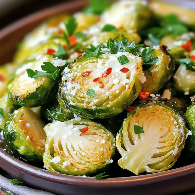 - 450 g Röstbrüsselkohl, gesäubert und halbiert - 3 Esslöffel Olivenöl - 4 Knoblauchzehen, fein gehackt - 125 g geriebener Parmesan-Käse - 1 Teelöffel Knoblauchpulver - 1 Teelöffel Zwiebelpulver - 1/4 Teelöffel rote Pfefferflocken (optional für die Würze) - Frische Petersilie, gehackt (zur Dekoration) Wenn du Röstbrüsselkohl zubereitest, brauchst du frische Zutaten. Röstbrüsselkohl ist das Herzstück dieses Gerichts. Achte darauf, ihn gut zu säubern und zu halbieren. So wird er gleichmäßig gar. Das Olivenöl gibt dem Gemüse Geschmack und hilft beim Rösten. Der Knoblauch ist ein Muss! Er bringt das Gericht zum Leben. Für die Würze verwenden wir Parmesan-Käse. Er verleiht dem Röstbrüsselkohl eine cremige Textur. Knoblauchpulver und Zwiebelpulver verstärken die Aromen. Wenn du etwas Schärfe magst, füge rote Pfefferflocken hinzu. Sie bringen eine schöne Note. Frische Petersilie ist perfekt, um das Gericht zu dekorieren und den Geschmack zu heben. Für das vollständige Rezept, schau dir die [Full Recipe] an. Heize deinen Ofen auf 220°C vor. Dies sorgt für eine perfekte Röstung. Während der Ofen aufheizt, bereite die Röstbrüsselkohl vor. Nimm 450 g Röstbrüsselkohl, säubere ihn gut und halbiere jede Röschen. Halbiere sie, damit sie gleichmäßig rösten. In einer großen Schüssel vermenge die halbierten Röstbrüsselkohl mit 3 Esslöffeln Olivenöl. Füge 4 fein gehackte Knoblauchzehen, 1 Teelöffel Knoblauchpulver und 1 Teelöffel Zwiebelpulver hinzu. Streue 1 Teelöffel Salz und 1/2 Teelöffel schwarzen Pfeffer in die Schüssel. Wenn du magst, füge 1/4 Teelöffel rote Pfefferflocken für etwas Schärfe hinzu. Rühre alles gut um, bis der Röstbrüsselkohl gleichmäßig beschichtet ist. Verteile den gewürzten Röstbrüsselkohl gleichmäßig auf einem Backblech. Achte darauf, dass die Schnittseite nach unten zeigt. Dies hilft bei der Karamellisierung. Stelle das Blech in den vorgeheizten Ofen. Röste die Röstbrüsselkohl für 20 bis 25 Minuten. Schüttel das Blech nach der Hälfte der Garzeit, damit sie gleichmäßig garen. Wenn sie goldbraun sind, sind sie fertig. Die Röstbrüsselkohl sind jetzt bereit für den Parmesan. Streue 125 g geriebenen Parmesan-Käse gleichmäßig darüber. Gib das Blech für weitere 2-3 Minuten in den Ofen. So schmilzt der Käse schön. Serviere die Röstbrüsselkohl heiß, garniert mit frischer, gehackter Petersilie für einen tollen Farbkontrast. Für das vollständige Rezept, siehe die Sektion "Full Recipe". Um die Röstbrüsselkohl perfekt zu karamellisieren, achte auf die Schnittseite. Diese sollte nach unten zeigen, wenn du sie auf das Backblech legst. So wird die Fläche schön braun und knusprig. Ein gutes Backblech ist wichtig. Verwende ein großes, damit die Röstbrüsselkohl genug Platz haben. Überfüllung sorgt für Dampfung statt Röstung. Zusätzliche Gewürze können den Geschmack intensivieren. Probiere zum Beispiel geräuchertes Paprikapulver oder Kreuzkümmel. Diese Gewürze bringen eine neue Dimension. Wenn du kein frisches Petersilien magst, nimm Basilikum oder Koriander. Diese Kräuter geben ebenfalls einen tollen Geschmack. Die Präsentation ist wichtig! Serviere die Röstbrüsselkohl in einer flachen Schüssel. So kommen die Farben gut zur Geltung. Du kannst sie auch mit etwas mehr Parmesan bestreuen. Das sieht schön aus und schmeckt köstlich. Diese Röstbrüsselkohl passen gut zu vielen Gerichten. Kombiniere sie mit gebratenem Hähnchen oder einem frischen Salat. Für das vollständige Rezept schau hier: [Full Recipe]. {{image_4}} Um das Rezept zu variieren, kannst du verschiedene Gemüsesorten hinzufügen. Karotten sind eine tolle Option. Sie bringen Süße und Farbe. Paprika ist auch eine gute Wahl. Sie gibt einen frischen Crunch. Du kannst auch andere Kohlsorten verwenden. Wir mögen zum Beispiel Rosenkohl oder Grünkohl. Diese Alternativen geben deinem Gericht einen neuen Dreh. Wenn du eine vegane Version möchtest, ersetze den Parmesan. Pflanzliche Optionen sind einfach zu finden. Du kannst Cashewkäse oder andere vegane Käsesorten verwenden. Eine weitere gute Wahl sind Hefeflocken. Sie geben einen herzhaften Geschmack. So bleibt der Umami-Geschmack auch in der veganen Variante erhalten. Wenn du es schärfer magst, füge Chili hinzu. Frische Chilis geben einen tollen Kick. Du kannst auch getrocknete Chilis verwenden. Möchtest du etwas Süße? Honig oder Ahornsirup sind perfekt. Sie balancieren die Schärfe aus. Diese Variationen machen das Gericht noch interessanter. Um die Knoblauch Parmesan Röstbrüsselkohl frisch zu halten, lagere sie im Kühlschrank. Verwende einen luftdichten Behälter. So bleiben die Röstbrüsselkohl 3-5 Tage lang gut. Vor dem Servieren kannst du sie leicht aufwärmen. Wenn du die Röstbrüsselkohl länger aufbewahren möchtest, friere sie ein. Lege die abgekühlten Röstbrüsselkohl in einen Gefrierbeutel. Drücke die Luft heraus, bevor du den Beutel verschließt. So bleiben sie bis zu 3 Monate frisch. Um die Röstbrüsselkohl wieder aufzuwärmen, lasse sie zunächst im Kühlschrank auftauen. Um die Röstbrüsselkohl aufzuwärmen, nutze den Ofen für die beste Textur. Heize den Ofen auf 180°C vor. Lege die Röstbrüsselkohl auf ein Backblech und erwärme sie für etwa 10-15 Minuten. Alternativ kannst du die Röstbrüsselkohl auch in der Mikrowelle aufwärmen. Stelle sie in eine mikrowellengeeignete Schüssel. Erwärme sie in 30-Sekunden-Intervallen, bis sie heiß sind. Achte darauf, dass sie gleichmäßig erhitzt werden. Für das vollständige Rezept, schau dir den [Full Recipe] an. Röstbrüsselkohl braucht etwa 20 bis 25 Minuten im Ofen. Du solltest die Temperatur auf 220°C einstellen. Die Röschen sollten goldbraun und zart sein, wenn sie fertig sind. Achte darauf, das Blech nach der Hälfte der Zeit zu schütteln. So garen sie gleichmäßig und werden schön knusprig. Ja, du kannst Röstbrüsselkohl im Voraus zubereiten. Wasche und schneide den Röstbrüsselkohl einfach und lege ihn in einen Behälter. Du kannst ihn bis zu zwei Tage im Kühlschrank aufbewahren. Wenn du bereit bist, ihn zu rösten, einfach die Gewürze hinzufügen und nach Rezept zubereiten. So sparst du Zeit, wenn Gäste kommen oder du wenig Zeit hast. Röstbrüsselkohl passt gut zu vielen Gerichten. Du kannst ihn mit gegrilltem Hähnchen oder Fisch servieren. Auch eine Quinoa- oder Reisbeilage passt gut dazu. Für eine vegetarische Option, kombiniere ihn mit einem würzigen Kichererbsensalat. Die Kombination macht dein Essen bunt und schmackhaft. Der Geschmack von Knoblauch ist stark und würzig. Er gibt dem Röstbrüsselkohl eine tolle Tiefe. Parmesan ist salzig und nussig. Diese Aromen ergänzen sich perfekt. Zusammen bringen sie einen reichen, herzhaften Geschmack in das Gericht. Es ist eine wunderbare Kombination, die viele Menschen lieben. Röstbrüsselkohl ist einfach zuzubereiten und lecker. Wir haben die Hauptzutaten wie Olivenöl und Knoblauch behandelt. Gewürze wie Parmesan und Knoblauchpulver bringen noch mehr Geschmack. Die Schritt-für-Schritt-Anleitung zeigt, wie man den Kohl perfekt röstet. Nutzen Sie Tipps für die beste Karamellisierung und Varianten für noch kreativere Rezepte. Denken Sie daran, wie Sie den Kohl lagern und aufwärmen. So genießen Sie jedes Mal frischen, köstlichen Röstbrüsselkohl. Probieren Sie es aus und entdecken Sie neue Möglichkeiten!