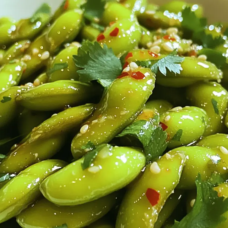 - 2 Tassen Edamame, in Schoten (frisch oder gefroren) - 4 Knoblauchzehen, fein gehackt - 1 Esslöffel Sesamöl - 1 Esslöffel Olivenöl - 1 Teelöffel rote Paprikaflocken - 1 Esslöffel Sojasauce (oder Tamari für glutenfrei) - 1 Teelöffel Honig oder Ahornsirup - 1 Teelöffel Limettensaft - Salz nach Geschmack - Frischer Koriander zur Garnitur (optional) Achte darauf, frische Edamame auszuwählen, wenn möglich. Gefrorene Edamame sind ebenfalls eine gute Wahl. Sie bieten einen schnellen Snack. Verwende frischen Knoblauch für den besten Geschmack. Sesamöl bringt ein nussiges Aroma. Es ist reichhaltig und aromatisch. Sojasauce gibt dem Gericht Tiefe. Achte darauf, glutenfreie Sojasauce zu verwenden, falls nötig. Honig oder Ahornsirup sorgt für eine süße Note. Limettensaft hebt die Aromen hervor. Für Veganer ist Ahornsirup eine tolle Option. Verwende Tamari statt Sojasauce, um glutenfrei zu sein. Bei Nussallergien kannst du das Sesamöl weglassen. Das Gericht bleibt trotzdem lecker. Wenn du Knoblauch nicht magst, lasse ihn weg. Die Edamame bleiben trotzdem schmackhaft. Wenn du keine Sojasauce verwenden kannst, probiere Kokosnussaminos. Sie bieten einen ähnlichen Geschmack. Um die Edamame vorzubereiten, sollten Sie frische oder gefrorene Schoten wählen. Wenn Sie gefrorene Edamame haben, kochen Sie diese nach den Anweisungen auf der Verpackung. Lassen Sie sie gut abtropfen. Frische Edamame sollten Sie etwa 5-7 Minuten dämpfen, bis sie zart sind. Achten Sie darauf, die Schoten nicht zu lange zu garen. Sie sollen knackig bleiben. In einer großen Pfanne oder einem Wok erhitzen Sie das Sesamöl und das Olivenöl bei mittlerer Hitze. Fügen Sie die fein gehackten Knoblauchzehen hinzu. Braten Sie den Knoblauch 1-2 Minuten an, bis er aromatisch riecht, aber nicht braun wird. Rühren Sie ständig, damit er nicht anbrennt. Geben Sie jetzt die roten Paprikaflocken dazu und kochen Sie alles für weitere 30 Sekunden. Das Öl nimmt die scharfen Aromen auf. Jetzt kommen die gekochten Edamame in die Pfanne. Rühren Sie gut um, sodass die Schoten gleichmäßig mit der Knoblauch-Öl-Mischung überzogen sind. Träufeln Sie die Sojasauce und den Honig (oder Ahornsirup) darüber. Vermengen Sie alles gut und lassen Sie es 2-3 Minuten köcheln. Das Gericht sollte gut durchwärmt sein. Nehmen Sie die Pfanne vom Herd und rühren Sie den Limettensaft unter. Würzen Sie das Ganze nach Geschmack mit Salz. Servieren Sie die Edamame heiß und garnieren Sie sie nach Belieben mit frischem Koriander. Genießen Sie diesen schnellen, schmackhaften Snack! Für das vollständige Rezept, sehen Sie sich die [Full Recipe] an. Ein häufiger Fehler ist, den Knoblauch zu lange zu braten. Er sollte nur kurz anbraten, bis er duftet. Wenn er bräunt, wird er bitter. Achten Sie darauf, die Edamame nicht zu überkochen. Sie sollten zart, aber knackig bleiben. Zu viel Sojasauce kann das Gericht salzig machen. Beginnen Sie mit weniger und fügen Sie nach Geschmack mehr hinzu. Sie können die Schärfe anpassen. Fügen Sie mehr oder weniger rote Paprikaflocken hinzu. Für einen asiatischen Touch probieren Sie etwas Ingwer oder Frühlingszwiebeln. Ein Spritzer Sesamöl verstärkt den Geschmack. Für eine nussige Note können Sie geröstete Sesamsamen darüber streuen. Wenn Sie eine glutenfreie Option suchen, verwenden Sie Tamari statt Sojasauce. Servieren Sie die Edamame als Snack oder Vorspeise. Sie passen gut zu Sushi oder asiatischen Gerichten. Eine Schale mit Limettenschnitzen bietet einen frischen Kontrast. Kombinieren Sie sie mit einem kühlen Getränk wie grüner Tee oder Sake. Für eine festliche Note können Sie sie auf einem schönen Teller anrichten. So werden sie zum Hingucker auf jedem Tisch. Für die vollständige Zubereitung dieses köstlichen Snacks schauen Sie sich das [Full Recipe] an. {{image_4}} Wenn Sie Edamame übrig haben, lagern Sie sie in einem luftdichten Behälter. So bleiben sie frisch. Stellen Sie sicher, dass der Behälter gut verschlossen ist. Sie können die Edamame auch mit etwas Salz bestreuen. Das hilft, den Geschmack zu erhalten. Lagern Sie sie im Kühlschrank. So bleiben sie bis zu drei Tage genießbar. Einfrieren ist eine gute Methode, um Edamame länger zu halten. Blanchieren Sie die Edamame zuerst in kochendem Wasser für 2-3 Minuten. Danach legen Sie sie sofort in Eiswasser. Das stoppt den Kochprozess. Lassen Sie sie gut abtropfen und trocknen. Packen Sie die Edamame in einen gefriergeeigneten Beutel. Entfernen Sie die Luft, bevor Sie den Beutel verschließen. So bleiben sie bis zu sechs Monate frisch. Um Edamame aufzuwärmen, nutzen Sie eine Pfanne. Erhitzen Sie etwas Öl bei mittlerer Hitze. Fügen Sie die Edamame hinzu und braten Sie sie für einige Minuten. So werden sie gleichmäßig warm. Sie können auch einen Dampfgarer verwenden. Dies hilft, die Textur zu erhalten. Stellen Sie sicher, dass Sie die Edamame nicht zu lange erhitzen. So bleiben sie knackig und lecker. Edamame sind grüne Sojabohnen und sehr nahrhaft. Sie sind reich an Proteinen, Ballaststoffen und wichtigen Vitaminen. Eine Tasse Edamame enthält etwa: - 17 Gramm Protein - 8 Gramm Ballaststoffe - Vitamine wie A, C, und K - Mineralien wie Eisen und Magnesium Diese Nährstoffe helfen, die Muskeln zu stärken und die Verdauung zu fördern. Edamame sind auch kalorienarm, was sie zu einem gesunden Snack macht. Knoblauch ist mehr als nur ein Gewürz. Er hat viele gesundheitsfördernde Eigenschaften. Knoblauch kann: - Das Immunsystem stärken - Den Blutdruck senken - Den Cholesterinspiegel verbessern Die in Knoblauch enthaltenen Antioxidantien schützen die Zellen. Das macht ihn zu einer tollen Ergänzung in vielen Gerichten, auch in Spicy Garlic Edamame. Dieses Rezept ist vegan und perfekt für alle, die pflanzliche Kost lieben. Es enthält keine tierischen Produkte. Dies bietet viele Vorteile, wie: - Förderung einer gesunden Ernährung - Unterstützung des Umweltschutzes - Einhaltung ethischer Standards Spicy Garlic Edamame sind nicht nur lecker, sondern auch eine großartige Wahl für eine bewusste Ernährung. Du kannst sie als Snack oder Beilage genießen. Es ist einfach, gesund und macht Spaß! Für das vollständige Rezept schau hier: [Full Recipe]. Die Zubereitung von Spicy Garlic Edamame dauert insgesamt etwa 15 Minuten. Wenn Sie gefrorene Edamame verwenden, beachten Sie die Kochzeit auf der Verpackung. Frische Edamame benötigen nur 5 bis 7 Minuten im Dampfgarer. Die restlichen Schritte gehen schnell und einfach. Ja, Sie können das Rezept anpassen. Reduzieren Sie die Menge der roten Paprikaflocken. Sie können auch den Knoblauch verringern, um den Geschmack zu mildern. Fügen Sie mehr Sojasauce oder etwas Gemüsebrühe hinzu, um den Geschmack anzupassen. Experimentieren Sie, um Ihren perfekten Geschmack zu finden. Spicy Garlic Edamame passt gut zu vielen Gerichten. Servieren Sie es als Beilage zu Sushi oder Reisgerichten. Es passt auch gut zu asiatischen Salaten oder als Snack bei einem Filmabend. Kombinieren Sie es mit frischem Gemüse oder anderen Dips für mehr Vielfalt. In diesem Artikel haben wir die Zutaten von Spicy Garlic Edamame genau besprochen. Wir haben Tipps gegeben, um häufige Fehler zu vermeiden und Variationen des Rezepts vorgestellt. Außerdem erfuhren wir, wie man Edamame richtig lagert und aufwärmt. Die Gesundheitsvorteile sind ebenfalls wichtig. Sie bieten Nährstoffe und fördern eine gesunde Ernährung. Nutze dieses Wissen, um das Rezept zu meistern und zu genießen. Edamame sind nicht nur lecker, sondern auch gesund!