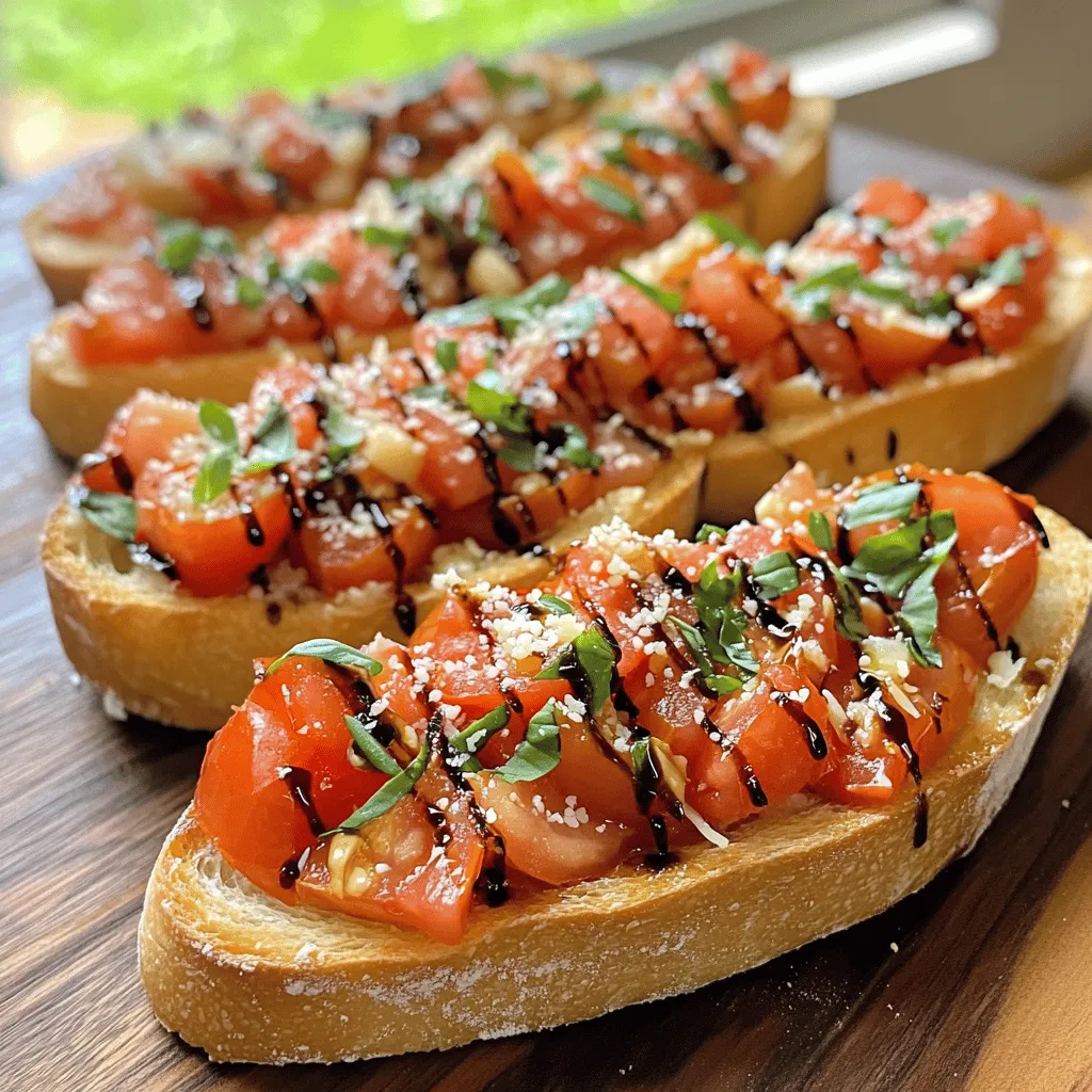 - 4 reife Roma-Tomaten - 1 Knoblauchzehe - Frische Basilikumblätter Ich liebe es, die Hauptzutaten für diese Bruschetta auszuwählen. Die Roma-Tomaten sind perfekt, weil sie süß und saftig sind. Achte darauf, dass sie reif sind. So erhältst du den besten Geschmack. Die Knoblauchzehe bringt einen tollen Kick. Ich hacke sie immer fein, um den vollen Geschmack zu nutzen. Frische Basilikumblätter sind der Schlüssel. Sie geben der Bruschetta ein frisches Aroma. - Balsamico-Glasur - Natives Olivenöl extra - Salz und Pfeffer Balsamico-Glasur ist eine wunderbare Ergänzung. Sie sorgt für eine süße und saure Note. Natives Olivenöl extra sorgt für ein reichhaltiges Aroma. Ich benutze es immer in meinen Rezepten. Salz und Pfeffer sind wichtig, um den Geschmack zu heben. Verwende sie nach deinem persönlichen Geschmack. - Französisch Baguette - Frisch geriebener Parmesan (optional) Für die perfekte Basis empfehle ich ein französisches Baguette. Es hat eine knusprige Außenhülle und ist weich innen. Wenn du es magst, füge frisch geriebenen Parmesan hinzu. Das gibt der Bruschetta eine cremige Textur. Du kannst das Rezept nach deinem Geschmack anpassen. Es macht Spaß, mit verschiedenen Zutaten zu experimentieren. Damit wird jede Bruschetta einzigartig! Du kannst das vollständige Rezept für Sonnenverwöhnte Tomaten-Basilikum-Bruschetta finden, um die genauen Mengen und Zubereitungsschritte zu sehen. Beginnen Sie mit den Tomaten. Nehmen Sie vier reife Roma-Tomaten und schneiden Sie sie in kleine Würfel. Fügen Sie eine fein gehackte Knoblauchzehe hinzu. Mischen Sie die Tomaten und den Knoblauch sanft in einer großen Schüssel. Jetzt kommen die frischen Basilikumblätter dazu. Schneiden Sie etwa 1/4 Tasse Basilikum in feine Streifen. Geben Sie auch diese in die Schüssel. Rühren Sie alles gut um. So verbinden sich die Aromen perfekt. Jetzt wird es spannend. Träufeln Sie zwei Esslöffel Balsamico-Glasur über die Tomatenmischung. Fügen Sie auch drei Esslöffel natives Olivenöl extra hinzu. Dann kommt das Salz und der Pfeffer. Seien Sie großzügig mit den Gewürzen. Rühren Sie alles vorsichtig um. So wird jeder Bissen voller Geschmack. Heizen Sie Ihren Ofen auf 200 °C vor. Schneiden Sie ein französisches Baguette in 1,5 cm dicke Scheiben. Legen Sie die Baguettescheiben gleichmäßig auf ein Backblech. Bestreichen Sie beide Seiten leicht mit Olivenöl. Toasten Sie das Baguette im Ofen für etwa 5 bis 7 Minuten. Warten Sie, bis die Scheiben goldbraun und knusprig sind. Wenn die Baguettescheiben leicht abgekühlt sind, ist es Zeit zum Anrichten. Nehmen Sie einen Löffel der Tomaten-Basilikum-Mischung. Geben Sie diese auf jede geröstete Baguettescheibe. Wenn Sie möchten, können Sie frisch geriebenen Parmesan hinzufügen. Das macht die Bruschetta noch leckerer. Zum Schluss träufeln Sie einen kleinen Spritzer Balsamico-Glasur über die Bruschetta. Das bringt den Geschmack auf die nächste Stufe. Servieren Sie die Bruschetta sofort. Genießen Sie diesen köstlichen Snack oder Appetizer mit Freunden. Wenn Sie mehr erfahren möchten, sehen Sie sich das Full Recipe an. Um die besten Tomaten auszuwählen, achte auf die Farbe und Textur. Aromatische und reife Tomaten sollten eine tiefe, satte Farbe haben. Drücke leicht auf die Tomate. Sie sollte sich fest, aber leicht nachgeben anfühlen. Vermeide Tomaten mit Dellen oder dunklen Flecken. Roma-Tomaten sind besonders gut für Bruschetta, da sie saftig und geschmackvoll sind. Frischer Basilikum macht einen großen Unterschied. Sein Geschmack ist lebendig und frisch. Wenn du die Blätter zerrisst oder schneidest, entfalten sie ihr Aroma. Füge das Basilikum erst kurz vor dem Servieren hinzu, damit es frisch bleibt. Dies hebt den Geschmack der Bruschetta wirklich hervor. Lass die Tomatenmischung vor dem Servieren eine Weile ziehen. Dies ermöglicht, dass die Aromen sich gut verbinden. Die Mischung wird saftiger und schmeckt besser. Ein guter Tipp ist, die Mischung für 20 bis 30 Minuten ruhen zu lassen. So wird jede Baguettescheibe mit Geschmack vollgepackt. {{image_4}} Du kannst Hülsenfrüchte oder anderes Gemüse hinzufügen. Kichererbsen oder schwarze Bohnen passen gut dazu. Karotten oder Paprika bringen Farbe und Knusprigkeit. Diese Zutaten machen die Bruschetta noch nahrhafter und abwechslungsreicher. Feta oder schwarze Oliven geben deiner Bruschetta mehr Geschmack. Der salzige Feta ergänzt die Süße der Tomaten. Oliven bringen eine herzhafte Note, die toll mit Basilikum harmoniert. Probiere auch getrocknete Tomaten für eine intensivere Geschmacksrichtung. Statt Baguette kannst du Vollkornbrot oder Ciabatta verwenden. Vollkornbrot ist gesünder und bietet einen nussigen Geschmack. Ciabatta hat eine luftige Textur, die gut die Tomatenmischung aufnimmt. Experimentiere mit verschiedenen Brotsorten für neue Geschmackserlebnisse. Für das komplette Rezept, schau dir die [Full Recipe] an. Um Tomaten frisch zu halten, lagern Sie sie bei Zimmertemperatur. Das hilft, ihren Geschmack zu bewahren. Vermeiden Sie den Kühlschrank, da die Kälte die Textur schädigt. Basilikum sollte ebenfalls bei Zimmertemperatur gelagert werden. Stellen Sie ihn in ein Glas Wasser, wie einen Blumenstrauß. So bleibt er frisch und grün. Wenn Sie Bruschetta übrig haben, lagern Sie sie in einem luftdichten Behälter im Kühlschrank. So bleibt sie bis zu zwei Tage frisch. Achten Sie darauf, die Tomatenmischung separat vom Brot zu lagern. Das Brot wird sonst weich und verliert seine Knusprigkeit. Wenn Sie möchten, können Sie die Mischung auch einfrieren. Nutzen Sie dafür einen Gefrierbehälter. Sie können sie später aufgetaut genießen! Um die Knusprigkeit des gerösteten Baguettes zu bewahren, lagern Sie es in einem Papiertuch, nicht in Plastik. Plastik macht das Brot schnell weich. Wenn Sie das Baguette wieder aufwärmen möchten, legen Sie es für ein paar Minuten in den Ofen. So wird es wieder knusprig, genau wie frisch geröstet. Bruschetta bleibt im Kühlschrank etwa zwei Tage frisch. Lagern Sie die Mischung in einem luftdichten Behälter. Das Brot wird jedoch schnell weich. Ich empfehle, das Brot getrennt aufzubewahren. So bleibt es knusprig. Vor dem Servieren können Sie das Brot leicht toasten. Ja, Sie können Bruschetta im Voraus machen. Bereiten Sie die Tomatenmischung bis zu vier Stunden vorher vor. Lagern Sie sie im Kühlschrank. Richten Sie die Mischung erst kurz vor dem Servieren auf das Brot an. So bleibt alles frisch und lecker. Ja, es gibt viele glutenfreie Brote. Suchen Sie nach glutenfreiem Baguette in Ihrem Geschäft. Sie können auch Reis- oder Maisbrot verwenden. Diese Optionen sind lecker und leicht zu finden. So kann jeder die Bruschetta genießen. Bruschetta ist einfach und lecker. Wir haben die Hauptzutaten wie reife Tomaten und frischen Basilikum behandelt. Zudem zeigten wir Schritte zur Zubereitung, um die perfekte Mischung zu erreichen. Variationen mit verschiedenen Broten und Zutaten bringen Vielfalt. Denke daran, wie du die frischen Zutaten lagerst. Die richtige Lagerung hält alles frisch und lecker. Probiere die Tipps aus, um dein Bruschetta zu verbessern! Egal, ob du es mit Freunden teilst oder alleine genießt, diese Vorspeise wird immer begeistern.