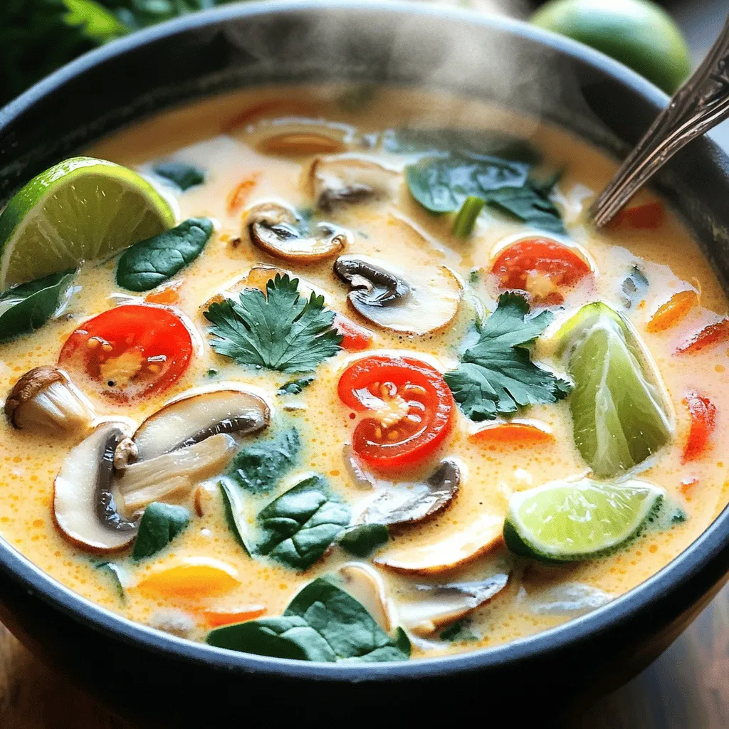 Für die Thai-Kokosnuss-Suppe brauchst du einige Hauptzutaten. Diese Zutaten bringen den echten Geschmack Thailands auf deinen Tisch. Hier ist eine Liste: - 1 Dose (400 ml) Kokosmilch - 500 ml Gemüsebrühe - 150 g Champignons, in Scheiben geschnitten - 150 g Cherrytomaten, halbiert - 1 rote Paprika, in Streifen geschnitten - 100 g Babyspinat - 1 Esslöffel frischer Ingwer, gerieben - 2 Knoblauchzehen, fein gehackt - 1 Esslöffel Limettensaft - 2 Esslöffel rote Currypaste - 1 Esslöffel Sojasauce - 1 Esslöffel Olivenöl - Frischer Koriander und Limettenspalten zur Garnitur - Salz nach Geschmack Alle diese Zutaten machen die Suppe cremig und lecker. Die Kokosmilch gibt den tollen, süßen Geschmack. Die Brühe sorgt für Tiefe. Gewürze bringen Leben in jede Suppe. Hier verwendest du frischen Ingwer und Knoblauch. Diese beiden Zutaten geben dir einen tollen, würzigen Duft. Die rote Currypaste fügt Schärfe und Farbe hinzu. Diese Mischung macht das Gericht besonders. Olivenöl ist wichtig, um die Aromen am Anfang gut zu entfalten. Es ist die Basis für das Anbraten von Ingwer und Knoblauch. So wird die Suppe aromatisch und einladend. Du kannst die Suppe leicht anpassen. Wenn du mehr Gemüse magst, füge Erbsen oder Brokkoli hinzu. Für Protein kannst du Tofu oder Hühnchen einfügen. Beide Optionen machen die Suppe nahrhaft. Magst du es scharf? Füge mehr rote Currypaste oder etwas frische Chili hinzu. Wenn du eine mildere Version willst, lass die Currypaste weg oder benutze weniger. Die Wahl der Zutaten ist ganz dir überlassen. Experimentiere und finde deine perfekte Mischung. Für detaillierte Anweisungen schau dir das Rezept für die cremige Thai-Kokosnuss-Suppe an. Die Vorbereitungszeit für diese köstliche Thai-Kokosnuss-Suppe beträgt nur 10 Minuten. Beginne mit dem Sammeln deiner Zutaten. Du brauchst: - 1 Dose (400 ml) Kokosmilch - 500 ml Gemüsebrühe - 150 g Champignons, in Scheiben geschnitten - 150 g Cherrytomaten, halbiert - 1 rote Paprika, in Streifen geschnitten - 100 g Babyspinat - 1 Esslöffel frischer Ingwer, gerieben - 2 Knoblauchzehen, fein gehackt - 1 Esslöffel Limettensaft - 2 Esslöffel rote Currypaste - 1 Esslöffel Sojasauce - 1 Esslöffel Olivenöl - Frischer Koriander und Limettenspalten zur Garnitur - Salz nach Geschmack Erhitze das Olivenöl in einem großen Topf bei mittlerer Hitze. Füge den gehackten Knoblauch und den geriebenen Ingwer hinzu. Brate sie 1-2 Minuten lang an. Du willst, dass die Aromen sich entfalten. Jetzt kommt der spaßige Teil! Rühre die rote Currypaste unter das angebratene Knoblauch-Ingwer-Gemisch. Lass es eine Minute lang köcheln. So wird die Currypaste aromatisch. Gieße die Gemüsebrühe und die Kokosmilch in den Topf. Rühre gut um, damit sich alles vermischt. Bring die Mischung zum sanften Köcheln. Dann füge die geschnittenen Champignons und die roten Paprikastreifen hinzu. Koche sie 5-7 Minuten lang, bis das Gemüse zart ist. Jetzt ist es Zeit, die halbierten Cherrytomaten und den Babyspinat hinzuzufügen. Koche die Suppe für weitere 2-3 Minuten, bis der Spinat mitgefallen ist. Füge den Limettensaft und die Sojasauce hinzu. Schmecke die Suppe mit Salz ab. Rühre alles gut um. Jetzt ist deine Suppe bereit zum Servieren! Gieße sie in tiefe Schalen. Garniere sie mit frischem Koriander und Limettenspalten. So sieht die Suppe nicht nur toll aus, sondern schmeckt auch fantastisch. Du wirst diese cremige Thai-Kokosnuss-Suppe lieben! Schau dir auch das Full Recipe an, um alle Details zu sehen. Um die perfekte Konsistenz zu erreichen, achte auf die Menge der Kokosmilch. Zu viel kann die Suppe schwer machen. Ein gutes Verhältnis ist eine Dose Kokosmilch zu 500 ml Brühe. Das gibt dir eine cremige, aber leichte Basis. Wähle frische Zutaten. Frisches Gemüse sorgt für mehr Geschmack und Textur. Die Champignons und Cherrytomaten bringen Süße und Tiefe. Achte darauf, die Brühe nicht zu stark zu salzen. So bleibt der natürliche Geschmack der Zutaten erhalten. Ein häufiger Fehler ist, die Suppe zu lange zu kochen. Das Gemüse wird dann matschig. Koche es nur, bis es zart ist. Wenn du den Limettensaft zu früh hinzufügst, kann die Suppe bitter werden. Warte bis zum Schluss, um die Frische zu bewahren. Ein weiterer Fehler ist, die rote Currypaste nicht genug zu mischen. Achte darauf, sie gut mit dem Öl und dem Knoblauch zu vermengen. Das bringt die Aromen richtig zur Geltung. Die Präsentation ist wichtig. Serviere die Suppe in tiefen Schalen. Garniere sie mit frischem Koriander und ein paar Limettenspalten. Das sieht nicht nur schön aus, sondern macht die Suppe auch einladend. Du kannst die Limettenspalten auch auf den Rand der Schale legen. Das gibt einen frischen Farbkontrast. Ein paar extra Cherrytomaten oder Paprikastreifen oben drauf machen die Suppe noch ansprechender. Diese Tipps helfen dir, die Thai-Kokosnuss-Suppe perfekt zu machen. Sie sorgt für einen tollen Genuss. Um das vollständige Rezept zu sehen, schau dir die Full Recipe an. {{image_4}} Wenn du eine vegetarische oder vegane Thai-Kokosnuss-Suppe zubereiten möchtest, ist das ganz einfach! Du kannst die Gemüsebrühe verwenden und die Sojasauce sicherstellen, dass sie vegan ist. Ersetze das Olivenöl durch Kokosöl für einen zusätzlichen Kokosgeschmack. Füge mehr Gemüse wie Brokkoli oder Karotten hinzu. Tofu ist auch eine tolle Proteinquelle, die du leicht einarbeiten kannst. Um deiner Suppe mehr Geschmack zu verleihen, kannst du einige zusätzliche Zutaten hinzufügen. Frische Kräuter wie Basilikum oder Thai-Basilikum bringen einen frischen Kick. Auch Chili oder rote Paprika geben der Suppe eine angenehme Schärfe. Wenn du es gerne süß magst, kannst du einen Teelöffel Zucker oder Honig hinzufügen. Das sorgt für eine schöne Balance zwischen süß und würzig. Die Thai-Kokosnuss-Suppe hat viele regionale Variationen. In einigen Teilen Thailands fügen Köche Meeresfrüchte wie Garnelen oder Fisch hinzu. Du kannst auch verschiedene Gemüsesorten verwenden, die in deiner Region verfügbar sind. In Nordthailand wird oft Zitronengras verwendet, um der Suppe einen besonderen Duft zu verleihen. Experimentiere mit Zutaten nach deinem Geschmack! Wenn du das Rezept ausprobieren möchtest, findest du die komplette Anleitung in der [Full Recipe]. Um die Thai-Kokosnuss-Suppe richtig zu lagern, nutze einen luftdichten Behälter. Lass die Suppe zuerst abkühlen. Dann fülle sie in den Behälter. Stelle sicher, dass der Deckel gut schließt. So bleibt die Suppe frisch und lecker. Die Suppe bleibt im Kühlschrank bis zu drei Tage frisch. Wenn du die Suppe einfrierst, hält sie bis zu drei Monate. Achte darauf, sie in Portionen einzufrieren. Das macht es einfacher, die richtige Menge aufzutauen. Um die Suppe wieder zu erwärmen, benutze einen Topf auf mittlerer Hitze. Rühre die Suppe gut um, um eine gleichmäßige Erwärmung zu gewährleisten. Du kannst auch einen Mikrowellenofen verwenden. Stelle sicher, dass du die Suppe in einem mikrowellengeeigneten Behälter erwärmst. Füge etwas Wasser oder Kokosmilch hinzu, wenn die Suppe zu dick ist. So bleibt sie cremig und lecker. Um die beste Thai-Kokosnuss-Suppe zu machen, folge dem Rezept genau. Beginne mit frischen Zutaten. Die Mischung aus Ingwer und Knoblauch gibt viel Geschmack. Verwende rote Currypaste, um die Schärfe zu steuern. Achte darauf, die Gemüsebrühe und Kokosmilch gut zu vermengen. Koche die Suppe sanft, damit die Aromen sich gut verbinden. Füge die Gemüse in der richtigen Reihenfolge hinzu. So bleibt alles knackig und frisch. Dies sind die Schritte, die das Gericht zu einem echten Genuss machen. Ja, frische Zutaten sind eine tolle Wahl! Sie bringen mehr Geschmack in die Suppe. Frisches Gemüse, wie Paprika und Spinat, sorgt für mehr Farbe und Nährstoffe. Du kannst auch frische Kräuter wie Koriander nutzen. Diese verleihen der Suppe ein frisches Aroma. Achte darauf, die Zutaten vor der Zubereitung gut zu waschen. So entfernst du Schmutz und Keime. Frische Zutaten machen jedes Gericht lebendiger und gesünder. Zu Thai-Kokosnuss-Suppe passen viele Beilagen. Reis ist eine gute Wahl, um die Suppe zu ergänzen. Du kannst weißen Reis oder Jasminreis verwenden. Frische Frühlingsrollen sind ebenfalls lecker. Sie sind leicht und passen gut zur Suppe. Wenn du es knusprig magst, probiere gebratene Wontons. Diese bringen eine schöne Textur. Auch ein einfacher Salat mit Limetten-Dressing harmoniert gut. So hast du eine ausgewogene Mahlzeit. Die Thai-Kokosnuss-Suppe ist einfach zu machen. Wir haben die Hauptzutaten, Gewürze und Anpassungen besprochen. Die Schritt-für-Schritt-Anleitung zeigt, wie man die Suppe richtig kocht und serviert. Tipps helfen, den perfekten Geschmack zu erreichen und häufige Fehler zu vermeiden. Variationen machen das Gericht spannend, und wir haben gelernte, wie man es richtig lagert. Ich hoffe, du fühlst dich bereit, diese leckere Suppe selbst zu machen. Viel Spaß beim Kochen und Genießen!
