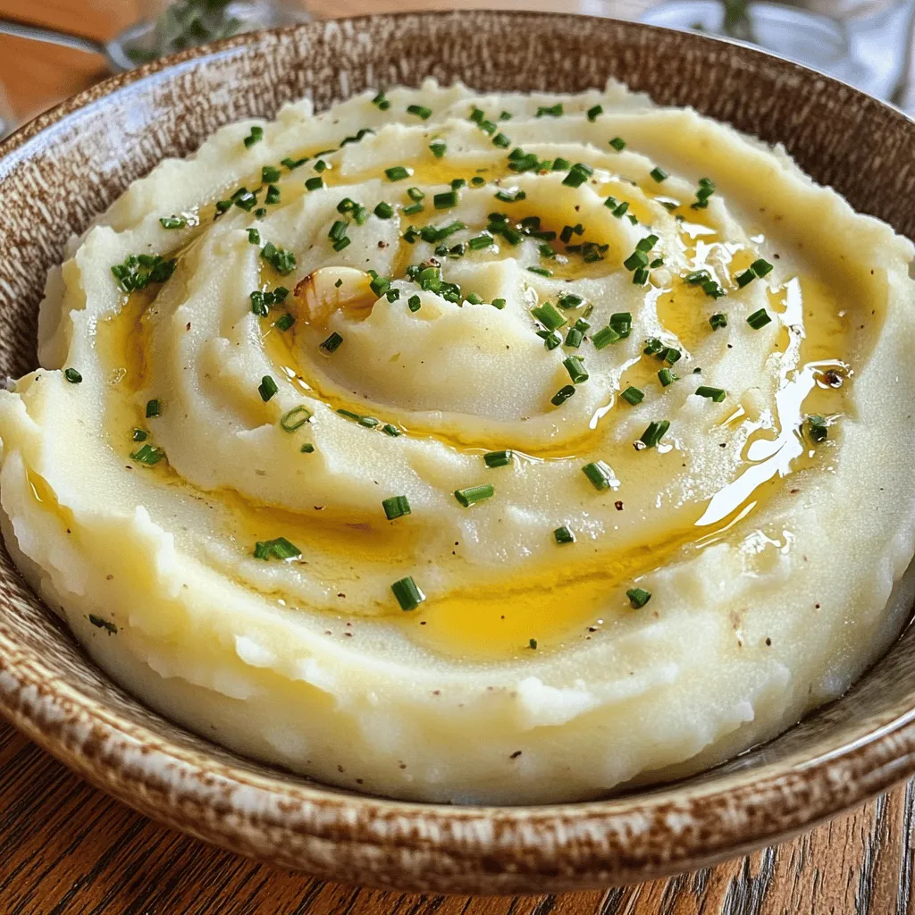 Für ein großartiges cremiges Knoblauch-Kartoffelpüree brauche ich einige wichtige Zutaten. Diese Zutaten sorgen für den vollen Geschmack und die richtige Textur. Hier sind die Hauptzutaten: - 900 Gramm Russischer oder Yukon Gold Kartoffeln, geschält und gewürfelt - 4 Knoblauchzehen, geschält - 115 Gramm ungesalzene Butter, weich - 240 ml Schlagsahne (oder Milch für eine leichtere Variante) - Salz und schwarzer Pfeffer nach Geschmack - 1/4 Teelöffel Knoblauchpulver (für zusätzlichen Geschmack) - Frische Schnittlauch oder Petersilie, gehackt (zur Garnierung) Diese Zutaten machen das Püree unglaublich cremig und aromatisch. Ich empfehle, Russischer oder Yukon Gold Kartoffeln zu verwenden. Diese Sorten sind perfekt für Püree. Sie haben einen hohen Stärkegehalt, was das Püree weich und samtig macht. Ihre natürliche Süße passt gut zu dem kräftigen Geschmack von Knoblauch. Wenn du andere Sorten verwenden möchtest, sind auch rote Kartoffeln eine gute Wahl. Sie bieten eine schöne Textur, aber sie sind nicht so cremig wie die anderen beiden. Wenn du gesünder essen möchtest, gibt es einige Alternativen. Du kannst die Butter durch Olivenöl ersetzen. Das bringt einen neuen Geschmack und ist herzfreundlich. Statt Schlagsahne kannst du auch Mandel- oder Sojamilch verwenden. Diese Optionen helfen, Kalorien zu sparen, ohne den Geschmack zu verlieren. Für eine kalorienärmere Version kannst du auch Blumenkohl verwenden. Blumenkohl püriert ergibt eine ähnliche Textur und ist eine tolle, gesunde Option. Für das vollständige Rezept, schau dir die [Full Recipe] an. Beginne mit 900 Gramm Russischen oder Yukon Gold Kartoffeln. Schäle sie und schneide sie in kleine Würfel. Das macht das Kochen einfacher und schneller. Nimm dann 4 Knoblauchzehen, schäle sie und lege sie zu den Kartoffeln. Diese Kombination gibt dem Püree den tollen Knoblauchgeschmack, den wir lieben. Fülle einen großen Topf mit kaltem Wasser und gib die gewürfelten Kartoffeln und den Knoblauch hinein. Füge eine Prise Salz hinzu. Stelle den Topf auf den Herd und bringe das Wasser bei mittlerer bis hoher Hitze zum Kochen. Reduziere die Hitze und lasse die Mischung 15 bis 20 Minuten köcheln. Prüfe mit einer Gabel, ob die Kartoffeln zart sind. Wenn sie weich sind, gieße das Wasser ab. Lass die Kartoffeln eine Minute im Topf stehen, damit der Dampf entweichen kann. Gib 115 Gramm weiche Butter zu den Kartoffeln und dem Knoblauch in den Topf. Püriere alles mit einem Kartoffelstampfer. Mixe die Mischung, bis sie glatt und cremig ist. Gieße langsam 240 ml Schlagsahne hinzu. Du kannst auch Milch verwenden, wenn du eine leichtere Variante bevorzugst. Rühre weiter, bis du die gewünschte Konsistenz erreichst. Füge 1/4 Teelöffel Knoblauchpulver hinzu und würze mit Salz und schwarzem Pfeffer. Mische alles gut. Wenn du es noch cremiger magst, füge mehr Butter oder Sahne hinzu. Fülle das Püree in eine Schüssel und glätte die Oberfläche. Garniere es mit frischem Schnittlauch oder Petersilie für mehr Farbe und Geschmack. Für das komplette Rezept kannst du [Full Recipe] besuchen. Um die perfekte Konsistenz zu erreichen, püriere die Kartoffeln gründlich. Verwende einen Kartoffelstampfer oder eine Presse. Füge die Schlagsahne langsam hinzu. So kontrollierst du die Cremigkeit. Wenn du eine samtige Textur willst, nutze mehr Sahne. Achte darauf, die Kartoffeln nicht zu übermixen. Das kann sie klebrig machen. Klumpe im Kartoffelpüree sind oft ein Problem. Um Klumpen zu vermeiden, achte auf die richtige Kartoffelsorte. Russischer oder Yukon Gold ist ideal. Koche die Kartoffeln bis sie sehr zart sind. Drücke sie durch einen Sieb, bevor du sie pürierst. So entfernst du größere Stücke. Lass die Kartoffeln kurz dampfen, bevor du die Butter hinzufügst. So bleibt das Püree leicht. Um das Püree geschmackvoller zu machen, füge mehr Zutaten hinzu. Knoblauchpulver gibt einen extra Knoblauchkick. Du kannst auch geriebenen Käse oder etwas Sahne hinzugeben. Frische Kräuter wie Schnittlauch oder Petersilie sorgen für Frische. Experimentiere mit Gewürzen wie Muskatnuss. Das gibt eine besondere Note. Lass deiner Kreativität freien Lauf und genieße dein cremiges Knoblauch-Kartoffelpüree! {{image_4}} Wenn du eine vegane Option suchst, ersetze die Butter und die Sahne. Nutze stattdessen pflanzliche Butter und eine pflanzliche Sahne. Kokosmilch passt gut und gibt einen tollen Geschmack. Du kannst auch eine Mischung aus Gemüsebrühe und pflanzlicher Milch verwenden, um das Püree leichter zu machen. Achte darauf, die Konsistenz zu prüfen. Sie sollte ebenfalls cremig sein. Um dein Kartoffelpüree aufzupeppen, füge verschiedene Zutaten hinzu. Geriebener Käse wie Cheddar oder Parmesan macht es reichhaltiger. Für einen würzigen Kick kannst du gebratene Zwiebeln oder frische Kräuter wie Thymian oder Rosmarin verwenden. Auch gebratene Champignons passen hervorragend. Mische diese Zutaten einfach unter das Püree, bevor du es servierst. Cremiges Knoblauch-Kartoffelpüree passt gut zu vielen Gerichten. Serviere es mit gebratenem Hühnchen oder Rindersteak. Es ist auch eine tolle Beilage zu Gemüsegerichten oder Fisch. Für besondere Anlässe dekoriere das Püree mit frischen Kräutern oder einem Spritzer Trüffelöl. Das gibt deinem Gericht einen eleganten Touch. Für das vollständige Rezept schau dir die Anleitung an. Du kannst die Reste deines cremigen Knoblauch-Kartoffelpürees in einem luftdichten Behälter aufbewahren. Stelle sicher, dass der Behälter gut verschlossen ist. Bei richtiger Lagerung bleibt das Püree 3 bis 5 Tage im Kühlschrank frisch. Kühle es schnell ab, um das Wachstum von Bakterien zu vermeiden. Ich empfehle, das Püree in Portionen aufzuteilen, um es später leichter wiederzuverwenden. Wenn du mehr Püree zubereitest, ist das Einfrieren eine tolle Option. Du kannst das Püree in einem gefrierfesten Behälter oder in Gefrierbeuteln aufbewahren. Achte darauf, etwas Platz für die Ausdehnung zu lassen. Das Püree hält sich bis zu 3 Monate im Gefrierfach. Um das Beste aus dem Geschmack herauszuholen, solltest du das Püree vor dem Einfrieren gut abkühlen lassen. Um dein eingefrorenes Püree wieder aufzuwärmen, lege es über Nacht in den Kühlschrank. So taut es langsam auf. Du kannst es dann in einem Topf bei schwacher Hitze erwärmen. Rühre dabei kräftig um, um die Konsistenz zu verbessern. Füge nach Bedarf etwas Sahne oder Butter hinzu, um die Cremigkeit wiederherzustellen. Vermeide die Mikrowelle, da sie das Püree ungleichmäßig erwärmt und die Textur verändern kann. Cremige Knoblauchmashed Potatoes bleiben im Kühlschrank etwa 3 bis 5 Tage frisch. Bewahre sie in einem luftdichten Behälter auf. Achte darauf, dass sie vollständig abgekühlt sind, bevor du sie in den Kühlschrank stellst. Dies hilft, Feuchtigkeit zu vermeiden und die Frische zu erhalten. Ja, du kannst die Portionen leicht anpassen. Teile einfach die Menge der Zutaten durch die Anzahl der Portionen, die du brauchst. Wenn du mehr Portionen möchtest, verdopple oder verdreifache die Zutaten. Achte darauf, die Kochzeit anzupassen, wenn du größere Mengen machst. Wenn du eine leichtere Variante möchtest, kannst du Milch anstelle von Schlagsahne verwenden. Für vegane Optionen, ersetze die Butter durch pflanzliche Margarine und die Sahne durch Hafer- oder Mandelmilch. Du kannst auch Knoblauchpulver weglassen, wenn du frischen Knoblauch verwendest. Cremig-knoblauchige Kartoffelpüree ist einfach zu machen und sehr lecker. Wir haben die besten Zutaten, Zubereitungsschritte und Tipps besprochen. Jede Variation bringt neuen Geschmack und Freude. Denke daran, wie wichtig die Lagerung und das Erwärmen sind. So bleiben deine Reste frisch und schmackhaft. Probiere verschiedene Wege aus, um dein Püree zu stärken. Genieße deine Kreationen bei jedem Anlass!