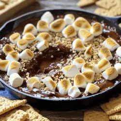- 1 Tasse Zartbitter-Schokoladenstückchen - 1 Tasse Mini-Marshmallows - 1 Esslöffel ungesalzene Butter Die Hauptzutaten sind einfach zu finden. Zartbitter-Schokoladenstückchen geben einen tollen Geschmack. Mini-Marshmallows sorgen für die süße Note. Ungesalzene Butter hilft, alles zu verbinden und macht die Mischung cremig. - 1 Teelöffel Vanilleextrakt - 1/2 Teelöffel Meersalz - Graham Crackers zum Dippen Vanilleextrakt fügt einen warmen Duft hinzu und hebt den Geschmack. Meersalz bringt die Süße der Schokolade hervor. Graham Crackers sind perfekt, um in den Dip zu tauchen. Sie geben einen tollen Crunch. - Zerbröselte Graham Crackers zum Bestreuen - Frische Früchte zur Dekoration Zerbröselte Graham Crackers oben drauf geben extra Textur. Frische Früchte sind eine schöne Deko. Sie bringen Farbe und Frische in das Gericht. So wird der Dip noch einladender. Für das vollständige Rezept schauen Sie sich den [Full Recipe] an. - Heizen Sie Ihren Ofen auf 230°C (450°F) vor. - Geben Sie die Zartbitter-Schokoladenstückchen in eine ofenfeste Pfanne. - Lassen Sie die Schokolade und Butter schmelzen. Stellen Sie die Pfanne etwa 2 Minuten in den Ofen. - Rühren Sie die geschmolzene Schokolade und Butter gut zusammen. - Fügen Sie Vanilleextrakt und Meersalz hinzu. Mischen Sie alles gründlich. - Verteilen Sie die Mini-Marshmallows gleichmäßig über der Schokoladenschicht. - Backen Sie das Ganze für 2-3 Minuten. Achten Sie darauf, dass die Marshmallows goldbraun werden. - Nehmen Sie die Pfanne vorsichtig heraus und lassen Sie sie eine Minute abkühlen. - Optional: Bestreuen Sie die Oberfläche mit zerbröselten Graham Crackers. - Servieren Sie den Dip warm mit Graham Crackers zum Eintunken. Sie können das S'mores Dip nach dem [Full Recipe] genießen. Um den besten S'mores Dip zu machen, wählen Sie die richtigen Schokoladenstückchen. Ich empfehle Zartbitter-Schokoladenstückchen. Sie schmelzen gut und haben einen tollen Geschmack. Achten Sie darauf, dass die Schokolade gleichmäßig schmilzt. So bleibt die Textur glatt. Sie können die Schokolade auch in der Mikrowelle schmelzen. Dazu verwenden Sie eine mikrowellengeeignete Schüssel. Erwärmen Sie die Schokolade in kurzen Intervallen. Rühren Sie sie zwischendurch um, damit sie nicht anbrennt. S'mores Dip ist ideal für Partys. Es ist einfach und macht Spaß. Servieren Sie ihn direkt in der Pfanne. Das sieht toll aus und hält den Dip warm. Stellen Sie auch eine Auswahl an Graham Crackers bereit. Sie können auch frische Früchte dazugeben. Das bringt frische Farben und Geschmack. Nutzen Sie schöne Schalen oder Teller für die Präsentation. So wird der Dip zum Hingucker auf jedem Tisch. Graham Crackers sind der Klassiker. Sie passen perfekt zum Dip. Aber Sie können auch andere Dinge verwenden. Probieren Sie Äpfel oder Bananen. Diese Früchte bieten einen tollen Kontrast. Für kreative Toppings können Sie zerbröselte Graham Crackers verwenden. Das gibt zusätzlichen Crunch. Sie können auch Nüsse oder Schokoladensauce darüber streuen. Das macht den Dip noch leckerer. Sehen Sie die [Full Recipe], um die Zubereitung zu starten! {{image_4}} Eine großartige Möglichkeit, S'mores Dip zu variieren, besteht darin, Nüsse oder Erdnussbutter hinzuzufügen. Nüsse geben dem Dip einen tollen Crunch. Erdnussbutter fügt einen reichen, nussigen Geschmack hinzu. Beide Optionen machen das Dessert noch leckerer. Außerdem kannst du verschiedene Schokoladensorten verwenden. Zartbitter ist super, aber probiere auch Milchschokolade oder weiße Schokolade. Jede Sorte bringt ihren eigenen Geschmack mit und macht den Dip einzigartig. Wenn du auf der Suche nach gesünderen Alternativen bist, dann ist dunkle Schokolade eine gute Wahl. Sie hat weniger Zucker und mehr Antioxidantien. Das gibt dir einen köstlichen Geschmack ohne zu viel Süße. Ein weiterer Tipp ist der Austausch von Zuckeralternativen. Süßstoffe wie Stevia oder Honig bieten eine gute Möglichkeit, den Zuckergehalt zu reduzieren. So kannst du den Dip genießen, ohne schlechtes Gewissen zu haben. Saisonale Varianten bringen frischen Wind in deinen S'mores Dip. Für Halloween kannst du den Dip mit bunten Süßigkeiten dekorieren. Das macht ihn besonders für Kinder und bringt Spaß ins Spiel. Zu Weihnachten empfehle ich, den Dip mit Zimt zu bestäuben. Zimt gibt dem Dessert einen warmen, festlichen Geschmack. Diese kleinen Änderungen machen das Dessert zu einem Highlight jeder Feier. Für das volle Rezept siehe [Full Recipe]. Um S'mores Dip richtig aufzubewahren, müssen Sie ihn zuerst abkühlen lassen. Verwenden Sie einen luftdichten Behälter. Lagern Sie ihn im Kühlschrank. Bei Raumtemperatur kann er schnell verderben. S'mores Dip bleibt im Kühlschrank etwa 3 bis 5 Tage frisch. Achten Sie auf den Geruch oder Schimmel. Diese sind klare Zeichen von Verderb. Wenn es komisch riecht, werfen Sie es weg. Sie können S'mores Dip in der Mikrowelle oder im Ofen aufwärmen. In der Mikrowelle geht es schneller, aber es kann ungleichmäßig warm werden. Erwärmen Sie ihn in kurzen Intervallen. Im Ofen bleibt die Qualität besser. Stellen Sie die Temperatur niedrig ein und decken Sie ihn ab, um ein Austrocknen zu vermeiden. Die Zubereitung von S'mores Dip dauert nur 10 Minuten. Die gesamte Zeit, inklusive Backen, beträgt 15 Minuten. So ist es schnell gemacht und perfekt für spontane Snacks! Ja, du kannst S'mores Dip im Voraus zubereiten! Bereite die Mischung aus Schokolade und Butter vor und lege sie in die Pfanne. Decke die Pfanne ab und stelle sie in den Kühlschrank. Am Tag des Servierens, füge die Marshmallows hinzu und backe das Ganze. So sparst du Zeit und kannst den Dip schnell genießen. Wenn du keine Graham Crackers hast, gibt es viele Alternativen. Du kannst Kekse wie Digestive oder Butterkekse verwenden. Auch Obst wie Äpfel oder Bananen passt gut. Sei kreativ und finde deine Lieblingsdippings! S'mores Dip ist einfach und lecker. Wir haben die besten Zutaten besprochen, von Schokolade bis Marshmallows. Sie erfahren, wie man ihn zubereitet und anrichtet. Variationen wie Nüsse oder saisonale Toppings bringen neuen Spaß. Richtig lagern und aufwärmen verlängert den Genuss. Für eine köstliche Erfahrung brauchen Sie nur die richtigen Tipps. Probieren Sie es aus und beeindrucken Sie Freunde!