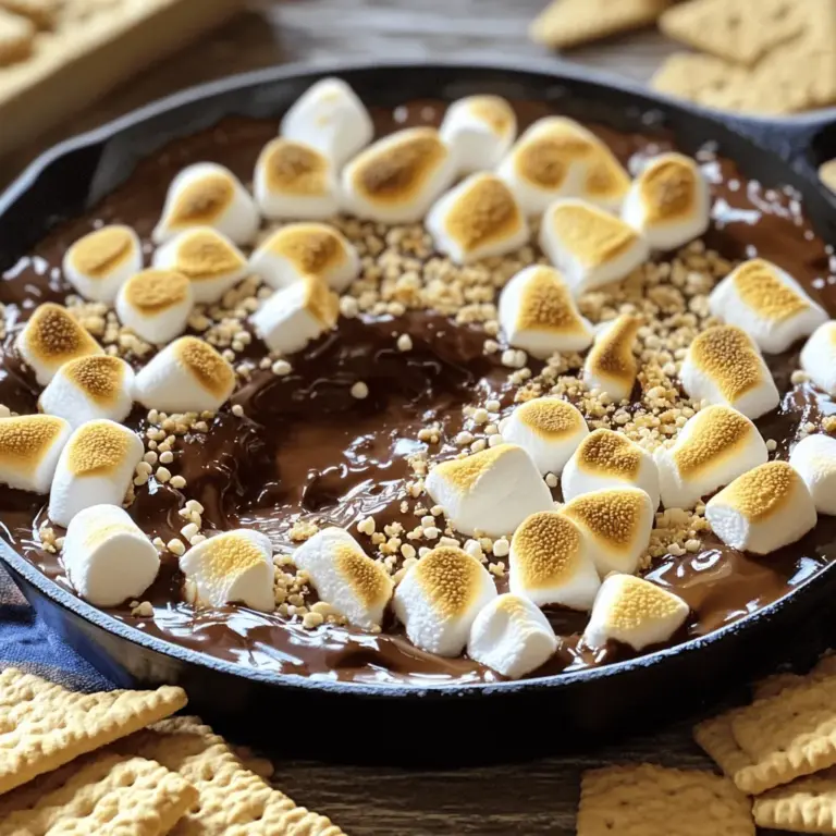 - 1 Tasse Zartbitter-Schokoladenstückchen - 1 Tasse Mini-Marshmallows - 1 Esslöffel ungesalzene Butter Die Hauptzutaten sind einfach zu finden. Zartbitter-Schokoladenstückchen geben einen tollen Geschmack. Mini-Marshmallows sorgen für die süße Note. Ungesalzene Butter hilft, alles zu verbinden und macht die Mischung cremig. - 1 Teelöffel Vanilleextrakt - 1/2 Teelöffel Meersalz - Graham Crackers zum Dippen Vanilleextrakt fügt einen warmen Duft hinzu und hebt den Geschmack. Meersalz bringt die Süße der Schokolade hervor. Graham Crackers sind perfekt, um in den Dip zu tauchen. Sie geben einen tollen Crunch. - Zerbröselte Graham Crackers zum Bestreuen - Frische Früchte zur Dekoration Zerbröselte Graham Crackers oben drauf geben extra Textur. Frische Früchte sind eine schöne Deko. Sie bringen Farbe und Frische in das Gericht. So wird der Dip noch einladender. Für das vollständige Rezept schauen Sie sich den [Full Recipe] an. - Heizen Sie Ihren Ofen auf 230°C (450°F) vor. - Geben Sie die Zartbitter-Schokoladenstückchen in eine ofenfeste Pfanne. - Lassen Sie die Schokolade und Butter schmelzen. Stellen Sie die Pfanne etwa 2 Minuten in den Ofen. - Rühren Sie die geschmolzene Schokolade und Butter gut zusammen. - Fügen Sie Vanilleextrakt und Meersalz hinzu. Mischen Sie alles gründlich. - Verteilen Sie die Mini-Marshmallows gleichmäßig über der Schokoladenschicht. - Backen Sie das Ganze für 2-3 Minuten. Achten Sie darauf, dass die Marshmallows goldbraun werden. - Nehmen Sie die Pfanne vorsichtig heraus und lassen Sie sie eine Minute abkühlen. - Optional: Bestreuen Sie die Oberfläche mit zerbröselten Graham Crackers. - Servieren Sie den Dip warm mit Graham Crackers zum Eintunken. Sie können das S'mores Dip nach dem [Full Recipe] genießen. Um den besten S'mores Dip zu machen, wählen Sie die richtigen Schokoladenstückchen. Ich empfehle Zartbitter-Schokoladenstückchen. Sie schmelzen gut und haben einen tollen Geschmack. Achten Sie darauf, dass die Schokolade gleichmäßig schmilzt. So bleibt die Textur glatt. Sie können die Schokolade auch in der Mikrowelle schmelzen. Dazu verwenden Sie eine mikrowellengeeignete Schüssel. Erwärmen Sie die Schokolade in kurzen Intervallen. Rühren Sie sie zwischendurch um, damit sie nicht anbrennt. S'mores Dip ist ideal für Partys. Es ist einfach und macht Spaß. Servieren Sie ihn direkt in der Pfanne. Das sieht toll aus und hält den Dip warm. Stellen Sie auch eine Auswahl an Graham Crackers bereit. Sie können auch frische Früchte dazugeben. Das bringt frische Farben und Geschmack. Nutzen Sie schöne Schalen oder Teller für die Präsentation. So wird der Dip zum Hingucker auf jedem Tisch. Graham Crackers sind der Klassiker. Sie passen perfekt zum Dip. Aber Sie können auch andere Dinge verwenden. Probieren Sie Äpfel oder Bananen. Diese Früchte bieten einen tollen Kontrast. Für kreative Toppings können Sie zerbröselte Graham Crackers verwenden. Das gibt zusätzlichen Crunch. Sie können auch Nüsse oder Schokoladensauce darüber streuen. Das macht den Dip noch leckerer. Sehen Sie die [Full Recipe], um die Zubereitung zu starten! {{image_4}} Eine großartige Möglichkeit, S'mores Dip zu variieren, besteht darin, Nüsse oder Erdnussbutter hinzuzufügen. Nüsse geben dem Dip einen tollen Crunch. Erdnussbutter fügt einen reichen, nussigen Geschmack hinzu. Beide Optionen machen das Dessert noch leckerer. Außerdem kannst du verschiedene Schokoladensorten verwenden. Zartbitter ist super, aber probiere auch Milchschokolade oder weiße Schokolade. Jede Sorte bringt ihren eigenen Geschmack mit und macht den Dip einzigartig. Wenn du auf der Suche nach gesünderen Alternativen bist, dann ist dunkle Schokolade eine gute Wahl. Sie hat weniger Zucker und mehr Antioxidantien. Das gibt dir einen köstlichen Geschmack ohne zu viel Süße. Ein weiterer Tipp ist der Austausch von Zuckeralternativen. Süßstoffe wie Stevia oder Honig bieten eine gute Möglichkeit, den Zuckergehalt zu reduzieren. So kannst du den Dip genießen, ohne schlechtes Gewissen zu haben. Saisonale Varianten bringen frischen Wind in deinen S'mores Dip. Für Halloween kannst du den Dip mit bunten Süßigkeiten dekorieren. Das macht ihn besonders für Kinder und bringt Spaß ins Spiel. Zu Weihnachten empfehle ich, den Dip mit Zimt zu bestäuben. Zimt gibt dem Dessert einen warmen, festlichen Geschmack. Diese kleinen Änderungen machen das Dessert zu einem Highlight jeder Feier. Für das volle Rezept siehe [Full Recipe]. Um S'mores Dip richtig aufzubewahren, müssen Sie ihn zuerst abkühlen lassen. Verwenden Sie einen luftdichten Behälter. Lagern Sie ihn im Kühlschrank. Bei Raumtemperatur kann er schnell verderben. S'mores Dip bleibt im Kühlschrank etwa 3 bis 5 Tage frisch. Achten Sie auf den Geruch oder Schimmel. Diese sind klare Zeichen von Verderb. Wenn es komisch riecht, werfen Sie es weg. Sie können S'mores Dip in der Mikrowelle oder im Ofen aufwärmen. In der Mikrowelle geht es schneller, aber es kann ungleichmäßig warm werden. Erwärmen Sie ihn in kurzen Intervallen. Im Ofen bleibt die Qualität besser. Stellen Sie die Temperatur niedrig ein und decken Sie ihn ab, um ein Austrocknen zu vermeiden. Die Zubereitung von S'mores Dip dauert nur 10 Minuten. Die gesamte Zeit, inklusive Backen, beträgt 15 Minuten. So ist es schnell gemacht und perfekt für spontane Snacks! Ja, du kannst S'mores Dip im Voraus zubereiten! Bereite die Mischung aus Schokolade und Butter vor und lege sie in die Pfanne. Decke die Pfanne ab und stelle sie in den Kühlschrank. Am Tag des Servierens, füge die Marshmallows hinzu und backe das Ganze. So sparst du Zeit und kannst den Dip schnell genießen. Wenn du keine Graham Crackers hast, gibt es viele Alternativen. Du kannst Kekse wie Digestive oder Butterkekse verwenden. Auch Obst wie Äpfel oder Bananen passt gut. Sei kreativ und finde deine Lieblingsdippings! S'mores Dip ist einfach und lecker. Wir haben die besten Zutaten besprochen, von Schokolade bis Marshmallows. Sie erfahren, wie man ihn zubereitet und anrichtet. Variationen wie Nüsse oder saisonale Toppings bringen neuen Spaß. Richtig lagern und aufwärmen verlängert den Genuss. Für eine köstliche Erfahrung brauchen Sie nur die richtigen Tipps. Probieren Sie es aus und beeindrucken Sie Freunde!