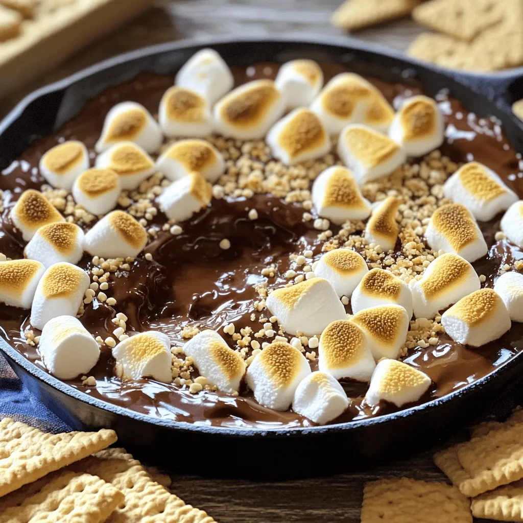 - 1 Tasse Zartbitter-Schokoladenstückchen - 1 Tasse Mini-Marshmallows - 1 Esslöffel ungesalzene Butter Die Hauptzutaten sind einfach zu finden. Zartbitter-Schokoladenstückchen geben einen tollen Geschmack. Mini-Marshmallows sorgen für die süße Note. Ungesalzene Butter hilft, alles zu verbinden und macht die Mischung cremig. - 1 Teelöffel Vanilleextrakt - 1/2 Teelöffel Meersalz - Graham Crackers zum Dippen Vanilleextrakt fügt einen warmen Duft hinzu und hebt den Geschmack. Meersalz bringt die Süße der Schokolade hervor. Graham Crackers sind perfekt, um in den Dip zu tauchen. Sie geben einen tollen Crunch. - Zerbröselte Graham Crackers zum Bestreuen - Frische Früchte zur Dekoration Zerbröselte Graham Crackers oben drauf geben extra Textur. Frische Früchte sind eine schöne Deko. Sie bringen Farbe und Frische in das Gericht. So wird der Dip noch einladender. Für das vollständige Rezept schauen Sie sich den [Full Recipe] an. - Heizen Sie Ihren Ofen auf 230°C (450°F) vor. - Geben Sie die Zartbitter-Schokoladenstückchen in eine ofenfeste Pfanne. - Lassen Sie die Schokolade und Butter schmelzen. Stellen Sie die Pfanne etwa 2 Minuten in den Ofen. - Rühren Sie die geschmolzene Schokolade und Butter gut zusammen. - Fügen Sie Vanilleextrakt und Meersalz hinzu. Mischen Sie alles gründlich. - Verteilen Sie die Mini-Marshmallows gleichmäßig über der Schokoladenschicht. - Backen Sie das Ganze für 2-3 Minuten. Achten Sie darauf, dass die Marshmallows goldbraun werden. - Nehmen Sie die Pfanne vorsichtig heraus und lassen Sie sie eine Minute abkühlen. - Optional: Bestreuen Sie die Oberfläche mit zerbröselten Graham Crackers. - Servieren Sie den Dip warm mit Graham Crackers zum Eintunken. Sie können das S'mores Dip nach dem [Full Recipe] genießen. Um den besten S'mores Dip zu machen, wählen Sie die richtigen Schokoladenstückchen. Ich empfehle Zartbitter-Schokoladenstückchen. Sie schmelzen gut und haben einen tollen Geschmack. Achten Sie darauf, dass die Schokolade gleichmäßig schmilzt. So bleibt die Textur glatt. Sie können die Schokolade auch in der Mikrowelle schmelzen. Dazu verwenden Sie eine mikrowellengeeignete Schüssel. Erwärmen Sie die Schokolade in kurzen Intervallen. Rühren Sie sie zwischendurch um, damit sie nicht anbrennt. S'mores Dip ist ideal für Partys. Es ist einfach und macht Spaß. Servieren Sie ihn direkt in der Pfanne. Das sieht toll aus und hält den Dip warm. Stellen Sie auch eine Auswahl an Graham Crackers bereit. Sie können auch frische Früchte dazugeben. Das bringt frische Farben und Geschmack. Nutzen Sie schöne Schalen oder Teller für die Präsentation. So wird der Dip zum Hingucker auf jedem Tisch. Graham Crackers sind der Klassiker. Sie passen perfekt zum Dip. Aber Sie können auch andere Dinge verwenden. Probieren Sie Äpfel oder Bananen. Diese Früchte bieten einen tollen Kontrast. Für kreative Toppings können Sie zerbröselte Graham Crackers verwenden. Das gibt zusätzlichen Crunch. Sie können auch Nüsse oder Schokoladensauce darüber streuen. Das macht den Dip noch leckerer. Sehen Sie die [Full Recipe], um die Zubereitung zu starten! {{image_4}} Eine großartige Möglichkeit, S'mores Dip zu variieren, besteht darin, Nüsse oder Erdnussbutter hinzuzufügen. Nüsse geben dem Dip einen tollen Crunch. Erdnussbutter fügt einen reichen, nussigen Geschmack hinzu. Beide Optionen machen das Dessert noch leckerer. Außerdem kannst du verschiedene Schokoladensorten verwenden. Zartbitter ist super, aber probiere auch Milchschokolade oder weiße Schokolade. Jede Sorte bringt ihren eigenen Geschmack mit und macht den Dip einzigartig. Wenn du auf der Suche nach gesünderen Alternativen bist, dann ist dunkle Schokolade eine gute Wahl. Sie hat weniger Zucker und mehr Antioxidantien. Das gibt dir einen köstlichen Geschmack ohne zu viel Süße. Ein weiterer Tipp ist der Austausch von Zuckeralternativen. Süßstoffe wie Stevia oder Honig bieten eine gute Möglichkeit, den Zuckergehalt zu reduzieren. So kannst du den Dip genießen, ohne schlechtes Gewissen zu haben. Saisonale Varianten bringen frischen Wind in deinen S'mores Dip. Für Halloween kannst du den Dip mit bunten Süßigkeiten dekorieren. Das macht ihn besonders für Kinder und bringt Spaß ins Spiel. Zu Weihnachten empfehle ich, den Dip mit Zimt zu bestäuben. Zimt gibt dem Dessert einen warmen, festlichen Geschmack. Diese kleinen Änderungen machen das Dessert zu einem Highlight jeder Feier. Für das volle Rezept siehe [Full Recipe]. Um S'mores Dip richtig aufzubewahren, müssen Sie ihn zuerst abkühlen lassen. Verwenden Sie einen luftdichten Behälter. Lagern Sie ihn im Kühlschrank. Bei Raumtemperatur kann er schnell verderben. S'mores Dip bleibt im Kühlschrank etwa 3 bis 5 Tage frisch. Achten Sie auf den Geruch oder Schimmel. Diese sind klare Zeichen von Verderb. Wenn es komisch riecht, werfen Sie es weg. Sie können S'mores Dip in der Mikrowelle oder im Ofen aufwärmen. In der Mikrowelle geht es schneller, aber es kann ungleichmäßig warm werden. Erwärmen Sie ihn in kurzen Intervallen. Im Ofen bleibt die Qualität besser. Stellen Sie die Temperatur niedrig ein und decken Sie ihn ab, um ein Austrocknen zu vermeiden. Die Zubereitung von S'mores Dip dauert nur 10 Minuten. Die gesamte Zeit, inklusive Backen, beträgt 15 Minuten. So ist es schnell gemacht und perfekt für spontane Snacks! Ja, du kannst S'mores Dip im Voraus zubereiten! Bereite die Mischung aus Schokolade und Butter vor und lege sie in die Pfanne. Decke die Pfanne ab und stelle sie in den Kühlschrank. Am Tag des Servierens, füge die Marshmallows hinzu und backe das Ganze. So sparst du Zeit und kannst den Dip schnell genießen. Wenn du keine Graham Crackers hast, gibt es viele Alternativen. Du kannst Kekse wie Digestive oder Butterkekse verwenden. Auch Obst wie Äpfel oder Bananen passt gut. Sei kreativ und finde deine Lieblingsdippings! S'mores Dip ist einfach und lecker. Wir haben die besten Zutaten besprochen, von Schokolade bis Marshmallows. Sie erfahren, wie man ihn zubereitet und anrichtet. Variationen wie Nüsse oder saisonale Toppings bringen neuen Spaß. Richtig lagern und aufwärmen verlängert den Genuss. Für eine köstliche Erfahrung brauchen Sie nur die richtigen Tipps. Probieren Sie es aus und beeindrucken Sie Freunde!