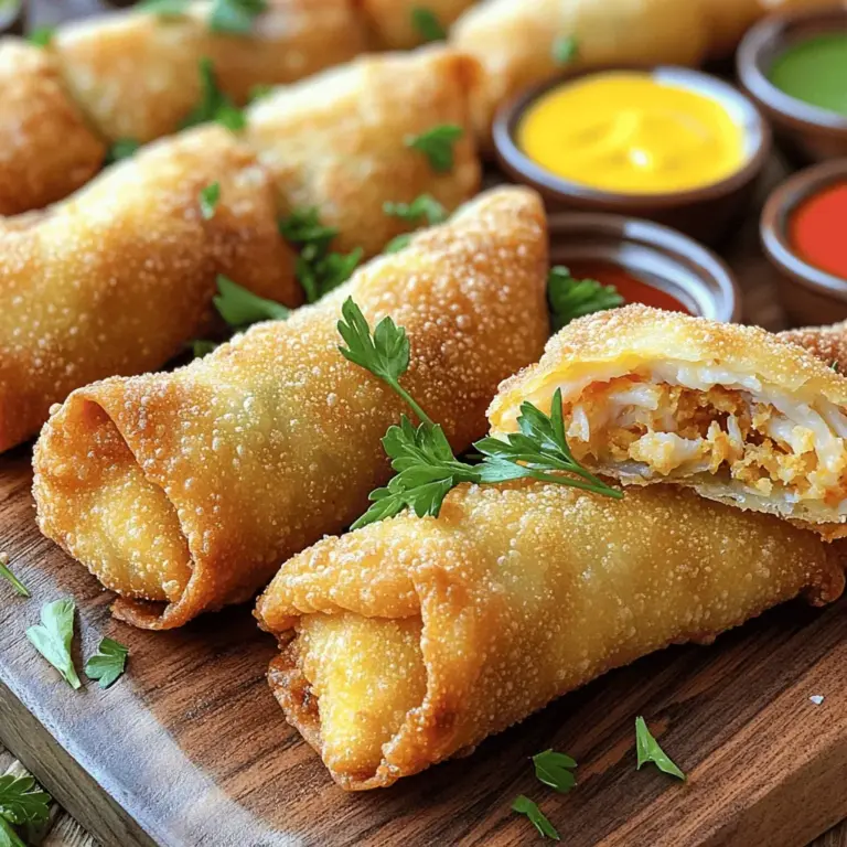 - 450 g Lump Crab Meat - 125 g zerstoßene Salzcracker - 60 g Mayonnaise - 1 Esslöffel Dijon-Senf - 1 Esslöffel Worcestershire-Sauce - 1 Teelöffel Old Bay Gewürz - 1/2 Teelöffel Knoblauchpulver - 1/4 Teelöffel schwarzer Pfeffer - 60 g grüne Zwiebeln, fein gehackt - 2 Esslöffel frische Petersilie, gehackt Die Hauptzutaten sind wichtig für den Geschmack. Das Lump Crab Meat ist frisch und zart. Die zerstoßenen Salzcracker geben der Füllung eine schöne Textur. Mayonnaise sorgt für Cremigkeit. - 1 Esslöffel Dijon-Senf - 1 Esslöffel Worcestershire-Sauce - 1 Teelöffel Old Bay Gewürz Gewürze machen die Füllung lebendig. Dijon-Senf gibt eine feine Schärfe. Worcestershire-Sauce bringt eine umami Note. Old Bay Gewürz ist perfekt für Krabben und gibt einen tollen Geschmack. - 1 Packung Frühlingsrollenteig - Pflanzenöl zum Frittieren Der Frühlingsrollenteig ist dünn und knusprig. Er hält die Füllung gut zusammen. Pflanzenöl ist wichtig, um die Egg Rolls goldbraun zu frittieren. Achte darauf, dass das Öl heiß genug ist, sonst werden die Egg Rolls nicht knusprig. Für das gesamte Rezept schau dir das [Full Recipe] an. Zuerst vermengen Sie das Krabbenfleisch mit den anderen Zutaten. Nehmen Sie eine große Schüssel. Geben Sie das Lump Crab Meat, die zerstoßenen Salzcracker, die Mayonnaise, den Dijon-Senf, die Worcestershire-Sauce, das Old Bay Gewürz, das Knoblauchpulver, den schwarzen Pfeffer, die grünen Zwiebeln und die Petersilie hinein. Mischen Sie alles sanft mit einem Löffel. Achten Sie darauf, das Krabbenfleisch nicht zu zerdrücken. Jetzt bereiten Sie die Frühlingsrollenteigblätter vor. Nehmen Sie ein Blatt und legen Sie es auf eine saubere Fläche. Achten Sie darauf, dass eine Ecke zu Ihnen zeigt. So können Sie die Füllung besser einwickeln. Für die Füllung nehmen Sie etwa 2-3 Esslöffel der Krabbenmischung. Platzieren Sie die Füllung in der Mitte des Teigblattes. Falten Sie die untere Ecke über die Füllung. Dann bringen Sie die seitlichen Ecken zur Mitte. Rollen Sie die Frühlingsrolle von Ihnen weg. Achten Sie darauf, dass die Füllung sicher eingewickelt ist. Verwenden Sie etwas Wasser, um die Ränder zu befeuchten und gut zu versiegeln. Wiederholen Sie diesen Schritt mit den restlichen Teigblättern und der Füllung. Jetzt bereiten Sie das Öl vor. Nehmen Sie eine große Pfanne oder Fritteuse. Füllen Sie sie mit Pflanzenöl bis etwa 5 cm hoch. Erhitzen Sie das Öl auf mittelhohe Hitze. Überprüfen Sie die Temperatur. Sie sollte etwa 175 °C (350 °F) betragen. Frittieren Sie die Frühlingsrollen portionsweise. Überfüllen Sie die Pfanne nicht, damit sie gleichmäßig garen. Braten Sie sie 3-4 Minuten auf jeder Seite, bis sie goldbraun und knusprig sind. Nehmen Sie die Egg Rolls mit einem Schaumlöffel heraus und lassen Sie sie auf Küchenpapier abtropfen. Servieren Sie die Krabbenkuchen Egg Rolls warm. Sie schmecken toll mit süßer Chilisauce oder würziger Remoulade. Für das vollständige Rezept schauen Sie sich bitte [Full Recipe] an. - Das Krabbenfleisch richtig handhaben: Achte darauf, das Krabbenfleisch vorsichtig zu behandeln. Zu starkes Mischen kann es zerdrücken. Du willst große Stücke für die Textur. Vermeide die Schalenreste, denn sie können unangenehm sein. - Die perfekte Temperatur für das Frittieren: Die Temperatur des Öls ist entscheidend. Erhitze das Öl auf 175 °C (350 °F). Ist das Öl nicht heiß genug, saugen sich die Egg Rolls mit Öl voll. Überprüfe die Temperatur mit einem Thermometer oder einem kleinen Stück Teig. Wenn es sofort brutzelt, ist das Öl bereit. - Auswahl an Dipsaucen: Serviere die Egg Rolls mit verschiedenen Dips. Eine süße Chilisauce passt perfekt. Auch eine würzige Remoulade ist köstlich. Du kannst auch Joghurt oder Mango-Dip ausprobieren. - Schön anrichten für beste Präsentation: Die Präsentation ist wichtig. Arrangiere die Egg Rolls auf einer schönen Platte. Füge frische Petersilie hinzu. Stelle kleine Schalen mit Dips auf die Platte. So sieht es einladend aus. - Vorbereitungszeit und Gesamtzeit: Die Vorbereitungszeit beträgt etwa 30 Minuten. Die gesamte Zubereitungszeit ist eine Stunde. Du kannst schnell eine tolle Auswahl für deine Gäste bieten. - Portionierungshinweise: Dieses Rezept ergibt etwa 10 Portionen. Das bedeutet 20 Egg Rolls. Berechne zwei Egg Rolls pro Person für eine gute Portion. So sorgst du dafür, dass alle satt werden. {{image_4}} Für Krabbenkuchen Egg Rolls gibt es viele spannende Möglichkeiten. Du kannst die Füllungen ganz leicht anpassen. - Vegetarische Alternativen: Statt Krabben kannst du auch eine Mischung aus Gemüse verwenden. Probiere Spinat, Feta oder Pilze. Das gibt dir einen leckeren, gesunden Snack. - Zusätzliche Meeresfrüchte: Füge Garnelen oder Hummer zur Füllung hinzu. Diese Meeresfrüchte bringen einen neuen Geschmack und machen dein Gericht noch köstlicher. Es gibt verschiedene Wege, deine Egg Rolls zuzubereiten. - Backen gegenüber Frittieren: Das Frittieren macht die Egg Rolls knusprig. Wenn du eine gesündere Option suchst, backe sie bei 200 °C. Das dauert länger, aber sie werden immer noch lecker. - Alternativen zum Frühlingsrollenteig: Du kannst auch Tortillas oder Yufka-Teig verwenden. Diese Alternativen geben deinen Egg Rolls eine andere Textur und Geschmack. Die Gewürze machen den Unterschied in deinem Gericht. - Eigene Gewürzmischungen erstellen: Mische deine Lieblingsgewürze wie Paprika, Cayennepfeffer oder Knoblauchpulver. Das gibt deinen Egg Rolls einen besonderen Kick. - Regionale Anpassungen: Probiere, lokale Gewürze zu verwenden. Wenn du zum Beispiel in Italien bist, füge italienische Kräuter hinzu. So erhältst du einen internationalen Twist. Für mehr Details zur Zubereitung, sieh dir das vollständige Rezept an. Um Krabbenkuchen Egg Rolls frisch zu halten, sollten Sie sie schnell lagern. - Kühlschranklagerung: Legen Sie die übrig gebliebenen Egg Rolls in einen luftdichten Behälter. So bleiben sie bis zu 3 Tage frisch. Legen Sie ein Papiertuch zwischen die Rollen, damit sie nicht weich werden. - Gefrieroptionen: Für eine längere Lagerung frieren Sie die Egg Rolls ein. Wickeln Sie sie in Frischhaltefolie und legen Sie sie in einen Gefrierbeutel. So bleiben sie bis zu 3 Monate haltbar. - Wie lange sind die Frühlingsrollen haltbar? Im Kühlschrank sind die Frühlingsrollen bis zu 3 Tage gut. Im Gefrierfach halten sie bis zu 3 Monate. - Hinweise zur Auffrischung: Um die Frühlingsrollen wieder knusprig zu machen, heizen Sie den Ofen auf 190 °C vor. Legen Sie die Egg Rolls auf ein Backblech und erwärmen Sie sie etwa 10-15 Minuten. - Tägliche Rezepte mit Resten: Verwenden Sie Reste in Salaten oder Wraps. Sie sind eine leckere Ergänzung zu Ihrem Mittagessen. - Einfrieren von Füllungen: Wenn Sie Füllungen übrig haben, können Sie diese einfrieren. Teilen Sie die Füllung in Portionen und lagern Sie sie in luftdichten Behältern. So haben Sie immer eine schnelle Mahlzeit bereit. Für das vollständige Rezept und mehr Details, schauen Sie sich das Full Recipe an. Beliebte Dips für Crab Cake Egg Rolls sind süße Chilisauce und scharfe Remoulade. Diese Dips passen gut zu den herzhaften Aromen der Frühlingsrollen. Sie ergänzen die Krabbenfüllung perfekt und fügen eine neue Geschmacksebene hinzu. Sie können auch eine einfache Zitronenmayonnaise machen. Mischen Sie Mayonnaise mit etwas Zitronensaft und Pfeffer. Das gibt eine frische Note. Selbstgemachte Dips sind einfach und lecker. Mischen Sie Joghurt mit frischen Kräutern wie Dill oder Schnittlauch. Eine Avocado-Sauce ist auch eine tolle Wahl. Pürieren Sie reife Avocados mit Limettensaft und Knoblauch. Diese Optionen machen das Essen noch spannender. Um Ihre Crab Cake Egg Rolls knuspriger zu machen, nutzen Sie kaltes Öl. Kaltes Öl hilft, die Frühlingsrollen gleichmäßig zu frittieren. Achten Sie darauf, das Öl auf 175 °C (350 °F) zu erhitzen. Verwenden Sie ein Küchenthermometer, um die Temperatur zu überprüfen. Frittieren Sie die Egg Rolls in kleinen Portionen. So stellen Sie sicher, dass sie genug Platz haben, um knusprig zu werden. Wenden Sie die Rollen während des Frittierens, damit sie gleichmäßig bräunen. Lassen Sie sie nach dem Frittieren auf Küchenpapier abtropfen, um überschüssiges Öl zu entfernen. Die besten Crab Cake Egg Rolls finden Sie in vielen guten Restaurants. Suchen Sie nach Meeresfrüchte-Restaurants oder modernen Gastropubs. Diese Orte bieten oft kreative Varianten des Gerichts. Fragen Sie nach den Tagesgerichten, um spezielle Angebote zu entdecken. In größeren Städten gibt es oft Food Festivals. Dort können Sie verschiedene Stände ausprobieren. Oft bieten lokale Köche ihre eigenen Versionen an. So haben Sie die Chance, neue Geschmäcker zu entdecken. Falls Sie selbst Crab Cake Egg Rolls machen wollen, finden Sie das vollständige Rezept hier: [Vollständiges Rezept für Crispy Crab Cake Egg Rolls 🥢]. Zusammenfassend haben wir die Zutaten und den Zubereitungsprozess für köstliche Crab Cake Egg Rolls erläutert. Ich habe Tipps gegeben, um Fehler zu vermeiden und die perfekte Präsentation zu erreichen. Denke daran, Variationen auszuprobieren und Reste sinnvoll zu nutzen. Diese Egg Rolls sind nicht nur lecker, sondern auch vielseitig. Probiere sie aus und genieße deine Kreationen!