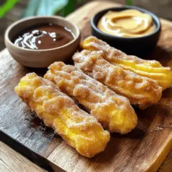Um perfekte Zimt-Zucker-Churros zu machen, brauchst du einige einfache Zutaten. Hier sind die Hauptzutaten: - 1 Tasse Wasser - 2 Esslöffel granulierten Zucker - 1/2 Teelöffel Salz - 1/2 Tasse ungesalzene Butter - 1 Tasse Weizenmehl - 3 große Eier - 1 Teelöffel Vanilleextrakt - 1 Tasse granulierten Zucker (zum Wälzen) - 2 Teelöffel gemahlenen Zimt (zum Wälzen) - Öl zum Frittieren Diese Zutaten sind wichtig für den Teig und den Geschmack deiner Churros. Um die besten Churros zu machen, wähle frische Zutaten. Achte darauf, dass die Eier groß und frisch sind. Benutze ungesalzene Butter für den richtigen Geschmack. Das Weizenmehl sollte fein und von guter Qualität sein. Frischer Zimt hat einen stärkeren Geschmack und macht deine Churros noch besser. Wenn du keine bestimmten Zutaten hast, gibt es Alternativen. Du kannst Margarine statt Butter verwenden. Das funktioniert auch gut. Für glutenfreie Churros, nutze glutenfreies Mehl. Auch pflanzliche Milch kann die Eier ersetzen, wenn du vegan kochen möchtest. Experimentiere ruhig, um deinen eigenen Geschmack zu finden! Für das vollständige Rezept schau dir den Abschnitt "Full Recipe" an. Um den Teig für die Zimt-Zucker-Churros zu machen, beginnen wir mit einem kleinen Kochtopf. Füllen Sie den Topf mit einer Tasse Wasser. Geben Sie zwei Esslöffel granulierten Zucker und einen halben Teelöffel Salz hinzu. Fügen Sie auch eine halbe Tasse ungesalzene Butter hinzu. Stellen Sie den Herd auf mittlere Hitze und bringen Sie die Mischung zum Kochen. Wenn das Wasser kocht, nehmen Sie den Topf vom Herd. Jetzt kommt das Mehl! Fügen Sie eine Tasse Weizenmehl auf einmal hinzu. Rühren Sie kräftig mit einem Holzlöffel, bis der Teig eine Kugel bildet und sich vom Topf löst. Lassen Sie den Teig fünf Minuten abkühlen. Jetzt fügen Sie die drei Eier nacheinander hinzu. Rühren Sie gut, bis alles schön vermischt ist. Zum Schluss geben Sie einen Teelöffel Vanilleextrakt dazu. Rühren Sie weiter, bis der Teig glatt und glänzend ist. Erhitzen Sie in einer großen Pfanne oder einem Topf Öl auf etwa 180 °C. Der richtige Punkt ist wichtig! Nehmen Sie einen Spritzbeutel mit einer Stern-Tülle und füllen Sie ihn mit dem Churroteig. Spritzen Sie nun die Teigstreifen direkt in das heiße Öl. Verwenden Sie eine Küchenschere, um die Teigstreifen auf die gewünschte Länge zu schneiden. Frittieren Sie die Churros in Chargen. Sie sollten etwa zwei bis drei Minuten pro Seite goldbraun werden. Achten Sie darauf, dass sie nicht zu dunkel werden. Wenn sie fertig sind, nehmen Sie sie mit einem Schaumlöffel heraus und lassen Sie sie auf Papiertüchern abtropfen. In einer Schüssel vermengen Sie eine Tasse Zucker mit zwei Teelöffeln gemahlenem Zimt. Während die Churros noch warm sind, wälzen Sie sie in dieser Mischung. Achten Sie darauf, dass sie gleichmäßig bedeckt sind. Servieren Sie die Churros sofort! Sie schmecken am besten frisch und warm. Sie können sie mit Schokoladensoße oder Dulce de Leche servieren. Dieses einfache Rezept macht es leicht, köstliche Zimt-Zucker-Churros zu genießen. Ein häufiger Fehler ist, den Teig zu lange zu rühren. Es ist wichtig, den Teig nur so lange zu mischen, bis er glatt ist. Zu viel Rühren kann die Churros zäh machen. Ein weiterer Fehler ist, das Öl nicht heiß genug zu erhitzen. Wenn das Öl zu kalt ist, saugen die Churros viel Fett auf. Das macht sie fettig und schwer. Verwende ein Thermometer, um die Temperatur zu überprüfen. Die ideale Temperatur zum Frittieren von Churros liegt bei etwa 180 °C. Bei dieser Temperatur frittieren die Churros gleichmäßig und goldbraun. Spritze den Teig vorsichtig ins heiße Öl. Achte darauf, nicht zu viele Churros auf einmal zu frittieren. Das senkt die Temperatur des Öls. Frittiere die Churros in kleinen Gruppen für ein besseres Ergebnis. Churros schmecken am besten, wenn man sie frisch serviert. Du kannst sie mit verschiedenen Dips anbieten. Eine schokoladige Sauce ist sehr beliebt. Dulce de Leche passt auch perfekt. Für etwas Frische kannst du eine Erdbeersauce in Betracht ziehen. Serviere die Churros auf einem schönen Teller und streue etwas Zimt-Zucker darüber. So sehen sie toll aus und schmecken noch besser! Für das volle Rezept besuche die Seite mit der vollständigen Anleitung. {{image_4}} Wenn Sie gesündere Churros möchten, gibt es viele Optionen. Sie können Vollkornmehl verwenden. Diese Variante hat mehr Ballaststoffe. Eine andere Idee ist, den Zucker zu reduzieren. Verwenden Sie stattdessen Honig oder Ahornsirup. Sie können auch den Teig backen, statt ihn zu frittieren. So sparen Sie Fett und Kalorien. Füllungen machen Churros noch spannender. Probieren Sie Schokoladencreme oder Vanillepudding. Auch fruchtige Füllungen sind toll. Denken Sie an Erdbeeren oder Himbeeren. Wenn Sie es schokoladig mögen, fügen Sie Nutella hinzu. Kleine Überraschungen im Inneren machen jeden Biss besonders. Die Präsentation ist wichtig. Sie können Ihre Churros mit Schokolade überziehen. Streuen Sie bunte Streusel darüber. Für einen besonderen Effekt können Sie die Churros auf einem Holzbrett anrichten. Servieren Sie sie mit kleinen Schalen für Dips. So sieht Ihr Dessert schön und einladend aus. Die Gäste werden begeistert sein! Für das vollständige Rezept, schauen Sie sich das Rezept von Zimt-Zucker-Churros an. Wenn du Churros übrig hast, lege sie in einen luftdichten Behälter. So bleiben sie frisch. Achte darauf, dass die Churros vollständig abgekühlt sind. Dies verhindert, dass sich Feuchtigkeit bildet. Du kannst sie bis zu zwei Tage im Kühlschrank aufbewahren. Um die Churros wieder knusprig zu machen, erwärmst du sie im Ofen. Heize den Ofen auf 180 °C vor. Lege die Churros auf ein Backblech und backe sie für etwa 5 bis 7 Minuten. So werden sie schön warm und knusprig. Du kannst auch eine Pfanne verwenden. Erhitze sie ohne Öl bei mittlerer Hitze. So bleibt die Textur optimal. Churros sind am besten frisch. Du kannst jedoch auch gefrorene Churros aufbewahren. Wickele sie in Frischhaltefolie und lege sie in einen Gefrierbeutel. So bleiben sie bis zu zwei Monate haltbar. Zum Aufwärmen, lasse sie zuerst im Kühlschrank auftauen. Dann nutze die oben genannten Techniken, um sie wieder zu genießen. Churros schmecken am besten frisch. Wenn du sie aufbewahren musst, lege sie in einen luftdichten Behälter. Sie bleiben so für 1 bis 2 Tage frisch. Nach ein paar Tagen werden sie jedoch weich. Um die Knusprigkeit zu erhalten, empfehle ich, sie im Ofen aufzuwärmen. Stelle den Ofen auf 175 °C und backe sie für etwa 5 Minuten. Ja, du kannst die Churros im Voraus zubereiten. Koche den Teig und forme die Churros. Lege sie dann auf ein Backblech und friere sie ein. Wenn du bereit bist, sie zu frittieren, nimm sie aus dem Gefrierfach. Lass sie etwas auftauen, dann frittiere sie wie gewohnt. So hast du frische Churros, wann immer du willst! Der beste Dip für Zimt-Zucker-Churros ist eine cremige Schokoladensoße. Du kannst auch Dulce de Leche verwenden, wenn du es süß magst. Beide Dips ergänzen den Geschmack der Churros perfekt. Ich empfehle, die Dips in kleine Schalen zu füllen. So kannst du sie leicht eintunken und genießen. Die Zubereitung von Zimt-Zucker-Churros ist einfach und macht Spaß. Sie lernen, welche Zutaten wichtig sind und wie man sie auswählt. Die Schritt-für-Schritt-Anleitung hilft Ihnen, leckere Churros zu frittieren und in Zimt-Zucker zu wälzen. Vermeiden Sie typische Fehler und nutzen Sie die Tipps für beste Ergebnisse. Probieren Sie Variationen mit gesunden Alternativen oder kreativen Füllungen. Mit den Lagerungshinweisen bleibt der Genuss lange erhalten. Churros sind mehr als ein Snack - sie sind ein Erlebnis. Machen Sie das Beste daraus!