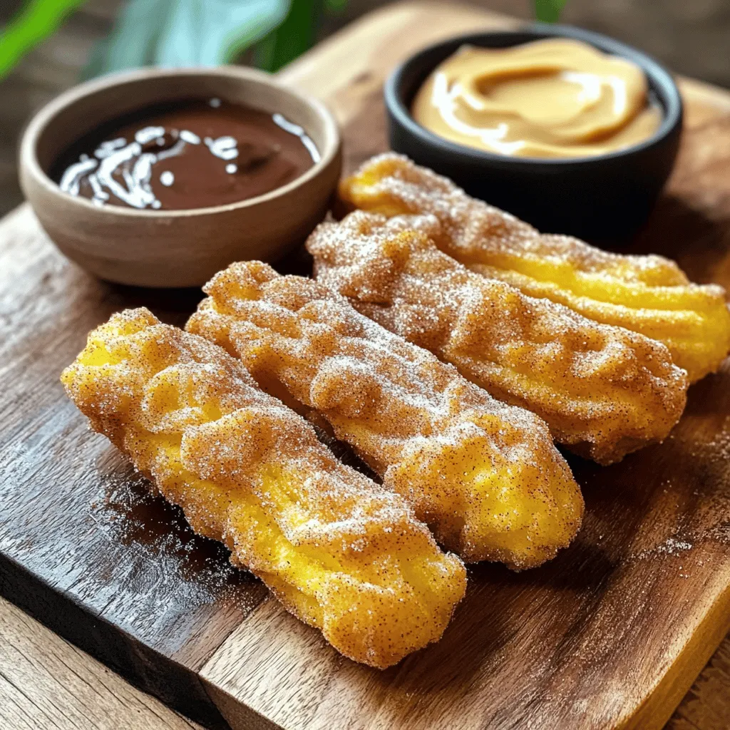 Um perfekte Zimt-Zucker-Churros zu machen, brauchst du einige einfache Zutaten. Hier sind die Hauptzutaten: - 1 Tasse Wasser - 2 Esslöffel granulierten Zucker - 1/2 Teelöffel Salz - 1/2 Tasse ungesalzene Butter - 1 Tasse Weizenmehl - 3 große Eier - 1 Teelöffel Vanilleextrakt - 1 Tasse granulierten Zucker (zum Wälzen) - 2 Teelöffel gemahlenen Zimt (zum Wälzen) - Öl zum Frittieren Diese Zutaten sind wichtig für den Teig und den Geschmack deiner Churros. Um die besten Churros zu machen, wähle frische Zutaten. Achte darauf, dass die Eier groß und frisch sind. Benutze ungesalzene Butter für den richtigen Geschmack. Das Weizenmehl sollte fein und von guter Qualität sein. Frischer Zimt hat einen stärkeren Geschmack und macht deine Churros noch besser. Wenn du keine bestimmten Zutaten hast, gibt es Alternativen. Du kannst Margarine statt Butter verwenden. Das funktioniert auch gut. Für glutenfreie Churros, nutze glutenfreies Mehl. Auch pflanzliche Milch kann die Eier ersetzen, wenn du vegan kochen möchtest. Experimentiere ruhig, um deinen eigenen Geschmack zu finden! Für das vollständige Rezept schau dir den Abschnitt "Full Recipe" an. Um den Teig für die Zimt-Zucker-Churros zu machen, beginnen wir mit einem kleinen Kochtopf. Füllen Sie den Topf mit einer Tasse Wasser. Geben Sie zwei Esslöffel granulierten Zucker und einen halben Teelöffel Salz hinzu. Fügen Sie auch eine halbe Tasse ungesalzene Butter hinzu. Stellen Sie den Herd auf mittlere Hitze und bringen Sie die Mischung zum Kochen. Wenn das Wasser kocht, nehmen Sie den Topf vom Herd. Jetzt kommt das Mehl! Fügen Sie eine Tasse Weizenmehl auf einmal hinzu. Rühren Sie kräftig mit einem Holzlöffel, bis der Teig eine Kugel bildet und sich vom Topf löst. Lassen Sie den Teig fünf Minuten abkühlen. Jetzt fügen Sie die drei Eier nacheinander hinzu. Rühren Sie gut, bis alles schön vermischt ist. Zum Schluss geben Sie einen Teelöffel Vanilleextrakt dazu. Rühren Sie weiter, bis der Teig glatt und glänzend ist. Erhitzen Sie in einer großen Pfanne oder einem Topf Öl auf etwa 180 °C. Der richtige Punkt ist wichtig! Nehmen Sie einen Spritzbeutel mit einer Stern-Tülle und füllen Sie ihn mit dem Churroteig. Spritzen Sie nun die Teigstreifen direkt in das heiße Öl. Verwenden Sie eine Küchenschere, um die Teigstreifen auf die gewünschte Länge zu schneiden. Frittieren Sie die Churros in Chargen. Sie sollten etwa zwei bis drei Minuten pro Seite goldbraun werden. Achten Sie darauf, dass sie nicht zu dunkel werden. Wenn sie fertig sind, nehmen Sie sie mit einem Schaumlöffel heraus und lassen Sie sie auf Papiertüchern abtropfen. In einer Schüssel vermengen Sie eine Tasse Zucker mit zwei Teelöffeln gemahlenem Zimt. Während die Churros noch warm sind, wälzen Sie sie in dieser Mischung. Achten Sie darauf, dass sie gleichmäßig bedeckt sind. Servieren Sie die Churros sofort! Sie schmecken am besten frisch und warm. Sie können sie mit Schokoladensoße oder Dulce de Leche servieren. Dieses einfache Rezept macht es leicht, köstliche Zimt-Zucker-Churros zu genießen. Ein häufiger Fehler ist, den Teig zu lange zu rühren. Es ist wichtig, den Teig nur so lange zu mischen, bis er glatt ist. Zu viel Rühren kann die Churros zäh machen. Ein weiterer Fehler ist, das Öl nicht heiß genug zu erhitzen. Wenn das Öl zu kalt ist, saugen die Churros viel Fett auf. Das macht sie fettig und schwer. Verwende ein Thermometer, um die Temperatur zu überprüfen. Die ideale Temperatur zum Frittieren von Churros liegt bei etwa 180 °C. Bei dieser Temperatur frittieren die Churros gleichmäßig und goldbraun. Spritze den Teig vorsichtig ins heiße Öl. Achte darauf, nicht zu viele Churros auf einmal zu frittieren. Das senkt die Temperatur des Öls. Frittiere die Churros in kleinen Gruppen für ein besseres Ergebnis. Churros schmecken am besten, wenn man sie frisch serviert. Du kannst sie mit verschiedenen Dips anbieten. Eine schokoladige Sauce ist sehr beliebt. Dulce de Leche passt auch perfekt. Für etwas Frische kannst du eine Erdbeersauce in Betracht ziehen. Serviere die Churros auf einem schönen Teller und streue etwas Zimt-Zucker darüber. So sehen sie toll aus und schmecken noch besser! Für das volle Rezept besuche die Seite mit der vollständigen Anleitung. {{image_4}} Wenn Sie gesündere Churros möchten, gibt es viele Optionen. Sie können Vollkornmehl verwenden. Diese Variante hat mehr Ballaststoffe. Eine andere Idee ist, den Zucker zu reduzieren. Verwenden Sie stattdessen Honig oder Ahornsirup. Sie können auch den Teig backen, statt ihn zu frittieren. So sparen Sie Fett und Kalorien. Füllungen machen Churros noch spannender. Probieren Sie Schokoladencreme oder Vanillepudding. Auch fruchtige Füllungen sind toll. Denken Sie an Erdbeeren oder Himbeeren. Wenn Sie es schokoladig mögen, fügen Sie Nutella hinzu. Kleine Überraschungen im Inneren machen jeden Biss besonders. Die Präsentation ist wichtig. Sie können Ihre Churros mit Schokolade überziehen. Streuen Sie bunte Streusel darüber. Für einen besonderen Effekt können Sie die Churros auf einem Holzbrett anrichten. Servieren Sie sie mit kleinen Schalen für Dips. So sieht Ihr Dessert schön und einladend aus. Die Gäste werden begeistert sein! Für das vollständige Rezept, schauen Sie sich das Rezept von Zimt-Zucker-Churros an. Wenn du Churros übrig hast, lege sie in einen luftdichten Behälter. So bleiben sie frisch. Achte darauf, dass die Churros vollständig abgekühlt sind. Dies verhindert, dass sich Feuchtigkeit bildet. Du kannst sie bis zu zwei Tage im Kühlschrank aufbewahren. Um die Churros wieder knusprig zu machen, erwärmst du sie im Ofen. Heize den Ofen auf 180 °C vor. Lege die Churros auf ein Backblech und backe sie für etwa 5 bis 7 Minuten. So werden sie schön warm und knusprig. Du kannst auch eine Pfanne verwenden. Erhitze sie ohne Öl bei mittlerer Hitze. So bleibt die Textur optimal. Churros sind am besten frisch. Du kannst jedoch auch gefrorene Churros aufbewahren. Wickele sie in Frischhaltefolie und lege sie in einen Gefrierbeutel. So bleiben sie bis zu zwei Monate haltbar. Zum Aufwärmen, lasse sie zuerst im Kühlschrank auftauen. Dann nutze die oben genannten Techniken, um sie wieder zu genießen. Churros schmecken am besten frisch. Wenn du sie aufbewahren musst, lege sie in einen luftdichten Behälter. Sie bleiben so für 1 bis 2 Tage frisch. Nach ein paar Tagen werden sie jedoch weich. Um die Knusprigkeit zu erhalten, empfehle ich, sie im Ofen aufzuwärmen. Stelle den Ofen auf 175 °C und backe sie für etwa 5 Minuten. Ja, du kannst die Churros im Voraus zubereiten. Koche den Teig und forme die Churros. Lege sie dann auf ein Backblech und friere sie ein. Wenn du bereit bist, sie zu frittieren, nimm sie aus dem Gefrierfach. Lass sie etwas auftauen, dann frittiere sie wie gewohnt. So hast du frische Churros, wann immer du willst! Der beste Dip für Zimt-Zucker-Churros ist eine cremige Schokoladensoße. Du kannst auch Dulce de Leche verwenden, wenn du es süß magst. Beide Dips ergänzen den Geschmack der Churros perfekt. Ich empfehle, die Dips in kleine Schalen zu füllen. So kannst du sie leicht eintunken und genießen. Die Zubereitung von Zimt-Zucker-Churros ist einfach und macht Spaß. Sie lernen, welche Zutaten wichtig sind und wie man sie auswählt. Die Schritt-für-Schritt-Anleitung hilft Ihnen, leckere Churros zu frittieren und in Zimt-Zucker zu wälzen. Vermeiden Sie typische Fehler und nutzen Sie die Tipps für beste Ergebnisse. Probieren Sie Variationen mit gesunden Alternativen oder kreativen Füllungen. Mit den Lagerungshinweisen bleibt der Genuss lange erhalten. Churros sind mehr als ein Snack - sie sind ein Erlebnis. Machen Sie das Beste daraus!