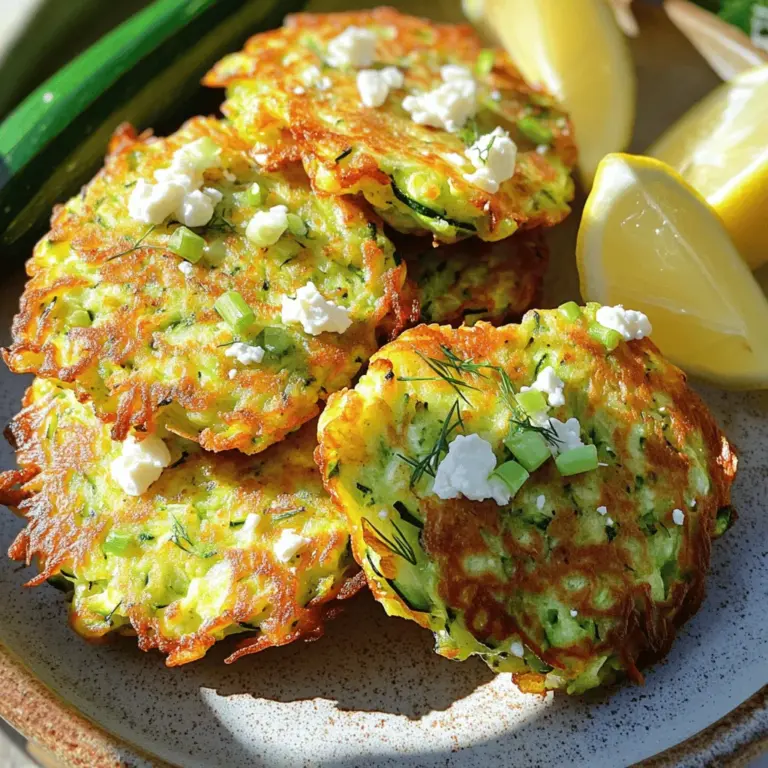 Für köstliche Zucchini Fritters mit Feta brauchst du frische Zutaten. Hier sind die Hauptzutaten: - 2 mittelgroße Zucchini, gerieben - 1 Teelöffel Salz (zum Entwässern der Zucchini) - 1/2 Tasse Weizenmehl - 1/2 Tasse Feta-Käse, zerbröselt - 2 große Eier - 1/4 Tasse grüne Zwiebeln, fein gehackt - 1 Esslöffel frischer Dill, gehackt (oder 1 Teelöffel getrockneter Dill) - 1/2 Teelöffel Knoblauchpulver - 1/4 Teelöffel schwarzer Pfeffer - Olivenöl (zum Braten) - Zitronenschnitze (zum Servieren) Diese Zutaten sind einfach zu finden. Achte darauf, frische Zucchini und hochwertigen Feta zu wählen. Das macht einen großen Unterschied im Geschmack. Die Gewürze und Kräuter bringen den Geschmack in die Fritters. Ich empfehle frischen Dill, da er den Zucchini Fritters eine tolle Frische gibt. - Knoblauchpulver macht das Gericht würziger. - Schwarzer Pfeffer sorgt für eine leichte Schärfe. Du kannst auch andere Kräuter probieren. Petersilie oder Oregano passen ebenfalls gut. Zucchini Fritters schmecken am besten mit einem Dip. Ich empfehle Tzatziki oder Naturjoghurt. Diese Dips ergänzen die Fritters perfekt. - Tzatziki ist frisch und kühl. - Naturjoghurt ist einfach und lecker. Zusätzlich kannst du einen Salat oder etwas Brot servieren. So wird dein Gericht noch besser. Für das vollständige Rezept kannst du [Full Recipe] hier ansehen. Zuerst nimmst du die Zucchini und reibst sie grob. Achte darauf, zwei mittelgroße Zucchini zu verwenden. Gib das Salz zu den geriebenen Zucchini. Lass sie dann für etwa 10 Minuten stehen. So entweicht die überschüssige Feuchtigkeit. Danach nimmst du ein sauberes Küchentuch und drückst die Zucchini kräftig aus. Dies ist wichtig, damit die Fritters ihre Form behalten. Jetzt kommt der spaßige Teil! In der gleichen Schüssel mischst du die abgetropfte Zucchini mit dem Weizenmehl, dem zerbröselten Feta, den Eiern, den gehackten grünen Zwiebeln, dem Dill, dem Knoblauchpulver und dem schwarzen Pfeffer. Rühre alles gut um, bis die Mischung gleichmäßig wird. Diese Kombination sorgt für einen tollen Geschmack. Heize eine große Pfanne mit etwa 0,5 cm Olivenöl auf mittlerer Hitze. Teste das Öl, indem du einen kleinen Löffel Teig hineinfallen lässt. Wenn es zischt, ist das Öl bereit. Nimm etwa 2 Esslöffel der Zucchini-Mischung und forme kleine Fritters. Lege sie vorsichtig in die Pfanne, ohne sie zu überfüllen. Brate die Fritters etwa 3-4 Minuten auf jeder Seite, bis sie goldbraun und knusprig sind. Wenn sie fertig sind, lege sie auf einen Teller mit Papiertüchern, um das überschüssige Öl abzutropfen. Serviere sie warm mit Zitronenschnitzen. Das Rezept ist einfach und sehr lecker! Für die vollständige Anleitung, siehe das [Full Recipe]. Ein häufiger Fehler ist, die Zucchini nicht gut zu entwässern. Dies führt zu matschigen Fritters. Um dies zu vermeiden, benutze Salz. Lass die Zucchini dann für 10 Minuten stehen. Danach drücke sie gut aus, um die Feuchtigkeit zu entfernen. Ein weiterer Fehler ist, die Fritters zu dick zu formen. Dünnere Fritters braten gleichmäßiger und werden knuspriger. Achte darauf, sie etwa 1 cm dick zu formen. Um den Geschmack zu verbessern, füge frische Kräuter hinzu. Dill passt hervorragend zu Zucchini. Auch Petersilie oder Basilikum sind gute Optionen. Ein zusätzlicher Tipp ist, etwas Zitronenschale in die Mischung zu geben. Das bringt Frische und hebt den Geschmack. Für mehr Textur kann man auch geriebene Karotten oder Mais hinzufügen. Diese Zutaten geben den Fritters mehr Biss und Farbe. Für die Zubereitung dieser Fritters benötigst du einige wichtige Utensilien. - Eine große Schüssel zum Mischen der Zutaten - Ein Küchentuch oder Käsetuch zum Ausdrücken der Zucchini - Eine Pfanne, idealerweise mit Antihaftbeschichtung, zum Braten - Einen Löffel zum Portionieren des Teigs Diese einfachen Utensilien helfen dir, die Zucchini Fritters leicht und schnell zuzubereiten. Für das vollständige Rezept schau dir [Full Recipe] an. {{image_4}} Wenn du glutenfrei kochen möchtest, gibt es einfache Optionen. Du kannst einfach das Weizenmehl durch Mandelmehl oder Kichererbsenmehl ersetzen. Beide Mehle geben den Fritters eine schöne Textur. Achte darauf, das Mehl gut mit den anderen Zutaten zu vermischen. So bleibt der Geschmack der Zucchini und des Fetas stark. Glutenfreie Zucchini Fritters sind ebenso lecker und knusprig. Um deine Fritters spannend zu machen, experimentiere mit Zutaten. Füge geriebene Karotten für mehr Farbe und Süße hinzu. Auch gehackte Paprika bringt einen schönen Crunch. Wenn du es würziger magst, probiere Jalapeños oder frische Kräuter wie Petersilie und Basilikum. Diese Variationen geben dem klassischen Rezept einen neuen Twist. Du kannst auch verschiedene Käsesorten wie Ziegenkäse ausprobieren. Für eine gesündere Variante kannst du die Zucchini Fritters im Airfryer zubereiten. Das spart Öl und macht sie weniger fettig. Forme die Fritters wie gewohnt und lege sie in den Airfryer. Stelle die Temperatur auf 200 Grad Celsius ein und backe sie 10-12 Minuten lang. Schüttle den Korb einmal, um gleichmäßiges Garen zu garantieren. Die Fritters werden schön knusprig und lecker. Schau dir das vollständige Rezept für genaue Anweisungen an. Um die Frische deiner Zucchini Fritters mit Feta zu bewahren, lagere sie in einem luftdichten Behälter. Lege zwischen die Fritters ein Papiertuch. Dies hilft, die Feuchtigkeit zu absorbieren. Stelle den Behälter in den Kühlschrank. So bleiben sie bis zu drei Tage frisch. Um die Fritters aufzuwärmen, benutze eine Pfanne. Erhitze sie bei mittlerer Hitze. Füge einen kleinen Spritzer Öl hinzu, damit sie knusprig bleiben. Brate die Fritters etwa zwei bis drei Minuten pro Seite. So schmecken sie fast wie frisch zubereitet. Im Kühlschrank halten die Zucchini Fritters etwa drei Tage. Solltest du sie länger aufbewahren wollen, friere sie ein. Lege sie auf ein Backblech und friere sie zuerst ein. Danach kannst du sie in einen Gefrierbeutel umfüllen. So bleiben sie bis zu drei Monate frisch. Wenn du sie essen möchtest, auftauen und wie oben beschrieben aufwärmen. Für die vollständige Zubereitung schaue dir das Full Recipe an. Zucchini Fritters bleiben im Kühlschrank etwa 3 bis 4 Tage frisch. Bewahre sie in einem luftdichten Behälter auf. Du kannst sie auch einfrieren. Dazu lege die Fritters in einen Gefrierbeutel und entferne so viel Luft wie möglich. Im Gefrierschrank halten sie bis zu 3 Monate. Wenn du sie wieder aufwärmst, lege sie in den Ofen. So werden sie schön knusprig. Ja, du kannst andere Käsesorten verwenden. Feta bringt einen tollen Geschmack, aber auch Parmesan oder Ziegenkäse sind gute Alternativen. Wenn du einen milden Käse magst, probiere Mozzarella. Achte darauf, dass der Käse gut schmilzt und gut mit der Zucchini harmoniert. Die besten Dips sind Tzatziki oder Joghurt mit Kräutern. Beide passen gut zu den Fritters. Du kannst auch einen scharfen Dip oder eine Avocado-Creme ausprobieren. Diese Dips bringen einen frischen Geschmack und ergänzen die Zucchini Fritters perfekt. Wenn du etwas anderes willst, probiere einen Hummus oder eine Tomatensalsa. Zucchini Fritters mit Feta sind einfach und lecker. Wir haben die besten Zutaten und Gewürze besprochen. Ich habe dir gezeigt, wie du sie schrittweise zubereitest und wichtige Tipps geteilt, um Fehler zu vermeiden. Variationen wie glutenfreie Alternativen sind möglich. Die richtige Lagerung sorgt für Frische. Unsere FAQs beantworten deine häufigsten Fragen. Nutze dieses Wissen, um köstliche Fritters zu machen und viel Spaß beim Kochen!