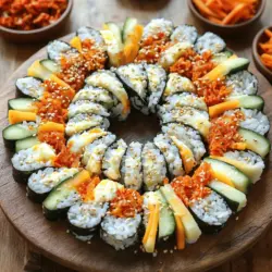 - 2 Tassen gekochter Sushi-Reis - 1/2 Tasse Kimchi, gehackt - 1 Tasse Mozzarella, gerieben - 2 Esslöffel Sesamöl - 4 Blätter Nori (Algenblätter) - 2 Eier, verquirlt - 1 Esslöffel Sojasauce - 1 Teelöffel Salz - 1 Esslöffel Sesamsamen zum Garnieren Korean Cheese Kimchi Kimbap ist ein buntes Gericht. Die Hauptzutaten sind einfach zu finden. Sushi-Reis sorgt für die perfekte Basis. Kimchi bringt das würzige Element. Mozzarella macht das Gericht cremig und reichhaltig. Die ergänzenden Zutaten geben dem Kimbap das besondere Etwas. Sesamöl fügt einen nussigen Geschmack hinzu. Nori ist wichtig, um alles zusammenzuhalten. Die Eier geben eine schöne Textur. Die Gewürze sind entscheidend. Sojasauce sorgt für Umami. Salz verstärkt die Aromen. Sesamsamen machen das Gericht knusprig und schön. Wenn du mehr über die Zubereitung wissen willst, schau dir das [Full Recipe] an. Damit schaffst du ein leckeres und ansprechendes Gericht! Beginnen Sie mit dem Reis. Nehmen Sie zwei Tassen gekochten Sushi-Reis und geben Sie ihn in eine große Schüssel. Fügen Sie zwei Esslöffel Sesamöl, einen Esslöffel Sojasauce und einen Teelöffel Salz hinzu. Mischen Sie alles gut. Der Reis sollte gleichmäßig gewürzt sein. Jetzt kümmern wir uns um die Eier. Verquirlen Sie zwei Eier in einer Schüssel. Braten Sie die Eier in einer Pfanne zu einer dünnen Omelette. Lassen Sie die Omelette leicht abkühlen und schneiden Sie sie dann in feine Streifen. Diese geben dem Kimbap eine schöne Textur. Legen Sie ein Blatt Nori mit der glänzenden Seite nach unten auf eine Bambusmatte. Befeuchten Sie Ihre Hände leicht, um den Reis nicht kleben zu lassen. Nehmen Sie etwa 1/2 Tasse des gewürzten Reises und verteilen Sie ihn gleichmäßig auf dem Nori. Lassen Sie am oberen Rand etwa 2,5 cm frei. Dies hilft beim Rollen. Jetzt kommt der beste Teil! Schichten Sie in der Mitte des Reises das gehackte Kimchi, den geriebenen Mozzarella, die geschnittenen Karotten und Gurken sowie einige Streifen der Omelette. Heben Sie die Bambusmatte an und rollen Sie das Kimbap straff. Üben Sie sanften Druck aus, um die Füllungen gut zu sichern. Wenn Sie den freiliegenden Rand des Nori erreichen, befeuchten Sie ihn mit etwas Wasser. Drücken Sie leicht, um den Rand zu versiegeln. Wiederholen Sie diesen Schritt mit den restlichen Nori-Blättern und Füllungen. Schneiden Sie jede Rolle in mundgerechte Stücke und bestreuen Sie die Stücke mit Sesamsamen für extra Crunch. Für die vollständige Zubereitung schauen Sie sich das Full Recipe an. Um den besten Geschmack zu erzielen, sollten Sie Sushi-Reis verwenden. Sushi-Reis hat die richtige Klebrigkeit. Normaler Reis wird oft zu locker. Kochen Sie den Reis mit einem Verhältnis von 1:1,5 Wasser. Lassen Sie ihn nach dem Kochen 10 Minuten ruhen. Mischen Sie dann den gekochten Reis mit Sesamöl, Sojasauce und etwas Salz. Diese Mischung gibt dem Reis einen tollen Geschmack. Eine gute Rolltechnik ist wichtig. Beginnen Sie mit einem sauberen Nori-Blatt. Verteilen Sie den gewürzten Reis gleichmäßig. Lassen Sie am oberen Rand etwas Platz. Fügen Sie die Füllungen in der Mitte hinzu. Drücken Sie beim Rollen sanft, um die Füllungen zu sichern. Achten Sie darauf, dass nichts herausfällt. Verwenden Sie Wasser, um das Nori zu versiegeln. Dies hilft, die Rolle zusammenzuhalten. Kimbap schmeckt am besten mit Saucen. Sojasauce oder scharfe Sauce sind gute Optionen. Sie können auch Kimchi als Beilage servieren. Arrangieren Sie die Kimbap-Stücke auf einem schönen Teller. Ein kreisförmiges Muster sieht appetitlich aus. Fügen Sie kleine Schalen mit Dip-Sauce hinzu. So haben Ihre Gäste viele Möglichkeiten. {{image_4}} Wenn du eine vegetarische Version von Korean Cheese Kimchi Kimbap machen möchtest, gibt es viele tolle Anpassungen. Du kannst Fleisch oder tierische Produkte einfach weglassen. Stattdessen verwende verschiedene Gemüsesorten, um deinen Kimbap bunt und lecker zu machen. Zum Beispiel sind Paprika, Zucchini oder auch Spinat großartige Optionen. Diese Gemüsesorten bringen Farbe und frischen Geschmack in dein Kimbap. Saisonale Füllungen bringen noch mehr Vielfalt in dein Kimbap. Je nach Erntezeit kannst du frische Zutaten nutzen. Im Frühling sind Radieschen und junge Erbsen perfekt. Im Sommer kannst du Avocado oder Gurken verwenden. Im Herbst sind Kürbis und Süßkartoffeln großartig. Diese Zutaten sind nicht nur lecker, sie machen dein Kimbap auch gesund und nahrhaft. Für die Liebhaber von Schärfe gibt es viele Möglichkeiten, Kimbap würziger zu machen. Du kannst scharfe Sauce oder Sriracha hinzufügen, um mehr Kick zu bekommen. Außerdem kannst du dein Kimchi mit etwas mehr Chili würzen. Experimentiere mit verschiedenen Sorten von würzigem Kimchi, um die perfekte Kombination für deinen Geschmack zu finden. So wird dein Kimbap zu einem echten Geschmackserlebnis. Lagern Sie Kimbap im Kühlschrank. Wickeln Sie es in Frischhaltefolie. So bleibt es frisch. Kimbap hält etwa zwei Tage. Danach kann der Reis trocken werden. Achten Sie darauf, dass das Kimchi nicht zu lange im Kimbap bleibt. Für die langfristige Lagerung können Sie Kimbap einfrieren. Wickeln Sie es fest in Folie. Legen Sie die Rollen in einen Gefrierbeutel. So bleibt die Frische erhalten. Zum Auftauen nehmen Sie das Kimbap aus dem Gefrierfach. Lassen Sie es über Nacht im Kühlschrank auftauen. Um es warm zu genießen, legen Sie es kurz in die Mikrowelle. Achten Sie auf die Frische der Zutaten. Verwenden Sie frisches Kimchi. Dies sorgt für den besten Geschmack. Vermeiden Sie, dass die Zutaten zu stark sinken. Lagern Sie Gemüse separat, wenn möglich. So bleibt alles knackig und frisch. Kimbap ist ein traditionelles koreanisches Gericht. Es besteht aus Reis und verschiedenen Füllungen, die in Algenblätter gewickelt sind. Im Gegensatz zu Sushi wird Kimbap nicht mit rohem Fisch zubereitet. Stattdessen nutzen wir oft Gemüse, Eier und Kimchi. Sushi verwendet auch Essigreis, während Kimbap oft mit Sesamöl gewürzt wird. Diese Unterschiede geben jedem Gericht seinen eigenen Geschmack und Stil. Ja, du kannst andere Käsesorten verwenden! Du musst nicht nur Mozzarella nehmen. Probiere Gouda für einen würzigeren Geschmack oder Cheddar für eine kräftige Note. Diese Käsesorten bringen neue Aromen in dein Kimbap. Achte darauf, dass der Käse gut schmilzt, um die besten Ergebnisse zu erzielen. Die richtige Technik ist wichtig für die Präsentation. Benutze ein scharfes Messer für saubere Schnitte. Schneide die Rolle in Stücke von etwa 2,5 cm. Achte darauf, das Messer nach jedem Schnitt zu befeuchten. So bleibt die Rolle intakt und sieht schön aus. Eine gute Präsentation macht das Essen noch besser! Kimbap kann eine gesunde Wahl sein! Es enthält frisches Gemüse, Eier und gesunden Reis. Kimchi bietet probiotische Vorteile. Der Käse liefert Calcium. Achte jedoch auf die Portionsgröße, da Kimbap auch Kalorien haben kann. Es ist wichtig, eine ausgewogene Mahlzeit zu genießen. Du kannst die Zutaten in jedem asiatischen Lebensmittelgeschäft finden. Sushi-Reis gibt es oft in Supermärkten. Kimchi findest du in Gläsern oder frisch. Nori-Blätter sind ebenfalls leicht zu finden. Wenn du nicht sicher bist, schau online nach. Viele Geschäfte bieten die Zutaten auch im Internet an. Kimbap bleibt im Kühlschrank etwa 1 bis 2 Tage frisch. Bewahre es in einem luftdichten Behälter auf. Wenn du Kimbap länger aufbewahren möchtest, kannst du es einfrieren. Achte darauf, die Rollen gut einzuwickeln. Zum Auftauen lasse es einfach im Kühlschrank stehen. So bleibt der Geschmack erhalten. Kimbap ist einfach zu machen und sehr lecker. Du brauchst gekochten Reis, Kimchi und Mozzarella. Eine gute Vorbereitung ist der Schlüssel. Denk an die richtigen Techniken und Tipps, um professionell zu rollen. Experimentiere mit Füllungen und saisonalen Zutaten. Lagere Kimbap richtig für besten Genuss. Du kannst auch verschiedene Käse und Gewürze ausprobieren. Kimbap ist eine gesunde Mahlzeit, die viel Spaß macht! Jetzt kannst du es selbst zu Hause zubereiten. Viel Spaß beim Ausprobieren!