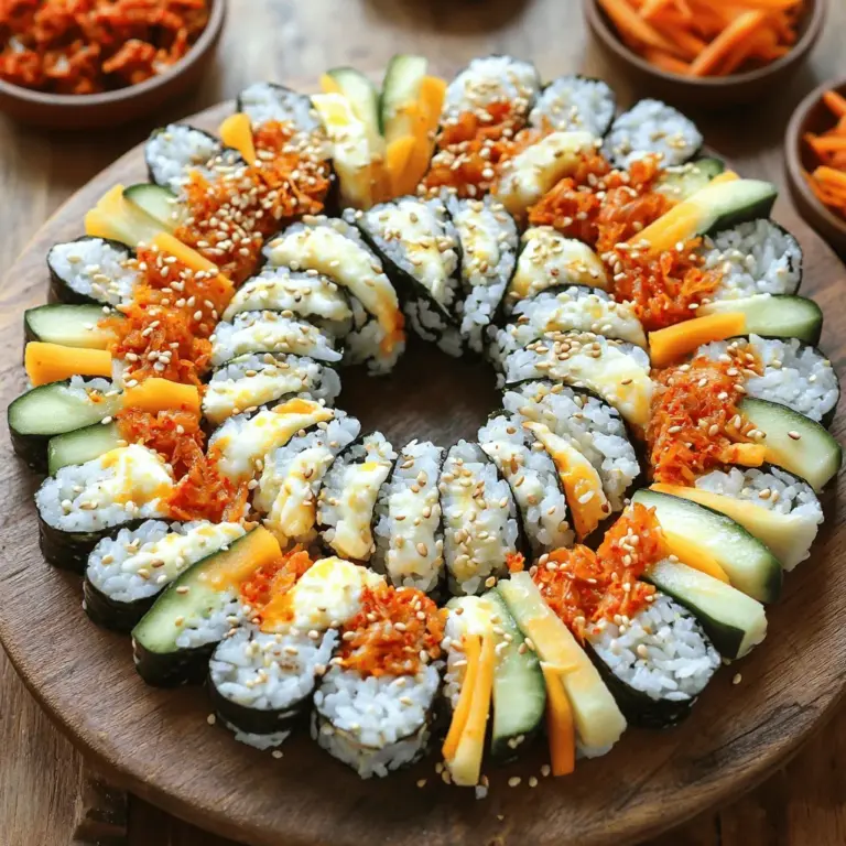 - 2 Tassen gekochter Sushi-Reis - 1/2 Tasse Kimchi, gehackt - 1 Tasse Mozzarella, gerieben - 2 Esslöffel Sesamöl - 4 Blätter Nori (Algenblätter) - 2 Eier, verquirlt - 1 Esslöffel Sojasauce - 1 Teelöffel Salz - 1 Esslöffel Sesamsamen zum Garnieren Korean Cheese Kimchi Kimbap ist ein buntes Gericht. Die Hauptzutaten sind einfach zu finden. Sushi-Reis sorgt für die perfekte Basis. Kimchi bringt das würzige Element. Mozzarella macht das Gericht cremig und reichhaltig. Die ergänzenden Zutaten geben dem Kimbap das besondere Etwas. Sesamöl fügt einen nussigen Geschmack hinzu. Nori ist wichtig, um alles zusammenzuhalten. Die Eier geben eine schöne Textur. Die Gewürze sind entscheidend. Sojasauce sorgt für Umami. Salz verstärkt die Aromen. Sesamsamen machen das Gericht knusprig und schön. Wenn du mehr über die Zubereitung wissen willst, schau dir das [Full Recipe] an. Damit schaffst du ein leckeres und ansprechendes Gericht! Beginnen Sie mit dem Reis. Nehmen Sie zwei Tassen gekochten Sushi-Reis und geben Sie ihn in eine große Schüssel. Fügen Sie zwei Esslöffel Sesamöl, einen Esslöffel Sojasauce und einen Teelöffel Salz hinzu. Mischen Sie alles gut. Der Reis sollte gleichmäßig gewürzt sein. Jetzt kümmern wir uns um die Eier. Verquirlen Sie zwei Eier in einer Schüssel. Braten Sie die Eier in einer Pfanne zu einer dünnen Omelette. Lassen Sie die Omelette leicht abkühlen und schneiden Sie sie dann in feine Streifen. Diese geben dem Kimbap eine schöne Textur. Legen Sie ein Blatt Nori mit der glänzenden Seite nach unten auf eine Bambusmatte. Befeuchten Sie Ihre Hände leicht, um den Reis nicht kleben zu lassen. Nehmen Sie etwa 1/2 Tasse des gewürzten Reises und verteilen Sie ihn gleichmäßig auf dem Nori. Lassen Sie am oberen Rand etwa 2,5 cm frei. Dies hilft beim Rollen. Jetzt kommt der beste Teil! Schichten Sie in der Mitte des Reises das gehackte Kimchi, den geriebenen Mozzarella, die geschnittenen Karotten und Gurken sowie einige Streifen der Omelette. Heben Sie die Bambusmatte an und rollen Sie das Kimbap straff. Üben Sie sanften Druck aus, um die Füllungen gut zu sichern. Wenn Sie den freiliegenden Rand des Nori erreichen, befeuchten Sie ihn mit etwas Wasser. Drücken Sie leicht, um den Rand zu versiegeln. Wiederholen Sie diesen Schritt mit den restlichen Nori-Blättern und Füllungen. Schneiden Sie jede Rolle in mundgerechte Stücke und bestreuen Sie die Stücke mit Sesamsamen für extra Crunch. Für die vollständige Zubereitung schauen Sie sich das Full Recipe an. Um den besten Geschmack zu erzielen, sollten Sie Sushi-Reis verwenden. Sushi-Reis hat die richtige Klebrigkeit. Normaler Reis wird oft zu locker. Kochen Sie den Reis mit einem Verhältnis von 1:1,5 Wasser. Lassen Sie ihn nach dem Kochen 10 Minuten ruhen. Mischen Sie dann den gekochten Reis mit Sesamöl, Sojasauce und etwas Salz. Diese Mischung gibt dem Reis einen tollen Geschmack. Eine gute Rolltechnik ist wichtig. Beginnen Sie mit einem sauberen Nori-Blatt. Verteilen Sie den gewürzten Reis gleichmäßig. Lassen Sie am oberen Rand etwas Platz. Fügen Sie die Füllungen in der Mitte hinzu. Drücken Sie beim Rollen sanft, um die Füllungen zu sichern. Achten Sie darauf, dass nichts herausfällt. Verwenden Sie Wasser, um das Nori zu versiegeln. Dies hilft, die Rolle zusammenzuhalten. Kimbap schmeckt am besten mit Saucen. Sojasauce oder scharfe Sauce sind gute Optionen. Sie können auch Kimchi als Beilage servieren. Arrangieren Sie die Kimbap-Stücke auf einem schönen Teller. Ein kreisförmiges Muster sieht appetitlich aus. Fügen Sie kleine Schalen mit Dip-Sauce hinzu. So haben Ihre Gäste viele Möglichkeiten. {{image_4}} Wenn du eine vegetarische Version von Korean Cheese Kimchi Kimbap machen möchtest, gibt es viele tolle Anpassungen. Du kannst Fleisch oder tierische Produkte einfach weglassen. Stattdessen verwende verschiedene Gemüsesorten, um deinen Kimbap bunt und lecker zu machen. Zum Beispiel sind Paprika, Zucchini oder auch Spinat großartige Optionen. Diese Gemüsesorten bringen Farbe und frischen Geschmack in dein Kimbap. Saisonale Füllungen bringen noch mehr Vielfalt in dein Kimbap. Je nach Erntezeit kannst du frische Zutaten nutzen. Im Frühling sind Radieschen und junge Erbsen perfekt. Im Sommer kannst du Avocado oder Gurken verwenden. Im Herbst sind Kürbis und Süßkartoffeln großartig. Diese Zutaten sind nicht nur lecker, sie machen dein Kimbap auch gesund und nahrhaft. Für die Liebhaber von Schärfe gibt es viele Möglichkeiten, Kimbap würziger zu machen. Du kannst scharfe Sauce oder Sriracha hinzufügen, um mehr Kick zu bekommen. Außerdem kannst du dein Kimchi mit etwas mehr Chili würzen. Experimentiere mit verschiedenen Sorten von würzigem Kimchi, um die perfekte Kombination für deinen Geschmack zu finden. So wird dein Kimbap zu einem echten Geschmackserlebnis. Lagern Sie Kimbap im Kühlschrank. Wickeln Sie es in Frischhaltefolie. So bleibt es frisch. Kimbap hält etwa zwei Tage. Danach kann der Reis trocken werden. Achten Sie darauf, dass das Kimchi nicht zu lange im Kimbap bleibt. Für die langfristige Lagerung können Sie Kimbap einfrieren. Wickeln Sie es fest in Folie. Legen Sie die Rollen in einen Gefrierbeutel. So bleibt die Frische erhalten. Zum Auftauen nehmen Sie das Kimbap aus dem Gefrierfach. Lassen Sie es über Nacht im Kühlschrank auftauen. Um es warm zu genießen, legen Sie es kurz in die Mikrowelle. Achten Sie auf die Frische der Zutaten. Verwenden Sie frisches Kimchi. Dies sorgt für den besten Geschmack. Vermeiden Sie, dass die Zutaten zu stark sinken. Lagern Sie Gemüse separat, wenn möglich. So bleibt alles knackig und frisch. Kimbap ist ein traditionelles koreanisches Gericht. Es besteht aus Reis und verschiedenen Füllungen, die in Algenblätter gewickelt sind. Im Gegensatz zu Sushi wird Kimbap nicht mit rohem Fisch zubereitet. Stattdessen nutzen wir oft Gemüse, Eier und Kimchi. Sushi verwendet auch Essigreis, während Kimbap oft mit Sesamöl gewürzt wird. Diese Unterschiede geben jedem Gericht seinen eigenen Geschmack und Stil. Ja, du kannst andere Käsesorten verwenden! Du musst nicht nur Mozzarella nehmen. Probiere Gouda für einen würzigeren Geschmack oder Cheddar für eine kräftige Note. Diese Käsesorten bringen neue Aromen in dein Kimbap. Achte darauf, dass der Käse gut schmilzt, um die besten Ergebnisse zu erzielen. Die richtige Technik ist wichtig für die Präsentation. Benutze ein scharfes Messer für saubere Schnitte. Schneide die Rolle in Stücke von etwa 2,5 cm. Achte darauf, das Messer nach jedem Schnitt zu befeuchten. So bleibt die Rolle intakt und sieht schön aus. Eine gute Präsentation macht das Essen noch besser! Kimbap kann eine gesunde Wahl sein! Es enthält frisches Gemüse, Eier und gesunden Reis. Kimchi bietet probiotische Vorteile. Der Käse liefert Calcium. Achte jedoch auf die Portionsgröße, da Kimbap auch Kalorien haben kann. Es ist wichtig, eine ausgewogene Mahlzeit zu genießen. Du kannst die Zutaten in jedem asiatischen Lebensmittelgeschäft finden. Sushi-Reis gibt es oft in Supermärkten. Kimchi findest du in Gläsern oder frisch. Nori-Blätter sind ebenfalls leicht zu finden. Wenn du nicht sicher bist, schau online nach. Viele Geschäfte bieten die Zutaten auch im Internet an. Kimbap bleibt im Kühlschrank etwa 1 bis 2 Tage frisch. Bewahre es in einem luftdichten Behälter auf. Wenn du Kimbap länger aufbewahren möchtest, kannst du es einfrieren. Achte darauf, die Rollen gut einzuwickeln. Zum Auftauen lasse es einfach im Kühlschrank stehen. So bleibt der Geschmack erhalten. Kimbap ist einfach zu machen und sehr lecker. Du brauchst gekochten Reis, Kimchi und Mozzarella. Eine gute Vorbereitung ist der Schlüssel. Denk an die richtigen Techniken und Tipps, um professionell zu rollen. Experimentiere mit Füllungen und saisonalen Zutaten. Lagere Kimbap richtig für besten Genuss. Du kannst auch verschiedene Käse und Gewürze ausprobieren. Kimbap ist eine gesunde Mahlzeit, die viel Spaß macht! Jetzt kannst du es selbst zu Hause zubereiten. Viel Spaß beim Ausprobieren!
