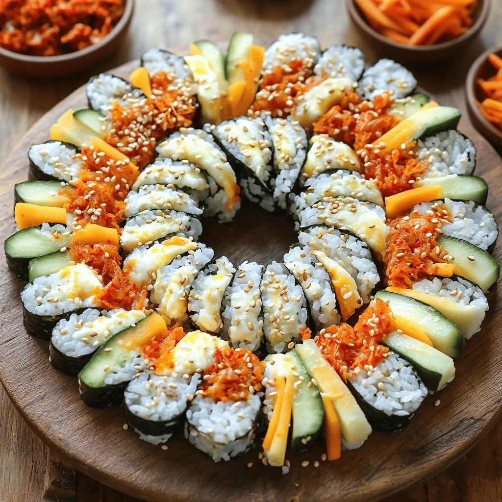 - 2 Tassen gekochter Sushi-Reis - 1/2 Tasse Kimchi, gehackt - 1 Tasse Mozzarella, gerieben - 2 Esslöffel Sesamöl - 4 Blätter Nori (Algenblätter) - 2 Eier, verquirlt - 1 Esslöffel Sojasauce - 1 Teelöffel Salz - 1 Esslöffel Sesamsamen zum Garnieren Korean Cheese Kimchi Kimbap ist ein buntes Gericht. Die Hauptzutaten sind einfach zu finden. Sushi-Reis sorgt für die perfekte Basis. Kimchi bringt das würzige Element. Mozzarella macht das Gericht cremig und reichhaltig. Die ergänzenden Zutaten geben dem Kimbap das besondere Etwas. Sesamöl fügt einen nussigen Geschmack hinzu. Nori ist wichtig, um alles zusammenzuhalten. Die Eier geben eine schöne Textur. Die Gewürze sind entscheidend. Sojasauce sorgt für Umami. Salz verstärkt die Aromen. Sesamsamen machen das Gericht knusprig und schön. Wenn du mehr über die Zubereitung wissen willst, schau dir das [Full Recipe] an. Damit schaffst du ein leckeres und ansprechendes Gericht! Beginnen Sie mit dem Reis. Nehmen Sie zwei Tassen gekochten Sushi-Reis und geben Sie ihn in eine große Schüssel. Fügen Sie zwei Esslöffel Sesamöl, einen Esslöffel Sojasauce und einen Teelöffel Salz hinzu. Mischen Sie alles gut. Der Reis sollte gleichmäßig gewürzt sein. Jetzt kümmern wir uns um die Eier. Verquirlen Sie zwei Eier in einer Schüssel. Braten Sie die Eier in einer Pfanne zu einer dünnen Omelette. Lassen Sie die Omelette leicht abkühlen und schneiden Sie sie dann in feine Streifen. Diese geben dem Kimbap eine schöne Textur. Legen Sie ein Blatt Nori mit der glänzenden Seite nach unten auf eine Bambusmatte. Befeuchten Sie Ihre Hände leicht, um den Reis nicht kleben zu lassen. Nehmen Sie etwa 1/2 Tasse des gewürzten Reises und verteilen Sie ihn gleichmäßig auf dem Nori. Lassen Sie am oberen Rand etwa 2,5 cm frei. Dies hilft beim Rollen. Jetzt kommt der beste Teil! Schichten Sie in der Mitte des Reises das gehackte Kimchi, den geriebenen Mozzarella, die geschnittenen Karotten und Gurken sowie einige Streifen der Omelette. Heben Sie die Bambusmatte an und rollen Sie das Kimbap straff. Üben Sie sanften Druck aus, um die Füllungen gut zu sichern. Wenn Sie den freiliegenden Rand des Nori erreichen, befeuchten Sie ihn mit etwas Wasser. Drücken Sie leicht, um den Rand zu versiegeln. Wiederholen Sie diesen Schritt mit den restlichen Nori-Blättern und Füllungen. Schneiden Sie jede Rolle in mundgerechte Stücke und bestreuen Sie die Stücke mit Sesamsamen für extra Crunch. Für die vollständige Zubereitung schauen Sie sich das Full Recipe an. Um den besten Geschmack zu erzielen, sollten Sie Sushi-Reis verwenden. Sushi-Reis hat die richtige Klebrigkeit. Normaler Reis wird oft zu locker. Kochen Sie den Reis mit einem Verhältnis von 1:1,5 Wasser. Lassen Sie ihn nach dem Kochen 10 Minuten ruhen. Mischen Sie dann den gekochten Reis mit Sesamöl, Sojasauce und etwas Salz. Diese Mischung gibt dem Reis einen tollen Geschmack. Eine gute Rolltechnik ist wichtig. Beginnen Sie mit einem sauberen Nori-Blatt. Verteilen Sie den gewürzten Reis gleichmäßig. Lassen Sie am oberen Rand etwas Platz. Fügen Sie die Füllungen in der Mitte hinzu. Drücken Sie beim Rollen sanft, um die Füllungen zu sichern. Achten Sie darauf, dass nichts herausfällt. Verwenden Sie Wasser, um das Nori zu versiegeln. Dies hilft, die Rolle zusammenzuhalten. Kimbap schmeckt am besten mit Saucen. Sojasauce oder scharfe Sauce sind gute Optionen. Sie können auch Kimchi als Beilage servieren. Arrangieren Sie die Kimbap-Stücke auf einem schönen Teller. Ein kreisförmiges Muster sieht appetitlich aus. Fügen Sie kleine Schalen mit Dip-Sauce hinzu. So haben Ihre Gäste viele Möglichkeiten. {{image_4}} Wenn du eine vegetarische Version von Korean Cheese Kimchi Kimbap machen möchtest, gibt es viele tolle Anpassungen. Du kannst Fleisch oder tierische Produkte einfach weglassen. Stattdessen verwende verschiedene Gemüsesorten, um deinen Kimbap bunt und lecker zu machen. Zum Beispiel sind Paprika, Zucchini oder auch Spinat großartige Optionen. Diese Gemüsesorten bringen Farbe und frischen Geschmack in dein Kimbap. Saisonale Füllungen bringen noch mehr Vielfalt in dein Kimbap. Je nach Erntezeit kannst du frische Zutaten nutzen. Im Frühling sind Radieschen und junge Erbsen perfekt. Im Sommer kannst du Avocado oder Gurken verwenden. Im Herbst sind Kürbis und Süßkartoffeln großartig. Diese Zutaten sind nicht nur lecker, sie machen dein Kimbap auch gesund und nahrhaft. Für die Liebhaber von Schärfe gibt es viele Möglichkeiten, Kimbap würziger zu machen. Du kannst scharfe Sauce oder Sriracha hinzufügen, um mehr Kick zu bekommen. Außerdem kannst du dein Kimchi mit etwas mehr Chili würzen. Experimentiere mit verschiedenen Sorten von würzigem Kimchi, um die perfekte Kombination für deinen Geschmack zu finden. So wird dein Kimbap zu einem echten Geschmackserlebnis. Lagern Sie Kimbap im Kühlschrank. Wickeln Sie es in Frischhaltefolie. So bleibt es frisch. Kimbap hält etwa zwei Tage. Danach kann der Reis trocken werden. Achten Sie darauf, dass das Kimchi nicht zu lange im Kimbap bleibt. Für die langfristige Lagerung können Sie Kimbap einfrieren. Wickeln Sie es fest in Folie. Legen Sie die Rollen in einen Gefrierbeutel. So bleibt die Frische erhalten. Zum Auftauen nehmen Sie das Kimbap aus dem Gefrierfach. Lassen Sie es über Nacht im Kühlschrank auftauen. Um es warm zu genießen, legen Sie es kurz in die Mikrowelle. Achten Sie auf die Frische der Zutaten. Verwenden Sie frisches Kimchi. Dies sorgt für den besten Geschmack. Vermeiden Sie, dass die Zutaten zu stark sinken. Lagern Sie Gemüse separat, wenn möglich. So bleibt alles knackig und frisch. Kimbap ist ein traditionelles koreanisches Gericht. Es besteht aus Reis und verschiedenen Füllungen, die in Algenblätter gewickelt sind. Im Gegensatz zu Sushi wird Kimbap nicht mit rohem Fisch zubereitet. Stattdessen nutzen wir oft Gemüse, Eier und Kimchi. Sushi verwendet auch Essigreis, während Kimbap oft mit Sesamöl gewürzt wird. Diese Unterschiede geben jedem Gericht seinen eigenen Geschmack und Stil. Ja, du kannst andere Käsesorten verwenden! Du musst nicht nur Mozzarella nehmen. Probiere Gouda für einen würzigeren Geschmack oder Cheddar für eine kräftige Note. Diese Käsesorten bringen neue Aromen in dein Kimbap. Achte darauf, dass der Käse gut schmilzt, um die besten Ergebnisse zu erzielen. Die richtige Technik ist wichtig für die Präsentation. Benutze ein scharfes Messer für saubere Schnitte. Schneide die Rolle in Stücke von etwa 2,5 cm. Achte darauf, das Messer nach jedem Schnitt zu befeuchten. So bleibt die Rolle intakt und sieht schön aus. Eine gute Präsentation macht das Essen noch besser! Kimbap kann eine gesunde Wahl sein! Es enthält frisches Gemüse, Eier und gesunden Reis. Kimchi bietet probiotische Vorteile. Der Käse liefert Calcium. Achte jedoch auf die Portionsgröße, da Kimbap auch Kalorien haben kann. Es ist wichtig, eine ausgewogene Mahlzeit zu genießen. Du kannst die Zutaten in jedem asiatischen Lebensmittelgeschäft finden. Sushi-Reis gibt es oft in Supermärkten. Kimchi findest du in Gläsern oder frisch. Nori-Blätter sind ebenfalls leicht zu finden. Wenn du nicht sicher bist, schau online nach. Viele Geschäfte bieten die Zutaten auch im Internet an. Kimbap bleibt im Kühlschrank etwa 1 bis 2 Tage frisch. Bewahre es in einem luftdichten Behälter auf. Wenn du Kimbap länger aufbewahren möchtest, kannst du es einfrieren. Achte darauf, die Rollen gut einzuwickeln. Zum Auftauen lasse es einfach im Kühlschrank stehen. So bleibt der Geschmack erhalten. Kimbap ist einfach zu machen und sehr lecker. Du brauchst gekochten Reis, Kimchi und Mozzarella. Eine gute Vorbereitung ist der Schlüssel. Denk an die richtigen Techniken und Tipps, um professionell zu rollen. Experimentiere mit Füllungen und saisonalen Zutaten. Lagere Kimbap richtig für besten Genuss. Du kannst auch verschiedene Käse und Gewürze ausprobieren. Kimbap ist eine gesunde Mahlzeit, die viel Spaß macht! Jetzt kannst du es selbst zu Hause zubereiten. Viel Spaß beim Ausprobieren!