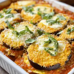 Um einen leckeren Auberginen-Parmesan-Auflauf zu machen, brauchen Sie: - 2 große Auberginen, in 0,5 cm dicke Scheiben geschnitten - 1 Teelöffel Salz - 2 Tassen Weizenmehl - 4 große Eier, geschlagen - 2 Tassen Semmelbrösel (vorzugsweise italienischer Art) - 1 Tasse Marinara-Soße - 2 Tassen geriebener Mozzarella-Käse - 1 Tasse geriebener Parmesan-Käse Die Auberginen sind das Herzstück dieses Gerichts. Sie bringen eine tolle Textur und Geschmack. Das Salz hilft, die Bitterkeit der Auberginen zu reduzieren. Für den besten Geschmack fügen wir noch einige Gewürze hinzu: - 1 Esslöffel getrocknetes Basilikum - 1 Esslöffel getrockneter Oregano - 1/2 Teelöffel zerstoßene rote Pfefferflocken (optional) Diese Kräuter verleihen dem Gericht ein tolles Aroma. Basilikum und Oregano sind Klassiker in der italienischen Küche. Die roten Pfefferflocken bringen einen kleinen Kick. Manchmal mag ich, das Rezept etwas zu ändern. Hier sind ein paar Ideen: - Fügen Sie frisches Gemüse wie Zucchini oder Paprika hinzu. - Tauschen Sie den Mozzarella gegen einen anderen Käse. - Verwenden Sie Vollkornmehl für die Panade. Diese Änderungen machen das Gericht noch interessanter. Sie können auch die Marinara-Soße selbst machen, um den Geschmack zu verbessern. Für das vollständige Rezept schauen Sie sich die Full Recipe an. Zuerst bereite ich die Auberginen vor. Ich schneide sie in 0,5 cm dicke Scheiben. Dann lege ich die Scheiben in ein großes Sieb und streue Salz darüber. Das Salz entzieht der Aubergine die Feuchtigkeit. Ich lasse die Scheiben 30 Minuten ruhen. Danach spüle ich sie ab und tupfe sie mit Papiertüchern trocken. So werden die Auberginen schön zart. Jetzt richte ich meine Brotstation ein. Ich nehme drei flache Schalen. In die erste Schale gebe ich das Weizenmehl. In die zweite Schale kommen die geschlagenen Eier. Die dritte Schale fülle ich mit Semmelbröseln. Ich mische die Semmelbrösel mit getrocknetem Basilikum und Oregano. Optional füge ich zerstoßene rote Pfefferflocken hinzu. So habe ich alles bereit für das Panieren. Ich heize den Ofen auf 190 °C vor. Jede Auberginenscheibe tauche ich zuerst in das Mehl. Danach kommt sie in die Eier und schließlich in die Semmelbrösel-Mischung. Ich achte darauf, dass die Scheiben gleichmäßig bedeckt sind. Dann lege ich sie auf ein Backblech. Ich backe die panierten Auberginen 25 bis 30 Minuten. Nach der Hälfte der Zeit wende ich sie. Sie sollen goldbraun und knusprig werden. Für den Auflauf brauche ich eine große Auflaufform. Ich verteile zuerst eine dünne Schicht Marinara-Soße auf dem Boden. Dann lege ich eine Schicht der gebackenen Auberginen darauf. Ich streue etwa ein Drittel des geriebenen Mozzarella und Parmesan darüber. Ich wiederhole diesen Schritt, bis alle Zutaten verbraucht sind. Am Ende kommt noch eine Schicht Marinara-Soße und der restliche Käse oben drauf. Ich decke die Auflaufform mit Alufolie ab und backe sie 30 Minuten. Dann entferne ich die Folie und backe weitere 15 bis 20 Minuten. Der Käse sollte blubbern und goldbraun sein. Nach dem Backen lasse ich das Gericht kurz abkühlen. Dann schneide ich es in Stücke und garniere es mit frisch gehacktem Basilikum. So sieht der Auflauf toll aus und schmeckt lecker. Um die perfekte Konsistenz für deinen Auberginen-Parmesan-Auflauf zu erreichen, ist das Entwässern wichtig. Das Salz zieht das Wasser aus den Auberginen. Lass die gesalzenen Scheiben mindestens 30 Minuten ruhen. Danach spülst du das Salz ab und tupfst sie trocken. So bleiben die Auberginen fest und matschen nicht beim Backen. Die Aromen in deinem Auflauf können durch frische Kräuter gesteigert werden. Frisches Basilikum und Oregano geben einen tollen Geschmack. Ich empfehle, die Kräuter in der Marinara-Soße zu vermischen. Wenn du es scharf magst, füge zerstoßene rote Pfefferflocken hinzu. Diese kleinen Extras bringen dein Gericht auf die nächste Stufe. Ein häufiger Fehler ist, die Auberginen nicht richtig vorzubereiten. Wenn du das Wasser nicht abziehst, wird der Auflauf matschig. Ein weiterer Fehler ist, die Schichten zu dick zu machen. Halte die Schichten dünn, damit alles gleichmäßig gart. Achte auch darauf, den Käse gleichmäßig zu verteilen. So wird jeder Bissen köstlich. Für das vollständige Rezept, schaue dir die Full Recipe an. {{image_4}} Wenn Sie eine vegetarische Version möchten, ersetzen Sie das Fleisch durch Gemüse. Zucchini oder Pilze sind großartige Optionen. Sie bringen Geschmack und Textur ins Gericht. Fügen Sie Schichten von Spinat hinzu, um mehr Nährstoffe zu erhalten. Auch Kichererbsen bieten eine gute Proteinquelle. Für eine glutenfreie Variante nutzen Sie Kichererbsenmehl. Es bindet gut und gibt einen tollen Geschmack. Sie können auch glutenfreie Semmelbrösel verwenden. Diese finden Sie in vielen Geschäften. So bleibt der Auflauf knusprig und lecker. Fügen Sie verschiedene Käsearten hinzu, um neue Aromen zu entdecken. Feta-Käse bringt eine salzige Note. Veganer Käse kann auch eine gute Wahl sein. Für einen würzigeren Auflauf, probieren Sie Jalapeños oder andere Peperoni. Für ein süßeres Aroma, können Sie auch geröstete Paprika verwenden. Für das vollständige Rezept und mehr Details, schauen Sie sich [Full Recipe] an. Um deinen Auberginen-Parmesan-Auflauf frisch zu halten, decke ihn gut ab. Ich empfehle, Frischhaltefolie oder Aluminiumfolie zu verwenden. So bleibt die Feuchtigkeit drin. Lagere den Auflauf im Kühlschrank, wenn du ihn nicht sofort servierst. Wenn du Reste hast, kannst du den Auflauf einfrieren. Teile ihn in Portionen und lege sie in luftdichte Behälter. So bleibt der Auflauf bis zu drei Monate frisch. Zum Aufwärmen, hole eine Portion heraus und lasse sie im Kühlschrank auftauen. Danach erwärmst du sie im Ofen. Bei 180 °C für etwa 20 Minuten wird er wieder warm und lecker. Im Kühlschrank hält sich der Auberginen-Parmesan-Auflauf etwa drei bis fünf Tage. Achte darauf, ihn in einem luftdichten Behälter zu lagern. Schmecke ihn vor dem Essen ab. Wenn er seltsam riecht oder anders aussieht, wirf ihn weg. Sicherheit geht vor! Du kannst den Auflauf im Kühlschrank bis zu fünf Tage aufbewahren. Stelle sicher, dass er in einem luftdichten Behälter ist. Vor dem Servieren kannst du ihn einfach im Ofen oder in der Mikrowelle aufwärmen. Ja, du kannst andere Käsesorten verwenden. Gouda oder Provolone sind tolle Alternativen. Sie geben dem Gericht einen anderen, aber leckeren Geschmack. Der Auflauf ist schon vegetarisch. Um ihn vegan zu machen, ersetze die Eier und den Käse. Verwende eine Mischung aus Mehl und Wasser für die Bindung. Veganer Käse ist auch eine gute Wahl. Dazu passen frische Salate oder knuspriges Brot gut. Ein einfacher grüner Salat mit Balsamico-Dressing passt perfekt. Achte darauf, dass die Beilage leicht ist, damit der Auflauf im Vordergrund bleibt. Für das vollständige Rezept schau dir bitte den Abschnitt "Full Recipe" an. Der Auberginen-Paradies-Auflauf ist lecker und vielseitig. Wir haben die Hauptzutaten und Gewürze besprochen. Du hast gelernt, wie man Auberginen vorbereitet und den Auflauf schichtet. Tipps helfen dir, die ideale Konsistenz zu erreichen und Fehler zu vermeiden. Außerdem gibt es viele Variationen, wie vegetarische oder glutenfreie Optionen. Denk daran, wie du den Auflauf lagerst, damit er frisch bleibt. Experimentiere und finde deine Lieblingsversion des Auflaufs. So wird jede Mahlzeit ein Genuss!