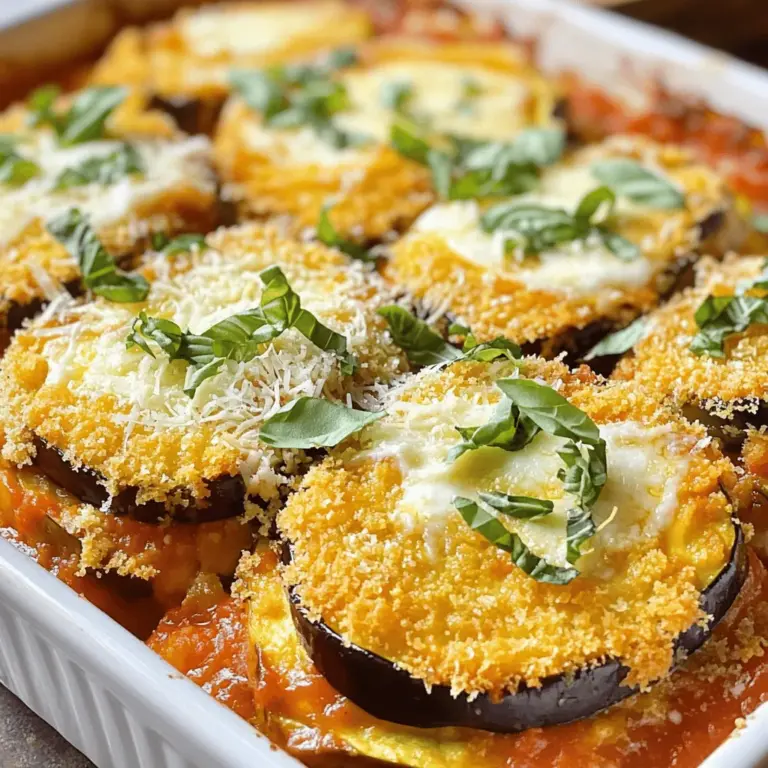 Um einen leckeren Auberginen-Parmesan-Auflauf zu machen, brauchen Sie: - 2 große Auberginen, in 0,5 cm dicke Scheiben geschnitten - 1 Teelöffel Salz - 2 Tassen Weizenmehl - 4 große Eier, geschlagen - 2 Tassen Semmelbrösel (vorzugsweise italienischer Art) - 1 Tasse Marinara-Soße - 2 Tassen geriebener Mozzarella-Käse - 1 Tasse geriebener Parmesan-Käse Die Auberginen sind das Herzstück dieses Gerichts. Sie bringen eine tolle Textur und Geschmack. Das Salz hilft, die Bitterkeit der Auberginen zu reduzieren. Für den besten Geschmack fügen wir noch einige Gewürze hinzu: - 1 Esslöffel getrocknetes Basilikum - 1 Esslöffel getrockneter Oregano - 1/2 Teelöffel zerstoßene rote Pfefferflocken (optional) Diese Kräuter verleihen dem Gericht ein tolles Aroma. Basilikum und Oregano sind Klassiker in der italienischen Küche. Die roten Pfefferflocken bringen einen kleinen Kick. Manchmal mag ich, das Rezept etwas zu ändern. Hier sind ein paar Ideen: - Fügen Sie frisches Gemüse wie Zucchini oder Paprika hinzu. - Tauschen Sie den Mozzarella gegen einen anderen Käse. - Verwenden Sie Vollkornmehl für die Panade. Diese Änderungen machen das Gericht noch interessanter. Sie können auch die Marinara-Soße selbst machen, um den Geschmack zu verbessern. Für das vollständige Rezept schauen Sie sich die Full Recipe an. Zuerst bereite ich die Auberginen vor. Ich schneide sie in 0,5 cm dicke Scheiben. Dann lege ich die Scheiben in ein großes Sieb und streue Salz darüber. Das Salz entzieht der Aubergine die Feuchtigkeit. Ich lasse die Scheiben 30 Minuten ruhen. Danach spüle ich sie ab und tupfe sie mit Papiertüchern trocken. So werden die Auberginen schön zart. Jetzt richte ich meine Brotstation ein. Ich nehme drei flache Schalen. In die erste Schale gebe ich das Weizenmehl. In die zweite Schale kommen die geschlagenen Eier. Die dritte Schale fülle ich mit Semmelbröseln. Ich mische die Semmelbrösel mit getrocknetem Basilikum und Oregano. Optional füge ich zerstoßene rote Pfefferflocken hinzu. So habe ich alles bereit für das Panieren. Ich heize den Ofen auf 190 °C vor. Jede Auberginenscheibe tauche ich zuerst in das Mehl. Danach kommt sie in die Eier und schließlich in die Semmelbrösel-Mischung. Ich achte darauf, dass die Scheiben gleichmäßig bedeckt sind. Dann lege ich sie auf ein Backblech. Ich backe die panierten Auberginen 25 bis 30 Minuten. Nach der Hälfte der Zeit wende ich sie. Sie sollen goldbraun und knusprig werden. Für den Auflauf brauche ich eine große Auflaufform. Ich verteile zuerst eine dünne Schicht Marinara-Soße auf dem Boden. Dann lege ich eine Schicht der gebackenen Auberginen darauf. Ich streue etwa ein Drittel des geriebenen Mozzarella und Parmesan darüber. Ich wiederhole diesen Schritt, bis alle Zutaten verbraucht sind. Am Ende kommt noch eine Schicht Marinara-Soße und der restliche Käse oben drauf. Ich decke die Auflaufform mit Alufolie ab und backe sie 30 Minuten. Dann entferne ich die Folie und backe weitere 15 bis 20 Minuten. Der Käse sollte blubbern und goldbraun sein. Nach dem Backen lasse ich das Gericht kurz abkühlen. Dann schneide ich es in Stücke und garniere es mit frisch gehacktem Basilikum. So sieht der Auflauf toll aus und schmeckt lecker. Um die perfekte Konsistenz für deinen Auberginen-Parmesan-Auflauf zu erreichen, ist das Entwässern wichtig. Das Salz zieht das Wasser aus den Auberginen. Lass die gesalzenen Scheiben mindestens 30 Minuten ruhen. Danach spülst du das Salz ab und tupfst sie trocken. So bleiben die Auberginen fest und matschen nicht beim Backen. Die Aromen in deinem Auflauf können durch frische Kräuter gesteigert werden. Frisches Basilikum und Oregano geben einen tollen Geschmack. Ich empfehle, die Kräuter in der Marinara-Soße zu vermischen. Wenn du es scharf magst, füge zerstoßene rote Pfefferflocken hinzu. Diese kleinen Extras bringen dein Gericht auf die nächste Stufe. Ein häufiger Fehler ist, die Auberginen nicht richtig vorzubereiten. Wenn du das Wasser nicht abziehst, wird der Auflauf matschig. Ein weiterer Fehler ist, die Schichten zu dick zu machen. Halte die Schichten dünn, damit alles gleichmäßig gart. Achte auch darauf, den Käse gleichmäßig zu verteilen. So wird jeder Bissen köstlich. Für das vollständige Rezept, schaue dir die Full Recipe an. {{image_4}} Wenn Sie eine vegetarische Version möchten, ersetzen Sie das Fleisch durch Gemüse. Zucchini oder Pilze sind großartige Optionen. Sie bringen Geschmack und Textur ins Gericht. Fügen Sie Schichten von Spinat hinzu, um mehr Nährstoffe zu erhalten. Auch Kichererbsen bieten eine gute Proteinquelle. Für eine glutenfreie Variante nutzen Sie Kichererbsenmehl. Es bindet gut und gibt einen tollen Geschmack. Sie können auch glutenfreie Semmelbrösel verwenden. Diese finden Sie in vielen Geschäften. So bleibt der Auflauf knusprig und lecker. Fügen Sie verschiedene Käsearten hinzu, um neue Aromen zu entdecken. Feta-Käse bringt eine salzige Note. Veganer Käse kann auch eine gute Wahl sein. Für einen würzigeren Auflauf, probieren Sie Jalapeños oder andere Peperoni. Für ein süßeres Aroma, können Sie auch geröstete Paprika verwenden. Für das vollständige Rezept und mehr Details, schauen Sie sich [Full Recipe] an. Um deinen Auberginen-Parmesan-Auflauf frisch zu halten, decke ihn gut ab. Ich empfehle, Frischhaltefolie oder Aluminiumfolie zu verwenden. So bleibt die Feuchtigkeit drin. Lagere den Auflauf im Kühlschrank, wenn du ihn nicht sofort servierst. Wenn du Reste hast, kannst du den Auflauf einfrieren. Teile ihn in Portionen und lege sie in luftdichte Behälter. So bleibt der Auflauf bis zu drei Monate frisch. Zum Aufwärmen, hole eine Portion heraus und lasse sie im Kühlschrank auftauen. Danach erwärmst du sie im Ofen. Bei 180 °C für etwa 20 Minuten wird er wieder warm und lecker. Im Kühlschrank hält sich der Auberginen-Parmesan-Auflauf etwa drei bis fünf Tage. Achte darauf, ihn in einem luftdichten Behälter zu lagern. Schmecke ihn vor dem Essen ab. Wenn er seltsam riecht oder anders aussieht, wirf ihn weg. Sicherheit geht vor! Du kannst den Auflauf im Kühlschrank bis zu fünf Tage aufbewahren. Stelle sicher, dass er in einem luftdichten Behälter ist. Vor dem Servieren kannst du ihn einfach im Ofen oder in der Mikrowelle aufwärmen. Ja, du kannst andere Käsesorten verwenden. Gouda oder Provolone sind tolle Alternativen. Sie geben dem Gericht einen anderen, aber leckeren Geschmack. Der Auflauf ist schon vegetarisch. Um ihn vegan zu machen, ersetze die Eier und den Käse. Verwende eine Mischung aus Mehl und Wasser für die Bindung. Veganer Käse ist auch eine gute Wahl. Dazu passen frische Salate oder knuspriges Brot gut. Ein einfacher grüner Salat mit Balsamico-Dressing passt perfekt. Achte darauf, dass die Beilage leicht ist, damit der Auflauf im Vordergrund bleibt. Für das vollständige Rezept schau dir bitte den Abschnitt "Full Recipe" an. Der Auberginen-Paradies-Auflauf ist lecker und vielseitig. Wir haben die Hauptzutaten und Gewürze besprochen. Du hast gelernt, wie man Auberginen vorbereitet und den Auflauf schichtet. Tipps helfen dir, die ideale Konsistenz zu erreichen und Fehler zu vermeiden. Außerdem gibt es viele Variationen, wie vegetarische oder glutenfreie Optionen. Denk daran, wie du den Auflauf lagerst, damit er frisch bleibt. Experimentiere und finde deine Lieblingsversion des Auflaufs. So wird jede Mahlzeit ein Genuss!