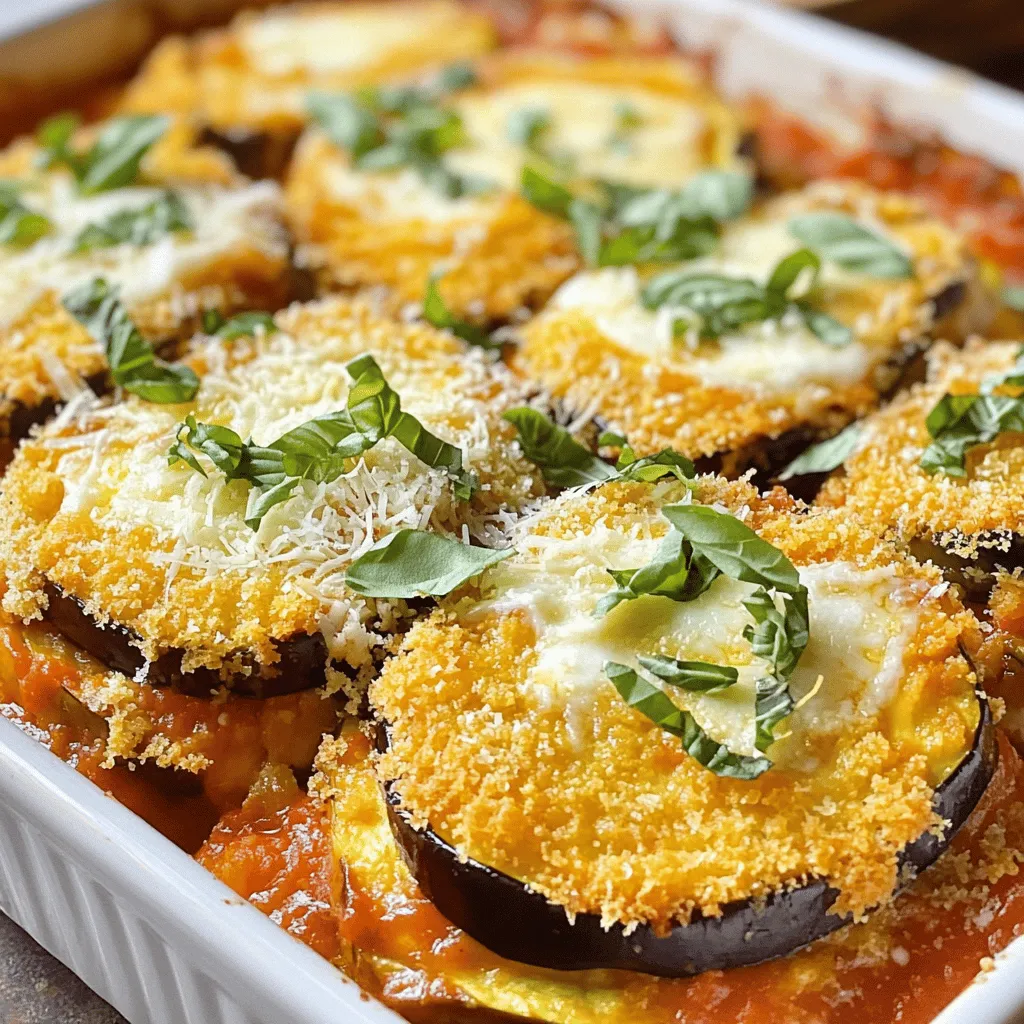 Um einen leckeren Auberginen-Parmesan-Auflauf zu machen, brauchen Sie: - 2 große Auberginen, in 0,5 cm dicke Scheiben geschnitten - 1 Teelöffel Salz - 2 Tassen Weizenmehl - 4 große Eier, geschlagen - 2 Tassen Semmelbrösel (vorzugsweise italienischer Art) - 1 Tasse Marinara-Soße - 2 Tassen geriebener Mozzarella-Käse - 1 Tasse geriebener Parmesan-Käse Die Auberginen sind das Herzstück dieses Gerichts. Sie bringen eine tolle Textur und Geschmack. Das Salz hilft, die Bitterkeit der Auberginen zu reduzieren. Für den besten Geschmack fügen wir noch einige Gewürze hinzu: - 1 Esslöffel getrocknetes Basilikum - 1 Esslöffel getrockneter Oregano - 1/2 Teelöffel zerstoßene rote Pfefferflocken (optional) Diese Kräuter verleihen dem Gericht ein tolles Aroma. Basilikum und Oregano sind Klassiker in der italienischen Küche. Die roten Pfefferflocken bringen einen kleinen Kick. Manchmal mag ich, das Rezept etwas zu ändern. Hier sind ein paar Ideen: - Fügen Sie frisches Gemüse wie Zucchini oder Paprika hinzu. - Tauschen Sie den Mozzarella gegen einen anderen Käse. - Verwenden Sie Vollkornmehl für die Panade. Diese Änderungen machen das Gericht noch interessanter. Sie können auch die Marinara-Soße selbst machen, um den Geschmack zu verbessern. Für das vollständige Rezept schauen Sie sich die Full Recipe an. Zuerst bereite ich die Auberginen vor. Ich schneide sie in 0,5 cm dicke Scheiben. Dann lege ich die Scheiben in ein großes Sieb und streue Salz darüber. Das Salz entzieht der Aubergine die Feuchtigkeit. Ich lasse die Scheiben 30 Minuten ruhen. Danach spüle ich sie ab und tupfe sie mit Papiertüchern trocken. So werden die Auberginen schön zart. Jetzt richte ich meine Brotstation ein. Ich nehme drei flache Schalen. In die erste Schale gebe ich das Weizenmehl. In die zweite Schale kommen die geschlagenen Eier. Die dritte Schale fülle ich mit Semmelbröseln. Ich mische die Semmelbrösel mit getrocknetem Basilikum und Oregano. Optional füge ich zerstoßene rote Pfefferflocken hinzu. So habe ich alles bereit für das Panieren. Ich heize den Ofen auf 190 °C vor. Jede Auberginenscheibe tauche ich zuerst in das Mehl. Danach kommt sie in die Eier und schließlich in die Semmelbrösel-Mischung. Ich achte darauf, dass die Scheiben gleichmäßig bedeckt sind. Dann lege ich sie auf ein Backblech. Ich backe die panierten Auberginen 25 bis 30 Minuten. Nach der Hälfte der Zeit wende ich sie. Sie sollen goldbraun und knusprig werden. Für den Auflauf brauche ich eine große Auflaufform. Ich verteile zuerst eine dünne Schicht Marinara-Soße auf dem Boden. Dann lege ich eine Schicht der gebackenen Auberginen darauf. Ich streue etwa ein Drittel des geriebenen Mozzarella und Parmesan darüber. Ich wiederhole diesen Schritt, bis alle Zutaten verbraucht sind. Am Ende kommt noch eine Schicht Marinara-Soße und der restliche Käse oben drauf. Ich decke die Auflaufform mit Alufolie ab und backe sie 30 Minuten. Dann entferne ich die Folie und backe weitere 15 bis 20 Minuten. Der Käse sollte blubbern und goldbraun sein. Nach dem Backen lasse ich das Gericht kurz abkühlen. Dann schneide ich es in Stücke und garniere es mit frisch gehacktem Basilikum. So sieht der Auflauf toll aus und schmeckt lecker. Um die perfekte Konsistenz für deinen Auberginen-Parmesan-Auflauf zu erreichen, ist das Entwässern wichtig. Das Salz zieht das Wasser aus den Auberginen. Lass die gesalzenen Scheiben mindestens 30 Minuten ruhen. Danach spülst du das Salz ab und tupfst sie trocken. So bleiben die Auberginen fest und matschen nicht beim Backen. Die Aromen in deinem Auflauf können durch frische Kräuter gesteigert werden. Frisches Basilikum und Oregano geben einen tollen Geschmack. Ich empfehle, die Kräuter in der Marinara-Soße zu vermischen. Wenn du es scharf magst, füge zerstoßene rote Pfefferflocken hinzu. Diese kleinen Extras bringen dein Gericht auf die nächste Stufe. Ein häufiger Fehler ist, die Auberginen nicht richtig vorzubereiten. Wenn du das Wasser nicht abziehst, wird der Auflauf matschig. Ein weiterer Fehler ist, die Schichten zu dick zu machen. Halte die Schichten dünn, damit alles gleichmäßig gart. Achte auch darauf, den Käse gleichmäßig zu verteilen. So wird jeder Bissen köstlich. Für das vollständige Rezept, schaue dir die Full Recipe an. {{image_4}} Wenn Sie eine vegetarische Version möchten, ersetzen Sie das Fleisch durch Gemüse. Zucchini oder Pilze sind großartige Optionen. Sie bringen Geschmack und Textur ins Gericht. Fügen Sie Schichten von Spinat hinzu, um mehr Nährstoffe zu erhalten. Auch Kichererbsen bieten eine gute Proteinquelle. Für eine glutenfreie Variante nutzen Sie Kichererbsenmehl. Es bindet gut und gibt einen tollen Geschmack. Sie können auch glutenfreie Semmelbrösel verwenden. Diese finden Sie in vielen Geschäften. So bleibt der Auflauf knusprig und lecker. Fügen Sie verschiedene Käsearten hinzu, um neue Aromen zu entdecken. Feta-Käse bringt eine salzige Note. Veganer Käse kann auch eine gute Wahl sein. Für einen würzigeren Auflauf, probieren Sie Jalapeños oder andere Peperoni. Für ein süßeres Aroma, können Sie auch geröstete Paprika verwenden. Für das vollständige Rezept und mehr Details, schauen Sie sich [Full Recipe] an. Um deinen Auberginen-Parmesan-Auflauf frisch zu halten, decke ihn gut ab. Ich empfehle, Frischhaltefolie oder Aluminiumfolie zu verwenden. So bleibt die Feuchtigkeit drin. Lagere den Auflauf im Kühlschrank, wenn du ihn nicht sofort servierst. Wenn du Reste hast, kannst du den Auflauf einfrieren. Teile ihn in Portionen und lege sie in luftdichte Behälter. So bleibt der Auflauf bis zu drei Monate frisch. Zum Aufwärmen, hole eine Portion heraus und lasse sie im Kühlschrank auftauen. Danach erwärmst du sie im Ofen. Bei 180 °C für etwa 20 Minuten wird er wieder warm und lecker. Im Kühlschrank hält sich der Auberginen-Parmesan-Auflauf etwa drei bis fünf Tage. Achte darauf, ihn in einem luftdichten Behälter zu lagern. Schmecke ihn vor dem Essen ab. Wenn er seltsam riecht oder anders aussieht, wirf ihn weg. Sicherheit geht vor! Du kannst den Auflauf im Kühlschrank bis zu fünf Tage aufbewahren. Stelle sicher, dass er in einem luftdichten Behälter ist. Vor dem Servieren kannst du ihn einfach im Ofen oder in der Mikrowelle aufwärmen. Ja, du kannst andere Käsesorten verwenden. Gouda oder Provolone sind tolle Alternativen. Sie geben dem Gericht einen anderen, aber leckeren Geschmack. Der Auflauf ist schon vegetarisch. Um ihn vegan zu machen, ersetze die Eier und den Käse. Verwende eine Mischung aus Mehl und Wasser für die Bindung. Veganer Käse ist auch eine gute Wahl. Dazu passen frische Salate oder knuspriges Brot gut. Ein einfacher grüner Salat mit Balsamico-Dressing passt perfekt. Achte darauf, dass die Beilage leicht ist, damit der Auflauf im Vordergrund bleibt. Für das vollständige Rezept schau dir bitte den Abschnitt "Full Recipe" an. Der Auberginen-Paradies-Auflauf ist lecker und vielseitig. Wir haben die Hauptzutaten und Gewürze besprochen. Du hast gelernt, wie man Auberginen vorbereitet und den Auflauf schichtet. Tipps helfen dir, die ideale Konsistenz zu erreichen und Fehler zu vermeiden. Außerdem gibt es viele Variationen, wie vegetarische oder glutenfreie Optionen. Denk daran, wie du den Auflauf lagerst, damit er frisch bleibt. Experimentiere und finde deine Lieblingsversion des Auflaufs. So wird jede Mahlzeit ein Genuss!